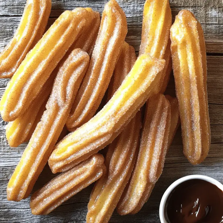 Um die besten Zimtzucker-Churros zu machen, brauchst du einfache Zutaten. Hier sind die Hauptzutaten: - 240 ml Wasser - 30 g ungesalzene Butter - 15 g Zucker - 1/4 Teelöffel Salz - 125 g Weizenmehl (Typ 405) - 2 große Eier - 1 Teelöffel Vanilleextrakt - 100 g Kristallzucker (zum Wenden) - 1 Esslöffel gemahlener Zimt - Öl zum Frittieren (Gemüse- oder Rapsöl) Diese Zutaten sind leicht zu finden. Jedes Element bringt seinen eigenen Geschmack mit. Für die Zubereitung der Churros brauchst du einige spezielle Geräte. Hier ist eine Liste: - Ein mittelgroßer Topf - Ein Holzlöffel - Eine Schüssel für den Zimt-Zucker - Eine Fritteuse oder eine tiefe Pfanne - Ein Spritzbeutel oder ein großer Zip-Beutel Diese Geräte helfen dir, den Teig zu rühren und die Churros zu frittieren. Die Wahl der besten Zutaten macht einen großen Unterschied. Hier sind einige Tipps: - Verwende frische Eier für einen besseren Geschmack. - Achte auf ungesalzene Butter für die richtige Süße. - Wähle hochwertiges Mehl, um die Textur zu verbessern. - Frischer gemahlener Zimt hat einen stärkeren Geschmack. Wenn du diese Tipps befolgst, werden deine Churros lecker und knusprig. Du kannst das vollständige Rezept [hier](#) finden, um deine Churros selbst zu machen! Der erste Schritt ist einfach. Du nimmst einen mittelgroßen Topf und gibst Wasser, Butter, Zucker und Salz hinein. Erhitze die Mischung bei mittlerer Hitze. Warte, bis sie zu kochen beginnt. Sobald das Wasser sprudelt, nimm den Topf vom Herd. Jetzt kommt das Mehl. Gib es schnell dazu und rühre kräftig mit einem Holzlöffel. Du willst einen glatten Teigball formen. Lass den Teig etwa fünf Minuten abkühlen. Danach füge die Eier einzeln hinzu. Rühre nach jeder Zugabe gut um, bis der Teig schön glatt ist. Zuletzt rührst du das Vanilleextrakt unter. Jetzt kommt der spannende Teil. Du musst das Öl erhitzen, damit die Churros knusprig werden. Nimm eine tiefe Pfanne oder eine Fritteuse. Fülle sie mit etwa fünf Zentimetern Öl. Erhitze das Öl auf 175 °C (350 °F). Um zu testen, ob das Öl heiß genug ist, kannst du einen kleinen Teigrest hineinwerfen. Wenn es sofort sprudelt, ist es bereit. Jetzt bist du bereit, die Churros zu frittieren! Bereite einen Spritzbeutel oder einen großen Zip-Beutel vor. Schneide eine Ecke ab und fülle den Beutel mit dem Churroteig. Spritze vorsichtig Streifen des Teigs (etwa 15-20 cm lang) ins heiße Öl. Du kannst sie bei Bedarf mit einer Schere oder einem Messer abtrennen. Frittiere die Churros für etwa zwei bis vier Minuten, bis sie goldbraun sind. Wenn sie fertig sind, nimm sie mit einem Schaumlöffel heraus und lass sie auf Küchenpapier abtropfen. Jetzt kommt der letzte Schritt. Mische den Kristallzucker mit dem gemahlenen Zimt in einer flachen Schüssel. Wende die warmen Churros in dieser Mischung, bis sie gleichmäßig bedeckt sind. Voilà! Du hast jetzt perfekte Zimtzucker-Churros. Für das vollständige Rezept kannst du die [Full Recipe] ansehen. Um die perfekte Textur und den besten Geschmack für deine Zimtzucker-Churros zu erreichen, sind einige Tricks wichtig. Achte darauf, dass du die Butter und das Wasser gut vermischst. Wenn das Wasser kocht, entferne den Topf von der Hitze. Füge das Mehl schnell hinzu und rühre kräftig. Das sorgt für einen glatten Teig. Die Eier sollten einzeln hinzugefügt werden. So wird der Teig schön geschmeidig. Ein häufiger Fehler ist es, den Teig zu lange zu kochen. Das kann die Struktur beeinträchtigen. Stelle sicher, dass das Öl heiß genug ist, etwa 175 °C. Wenn das Öl nicht heiß genug ist, saugen die Churros Öl auf und werden fettig. Ein weiterer Fehler ist, die Churros zu dicht ins Öl zu legen. Lasse genug Platz, damit sie gleichmäßig garen. Serviere die Churros warm für den besten Genuss. Ein hübscher Teller macht viel aus. Du kannst eine kleine Schale mit geschmolzener Schokolade oder dulce de leche zum Dippen hinzufügen. Das macht das Essen noch spannender. Denke daran, sie direkt nach dem Frittieren in der Zimt-Zucker-Mischung zu wälzen. So bleibt der Zucker haften und gibt einen tollen Geschmack. Wenn du diese Tipps befolgst, werden deine Churros einfach köstlich! {{image_4}} Gefüllte Churros bringen eine neue Dimension in den Genuss. Du kannst sie ganz einfach mit verschiedenen Füllungen zubereiten. Beliebte Optionen sind: - Schokoladencreme - Vanillepudding - Erdbeermarmelade - Karamellsoße Um die Füllung hinzuzufügen, spritze sie nach dem Frittieren durch eine Öffnung an einem Ende. Achte darauf, die Churros nicht zu überfüllen, sonst platzen sie. Für eine glutenfreie Variante kannst du Reismehl oder eine glutenfreie Mehlmischung verwenden. Achte darauf, die richtige Mischung zu wählen, die für die Textur gut ist. Für vegane Churros ersetze die Eier durch Apfelmus oder eine Mischung aus Leinsamen und Wasser. Hier ist ein einfaches Rezept für die Eiersubstitution: - 1 Esslöffel Leinsamenmehl - 2,5 Esslöffel Wasser Lass die Mischung einige Minuten ruhen, bis sie gelartig wird. Wenn du es wagst, probiere einige unerwartete Aromen aus. Du kannst zum Beispiel: - Cayennepfeffer für einen scharfen Kick - Zimt und Muskatnuss für eine herbstliche Note - Matcha-Pulver für einen grünen Twist Diese Variationen bieten einen aufregenden Geschmack und machen deine Churros einzigartig. Experimentiere mit den Aromen, um die perfekte Mischung zu finden. Für das vollständige Rezept und weitere Tipps schaue dir das Rezept für Zimtzucker-Churros an. Um deine Zimtzucker-Churros frisch zu halten, lege sie in einen luftdichten Behälter. Stelle sicher, dass sie vollständig abgekühlt sind, bevor du sie lagerst. So vermeidest du, dass sie matschig werden. Lagere die Churros bei Raumtemperatur. Sie bleiben so bis zu zwei Tage frisch. Wenn du sie länger aufbewahren möchtest, ist das Einfrieren eine gute Option. 1. Lass die Churros nach dem Frittieren vollständig abkühlen. 2. Lege sie in einer einzigen Schicht auf ein Backblech. 3. Friere die Churros für etwa eine Stunde ein. 4. Danach kannst du sie in einen Gefrierbeutel umpacken. 5. Achte darauf, so viel Luft wie möglich herauszudrücken. 6. So bleiben sie bis zu drei Monate haltbar. Um die Churros aufzuwärmen, nutze den Ofen oder die Fritteuse. Heize den Ofen auf 180 °C vor. Lege die Churros auf ein Blech und wärme sie für etwa 10 Minuten. Alternativ kannst du die Fritteuse auf 175 °C einstellen und die Churros kurz frittieren. Dies gibt ihnen wieder die knusprige Textur. Vermeide die Mikrowelle, da sie die Churros weich machen kann. Die Zubereitung der Zimtzucker-Churros dauert etwa 30 Minuten. Die Vorbereitungszeit liegt bei 15 Minuten. Die Frittierzeit beträgt 2-4 Minuten pro Charge. So hast du schnell frische Churros auf dem Tisch. Ich empfehle, gleich mehrere Portionen zu machen! Anstelle von Öl kannst du auch Butter verwenden. Das gibt den Churros einen reichhaltigen Geschmack. Achte jedoch darauf, die Temperatur beim Frittieren anzupassen. Butter hat einen niedrigeren Rauchpunkt als Öl. Gemüse- oder Rapsöl sind am besten geeignet, weil sie hoch erhitzbar sind. Die besten Cinnamon Sugar Churros findest du oft auf Jahrmärkten oder in spezialisierten Dessertläden. Manchmal bieten auch lokale Cafés sie an. Ich empfehle, nach Orten zu suchen, die frische, handgemachte Churros anbieten. Du kannst auch die [Full Recipe] ausprobieren, um sie selbst zu machen! Eine gute Vorbereitung ist der Schlüssel zu perfekten Zimtzucker-Churros. Wir haben über die Hauptzutaten, Küchengeräte und wichtige Tipps gesprochen. Die Schritt-für-Schritt-Anleitung zeigt dir, wie du den Teig machst und die Churros richtig frittierst. Ich teile auch Tipps, um die besten Texturen zu erzielen und häufige Fehler zu vermeiden. Denke daran, dass du viele Variationen ausprobieren kannst, je nach deinem Geschmack. Lagere die Churros richtig, um sie frisch zu halten. Mit den Antworten auf häufige Fragen bist du jetzt gut vorbereitet, um deine eigenen Churros zu machen!
