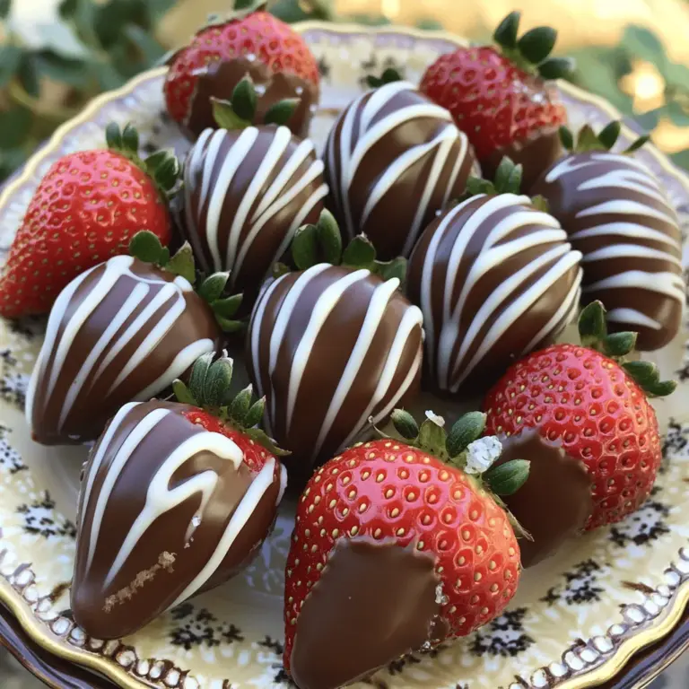 - 500 g frische Erdbeeren - 225 g Zartbitterschokoladenstücke - 2 Esslöffel Kokosöl (optional) - 60 g weiße Schokoladenstückchen - Meersalz (zum Garnieren) Um die perfekten Schokoladenüberzogenen Erdbeeren zu machen, beginnen wir mit den Hauptzutaten. Frische Erdbeeren sind wichtig. Wählen Sie reife, saftige Erdbeeren. Sie verleihen jedem Biss ein frisches Aroma. Die Zartbitterschokoladenstücke bringen einen tollen Geschmack. Wenn Sie das Kokosöl hinzufügen, wird die Schokolade weicher und glatter. Zusätzlich können Sie weiße Schokoladenstückchen verwenden. Diese sind ideal für die Dekoration. Ein Hauch von Meersalz macht die Erdbeeren noch schmackhafter. Die Kombination aus Süß und Salzig ist einfach köstlich. Für das vollständige Rezept schauen Sie sich die verführerischen Schokoladenüberzogenen Erdbeeren an. Die Auswahl der Zutaten ist der erste Schritt zu diesem köstlichen Genuss. Zuerst spülen Sie die Erdbeeren gründlich unter kaltem Wasser ab. Dies entfernt Schmutz und Pestizide. Danach tupfen Sie die Erdbeeren vorsichtig mit Küchenpapier trocken. Es ist wichtig, dass die Erdbeeren ganz trocken sind. Feuchtigkeit lässt die Schokolade nicht gut haften und kann die Textur ruinieren. Für das Schmelzen der Schokolade verwenden Sie die Mikrowelle. Geben Sie die Zartbitterschokoladenstücke in eine mikrowellengeeignete Schüssel. Fügen Sie das Kokosöl hinzu, wenn Sie eine glattere Schokolade wünschen. Erhitzen Sie die Mischung in 30-Sekunden-Intervallen. Rühren Sie nach jedem Intervall um, bis die Schokolade schön geschmolzen und glatt ist. Halten Sie eine Erdbeere am Stil. Tauchen Sie sie in die geschmolzene Schokolade. Drehen Sie die Erdbeere leicht, um sie ganz zu bedecken. Lassen Sie die überschüssige Schokolade abtropfen. Legen Sie die Erdbeeren dann auf ein Backblech mit Backpapier. Stellen Sie das Backblech für etwa 15 bis 20 Minuten in den Kühlschrank. Warten Sie, bis die Schokolade fest ist. Wenn Sie weiße Schokolade verwenden, schmelzen Sie diese ebenfalls in der Mikrowelle. Verwenden Sie eine Gabel, um die geschmolzene weiße Schokolade in einem Zickzack-Muster über die Erdbeeren zu träufeln. Zum Schluss können Sie eine Prise Meersalz darüber streuen, um den Geschmack zu verstärken. - Frische und Größe: Wählen Sie große, rote Erdbeeren mit einem festen Körper. Diese sind süß und saftig. Prüfen Sie die Blätter. Sie sollten grün und frisch aussehen. - Lagerung vor der Zubereitung: Lagern Sie die Erdbeeren im Kühlschrank, aber nicht zu lange. Am besten sind sie frisch und werden am selben Tag verarbeitet. Waschen Sie die Erdbeeren erst kurz vor dem Eintauchen in die Schokolade. - Temperierung der Schokolade: Temperieren Sie die Schokolade, damit sie schön glänzt und knackig wird. Schmelzen Sie die Schokolade sorgfältig, um Klumpen zu vermeiden. Rühren Sie gut um, um die Temperatur gleichmäßig zu halten. - Alternativen zu Zartbitterschokolade: Wenn Sie es süßer mögen, verwenden Sie Vollmilchschokolade. Weiße Schokolade gibt einen tollen Kontrast. Auch aromatisierte Schokoladen sind eine spannende Wahl. - Anrichten für besondere Anlässe: Arrangieren Sie die Erdbeeren auf einem schönen Teller. Nutzen Sie Cupcake-Formen für eine festliche Note. - Verwendung von dekorativen Tellern: Ein dekorativer Teller bringt die Farben der Erdbeeren und der Schokolade hervor. Fügen Sie etwas Grün hinzu, wie Minzblätter, um das Bild zu vervollständigen. {{image_4}} Schokoladenüberzogene Erdbeeren schmecken toll mit verschiedenen Schokoladensorten. - Vollmilchschokolade: Diese Sorte ist süß und cremig. Sie passt perfekt zu den säuerlichen Erdbeeren. - Weiße Schokolade: Diese Schokolade ist wirklich süß und hat einen milden Geschmack. Sie bringt eine schöne Farbe und einen tollen Kontrast zu den roten Erdbeeren. Ich liebe es, mit verschiedenen Toppings zu experimentieren. Sie geben den Erdbeeren eine besondere Note. - Nüsse und Kokosraspeln: Gehackte Nüsse fügen einen knackigen Biss hinzu. Kokosraspeln bringen einen tropischen Geschmack. - Süßigkeiten und Streusel: Bunte Streusel machen die Erdbeeren festlich. Kleine Süßigkeiten sorgen für mehr Spaß beim Essen. Du kannst auch spannende Geschmackskombinationen ausprobieren. Es gibt viele Möglichkeiten, die Erdbeeren zu verfeinern. - Mit Aromen wie Minze oder Chili: Minze bringt Frische, während Chili einen leckeren Kick gibt. - Experimentieren mit verschiedenen Früchten: Probiere auch andere Früchte aus, wie Bananen oder Ananas. Sie passen super zur Schokolade. Wenn du mehr über die Zubereitung erfahren möchtest, schau dir das [Full Recipe](#) an. Schokoladenüberzogene Erdbeeren müssen gut gelagert werden. Wenn Sie sie frisch genießen möchten, legen Sie sie in den Kühlschrank. Kühlen hilft, die Schokolade fest und die Erdbeeren frisch zu halten. Verwenden Sie dafür luftdichte Behälter. So bleiben die Erdbeeren saftig und die Schokolade knusprig. Bei Raumtemperatur verlieren sie schnell ihre Frische. Die Haltbarkeit von schokoladenüberzogenen Erdbeeren hängt von der Frische der Erdbeeren ab. Diese Beeren halten sich in der Regel 1 bis 2 Tage im Kühlschrank. Die Schokolade kann länger halten, aber die Erdbeeren sind der Schlüssel. Achten Sie darauf, dass die Erdbeeren vor dem Dippen ganz frisch sind. Wenn die Erdbeeren matschig werden, sollten Sie sie nicht mehr essen. Genießen Sie diese Köstlichkeiten am besten frisch. Schokoladenüberzogene Erdbeeren halten im Kühlschrank etwa 2 bis 3 Tage. Die Schokolade bleibt fest und die Erdbeeren frisch. Lagern Sie sie in einem luftdichten Behälter. So vermeiden Sie, dass die Erdbeeren matschig werden. Ja, Sie können die Erdbeeren im Voraus zubereiten. Bereiten Sie sie am besten am Tag vor dem Servieren vor. So bleiben sie frisch. Lagern Sie sie im Kühlschrank, bis Sie sie brauchen. Achten Sie darauf, dass sie gut getrocknet sind, bevor Sie sie in die Schokolade tauchen. Ja, einige Menschen haben Allergien gegen Schokolade oder Erdbeeren. Schokolade kann Milch, Nüsse oder Soja enthalten. Achten Sie auf Etiketten, wenn Sie Allergien haben. Verwenden Sie allergiefreie Alternativen, wenn nötig. Informieren Sie Ihre Gäste über mögliche Allergene. Die besten Zutaten finden Sie in gut sortierten Supermärkten oder auf Märkten. Suchen Sie nach frischen Erdbeeren und hochwertiger Schokolade. Online-Shops bieten oft eine große Auswahl. Probieren Sie auch lokale Bauernmärkte. Frische ist der Schlüssel zu leckeren Erdbeeren. Für das vollständige Rezept besuchen Sie Verführerische Schokoladenüberzogene Erdbeeren . Um leckere schokoladenüberzogene Erdbeeren zuzubereiten, braucht man frische Erdbeeren und Schokolade. In der Anleitung habe ich gezeigt, wie man die Erdbeeren vorbereitet, die Schokolade schmilzt und die Früchte eintaucht. Tipps helfen, die besten Zutaten auszuwählen und die Schokolade richtig zu handhaben. Variationen mit unterschiedlichen Schokoladen und Toppings bringen noch mehr Spaß. Denken Sie daran, die Erdbeeren gut aufzubewahren, damit sie frisch bleiben. Probieren Sie es aus und genießen Sie diese leckere Süßigkeit!