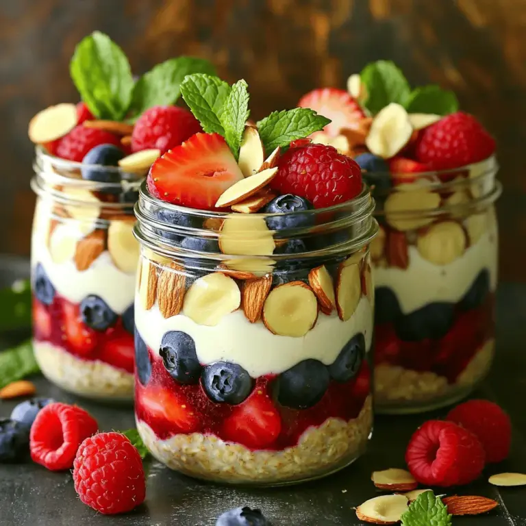 - 1 Tasse zarte Haferflocken - 1 Tasse ungesüßte Mandelmilch - 1/2 Tasse griechischer Joghurt oder pflanzlicher Joghurt Die Hauptzutaten sind einfach und gesund. Zarte Haferflocken geben eine gute Basis. Sie sind reich an Ballaststoffen. Mandelmilch macht die Mischung cremig und lecker. Griechischer Joghurt fügt Protein hinzu und macht alles noch besser. - 1 Esslöffel Chiasamen - 1 Esslöffel Ahornsirup oder Honig - 1/2 Teelöffel Vanilleextrakt Chiasamen sind kleine Kraftpakete. Sie geben dir Energie und halten dich satt. Ahornsirup oder Honig süßen die Haferflocken ganz natürlich. Vanilleextrakt gibt einen feinen Geschmack dazu. Diese Zutaten machen das Frühstück noch schmackhafter. - 1/2 Tasse gemischte Beeren (Erdbeeren, Heidelbeeren, Himbeeren) - 2 Esslöffel Mandelblättchen - Eine Prise Salz Mit frischen Beeren wird das Gericht bunt und frisch. Sie bringen Vitamine und Antioxidantien. Mandelblättchen sorgen für einen knackigen Biss. Eine Prise Salz hebt die Aromen hervor. Das sorgt für ein tolles Geschmackserlebnis. Diese Zutaten machen die Berry Almond Overnight Oats zu einer gesunden und leckeren Mahlzeit. Für das vollständige Rezept schau dir die Beerenzauber Mandel Hafer overnight Oats an. - Zubereitungszeit von 10 Minuten - Gesamtzeit bis zum Servieren: 8 Stunden - Schritt 1: Zutaten vermengen Beginne mit einer mittelgroßen Schüssel. Füge die zarten Haferflocken, ungesüßte Mandelmilch, griechischen Joghurt, Chiasamen, Ahornsirup und Vanilleextrakt hinzu. Eine Prise Salz bringt den Geschmack hervor. Rühre alles gut um, bis die Mischung gleichmäßig ist. - Schritt 2: Beeren hinzufügen Jetzt kommen die gemischten Beeren ins Spiel. Hebe sie vorsichtig unter die Haferflocken-Mischung. Behalte ein paar Beeren für die Dekoration zurück. Diese geben dem Gericht eine schöne Optik. - Schritt 3: Aufbewahrung im Kühlschrank Verteile die Mischung gleichmäßig auf zwei Gläser oder luftdichte Behälter. Verschließe die Gläser gut. Lass sie über Nacht im Kühlschrank stehen. So werden die Haferflocken weich und die Aromen entfalten sich. Mindestens 4 Stunden sind auch in Ordnung. - Schritt 4: Gut umrühren Am Morgen rührst du die Haferflocken gründlich um. Füge einen Schuss Mandelmilch hinzu, wenn du eine dünnere Konsistenz magst. - Schritt 5: Dekorieren und genießen Dekoriere die Haferflocken mit den zurückbehaltenen Beeren. Streue die Mandelblättchen darüber. So sieht dein Gericht toll aus und schmeckt noch besser. Du findest das ganze Rezept hier: [Full Recipe]. Um die Konsistenz deiner Berry Almond Overnight Oats zu verbessern, füge mehr Mandelmilch hinzu. Wenn du eine dünnere Mischung magst, ist das eine gute Idee. Lasse die Haferflocken mindestens vier Stunden im Kühlschrank. So nehmen sie die Flüssigkeit auf und werden schön weich. Die Präsentation macht viel aus. Verwende klare Gläser, um die bunten Schichten zu zeigen. Du kannst auch frische Minze als Dekoration nutzen. Das bringt nicht nur Farbe, sondern auch einen frischen Geschmack. Lasse die Mischung über Nacht ziehen. Dadurch entfalten sich die Aromen besser. Du kannst auch die Fruchtsorten variieren. Probiere verschiedene Beeren oder saisonale Früchte aus. Das macht dein Frühstück spannend und lecker. {{image_4}} Eine tolle Idee für deine Berry Almond Overnight Oats ist, sie zu variieren. Du kannst zum Beispiel Schokoladen-Übernacht-Hafer machen. Füge einfach einen Esslöffel Kakaopulver hinzu. Das gibt deinem Frühstück einen schokoladigen Kick. Eine andere leckere Option ist die tropische Variante. Benutze Kokosnussmilch und füge Ananasstücke hinzu. Diese Mischung bringt Urlaubsfeeling in deine Schüssel. Es ist erfrischend und süß. Um deine Overnight Oats noch nahrhafter zu machen, füge Nüsse oder Samen hinzu. Mandeln, Walnüsse oder Sonnenblumenkerne geben extra Crunch und viele Nährstoffe. Falls du vegan leben möchtest, kannst du pflanzlichen Joghurt verwenden. Er ist eine gute Alternative zu griechischem Joghurt. So bleibt das Rezept einfach und gesund. Du kannst auch für die ganze Woche vorbereiten. Mache eine große Portion und teile sie in mehrere Behälter auf. Das spart Zeit und macht das Frühstück einfach. Wenn du verschiedene Geschmäcker ausprobieren möchtest, nutze separate Behälter. So kannst du jeden Tag etwas Neues genießen. Probiere die verschiedenen Optionen aus und finde deine Lieblingsvariante. Es macht Spaß und schmeckt gut! Für das vollständige Rezept, schau dir die [Full Recipe] an. Um die Frische deiner Berry Almond Overnight Oats zu bewahren, lagere sie im Kühlschrank. Guten Geschmack und Textur halten sich so am besten. Du kannst sie bis zu 5 Tagen aufbewahren. Achte darauf, die Behälter gut zu verschließen, damit keine Gerüche eindringen. Wenn du eine größere Menge zubereiten möchtest, kannst du die Overnight Oats einfrieren. Fülle sie in einen luftdichten Behälter. Lass dabei etwas Platz oben, da sich die Haferflocken ausdehnen. Beim Auftauen werden die Oats weich, aber der Geschmack bleibt erhalten. Für die Aufbewahrung sind luftdichte Behälter ideal. Sie schützen vor Luft und Feuchtigkeit. Du kannst Glas- oder Kunststoffbehälter wählen. Glasbehälter sind oft langlebiger und umweltfreundlicher, während Kunststoff leichter und bruchsicher ist. Wähle den für dich passenden Behälter, um die Qualität deiner Overnight Oats zu sichern. Um die Konsistenz deiner Berry Almond Overnight Oats zu ändern, kannst du die Flüssigkeitsmenge anpassen. Wenn du eine dickere Mischung magst, benutze weniger Mandelmilch. Für eine dünnere Konsistenz, füge mehr Mandelmilch hinzu. Beginne mit einer Tasse und füge nach Bedarf mehr hinzu. Denke daran, dass die Haferflocken die Flüssigkeit über Nacht aufsaugen. So kannst du leicht die perfekte Textur finden, die dir gefällt. Ja, du kannst Overnight Oats warm genießen! Um sie in der Mikrowelle zu erwärmen, nimm ein Glas aus dem Kühlschrank. Stelle sicher, dass du den Deckel abnimmst oder ein Loch hinein machst, damit der Dampf entweichen kann. Erwärme die Oats für etwa 30 Sekunden auf hoher Stufe. Rühre sie gut um und erwärme sie nochmals, falls nötig. So hast du eine warme, nahrhafte Mahlzeit! Ja, diese Overnight Oats sind sehr gesund. Sie enthalten viele nahrhafte Zutaten. Haferflocken sind reich an Ballaststoffen und geben dir Energie. Mandelmilch ist eine gute, fettarme Alternative zu Kuhmilch. Chiasamen sind voll von Antioxidantien und Omega-3-Fettsäuren. Die Beeren liefern Vitamine und sind lecker. Diese Mischung unterstützt deine Gesundheit und ist perfekt für einen guten Start in den Tag. Du kannst deine Berry Almond Overnight Oats bis zu 5 Tage im Kühlschrank aufbewahren. Stelle sicher, dass die Gläser gut verschlossen sind. So bleiben die Oats frisch und lecker. Wenn du sie länger aufbewahren möchtest, kannst du sie auch einfrieren. Achte darauf, sie in einem luftdichten Behälter zu lagern. So hast du immer eine gesunde Mahlzeit zur Hand! Die Zutaten für Ihre Overnight Oats sind einfach und gesund. Sie benötigen Haferflocken, Mandelmilch und Joghurt. Fügen Sie Chiasamen, etwas Süße und Vanille hinzu. Variieren Sie mit Beeren oder Nüssen für mehr Geschmack. Nach der Zubereitung im Kühlschrank zieht alles gut durch. Denken Sie daran, die Mischung vor dem Servieren gut umzurühren und kreativ zu dekorieren. Diese Oats sind nicht nur lecker, sondern auch nahrhaft. Experimentieren Sie mit verschiedenen Geschmäckern und genießen Sie frische, gesunde Snacks für die ganze Woche!