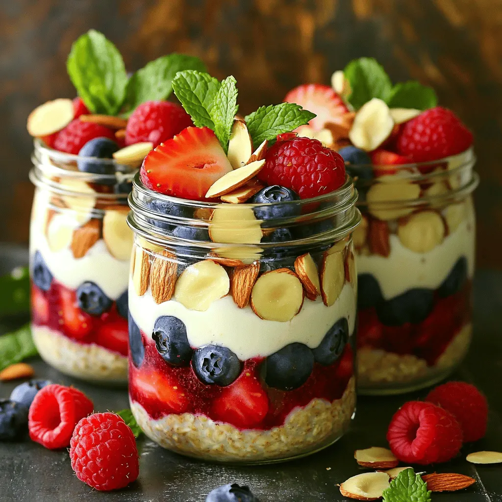 - 1 Tasse zarte Haferflocken - 1 Tasse ungesüßte Mandelmilch - 1/2 Tasse griechischer Joghurt oder pflanzlicher Joghurt Die Hauptzutaten sind einfach und gesund. Zarte Haferflocken geben eine gute Basis. Sie sind reich an Ballaststoffen. Mandelmilch macht die Mischung cremig und lecker. Griechischer Joghurt fügt Protein hinzu und macht alles noch besser. - 1 Esslöffel Chiasamen - 1 Esslöffel Ahornsirup oder Honig - 1/2 Teelöffel Vanilleextrakt Chiasamen sind kleine Kraftpakete. Sie geben dir Energie und halten dich satt. Ahornsirup oder Honig süßen die Haferflocken ganz natürlich. Vanilleextrakt gibt einen feinen Geschmack dazu. Diese Zutaten machen das Frühstück noch schmackhafter. - 1/2 Tasse gemischte Beeren (Erdbeeren, Heidelbeeren, Himbeeren) - 2 Esslöffel Mandelblättchen - Eine Prise Salz Mit frischen Beeren wird das Gericht bunt und frisch. Sie bringen Vitamine und Antioxidantien. Mandelblättchen sorgen für einen knackigen Biss. Eine Prise Salz hebt die Aromen hervor. Das sorgt für ein tolles Geschmackserlebnis. Diese Zutaten machen die Berry Almond Overnight Oats zu einer gesunden und leckeren Mahlzeit. Für das vollständige Rezept schau dir die Beerenzauber Mandel Hafer overnight Oats an. - Zubereitungszeit von 10 Minuten - Gesamtzeit bis zum Servieren: 8 Stunden - Schritt 1: Zutaten vermengen Beginne mit einer mittelgroßen Schüssel. Füge die zarten Haferflocken, ungesüßte Mandelmilch, griechischen Joghurt, Chiasamen, Ahornsirup und Vanilleextrakt hinzu. Eine Prise Salz bringt den Geschmack hervor. Rühre alles gut um, bis die Mischung gleichmäßig ist. - Schritt 2: Beeren hinzufügen Jetzt kommen die gemischten Beeren ins Spiel. Hebe sie vorsichtig unter die Haferflocken-Mischung. Behalte ein paar Beeren für die Dekoration zurück. Diese geben dem Gericht eine schöne Optik. - Schritt 3: Aufbewahrung im Kühlschrank Verteile die Mischung gleichmäßig auf zwei Gläser oder luftdichte Behälter. Verschließe die Gläser gut. Lass sie über Nacht im Kühlschrank stehen. So werden die Haferflocken weich und die Aromen entfalten sich. Mindestens 4 Stunden sind auch in Ordnung. - Schritt 4: Gut umrühren Am Morgen rührst du die Haferflocken gründlich um. Füge einen Schuss Mandelmilch hinzu, wenn du eine dünnere Konsistenz magst. - Schritt 5: Dekorieren und genießen Dekoriere die Haferflocken mit den zurückbehaltenen Beeren. Streue die Mandelblättchen darüber. So sieht dein Gericht toll aus und schmeckt noch besser. Du findest das ganze Rezept hier: [Full Recipe]. Um die Konsistenz deiner Berry Almond Overnight Oats zu verbessern, füge mehr Mandelmilch hinzu. Wenn du eine dünnere Mischung magst, ist das eine gute Idee. Lasse die Haferflocken mindestens vier Stunden im Kühlschrank. So nehmen sie die Flüssigkeit auf und werden schön weich. Die Präsentation macht viel aus. Verwende klare Gläser, um die bunten Schichten zu zeigen. Du kannst auch frische Minze als Dekoration nutzen. Das bringt nicht nur Farbe, sondern auch einen frischen Geschmack. Lasse die Mischung über Nacht ziehen. Dadurch entfalten sich die Aromen besser. Du kannst auch die Fruchtsorten variieren. Probiere verschiedene Beeren oder saisonale Früchte aus. Das macht dein Frühstück spannend und lecker. {{image_4}} Eine tolle Idee für deine Berry Almond Overnight Oats ist, sie zu variieren. Du kannst zum Beispiel Schokoladen-Übernacht-Hafer machen. Füge einfach einen Esslöffel Kakaopulver hinzu. Das gibt deinem Frühstück einen schokoladigen Kick. Eine andere leckere Option ist die tropische Variante. Benutze Kokosnussmilch und füge Ananasstücke hinzu. Diese Mischung bringt Urlaubsfeeling in deine Schüssel. Es ist erfrischend und süß. Um deine Overnight Oats noch nahrhafter zu machen, füge Nüsse oder Samen hinzu. Mandeln, Walnüsse oder Sonnenblumenkerne geben extra Crunch und viele Nährstoffe. Falls du vegan leben möchtest, kannst du pflanzlichen Joghurt verwenden. Er ist eine gute Alternative zu griechischem Joghurt. So bleibt das Rezept einfach und gesund. Du kannst auch für die ganze Woche vorbereiten. Mache eine große Portion und teile sie in mehrere Behälter auf. Das spart Zeit und macht das Frühstück einfach. Wenn du verschiedene Geschmäcker ausprobieren möchtest, nutze separate Behälter. So kannst du jeden Tag etwas Neues genießen. Probiere die verschiedenen Optionen aus und finde deine Lieblingsvariante. Es macht Spaß und schmeckt gut! Für das vollständige Rezept, schau dir die [Full Recipe] an. Um die Frische deiner Berry Almond Overnight Oats zu bewahren, lagere sie im Kühlschrank. Guten Geschmack und Textur halten sich so am besten. Du kannst sie bis zu 5 Tagen aufbewahren. Achte darauf, die Behälter gut zu verschließen, damit keine Gerüche eindringen. Wenn du eine größere Menge zubereiten möchtest, kannst du die Overnight Oats einfrieren. Fülle sie in einen luftdichten Behälter. Lass dabei etwas Platz oben, da sich die Haferflocken ausdehnen. Beim Auftauen werden die Oats weich, aber der Geschmack bleibt erhalten. Für die Aufbewahrung sind luftdichte Behälter ideal. Sie schützen vor Luft und Feuchtigkeit. Du kannst Glas- oder Kunststoffbehälter wählen. Glasbehälter sind oft langlebiger und umweltfreundlicher, während Kunststoff leichter und bruchsicher ist. Wähle den für dich passenden Behälter, um die Qualität deiner Overnight Oats zu sichern. Um die Konsistenz deiner Berry Almond Overnight Oats zu ändern, kannst du die Flüssigkeitsmenge anpassen. Wenn du eine dickere Mischung magst, benutze weniger Mandelmilch. Für eine dünnere Konsistenz, füge mehr Mandelmilch hinzu. Beginne mit einer Tasse und füge nach Bedarf mehr hinzu. Denke daran, dass die Haferflocken die Flüssigkeit über Nacht aufsaugen. So kannst du leicht die perfekte Textur finden, die dir gefällt. Ja, du kannst Overnight Oats warm genießen! Um sie in der Mikrowelle zu erwärmen, nimm ein Glas aus dem Kühlschrank. Stelle sicher, dass du den Deckel abnimmst oder ein Loch hinein machst, damit der Dampf entweichen kann. Erwärme die Oats für etwa 30 Sekunden auf hoher Stufe. Rühre sie gut um und erwärme sie nochmals, falls nötig. So hast du eine warme, nahrhafte Mahlzeit! Ja, diese Overnight Oats sind sehr gesund. Sie enthalten viele nahrhafte Zutaten. Haferflocken sind reich an Ballaststoffen und geben dir Energie. Mandelmilch ist eine gute, fettarme Alternative zu Kuhmilch. Chiasamen sind voll von Antioxidantien und Omega-3-Fettsäuren. Die Beeren liefern Vitamine und sind lecker. Diese Mischung unterstützt deine Gesundheit und ist perfekt für einen guten Start in den Tag. Du kannst deine Berry Almond Overnight Oats bis zu 5 Tage im Kühlschrank aufbewahren. Stelle sicher, dass die Gläser gut verschlossen sind. So bleiben die Oats frisch und lecker. Wenn du sie länger aufbewahren möchtest, kannst du sie auch einfrieren. Achte darauf, sie in einem luftdichten Behälter zu lagern. So hast du immer eine gesunde Mahlzeit zur Hand! Die Zutaten für Ihre Overnight Oats sind einfach und gesund. Sie benötigen Haferflocken, Mandelmilch und Joghurt. Fügen Sie Chiasamen, etwas Süße und Vanille hinzu. Variieren Sie mit Beeren oder Nüssen für mehr Geschmack. Nach der Zubereitung im Kühlschrank zieht alles gut durch. Denken Sie daran, die Mischung vor dem Servieren gut umzurühren und kreativ zu dekorieren. Diese Oats sind nicht nur lecker, sondern auch nahrhaft. Experimentieren Sie mit verschiedenen Geschmäckern und genießen Sie frische, gesunde Snacks für die ganze Woche!
