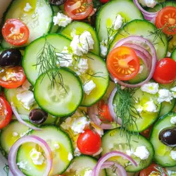 - 2 große Gurken - 1 Tasse zerbröckelter Feta-Käse - 1/2 rote Zwiebel - 1/2 Tasse Kirschtomaten - 1/4 Tasse schwarze Oliven - 2 Esslöffel frischer Dill - 3 Esslöffel Olivenöl - 2 Esslöffel Zitronensaft - Salz und Pfeffer Um einen tollen Gurken-Feta-Salat zu machen, fangen wir mit den Hauptzutaten an. Die Gurken sind frisch und knackig. Sie geben dem Salat einen tollen Biss. Ich empfehle, große Gurken zu wählen. Der Feta-Käse bringt eine salzige Note. Er passt super zu den Gurken. Verwende zerbröckelten Feta. So verteilt er sich besser im Salat. Die rote Zwiebel fügt einen süßen und scharfen Geschmack hinzu. Zusätzlich kommen Kirschtomaten und schwarze Oliven ins Spiel. Die Tomaten machen den Salat bunt. Sie geben auch etwas Saftigkeit. Die Oliven bringen einen salzigen und herzhaften Geschmack. Der frische Dill rundet das Ganze ab und verleiht dem Salat einen tollen Duft. Das Dressing ist einfach und schnell gemacht. Olivenöl und Zitronensaft sorgen für einen frischen Geschmack. Salz und Pfeffer bringen alles zusammen. Für das vollständige Rezept und die Zubereitung, schau dir die Details in der [Full Recipe] an. Zuerst schneide ich die Gurken in dünne Scheiben. Das macht sie knackig und frisch. Ich nehme zwei große Gurken für diesen Salat. Danach schneide ich die rote Zwiebel ebenfalls dünn. Die Zwiebel bringt einen tollen Geschmack in den Salat. Jetzt füge ich den zerbröckelten Feta-Käse in die Schüssel. Eine Tasse Feta sorgt für einen cremigen Kontrast. Dann kommen die halbierten Kirschtomaten dazu. Sie bringen Farbe und Süße. Ich mische auch die geschnittenen schwarzen Oliven und den frischen Dill unter. Diese Zutaten geben dem Salat einen mediterranen Touch. Für das Dressing vermenge ich in einer kleinen Schüssel Olivenöl, Zitronensaft, Salz und Pfeffer. Drei Esslöffel Olivenöl und zwei Esslöffel Zitronensaft sind perfekt. Dann gieße ich das Dressing über den Salat. Es ist wichtig, alles gut zu vermischen. So verteilt sich der Geschmack gleichmäßig. Wenn du mehr Details oder die vollständige Anleitung suchst, schau dir das Full Recipe an. Wähle frische Gurken für den besten Geschmack. Achte darauf, dass sie knackig sind. Die Farbe sollte leuchtend grün sein. Hochwertigen Feta-Käse bringt einen tollen Geschmack. Der Käse sollte cremig und bröckelig sein. Ein guter Feta macht den Salat besonders lecker. Wurf den Salat vorsichtig. So bleiben die Zutaten ganz und knackig. Vermeide zu starkes Mischen, damit die Gurken nicht matschig werden. Lass den Salat einige Minuten im Kühlschrank stehen. Diese Zeit verbessert den Geschmack und den Crunch. Serviere den Salat in einer flachen Schüssel. Das sieht schön aus und macht den Salat einladend. Ordne die Gurkenscheiben so an, dass die Farben leuchten. Garnier den Salat mit Dillzweigen. Das gibt einen frischen Touch und sieht toll aus. {{image_4}} Du kannst den Gurken und Feta Salat leicht variieren. Eine tolle Option ist, Avocado hinzuzufügen. Sie macht den Salat cremiger und reicher im Geschmack. Auch Paprika ist eine hervorragende Wahl. Sie bringt einen knackigen Biss und frische Farben in dein Gericht. Wenn du das Dressing variieren möchtest, probiere Balsamico-Essig anstelle von Zitronensaft. Das gibt dem Salat eine süßere Note. Eine andere Möglichkeit ist ein Joghurtdressing. Dieses gibt dem Salat eine kühle und frische Note, die perfekt für heiße Tage ist. Du kannst diesen Salat vielseitig servieren. Er passt gut zu gegrilltem Hühnchen oder Fisch. Das sorgt für eine vollwertige Mahlzeit. Du kannst den Salat auch als Füllung für Wraps oder Sandwiches nutzen. So hast du ein schnelles und leckeres Mittagessen. - Lagern Sie den Salat im Kühlschrank. So bleibt er frisch und knackig. - Verwenden Sie luftdichte Behälter. Diese schützen den Salat vor Luft und Feuchtigkeit. - Genießen Sie den Salat frisch innerhalb von 2-3 Tagen. So bleibt der Geschmack am besten. - Wenn der Salat etwas schlaff wird, fügen Sie frische Gurken oder Dill hinzu. Das bringt den Crunch zurück. - Nehmen Sie sich Zeit bei der Zubereitung. Geduldige Vorbereitung bringt den besten Geschmack. - Der Gurken-Feta-Salat braucht nur 15 Minuten. Doch die Zeit lohnt sich für die frische Note. Ein Gurken-Feta-Salat ist leicht und schnell. Einfach folgende Schritte befolgen: - Schneide zwei große Gurken in dünne Scheiben. - Gib die Gurken in eine große Schüssel. - Füge eine Tasse zerbröckelten Feta-Käse hinzu. - Schneide eine halbe rote Zwiebel dünn und füge sie hinzu. - Halbiere eine halbe Tasse Kirschtomaten und mische sie unter. - Schneide ein Viertel Tasse schwarze Oliven und gib auch diese dazu. - Mische zwei Esslöffel frischen Dill unter die Mischung. - In einer kleinen Schüssel, mische drei Esslöffel Olivenöl, zwei Esslöffel Zitronensaft, Salz und Pfeffer. - Beträufle das Dressing über den Salat und mische alles vorsichtig. Lass den Salat 10 bis 15 Minuten im Kühlschrank stehen für den besten Geschmack. Ja, du kannst diesen Salat im Voraus zubereiten. Aber ich empfehle, ihn frisch zu servieren. Der Salat schmeckt am besten, wenn die Zutaten knackig sind. Bereite ihn ein paar Stunden vor dem Servieren vor. Lagere ihn im Kühlschrank, damit er kühl bleibt. Gurken sind sehr gesund. Sie sind kalorienarm und hydratisierend. Sie helfen, deinen Körper mit Wasser zu versorgen. Feta-Käse hat ebenfalls Vorteile. Er liefert wichtiges Protein und Kalzium. So unterstützt er deine Muskeln und Knochen. Zusammen sind sie eine tolle Wahl für einen leichten und nahrhaften Snack. Dieser Gurken-Feta-Salat ist einfach und lecker. Wir haben frische Gurken, Feta und viele kräftige Aromen verwendet. Diese Kombination bietet viel Geschmack und bleibt gesund. Denken Sie daran, dass frische Zutaten den Salat verbessern. Variieren Sie mit Avocado oder anderen Dressings. Lagern Sie den Salat gut, um die Frische zu halten. Genießen Sie ihn als Beilage oder Hauptgericht. Starten Sie beim nächsten Essen mit diesem einfachen Rezept!