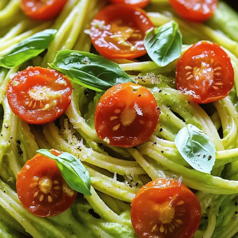 Für die cremige Avocado-Pasta benötigst du folgende Zutaten: - 2 reife Avocados, entsteint und geschält - 2 Knoblauchzehen, fein gehackt - 1/4 Tasse frische Basilikumblätter - 1/4 Tasse frisch gepresster Zitronensaft - 1/2 Teelöffel rote Pfefferflocken (optional) - 1/3 Tasse Olivenöl - Salz und Pfeffer nach Geschmack - 340 g Spaghetti oder deine bevorzugte Pasta - 1/4 Tasse geriebener Parmesan (optional) - Kirschtomaten, halbiert (zur Dekoration) Diese Zutaten sind einfach zu finden. Du kannst sie in jedem Supermarkt kaufen. Die Avocados sollten reif sein. Sie sind perfekt, wenn sie leicht nachgeben, wenn du sie drückst. Der Knoblauch gibt der Sauce einen tollen Geschmack. Basilikum bringt Frische und Farbe. Zitronensaft hilft, die Avocados frisch zu halten und gibt einen schönen, saftigen Geschmack. Jede Zutat hat ihren eigenen Nährwert. Hier sind einige wichtige Punkte: - Avocados: Sie sind reich an gesunden Fetten und Ballaststoffen. Sie helfen, das Herz gesund zu halten. - Knoblauch: Hat antibakterielle Eigenschaften und kann das Immunsystem stärken. - Basilikum: Enthält Antioxidantien und hat entzündungshemmende Wirkungen. - Zitronensaft: Liefert Vitamin C und hilft bei der Verdauung. - Olivenöl: Ist gut für das Herz und enthält gesunde Fette. - Parmesan: Er ist eine gute Quelle für Kalzium und Eiweiß. Diese Nährstoffe machen die Pasta nicht nur lecker, sondern auch gesund. Du kannst die Zutaten nach deinem Geschmack anpassen. Hier sind einige Ideen: - Pasta: Verwende Vollkorn- oder glutenfreie Pasta für eine gesündere Option. - Kräuter: Probiere Petersilie oder Koriander, wenn du Basilikum nicht magst. - Nüsse: Füge für einen Crunch geröstete Pinienkerne oder Walnüsse hinzu. - Gemüse: Mische Erbsen oder Spinat für mehr Farbe und Nährstoffe. Diese Alternativen machen das Gericht interessant und passen zu verschiedenen Jahreszeiten. Es gibt viele Möglichkeiten, diese cremige Avocado-Pasta zu genießen. Wenn du mehr über das Rezept erfahren möchtest, schaue dir das [Full Recipe] an. Zuerst bringst du einen großen Topf mit gesalzenem Wasser zum Kochen. Füge die Spaghetti hinzu und koche sie, bis sie al dente sind. Das dauert meist etwa 8 bis 10 Minuten. Denke daran, etwas vom Nudelkochwasser aufzuheben. Das hilft später. Nachdem die Pasta gekocht ist, gieße sie ab und stelle sie beiseite. Jetzt kommt der spannende Teil! Nimm eine Küchenmaschine oder einen Mixer. Füge die reifen Avocados, den gehackten Knoblauch, die frischen Basilikumblätter und den Zitronensaft hinzu. Wenn du es etwas schärfer magst, kannst du die roten Pfefferflocken dazugeben. Mixe alles gut durch, bis die Mischung schön cremig ist. Um die Sauce noch besser zu machen, lasse langsam das Olivenöl einfließen. So wird die Sauce glatt. Wenn sie zu dick ist, fügst du einfach ein paar Esslöffel von dem Nudelkochwasser hinzu. Das macht die Sauce perfekt! Jetzt ist es Zeit, alles zusammenzubringen. Nimm eine große Rührschüssel und gib die abgetropfte Pasta hinein. Füge die Avocado-Sauce hinzu und vermenge alles gut. Achte darauf, dass die Pasta gleichmäßig beschichtet ist. Wenn du es cremiger magst, füge mehr vom Nudelwasser hinzu. Schmecke die Pasta mit Salz und Pfeffer ab. Wenn du magst, kannst du auch etwas geriebenen Parmesan darüberstreuen. So entsteht ein toller Geschmack. Serviere die Pasta direkt nach dem Zubereiten. Garnieren kannst du das Ganze mit halbierten Kirschtomaten und frischen Basilikumblättern für einen schönen Look. Für die vollständige Zubereitung schau dir das Full Recipe an. Um die perfekte Konsistenz der Avocado-Sauce zu erzielen, ist es wichtig, die richtigen Zutaten gut zu kombinieren. Die Avocados sollten reif und weich sein. Wenn sie zu hart sind, wird die Sauce nicht cremig. Fügen Sie beim Mixen langsam Olivenöl hinzu. Dies macht die Sauce glatter. Wenn die Sauce zu dick ist, geben Sie etwas Nudelwasser hinzu. Das sorgt für die richtige Cremigkeit. Ein häufiger Fehler ist, die Avocados nicht richtig zu pürieren. Achten Sie darauf, dass keine Stücke mehr sichtbar sind. Ein weiterer Fehler ist, zu viel Zitronensaft zu verwenden. Das kann die Sauce zu sauer machen. Prüfen Sie die Würze, bevor Sie das Salz und den Pfeffer hinzufügen. So vermeiden Sie, dass die Sauce zu salzig wird. Schließlich sollte die Pasta nicht zu lange kochen. Al dente ist der Schlüssel. Die cremige Avocado-Pasta schmeckt am besten, wenn Sie sie frisch servieren. Garnieren Sie sie mit halbierten Kirschtomaten und frischem Basilikum. Das sieht schön aus und gibt einen frischen Geschmack. Servieren Sie dazu einen einfachen grünen Salat. Eine leichte Vinaigrette passt gut dazu. Wenn Sie möchten, fügen Sie etwas gegrilltes Hühnchen oder Garnelen hinzu, um die Mahlzeit zu bereichern. Für das vollständige Rezept werfen Sie einen Blick auf die Full Recipe. {{image_4}} Um Ihre cremige Avocado-Pasta noch schmackhafter zu machen, fügen Sie Protein hinzu. Hühnchen oder Garnelen passen hervorragend. Kochen Sie die Hühnchenbrust einfach in einer Pfanne, bis sie goldbraun ist. Für Garnelen braten Sie sie nur kurz an, bis sie rosa sind. Schneiden Sie das Hühnchen in Stücke oder verwenden Sie die Garnelen ganz. Mischen Sie es dann unter die Pasta. So wird Ihre Mahlzeit noch nahrhafter. Für eine vegetarische Variante können Sie den Parmesan einfach weglassen oder eine vegane Käsealternative verwenden. Viele finden, dass Hefeflocken einen tollen Geschmack hinzufügen. Wenn Sie eine vegane Option suchen, ersetzen Sie auch den Honig durch Ahornsirup. Diese Anpassungen machen die Pasta leicht und frisch. Sie erhalten so eine köstliche Mahlzeit, die alle genießen können. Kräuter und Gewürze bringen das Gericht zum Leben. Fügen Sie frischen Schnittlauch oder Petersilie hinzu. Diese Kräuter geben der Pasta einen frischen Kick. Sie können auch Chili-Flocken für etwas Schärfe verwenden. Experimentieren Sie mit verschiedenen Kombinationen, um Ihre perfekte Mischung zu finden. Ein Spritzer frischer Zitrone kann auch einen tollen Geschmack hinzufügen. Für das vollständige Rezept, schauen Sie sich die [Full Recipe] an! Um die übrig gebliebene cremige Avocado-Pasta zu lagern, ist der richtige Behälter wichtig. Verwenden Sie einen luftdichten Behälter. So bleibt die Pasta frisch. Lagern Sie die Pasta im Kühlschrank. Sie hält sich etwa 2 bis 3 Tage. Vermeiden Sie es, die Pasta bei Zimmertemperatur stehen zu lassen. Das kann das Wachstum von Bakterien fördern. Die Avocado-Sauce kann schnell braun werden. Um dies zu verhindern, drücken Sie etwas Zitronensaft auf die Oberfläche. Der Zitronensaft hilft, die Farbe zu erhalten. Lagern Sie die Sauce in einem separaten Behälter. Verwenden Sie auch hier einen luftdichten Behälter. So bleibt der Geschmack frisch. Wenn Sie die Sauce länger aufbewahren möchten, frieren Sie sie ein. In einem Gefrierbeutel hält sie sich bis zu 3 Monate. Wenn Sie die Pasta aufwärmen, tun Sie dies vorsichtig. Stellen Sie sicher, dass die Pasta nicht austrocknet. Fügen Sie etwas Wasser oder Olivenöl hinzu. Die beste Methode ist, die Pasta in einer Pfanne zu erwärmen. Erhitzen Sie sie bei schwacher Hitze und rühren Sie oft um. So bleibt die Pasta cremig. Sie können auch die Mikrowelle verwenden. Erwärmen Sie die Pasta in kurzen Intervallen und rühren Sie zwischendurch um. Verwenden Sie die Anweisungen aus dem [Full Recipe], um das beste Ergebnis zu erzielen. Cremige Avocado-Pasta bleibt im Kühlschrank etwa 1 bis 2 Tage frisch. Die Sauce kann sich jedoch etwas verdicken. Am besten ist es, die Pasta frisch zu essen. So bleibt der Geschmack am besten erhalten. Ja, du kannst die Avocado-Pasta im Voraus machen. Koche die Pasta und bereite die Sauce vor. Lagere die Sauce separat, um die Frische zu bewahren. Mische die beiden erst kurz vor dem Servieren. So bleibt die Pasta nicht matschig. Avocados werden braun, wenn sie Sauerstoff ausgesetzt sind. Um dies zu stoppen, füge etwas Zitronensaft hinzu. Das hilft, die Farbe zu bewahren. Lagere die Sauce in einem luftdichten Behälter. So bleibt sie länger frisch. Für die vollständige Zubereitung der cremigen Avocado-Pasta, schau dir das [Full Recipe] an. Die cremige Avocado-Pasta ist einfach zuzubereiten und sehr nahrhaft. Wir haben die Zutaten, die Zubereitung und die häufigsten Fehler behandelt. Zudem gab es Tipps für Variationen und Aufbewahrung. Überlege, wie du deine eigene Version gestalten kannst. Nutze frische Zutaten und kreative Kombinationen, um den Geschmack zu variieren. Teste die vorgeschlagenen Alternativen aus, um deine Pasta zu verbessern. So wird jede Mahlzeit zu einem neuen Genuss. Guten Appetit!