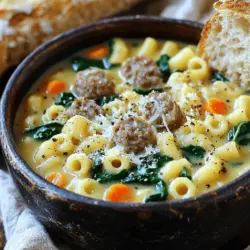 - 450 g italienische Wurst - 1 mittlere Zwiebel - 3 mittlere Karotten Die Hauptzutaten machen diese Suppe besonders lecker. Die italienische Wurst bringt einen tollen Geschmack. Zwiebeln und Karotten geben der Suppe Süße und Tiefe. - 2 Selleriestangen - 200 g Ditalini-Pasta - 240 ml Schlagsahne Sellerie fügt einen knackigen Biss hinzu. Die Ditalini-Pasta sorgt für eine schöne Textur. Schlagsahne macht die Suppe cremig und reichhaltig. - 1,5 l Hühnerbrühe - 1 Teelöffel italienische Gewürzmischung - Salz und Pfeffer nach Geschmack Hühnerbrühe ist die Basis dieser Suppe. Sie gibt Geschmack und Wärme. Die italienische Gewürzmischung bringt die Aromen zusammen. Salz und Pfeffer runden alles ab. Für die vollständige Anleitung und Zubereitung schau dir das [Full Recipe] an. Zuerst schneide das Gemüse. Nimm eine mittlere Zwiebel und würfele sie klein. Dann würfle drei Karotten und zwei Selleriestangen. Diese geben der Suppe viel Geschmack. Jetzt nimm die italienische Wurst. Entferne die Haut. Das geht einfach mit einem scharfen Messer. Zerbrich die Wurst in kleine Stücke, damit sie gleichmäßig kocht. Erhitze zwei Esslöffel Olivenöl in einem großen Topf. Gib die Zwiebel, Karotten und Sellerie hinein. Brate das Gemüse etwa fünf bis sieben Minuten an. Es sollte weich werden und die Zwiebel goldig sein. Füge nun zwei fein gehackte Knoblauchzehen hinzu. Brate sie weitere ein bis zwei Minuten mit. Rühre gut um, damit nichts anbrennt. Dann kommt die Wurst in den Topf. Zerkleinere sie mit einem Holzlöffel. Brate sie für etwa fünf bis acht Minuten, bis sie braun ist. Gieße jetzt 1,5 Liter Hühnerbrühe in den Topf. Bring die Mischung zum Kochen. Füge dann eine Dose gewürfelte Tomaten hinzu, samt dem Saft. Streue einen Teelöffel italienische Gewürzmischung dazu und rühre gut um. Sobald die Suppe kocht, füge 200 Gramm Ditalini-Pasta hinzu. Reduziere die Hitze und lasse die Suppe für acht bis zehn Minuten köcheln. Die Pasta sollte al dente sein. Rühre nun 240 Milliliter Schlagsahne und 100 Gramm frisch geriebenen Parmesan ein. Lass den Käse schmelzen, bis die Suppe schön cremig wird. Füge zwei Tassen frischen Babyspinat hinzu und lasse ihn für zwei bis drei Minuten zusammenfallen. Schmecke die Suppe mit Salz und Pfeffer ab. Nimm die Suppe vom Herd und lasse sie einige Minuten ruhen. So wird sie etwas dicker. Du kannst die vollständige Rezeptanleitung [hier](#) finden. Um die ideale Konsistenz zu erreichen, ist das Verhältnis von Brühe und Sahne entscheidend. Ich empfehle, mit 1,5 Litern Brühe und 240 ml Sahne zu starten. Das gibt der Suppe eine cremige Textur. Achte darauf, die Ditalini-Pasta al dente zu kochen. Das bedeutet, sie sollte bissfest sein. So bleibt die Pasta in der Suppe gut und wird nicht matschig. Um die Aromen zu verstärken, probiere verschiedene Gewürze aus. Eine Prise Paprika oder ein Hauch von Thymian kann viel bewirken. Etwas Zitronensaft bringt zusätzliche Frische in die Suppe. Ein Teelöffel reicht oft aus, um den Geschmack zu heben, ohne zu überwältigen. Serviere die Suppe in tiefen Schalen. Garniere sie mit frisch geriebenem Parmesan und einer Prise Pfeffer. Das macht die Suppe nicht nur lecker, sondern auch hübsch. Wähle eine gute Beilage, wie knuspriges Brot. Das Brot eignet sich perfekt zum Dippen und ergänzt die cremige Suppe wunderbar. {{image_4}} Um eine vegetarische Version zu machen, benutze eine pflanzliche Wurstalternative. Diese kann den herzhaften Geschmack der Wurst gut ersetzen. Du kannst auch den Gemüseanteil erhöhen. Füge mehr Karotten, Zucchini oder grüne Bohnen hinzu. Das gibt der Suppe mehr Farbe und Nährstoffe. Du kannst der Suppe auch zusätzliche Zutaten hinzufügen. Pilze bringen einen tollen Umami-Geschmack. Bohnen wie Kidneybohnen oder weiße Bohnen sind eine gute Wahl. Verschiedene Käsesorten machen die Suppe noch spannender. Probiere Gouda oder Feta für einen anderen Geschmack. Wenn du es schärfer magst, nimm scharfe Wurst. Das gibt der Suppe einen kräftigen Kick. Alternativ kannst du auch Chiliflocken hinzufügen. Streue sie einfach nach Belieben über die Suppe. So kannst du die Schärfe ganz nach deinem Geschmack anpassen. Um die Suppe richtig zu lagern, solltest du sie zuerst vollständig abkühlen lassen. Dann füllst du sie in einen luftdichten Behälter. Im Kühlschrank bleibt die Suppe frisch für etwa 3 bis 4 Tage. Achte darauf, die Suppe vor dem Servieren gut zu prüfen. Es ist wichtig, die Qualität zu sichern. Wenn du die Suppe länger aufbewahren möchtest, kannst du sie einfrieren. Fülle die abgekühlte Suppe in einen gefrierfesten Behälter. Lasse dabei etwas Platz für die Ausdehnung. Du kannst die Suppe bis zu 3 Monate einfrieren. Um die Suppe wieder zu genießen, nimm sie einfach aus dem Gefrierfach. Lasse sie über Nacht im Kühlschrank auftauen oder erwärme sie direkt in einem Topf. Um die Suppe gleichmäßig zu erwärmen, stelle sie in einen Topf bei mittlerer Hitze. Rühre regelmäßig um, damit sie nicht anbrennt. Du kannst etwas Hühnerbrühe oder Sahne hinzufügen, um die Konsistenz zu verbessern. So bleibt die Suppe cremig und lecker. Verwende diese Methode, um den vollen Geschmack zu genießen. Ja, du kannst die Suppe im Voraus zubereiten. Das macht das Kochen einfacher. Du kannst die Suppe bis zu drei Tage im Kühlschrank aufbewahren. Wenn du die Suppe im Voraus machst, lasse sie abkühlen, bevor du sie in einen Behälter gibst. Dies hilft, die Frische zu bewahren. Zum Aufwärmen erhitze die Suppe langsam auf dem Herd. So bleibt die Konsistenz gut. Um die Suppe dicker zu machen, gibt es einige einfache Tipps. Du kannst mehr Ditalini-Pasta hinzufügen. Lass sie etwas länger kochen, damit sie die Flüssigkeit aufnimmt. Eine andere Methode ist, etwas von der Suppe zu pürieren. Das gibt der Suppe eine cremigere Textur. Auch das Hinzufügen von mehr Parmesan kann helfen. Käse macht die Suppe reichhaltiger und dicker. Ja, diese Suppe ist kinderfreundlich. Du kannst die Gewürze anpassen, um es milder zu machen. Verwende milde italienische Wurst, wenn deine Kinder schärfere Geschmäcker nicht mögen. Auch das Gemüse kannst du klein schneiden, damit es leichter zu essen ist. Für ganz kleine Kinder kannst du die Wurst ganz klein schneiden oder pürieren. So wird die Suppe für die ganze Familie lecker und nahrhaft. Zusammenfassend haben wir die wichtigsten Zutaten für eine leckere Suppe besprochen. Von der italienischen Wurst bis hin zur Sahne haben diese Elemente einen großen Einfluss auf den Geschmack. Die Schritt-für-Schritt-Anleitung zeigt, wie man die Suppe zubereitet. Ich habe Tipps für perfekte Konsistenz und Aromen geteilt, sowie Variationen und Lagerungsmöglichkeiten. Experimentieren Sie mit den Zutaten, um Ihre eigene perfekte Suppe zu finden. Genießen Sie jede leckere Löffel dieser Kreation!