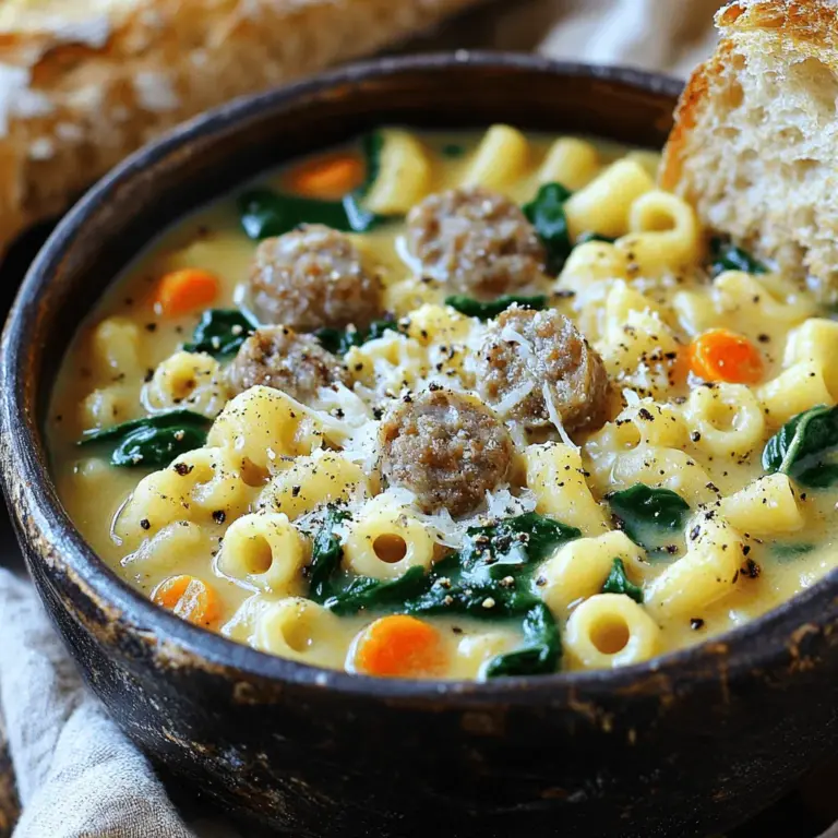 - 450 g italienische Wurst - 1 mittlere Zwiebel - 3 mittlere Karotten Die Hauptzutaten machen diese Suppe besonders lecker. Die italienische Wurst bringt einen tollen Geschmack. Zwiebeln und Karotten geben der Suppe Süße und Tiefe. - 2 Selleriestangen - 200 g Ditalini-Pasta - 240 ml Schlagsahne Sellerie fügt einen knackigen Biss hinzu. Die Ditalini-Pasta sorgt für eine schöne Textur. Schlagsahne macht die Suppe cremig und reichhaltig. - 1,5 l Hühnerbrühe - 1 Teelöffel italienische Gewürzmischung - Salz und Pfeffer nach Geschmack Hühnerbrühe ist die Basis dieser Suppe. Sie gibt Geschmack und Wärme. Die italienische Gewürzmischung bringt die Aromen zusammen. Salz und Pfeffer runden alles ab. Für die vollständige Anleitung und Zubereitung schau dir das [Full Recipe] an. Zuerst schneide das Gemüse. Nimm eine mittlere Zwiebel und würfele sie klein. Dann würfle drei Karotten und zwei Selleriestangen. Diese geben der Suppe viel Geschmack. Jetzt nimm die italienische Wurst. Entferne die Haut. Das geht einfach mit einem scharfen Messer. Zerbrich die Wurst in kleine Stücke, damit sie gleichmäßig kocht. Erhitze zwei Esslöffel Olivenöl in einem großen Topf. Gib die Zwiebel, Karotten und Sellerie hinein. Brate das Gemüse etwa fünf bis sieben Minuten an. Es sollte weich werden und die Zwiebel goldig sein. Füge nun zwei fein gehackte Knoblauchzehen hinzu. Brate sie weitere ein bis zwei Minuten mit. Rühre gut um, damit nichts anbrennt. Dann kommt die Wurst in den Topf. Zerkleinere sie mit einem Holzlöffel. Brate sie für etwa fünf bis acht Minuten, bis sie braun ist. Gieße jetzt 1,5 Liter Hühnerbrühe in den Topf. Bring die Mischung zum Kochen. Füge dann eine Dose gewürfelte Tomaten hinzu, samt dem Saft. Streue einen Teelöffel italienische Gewürzmischung dazu und rühre gut um. Sobald die Suppe kocht, füge 200 Gramm Ditalini-Pasta hinzu. Reduziere die Hitze und lasse die Suppe für acht bis zehn Minuten köcheln. Die Pasta sollte al dente sein. Rühre nun 240 Milliliter Schlagsahne und 100 Gramm frisch geriebenen Parmesan ein. Lass den Käse schmelzen, bis die Suppe schön cremig wird. Füge zwei Tassen frischen Babyspinat hinzu und lasse ihn für zwei bis drei Minuten zusammenfallen. Schmecke die Suppe mit Salz und Pfeffer ab. Nimm die Suppe vom Herd und lasse sie einige Minuten ruhen. So wird sie etwas dicker. Du kannst die vollständige Rezeptanleitung [hier](#) finden. Um die ideale Konsistenz zu erreichen, ist das Verhältnis von Brühe und Sahne entscheidend. Ich empfehle, mit 1,5 Litern Brühe und 240 ml Sahne zu starten. Das gibt der Suppe eine cremige Textur. Achte darauf, die Ditalini-Pasta al dente zu kochen. Das bedeutet, sie sollte bissfest sein. So bleibt die Pasta in der Suppe gut und wird nicht matschig. Um die Aromen zu verstärken, probiere verschiedene Gewürze aus. Eine Prise Paprika oder ein Hauch von Thymian kann viel bewirken. Etwas Zitronensaft bringt zusätzliche Frische in die Suppe. Ein Teelöffel reicht oft aus, um den Geschmack zu heben, ohne zu überwältigen. Serviere die Suppe in tiefen Schalen. Garniere sie mit frisch geriebenem Parmesan und einer Prise Pfeffer. Das macht die Suppe nicht nur lecker, sondern auch hübsch. Wähle eine gute Beilage, wie knuspriges Brot. Das Brot eignet sich perfekt zum Dippen und ergänzt die cremige Suppe wunderbar. {{image_4}} Um eine vegetarische Version zu machen, benutze eine pflanzliche Wurstalternative. Diese kann den herzhaften Geschmack der Wurst gut ersetzen. Du kannst auch den Gemüseanteil erhöhen. Füge mehr Karotten, Zucchini oder grüne Bohnen hinzu. Das gibt der Suppe mehr Farbe und Nährstoffe. Du kannst der Suppe auch zusätzliche Zutaten hinzufügen. Pilze bringen einen tollen Umami-Geschmack. Bohnen wie Kidneybohnen oder weiße Bohnen sind eine gute Wahl. Verschiedene Käsesorten machen die Suppe noch spannender. Probiere Gouda oder Feta für einen anderen Geschmack. Wenn du es schärfer magst, nimm scharfe Wurst. Das gibt der Suppe einen kräftigen Kick. Alternativ kannst du auch Chiliflocken hinzufügen. Streue sie einfach nach Belieben über die Suppe. So kannst du die Schärfe ganz nach deinem Geschmack anpassen. Um die Suppe richtig zu lagern, solltest du sie zuerst vollständig abkühlen lassen. Dann füllst du sie in einen luftdichten Behälter. Im Kühlschrank bleibt die Suppe frisch für etwa 3 bis 4 Tage. Achte darauf, die Suppe vor dem Servieren gut zu prüfen. Es ist wichtig, die Qualität zu sichern. Wenn du die Suppe länger aufbewahren möchtest, kannst du sie einfrieren. Fülle die abgekühlte Suppe in einen gefrierfesten Behälter. Lasse dabei etwas Platz für die Ausdehnung. Du kannst die Suppe bis zu 3 Monate einfrieren. Um die Suppe wieder zu genießen, nimm sie einfach aus dem Gefrierfach. Lasse sie über Nacht im Kühlschrank auftauen oder erwärme sie direkt in einem Topf. Um die Suppe gleichmäßig zu erwärmen, stelle sie in einen Topf bei mittlerer Hitze. Rühre regelmäßig um, damit sie nicht anbrennt. Du kannst etwas Hühnerbrühe oder Sahne hinzufügen, um die Konsistenz zu verbessern. So bleibt die Suppe cremig und lecker. Verwende diese Methode, um den vollen Geschmack zu genießen. Ja, du kannst die Suppe im Voraus zubereiten. Das macht das Kochen einfacher. Du kannst die Suppe bis zu drei Tage im Kühlschrank aufbewahren. Wenn du die Suppe im Voraus machst, lasse sie abkühlen, bevor du sie in einen Behälter gibst. Dies hilft, die Frische zu bewahren. Zum Aufwärmen erhitze die Suppe langsam auf dem Herd. So bleibt die Konsistenz gut. Um die Suppe dicker zu machen, gibt es einige einfache Tipps. Du kannst mehr Ditalini-Pasta hinzufügen. Lass sie etwas länger kochen, damit sie die Flüssigkeit aufnimmt. Eine andere Methode ist, etwas von der Suppe zu pürieren. Das gibt der Suppe eine cremigere Textur. Auch das Hinzufügen von mehr Parmesan kann helfen. Käse macht die Suppe reichhaltiger und dicker. Ja, diese Suppe ist kinderfreundlich. Du kannst die Gewürze anpassen, um es milder zu machen. Verwende milde italienische Wurst, wenn deine Kinder schärfere Geschmäcker nicht mögen. Auch das Gemüse kannst du klein schneiden, damit es leichter zu essen ist. Für ganz kleine Kinder kannst du die Wurst ganz klein schneiden oder pürieren. So wird die Suppe für die ganze Familie lecker und nahrhaft. Zusammenfassend haben wir die wichtigsten Zutaten für eine leckere Suppe besprochen. Von der italienischen Wurst bis hin zur Sahne haben diese Elemente einen großen Einfluss auf den Geschmack. Die Schritt-für-Schritt-Anleitung zeigt, wie man die Suppe zubereitet. Ich habe Tipps für perfekte Konsistenz und Aromen geteilt, sowie Variationen und Lagerungsmöglichkeiten. Experimentieren Sie mit den Zutaten, um Ihre eigene perfekte Suppe zu finden. Genießen Sie jede leckere Löffel dieser Kreation!