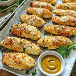 Für die knusprigen Hähnchenstreifen benötigst du frische und hochwertige Zutaten. Hier sind die Hauptbestandteile: - 450 g Hähnchenfilets - 240 ml Buttermilch Diese Zutaten bilden die Basis für den zarten und saftigen Kern deiner Hähnchenstreifen. Die Gewürze und die Panade verleihen deinem Gericht den besonderen Kick. Du brauchst: - 1 Teelöffel Knoblauchpulver - 1 Teelöffel Zwiebelpulver - 1 Teelöffel Paprikapulver - 1 Teelöffel schwarzer Pfeffer - 1 Teelöffel Salz - 120 g Weizenmehl - 120 g Semmelbrösel (Panko für extra Knusprigkeit) - 2 Esslöffel geriebener Parmesan - Olivenölspray Diese Gewürze sorgen für einen tollen Geschmack und die Panade macht die Hähnchenstreifen schön knusprig. Du kannst die Hähnchenstreifen auch mit verschiedenen Zutaten anpassen. Probiere diese Alternativen: - Nutze Joghurt anstelle von Buttermilch für eine andere Textur. - Ersetze Weizenmehl durch Mandelmehl für eine glutenfreie Option. - Verwende verschiedene Gewürze wie Cajun oder italienische Kräuter für neue Geschmäcker. Diese Anpassungen helfen dir, deine Hähnchenstreifen immer wieder neu zu gestalten. Für die vollständige Rezeptanleitung schau dir den [Full Recipe] an. Um deine Hähnchenstreifen perfekt zu marinieren, beginne mit der Buttermilch. Diese macht das Fleisch zart. Mische in einer großen Schüssel die Buttermilch mit Knoblauchpulver, Zwiebelpulver, Paprikapulver, schwarzem Pfeffer und Salz. Rühre alles gut um. Jetzt kommen die Hähnchenfilets dazu. Stelle sicher, dass jedes Stück gut mit der Marinade bedeckt ist. Decke die Schüssel ab und stelle sie für mindestens 30 Minuten in den Kühlschrank. Du kannst das auch über Nacht machen, um noch mehr Geschmack zu bekommen. Jetzt kommt der spaßige Teil: das Panieren! Nimm die Hähnchenstreifen aus der Marinade. Lass die überschüssige Marinade abtropfen. Bereite zwei Schüsseln vor. In einer Schüssel mischst du das Mehl mit dem geriebenen Parmesan. In der anderen Schüssel liegen die Semmelbrösel bereit. Wälze jedes Hähnchenfilet zuerst in der Mehlmischung. Achte darauf, dass es gleichmäßig bedeckt ist. Dann tauche es in die Semmelbrösel. Drücke sanft, damit die Brösel gut haften. Lege die panierten Hähnchenstreifen auf ein Backblech. Heize deinen Ofen auf 220°C vor. Besprühe die panierten Hähnchenstreifen leicht mit Olivenöl. Das hilft ihnen, goldbraun zu werden. Jetzt backe die Hähnchenstreifen für 15-20 Minuten. Sie sind fertig, wenn sie durchgegart sind und eine schöne goldene Farbe haben. Für extra Knusprigkeit, kannst du sie in den letzten 2-3 Minuten unter den Grill stellen. Achte genau darauf, dass sie nicht verbrennen. Serviere die Hähnchenstreifen heiß mit deinen Lieblingsdip-Saucen. Wenn du die Schritte aus der Anleitung befolgst, wirst du perfekt knusprige Hähnchenstreifen erhalten. Um die perfekte Knusprigkeit zu erreichen, ist die Wahl der Panade wichtig. Ich empfehle, Panko-Semmelbrösel zu verwenden. Diese sind gröber und sorgen für einen tollen Crunch. Ein weiterer Trick ist das Besprühen der Hähnchenstreifen mit Olivenöl. Das hilft beim Bräunen und macht die Streifen knuspriger. Backe die Hähnchenstreifen bei 220 °C. Diese hohe Temperatur trägt ebenfalls zur Knusprigkeit bei. Wenn du magst, kannst du die letzten Minuten den Grill nutzen, um die Hähnchenstreifen extra kross zu machen. Achte darauf, dass sie nicht verbrennen. Die Hähnchenstreifen schmecken toll mit verschiedenen Dips. Honig-Senf, Ranch-Dressing und Barbecue-Sauce sind immer gute Optionen. Du kannst auch eine scharfe Salsa oder eine Joghurt-Dill-Sauce probieren. Als Beilage passen Pommes frites, ein frischer Salat oder Gemüse-Sticks perfekt. Diese Kombinationen bringen Abwechslung und machen das Essen spannender. Ein häufiger Fehler ist, die Hähnchenstreifen zu dicht auf das Blech zu legen. Lass genug Platz zwischen den Streifen, damit die heiße Luft zirkulieren kann. So wird jedes Stück gleichmäßig knusprig. Ein weiterer Fehler ist, die Marinierzeit zu kurz zu halten. Wenn du die Hähnchenfilets länger in der Buttermilch lässt, ziehen sie mehr Geschmack. Achte auch darauf, dass die Ofentür nicht zu oft geöffnet wird. So bleibt die Temperatur konstant. {{image_4}} Es gibt viele Möglichkeiten, den Geschmack deiner Hähnchenstreifen zu ändern. Du kannst verschiedene Gewürze hinzufügen, um neue Aromen zu entdecken. Probiere zum Beispiel: - Cayennepfeffer für einen scharfen Kick - Kümmel für einen erdigen Geschmack - Thymian oder Oregano für ein mediterranes Flair Diese Gewürze machen deine Hähnchenstreifen aufregender und einzigartig. Misch die Gewürze einfach in die Marinade oder die Panade. Wenn du eine glutenfreie oder keto-freundliche Option benötigst, gibt es viele Alternativen. Statt Weizenmehl kannst du Mandelmehl oder Kokosmehl verwenden. Für die Panade kannst du glutenfreie Semmelbrösel oder gemahlene Nüsse nutzen. Diese Alternativen bieten nicht nur eine glutenfreie Option, sondern auch viele gesunde Fette. So bleiben die Hähnchenstreifen knusprig und lecker, ohne die Kohlenhydrate zu erhöhen. Wenn du eine vegetarische oder vegane Alternative suchst, ersetze das Hähnchen durch Tofu oder Tempeh. Marinier die Stücke genau wie das Hähnchen, um den Geschmack zu verbessern. Für die Panade verwende die gleichen Zutaten, aber achte darauf, dass sie vegan sind. Eine weitere tolle Option sind Blumenkohl- oder Zucchinischeiben. Diese Gemüse sind lecker, wenn sie gut gewürzt und knusprig gebacken werden. So hast du viele schmackhafte Varianten für jeden Geschmack. Die Lagerung deiner Hähnchenstreifen ist wichtig. Lagere die Streifen in einem luftdichten Behälter. So bleiben sie frisch und saftig. Du kannst sie auch in Frischhaltefolie wickeln. Achte darauf, die Luft so gut wie möglich herauszudrücken. So vermeidest du Gefrierbrand. Wenn du die Hähnchenstreifen im Kühlschrank aufbewahrst, halten sie sich etwa drei bis vier Tage. Wenn du sie länger lagern möchtest, lege sie in den Gefrierschrank. Dort bleiben sie bis zu drei Monate frisch. Für den Gefrierschrank solltest du die Streifen in Portionen aufteilen. Das macht das Auftauen einfacher. Um die Hähnchenstreifen wieder aufzuwärmen, nutze den Ofen. Heize den Ofen auf 180°C vor. Lege die Streifen auf ein Backblech und backe sie für etwa 10 bis 15 Minuten. So bleiben sie knusprig. Du kannst auch eine Pfanne verwenden. Erhitze sie bei mittlerer Hitze für ein paar Minuten. Vermeide die Mikrowelle, da die Streifen dann weich werden. Du willst ja den perfekten Biss! Die Hähnchenstreifen sollten 15 bis 20 Minuten bei 220°C gebacken werden. Achte darauf, dass sie goldbraun und knusprig sind. Verwende ein Fleischthermometer, um sicherzustellen, dass die Innentemperatur 75°C erreicht. In den letzten Minuten kannst du sie unter den Grill legen, um die Knusprigkeit zu erhöhen. Ja, die Hähnchenstreifen können im Airfryer zubereitet werden. Heize den Airfryer auf 200°C vor. Lege die panierten Streifen in den Korb, sodass sie sich nicht überlappen. Backe sie für 10 bis 12 Minuten. Schüttle den Korb einmal während des Garens für eine gleichmäßige Bräunung. Du kannst die Marinade leicht abändern, um mehr Geschmack zu erhalten. Füge frische Kräuter wie Thymian oder Rosmarin hinzu. Eine Prise Cayennepfeffer sorgt für eine angenehme Schärfe. Für eine süßere Note kannst du Honig oder Ahornsirup einrühren. Experimentiere mit verschiedenen Gewürzen, um deinen eigenen Twist zu finden. Für das volle Rezept schau dir die Anleitung für knusprige Ofen-gebackene Hähnchenstreifen an! Zusammenfassend haben wir die besten Zutaten für Hähnchenstreifen besprochen. Ich habe dir gezeigt, welche Gewürze und Panade du benötigst. Wir haben auch Variationen für besondere Geschmäcker entdeckt. Wir haben die Schritte für die Zubereitung und Tipps für die perfekte Knusprigkeit behandelt. Denke an die Lagerung und das Aufwärmen der Hähnchenstreifen. Mit diesen Informationen kannst du köstliche Hähnchenstreifen zubereiten. Viel Spaß beim Kochen und Genießen!
