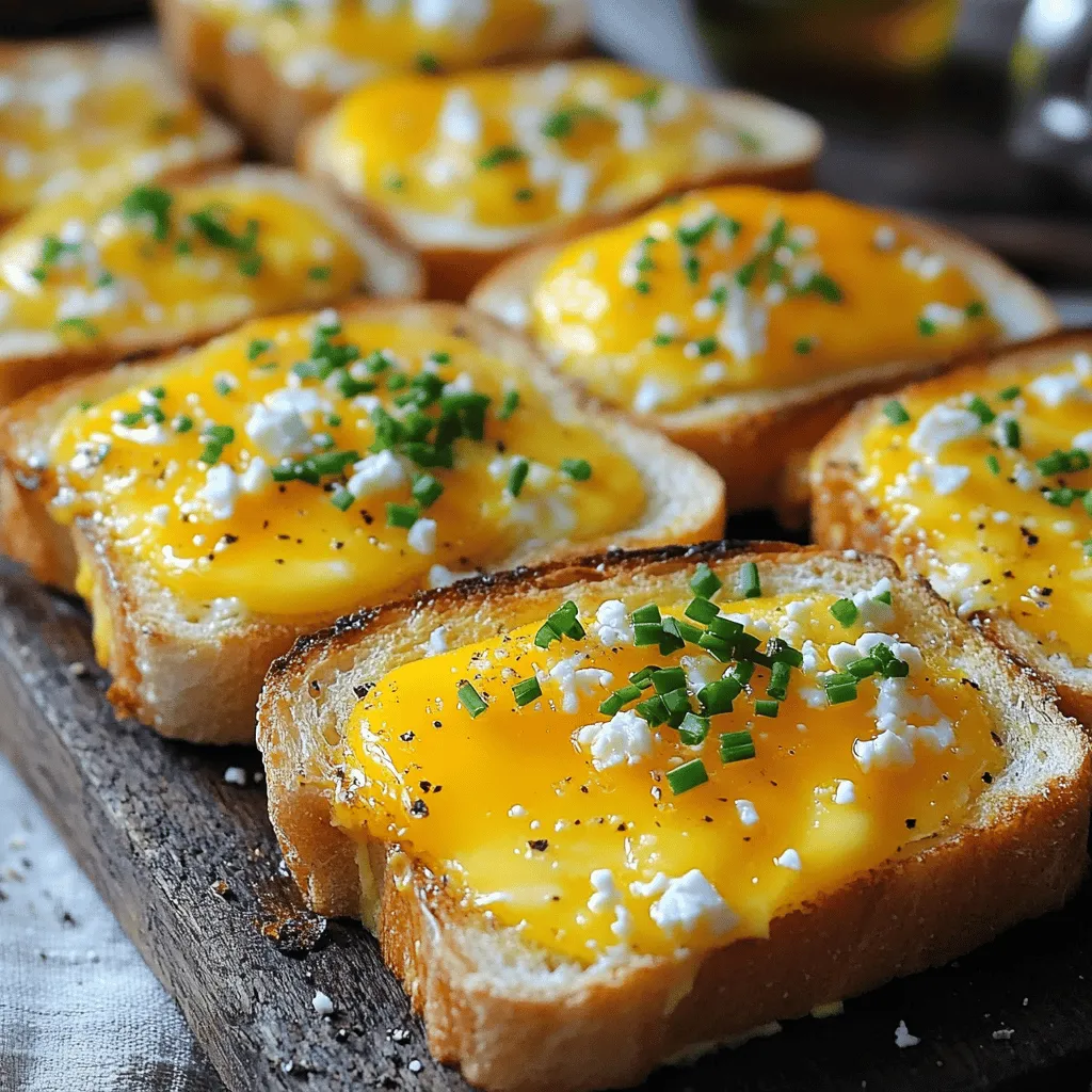- Dickes Sauerteigbrot - Große Eier - Geriebener Cheddar-Käse - Zerbröckelter Feta-Käse Die Hauptzutaten für das Käseüberbackene Ei-Toast sind sehr wichtig. Dickes Sauerteigbrot gibt dem Gericht eine tolle Textur. Große Eier sorgen für die perfekte Füllung. Geriebener Cheddar-Käse bringt viel Geschmack. Der zerbröckelte Feta-Käse fügt eine salzige Note hinzu. - Schlagsahne - Knoblauchpulver - Frische Kräuter Die Gewürze und Extras machen das Gericht einzigartig. Schlagsahne macht die Eier cremiger. Knoblauchpulver gibt einen würzigen Kick. Frische Kräuter, wie Schnittlauch, sorgen für frische Aromen. - Backblech - Schüssel und Schneebesen - Messer oder Ausstecher Für die Zubereitung brauchst du einige Küchengeräte. Ein Backblech ist wichtig, um die Toasts zu backen. Eine Schüssel und ein Schneebesen helfen, die Eier zu verquirlen. Ein Messer oder Ausstecher ist nötig, um Mulden in das Brot zu schneiden. Diese Geräte machen die Zubereitung einfach und schnell. Du kannst mit diesen Zutaten und Geräten ein köstliches Gericht zubereiten. Schau dir das [Full Recipe] an, um alle Schritte zu sehen! Heize deinen Ofen auf 190°C vor. Bereite ein Backblech mit Backpapier vor. Bestreiche eine Seite jeder Brotscheibe mit Olivenöl. Lege die Brotscheiben mit der geölten Seite nach unten auf das Blech. In einer Schüssel verquirle die Eier, die Schlagsahne und das Knoblauchpulver. Füge eine Prise Salz und Pfeffer hinzu. Mische alles gut. Schneide dann mit einem kleinen Messer oder Ausstecher vorsichtig eine Mulde in jede Brotscheibe. Achte darauf, nicht ganz durchzuschneiden. Verteile den geriebenen Cheddar gleichmäßig auf jede Brotscheibe. Fülle die Mulde großzügig mit der Eiermischung. Streue den zerbröckelten Feta über die Eier und füge bei Bedarf noch mehr Cheddar hinzu. Backe die Toasts im Ofen für 15-20 Minuten. Die Eier sollten stocken, aber leicht wackelig sein. Der Käse soll schmelzen und blubbern. Für das vollständige Rezept kannst du [Full Recipe] ansehen. Um wackelige Eier zu bekommen, backen Sie die Toasts bei der richtigen Temperatur. Der Ofen sollte auf 190°C vorgeheizt sein. So bleibt das Ei schön weich und cremig. Achten Sie darauf, die Eiermischung nicht zu hoch zu füllen. Lassen Sie etwas Platz, damit die Eier beim Backen aufgehen können. Um den Käseschmelz zu optimieren, verwenden Sie eine Mischung aus verschiedenen Käsesorten. Kombinieren Sie Cheddar mit Feta für den besten Geschmack. Streuen Sie den Käse großzügig über die Eier. So haben Sie eine leckere, goldene Kruste. Die Anrichtetechnik ist wichtig für die Präsentation. Servieren Sie die Toasts auf einem großen Holzbrett. Das sieht rustikal und einladend aus. Garnieren Sie die Toasts mit frischem, gehacktem Schnittlauch. Das bringt Farbe und Frische auf den Teller. Ein gemischter Salat als Beilage macht Ihr Gericht noch ansprechender. Wählen Sie verschiedene Blattsalate für mehr Farbe. Ein häufiger Fehler ist die Überfüllung der Mulden. Wenn Sie zu viel Eiermischung hineingießen, laufen sie über. Das sieht nicht nur unordentlich aus, sondern schmeckt auch nicht gut. Ein weiterer Fehler ist, den Ofen nicht rechtzeitig vorzuheizen. Wenn der Ofen nicht heiß genug ist, garen die Eier nicht richtig. Achten Sie darauf, den Ofen immer vor dem Backen auf die richtige Temperatur zu bringen. Probieren Sie dieses Käseüberbackene Ei-Toast Rezept für ein schnelles und leckeres Frühstück! Für die vollständige Anleitung, schauen Sie sich das Full Recipe an. {{image_4}} Käse ist ein wichtiger Teil von Käseüberbackenem Ei-Toast. Du kannst mit verschiedenen Käsesorten experimentieren. Wenn du keinen Cheddar oder Feta magst, probiere Mozzarella oder Gouda. Diese Käsesorten schmelzen gut und geben einen tollen Geschmack. Du kannst auch gewürzte Käsesorten verwenden. Zum Beispiel gibt es Käse mit Kräutern oder Paprika. Diese Käsesorten bringen zusätzliche Aromen in dein Gericht. Du kannst dein Käseüberbackenes Ei-Toast mit leckeren Toppings verfeinern. Frisches Gemüse ist eine großartige Option. Füge Spinat oder Pilze hinzu, um mehr Nährstoffe zu bekommen. Diese Zutaten bringen auch eine schöne Farbe auf den Teller. Wenn du es herzhaft magst, füge Speck oder Schinken hinzu. Diese Toppings geben deinem Gericht mehr Geschmack und machen es sättigender. Für Glutenfrei-Fans gibt es eine einfache Lösung. Verwende glutenfreies Brot. So kannst du das Rezept genießen, ohne auf den Geschmack zu verzichten. Wenn du vegan lebst, gibt es auch tolle Alternativen. Nutze vegane Käsealternativen und einen Eiersatz wie Tofu oder Kichererbsenmehl. Diese Optionen machen dein Gericht pflanzenbasiert und lecker. Mit diesen Variationen kannst du dein Käseüberbackenes Ei-Toast anpassen. Es bleibt spannend und du findest immer neue Geschmäcker. Wenn du mehr Ideen brauchst, sieh dir das Full Recipe an. Wenn Sie Käseüberbackenes Ei-Toast übrig haben, lagern Sie es im Kühlschrank. Wickeln Sie jeden Toast in Frischhaltefolie oder legen Sie ihn in einen luftdichten Behälter. So bleibt der Toast frisch für bis zu drei Tage. Wenn Sie eine längere Haltbarkeit wünschen, können Sie die Toasts auch einfrieren. Legen Sie sie in einen gefrierfesten Behälter oder wickeln Sie sie gut ein. Sie können sie bis zu drei Monate im Gefrierfach aufbewahren. Um den Toast wieder aufzuwärmen, nutzen Sie den Ofen oder die Mikrowelle. Für den Ofen heizen Sie ihn auf 180°C vor. Legen Sie den Toast auf ein Backblech und backen Sie ihn für etwa 10 Minuten. So bleibt der Käse schön schmelzend. In der Mikrowelle erwärmen Sie den Toast für 30 Sekunden bis 1 Minute. Achten Sie darauf, dass der Toast nicht zu trocken wird. Wenn nötig, fügen Sie einen Spritzer Wasser hinzu, um die Feuchtigkeit wiederherzustellen. Sie können die Zutaten im Voraus vorbereiten. Mischen Sie die Eier, Schlagsahne, Knoblauchpulver, Salz und Pfeffer in einer Schüssel. Lagern Sie diese Mischung im Kühlschrank für bis zu 24 Stunden. Auch das Brot können Sie bereits mit Olivenöl bestreichen. Für eine schnelle Frühstückslösung können Sie die Toasts auch ganz vorbereiten und später backen. So sparen Sie Zeit am Morgen. Die Zubereitung von Käseüberbackenem Ei-Toast dauert insgesamt etwa 30 Minuten. - Vorbereitungszeit: 10 Minuten. In dieser Zeit heizen Sie den Ofen vor und bereiten die Zutaten vor. - Kochzeit: 15-20 Minuten. Hier backen Sie die Toasts, bis die Eier fest sind. Ja, Sie können verschiedene Brotsorten verwenden. - Vollkornbrot: Für einen nussigen Geschmack. - Baguette: Für eine knusprige Textur. - Glutenfreies Brot: Wenn Sie glutenfrei essen müssen. Die Wahl des Brotes kann das gesamte Gericht verändern. Um den Geschmack zu verbessern, probieren Sie verschiedene Gewürze und Zutaten. - Paprika: Für eine süßliche Note. - Chili-Flocken: Für etwas Schärfe. - Frische Kräuter: Wie Basilikum oder Petersilie. Fühlen Sie sich frei, kreativ zu sein und verschiedene Aromen zu kombinieren. Du hast nun alles Wichtige über das Zubereiten von Käseüberbackenem Ei-Toast gelernt. Wir haben die Hauptzutaten und Gewürze betrachtet. Du weißt, welche Küchengeräte du brauchst und hast einen klaren, Schritt-für-Schritt-Plan. Tipps für die perfekte Konsistenz und leckere Variationen runden das Ganze ab. Denk daran, dass du auch Reste gut lagern kannst. Probiere verschiedene Käse und Toppings aus, um neue Geschmäcker zu entdecken. Bereite im Voraus vor und genieße ein schnelles, köstliches Frühstück!