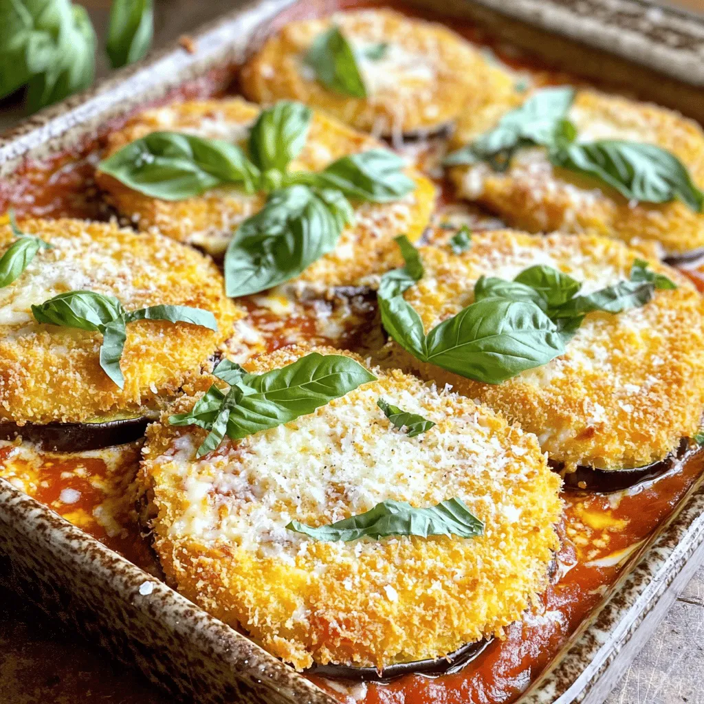 - 2 große Auberginen - Marinara-Sauce - Käsevariationen Die Hauptzutaten sind einfach und frisch. Auberginen sind das Herzstück. Sie geben dem Auflauf einen tollen Geschmack. Marinara-Sauce bringt die nötige Feuchtigkeit. Diese Sauce kann aus dem Glas oder selbst gemacht sein. Das ist eine gute Wahl, wenn du Zeit hast. Käsevariationen sind wichtig. Mozzarella und Parmesan sind die besten Optionen. Diese Käse schmelzen gut und geben einen tollen Geschmack. - Salz und Pfeffer - Oregano und Basilikum - Olivenöl Die Gewürze sind einfach, aber wichtig. Salz und Pfeffer bringen den Geschmack hervor. Oregano und Basilikum geben ein italienisches Aroma. Frische Kräuter sind am besten, wenn du sie bekommst. Olivenöl ist das beste Öl für diesen Auflauf. Es gibt den Auberginen ein schönes, leichtes Aroma. Außerdem hilft es, die Auberginen knusprig zu machen. - Semmelbrösel - Weizenmehl - Eier Zusätzliche Zutaten sind wichtig für die Textur. Semmelbrösel geben einen schönen Crunch. Verwende gewürzte Semmelbrösel, wenn du kannst. Weizenmehl hilft, die Auberginen zu panieren. Die Eier binden alles zusammen. Sie sorgen dafür, dass die Panade gut haftet. Diese Zutaten machen den Auflauf noch leckerer. Du kannst das vollständige Rezept für Auberginen-Parmesan-Auflauf für eine genaue Anleitung ansehen. Um den Auberginen-Parmesan-Auflauf perfekt zuzubereiten, müssen wir zuerst die Auberginen entsalzen. Schneide die Auberginen in 1/4-Zoll dicke Scheiben. Streue dann 1 Teelöffel Salz gleichmäßig über die Scheiben. Lass sie etwa 30 Minuten ruhen. Das Salz zieht die Feuchtigkeit heraus. Danach tupfe die Scheiben mit Küchenpapier trocken. Nun richten wir eine Panierstation ein. Nimm drei Schüsseln. Fülle die erste mit 1 Tasse Weizenmehl. In die zweite gibst du 3 verquirlte Eier. In die dritte kommt 2 Tassen gewürzte Semmelbrösel. Vergiss nicht, etwas schwarzen Pfeffer und getrockneten Oregano hinzuzufügen. Mische auch die Hälfte des geriebenen Parmesans hinein. Jetzt panieren wir die Auberginen. Nimm eine Scheibe und tauche sie zuerst ins Mehl. Klopfe überschüssiges Mehl ab. Danach tauche die Scheibe in die verquirlten Eier. Schließlich drücke sie in die Semmelbrösel-Mischung. Achte darauf, dass die Panade gut haftet. Lege die panierten Scheiben auf ein Backblech. Sprühe sie leicht mit Olivenölspray ein oder bestreiche sie mit Olivenöl. Backe die Auberginen 25 Minuten lang im Ofen. Wende sie zur Halbzeit, damit sie gleichmäßig goldbraun werden. Jetzt kommen wir zum Schichten. Beginne mit einer dünnen Schicht Marinara-Sauce auf dem Boden der Auflaufform. Lege die Hälfte der gebackenen Auberginen-Scheiben darauf. Bestreue sie mit einem Drittel des Mozzarellas und etwas Parmesan. Füge eine weitere Schicht Marinara-Sauce über den Käse hinzu. Lege die restlichen Auberginenscheiben darauf. Dann kommt noch eine Schicht Marinara, der restliche Mozzarella und der restliche Parmesan. Vergiss nicht, frisches Basilikum darüber zu streuen. Decke die Auflaufform mit Aluminiumfolie ab und backe sie 30 Minuten lang. Entferne dann die Folie und backe sie weitere 15 Minuten, bis der Käse blubbert und goldbraun ist. Lass den Auflauf nach dem Backen etwa 10 Minuten ruhen, bevor du ihn servierst. Auswahl und Vorbereitung Wählen Sie große, glänzende Auberginen. Sie sollten fest sein und keine Flecken haben. Schneiden Sie sie in 1/4-Zoll dicke Scheiben. Diese Dicke sorgt für die beste Textur. Streuen Sie 1 Teelöffel Salz über die Scheiben. Lassen Sie sie 30 Minuten ruhen. So entziehen Sie der Aubergine überschüssige Feuchtigkeit. Vermeidung von Bitterkeit Um Bitterkeit zu vermeiden, verwenden Sie frische Auberginen. Ältere Auberginen haben oft einen bitteren Geschmack. Das Salzen hilft auch, die Bitterstoffe zu reduzieren. Tupfen Sie die Scheiben nach 30 Minuten mit Küchenpapier trocken. So bleibt der Auflauf nicht wässrig. Variationen von Mozzarella und Parmesan Mozzarella ist der Hauptkäse in diesem Rezept. Er schmilzt gut und zieht schöne Fäden. Parmesan fügt einen würzigen Geschmack hinzu. Sie können auch eine Mischung aus verschiedenen Käsesorten verwenden. Das gibt dem Auflauf mehr Tiefe. Käse schmelzen und bräunen Für eine goldene Kruste backen Sie den Auflauf mit Folie. Nach 30 Minuten entfernen Sie die Folie. So kann der Käse bräunen. Ein gut gebräunter Käse macht den Auflauf noch leckerer. Rat für die Präsentation Servieren Sie den Auberginen-Parmesan-Auflauf direkt aus der Form. Garnieren Sie ihn mit frischem Basilikum. Das sieht hübsch aus und bringt frische Aromen. Beilagen, die gut dazu passen Ein einfacher grüner Salat passt perfekt dazu. Er bringt Frische und ergänzt die Aromen. Auch frisches Brot ist eine gute Wahl. Es hilft, die köstliche Sauce aufzutunken. {{image_4}} Für vegetarische und vegane Varianten gibt es viele Alternativen. Statt Käse kannst du pflanzliche Käseprodukte verwenden. Diese sind oft aus Nüssen oder Soja. Für die Eier kannst du eine Mischung aus Leinsamen und Wasser nutzen. Das bindet gut und gibt eine ähnliche Textur. Pflanzliche Saucen sind ebenfalls toll. Du kannst zum Beispiel eine Cashew-Sauce machen. Die ist cremig und lecker. Eine andere Option ist eine Tomatensauce mit frischen Kräutern. Sie gibt dem Gericht mehr Geschmack und ist ganz einfach zuzubereiten. Möchtest du mehr Protein? Du kannst Fleisch oder Fisch hinzufügen. Gegrilltes Hühnchen passt sehr gut. Einfach in kleine Stücke schneiden und zwischen die Auberginenschichten legen. Eine weitere gute Idee ist die Kombination mit Hülsenfrüchten. Kichererbsen oder Linsen bieten eine tolle Proteinquelle. Sie fügen auch eine angenehme Textur hinzu. Mische sie einfach mit der Marinara-Sauce oder füge sie zwischen die Schichten. Wenn du Gluten vermeiden musst, gibt es einfache Lösungen. Ersetze Weizenmehl durch Mandelmehl oder Reismehl. Diese sind glutenfrei und funktionieren gut in Rezepten. Für die Semmelbrösel kannst du glutenfreie Brösel verwenden. Diese sind in vielen Geschäften erhältlich. Du kannst auch deine eigenen aus glutenfreiem Brot machen. So passt der Auberginen-Parmesan-Auflauf zu vielen Diäten. Du kannst das Rezept anpassen und trotzdem köstliche Aromen genießen. Um Ihren Auberginen-Parmesan-Auflauf gut aufzubewahren, sollten Sie folgende Schritte beachten: - Kühlung und Verpackung: Lassen Sie den Auflauf zuerst auf Raumtemperatur abkühlen. Dann legen Sie ihn in einen luftdichten Behälter oder decken Sie ihn mit Frischhaltefolie ab. So bleibt er frisch. - Aufbewahrungszeiten: Im Kühlschrank bleibt der Auflauf bis zu fünf Tage gut. Wenn Sie ihn länger aufbewahren möchten, können Sie ihn einfrieren. Im Gefrierfach hält er bis zu drei Monate. Wenn es Zeit ist, den Auflauf wieder aufzuwärmen, gibt es zwei gute Methoden: - Mikrowelle vs. Ofen: Die Mikrowelle ist schnell, kann aber die Textur verändern. Der Ofen ist langsamer, bringt aber die besten Ergebnisse. Heizen Sie den Ofen auf 180°C vor. Legen Sie den Auflauf in eine Auflaufform und decken Sie ihn mit Folie ab. So bleibt er saftig. - Tipps für die Qualitätserhaltung: Achten Sie darauf, den Auflauf nicht zu lange zu erhitzen. Überprüfen Sie nach 20 Minuten, ob er heiß ist. So bleibt der Käse schön schmelzend und die Auberginen zart. Sie können Auberginen-Parmesan-Auflauf bis zu fünf Tage im Kühlschrank aufbewahren. Lagern Sie ihn in einem luftdichten Behälter. Achten Sie darauf, den Auflauf abzukühlen, bevor Sie ihn lagern. So bleibt der Geschmack frisch. Wenn Sie den Auflauf länger aufbewahren möchten, können Sie ihn einfrieren. Gefroren hält er bis zu drei Monate. Achten Sie darauf, ihn gut einzupacken, um Gefrierbrand zu vermeiden. Ja, Sie können diesen Auflauf im Voraus zubereiten. Bereiten Sie ihn bis zu dem Punkt vor, an dem er gebacken werden soll. Stellen Sie den Auflauf dann in den Kühlschrank. Er kann dort bis zu zwei Tage stehen. Wenn Sie bereit sind, ihn zu backen, nehmen Sie ihn aus dem Kühlschrank und backen Sie ihn wie gewohnt. Für das Einfrieren lassen Sie den Auflauf zuerst abkühlen. Wickeln Sie ihn gut ein und frieren Sie ihn ein. Zu Auberginen-Parmesan-Auflauf passen viele Beilagen. Ein einfacher grüner Salat ist eine tolle Wahl. Das bringt Frische und Leichtigkeit. Auch Knoblauchbrot oder ein Baguette ergänzen das Gericht gut. Wenn Sie etwas Warmes möchten, probieren Sie gedämpftes Gemüse. Für eine herzhaftere Mahlzeit können Sie auch Pasta servieren. Für das vollständige Rezept besuchen Sie die Rezeptbeschreibung. Dort finden Sie alle Details und Anweisungen, um diesen köstlichen Auflauf zu machen. Wir haben die wichtigsten Zutaten für einen Auberginen-Parmesan-Auflauf besprochen. Dazu zählen die Auberginen, Käse und verschiedene Gewürze. Du kennst jetzt die Schritte zur Zubereitung, vom Vorbereiten bis zum Backen. Zudem gab es Tipps für perfekte Auberginen und spannende Variationen für jedes Gericht. Es ist einfach, diesen Auflauf anzupassen. Egal, ob du ihn vegan oder glutenfrei machen möchtest, die Optionen sind vielfältig. Probiere verschiedene Kombinationen aus und finde deinen Favoriten. Wenn du Reste hast, weißt du, wie du sie richtig lagerst und aufwärmst. Guten Appetit!