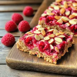 Die Hauptzutaten sind einfach und gesund. Sie bestehen aus: - 2 Tassen zarte Haferflocken - 1 Tasse Mandelmehl - ½ Tasse Honig oder Ahornsirup - ½ Tasse Mandelbutter - 1 Tasse frische Himbeeren - 1 Teelöffel Vanilleextrakt - ½ Teelöffel Backpulver - ¼ Teelöffel Salz - ¼ Tasse gehobelte Mandeln Diese Zutaten bringen Geschmack und Nährstoffe. Haferflocken geben Ballaststoffe und Energie. Mandelmehl sorgt für eine nussige Note. Honig oder Ahornsirup süßen die Riegel natürlich. Himbeeren fügen eine frische Säure hinzu, die perfekt zu den Nüssen passt. Es gibt viele Möglichkeiten, die Zutaten zu variieren. Zum Beispiel: - Kokosnussflocken statt Mandelmehl für einen tropischen Twist. - Erdnussbutter anstelle von Mandelbutter für einen kräftigeren Geschmack. - Datteln als natürliche Süße, die zusätzliche Ballaststoffe bietet. Diese Alternativen bringen verschiedene Aromen und Vorteile. Sie helfen dir, deinen persönlichen Geschmack zu treffen und die Riegel noch gesünder zu machen. Wenn du die besten Zutaten auswählst, achte auf Qualität. Kaufe frische Himbeeren, wenn sie in Saison sind. Sie schmecken besser und sind voller Nährstoffe. Wähle auch ungesüßte Mandelbutter. So vermeidest du unnötigen Zucker. Wenn du Honig verwendest, achte darauf, dass er rein und organisch ist. Zuletzt, achte auf das Haltbarkeitsdatum von Haferflocken und Mehl. Frische Zutaten machen den Unterschied für deinen Himbeer-Mandel-Hafer-Riegel. Für das vollständige Rezept kannst du den Abschnitt "Full Recipe" besuchen. Zuerst heize ich den Ofen auf 175°C (350°F) vor. Ich nehme eine 20x20 cm Backform und lege sie mit Backpapier aus. Das Papier sollte an den Rändern überstehen. So kann ich die Riegel später leicht herausnehmen. In einer großen Schüssel gebe ich die zarten Haferflocken, das Mandelmehl, das Backpulver und das Salz. Dann rühre ich alles gut um. Es ist wichtig, dass die trockenen Zutaten gleichmäßig vermischt sind. So schmecken die Riegel besser. In einer separaten Schüssel verquirle ich den Honig oder den Ahornsirup, die Mandelbutter und den Vanilleextrakt. Ich mache das, bis die Mischung glatt ist. Dann gieße ich die flüssigen Zutaten in die Schüssel mit den trockenen Zutaten. Mit einem Spatel vermenge ich alles gründlich. Schließlich falte ich vorsichtig die Himbeeren unter. Ich mache das nur bis sie leicht eingearbeitet sind. Ein häufiger Fehler ist, die Mischung nicht gut genug zu drücken. Wenn du es nicht machst, zerfallen die Riegel. Achte darauf, die Mischung fest in die Form zu drücken. So bleiben die Riegel stabil und lecker. Ein weiterer Fehler ist, die Backzeit nicht einzuhalten. Jeder Ofen ist anders. Schau also genau hin, wenn die Riegel im Ofen sind. Wenn die Ränder goldbraun sind, sind sie perfekt. Um die Mischung zusammenzuhalten, ist es wichtig, die richtige Menge Honig oder Ahornsirup zu verwenden. Diese Zutaten wirken als Kleber. Wenn du weniger nimmst, wird die Mischung bröckelig. Die Mandelbutter hilft auch, die Riegel zusammenzuhalten. Sie gibt Feuchtigkeit und Bindung. Vergiss nicht, die Himbeeren vorsichtig unterzuheben. Zu viel Rühren kann die Mischung aufweichen. Die Backzeit beträgt 25-30 Minuten. Dies ist wichtig, um die richtige Textur zu erreichen. Zu kurz gebacken, sind die Riegel weich und matschig. Zu lange gebacken, werden sie trocken und hart. Wenn du die Riegel nach 25 Minuten überprüfst, kannst du sicher gehen, dass sie gleichmäßig backen. Lass sie nach dem Backen etwas abkühlen. Dies hilft, die Riegel leichter zu schneiden. Für das vollständige Rezept, schaue dir die Anleitung an! {{image_4}} Möchten Sie Ihre Himbeer-Mandel-Hafer-Riegel aufpeppen? Fügen Sie Schokolade hinzu! Schmelzen Sie einfach etwas dunkle Schokolade und träufeln Sie sie über die Riegel, bevor Sie sie schneiden. Die Schokolade ergänzt die Säure der Himbeeren und die Nussigkeit der Mandeln. Ihr Snack wird so noch köstlicher und sieht auch toll aus. Ich empfehle, etwa 100 Gramm Schokolade zu verwenden. Haben Sie keine Mandelbutter? Keine Sorge! Soja- oder Erdnussbutter sind großartige Alternativen. Sie bieten einen ähnlichen Geschmack und eine cremige Textur. Beide Optionen sind auch reich an Proteinen. Wenn Sie Erdnussbutter verwenden, denken Sie daran, dass der Geschmack intensiver ist. So passt es gut zu den süßen Himbeeren. Sind Sie auf der Suche nach einer glutenfreien Version? Das ist einfach! Ersetzen Sie das Mandelmehl durch ein glutenfreies Mehl. Reismehl oder Kokosmehl sind gute Optionen. Achten Sie darauf, glutenfreie Haferflocken zu verwenden. Diese Riegel bleiben ebenso lecker und gesund. Sie bieten eine tolle Möglichkeit, glutenfrei zu genießen, ohne auf den Geschmack zu verzichten! Für das vollständige Rezept schauen Sie sich die [Full Recipe] an. Um die Himbeer-Mandel-Hafer-Riegel frisch zu halten, lege sie in einen luftdichten Behälter. Vermeide Feuchtigkeit, da sie die Riegel weich machen kann. Du kannst die Riegel auch in Wachspapier einwickeln, um den Geschmack zu bewahren. Stelle sicher, dass die Riegel vollständig abgekühlt sind, bevor du sie verpackst. So bleibt ihre Textur erhalten. Wenn du die Riegel richtig lagerst, bleiben sie bis zu einer Woche frisch. Bei Raumtemperatur sind sie am besten. Wenn du sie im Kühlschrank lagerst, halten sie bis zu zwei Wochen. Achte darauf, die Riegel gut zu verpacken, um Austrocknen zu vermeiden. Das Einfrieren ist eine tolle Methode, um die Riegel länger aufzubewahren. Schneide die Riegel in Portionen und lege sie in einen Gefrierbeutel. Entferne so viel Luft wie möglich, um Gefrierbrand zu vermeiden. Die Riegel bleiben bis zu drei Monate frisch im Gefrierfach. Du kannst sie einfach im Kühlschrank auftauen oder kurz in der Mikrowelle erwärmen, wenn du einen schnellen Snack möchtest. Um die Riegel süßer zu machen, können Sie mehr Honig oder Ahornsirup hinzufügen. Ein zusätzlicher Löffel kann den Unterschied machen. Sie können auch eine Prise Zucker oder Stevia verwenden, wenn Sie es mögen. Probieren Sie es aus und passen Sie die Süße nach Ihrem Geschmack an! Ja, Sie können gefrorene Himbeeren verwenden! Achten Sie darauf, sie vorher aufzutauen. Sie können die Himbeeren leicht abtropfen lassen, um überschüssige Flüssigkeit zu vermeiden. Dies hilft, die Textur Ihrer Riegel zu verbessern. Die gefrorenen Himbeeren bringen auch einen tollen Geschmack. Ja, die Riegel sind vegan, wenn Sie Ahornsirup anstelle von Honig verwenden. Mandelbutter und die anderen Zutaten sind pflanzlich. So können auch Veganer diese Leckereien genießen. Achten Sie darauf, dass alle Zutaten vegan sind, um sicherzugehen. Die vollständige Rezeptanleitung finden Sie weiter oben im Artikel. Dort sind alle Schritte für die Zubereitung der Himbeer-Mandel-Hafer-Riegel aufgeführt. Schauen Sie einfach nach, um sicher zu sein, dass Sie nichts verpassen! Diese Himbeer-Mandel-Hafer-Riegel sind einfach zuzubereiten und gesund. Wir haben die besten Zutaten besprochen und Tipps gegeben, um häufige Fehler zu vermeiden. Variationen mit Schokolade oder Alternativen wie Erdnussbutter bringen neuen Schwung. Die Lagerung der Riegel ist wichtig für ihre Frische und Haltbarkeit. Für noch mehr Spaß und Genuss kannst du kreativ werden. Experimentiere mit den Varianten oder der Süße. Mach die Riegel zu deinem eigenen Snack!