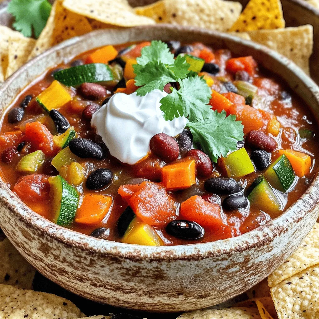 - 1 Dose schwarze Bohnen - 1 Dose Kidneybohnen - 1 Dose gewürfelte Tomaten - Gemüsenauswahl: Zwiebel, Paprika, Zucchini, Karotte Für ein gutes Chili sind frische und nahrhafte Zutaten wichtig. Die schwarzen und Kidneybohnen liefern viel Protein und Ballaststoffe. Die gewürfelten Tomaten bringen Frische und Geschmack. Die Zwiebel, Paprika, Zucchini und Karotte fügen Farbe und Vitamine hinzu. - Chilipulver und Kreuzkümmel - Geräuchertes Paprikapulver und Cayennepfeffer - Olivenöl, Salz und Pfeffer Die Gewürze machen das Chili besonders. Chilipulver und Kreuzkümmel geben Tiefe. Geräuchertes Paprikapulver sorgt für einen tollen Geschmack. Cayennepfeffer bringt die gewünschte Schärfe. Olivenöl ist ideal zum Anbraten der Zwiebeln und des Gemüses. Salz und Pfeffer runden das Ganze ab. - Frischer Koriander - Sauerrahm oder Joghurt - Geriebener Käse Toppings bringen das Chili auf die nächste Stufe. Frischer Koriander sorgt für einen frischen Geschmack. Sauerrahm oder Joghurt machen das Gericht cremig. Geriebener Käse warmt alles auf und gibt einen herzhaften Biss. Die Kombination dieser Zutaten macht das Veggie-Packed Chili zu einer kraftvollen und gesunden Mahlzeit. Hier ist das [Full Recipe], um dein eigenes Chili zuzubereiten! Beginne mit den Vorbereitungen. Du solltest die Zwiebel, den Knoblauch und das Gemüse schneiden. Schneide die Zwiebel in kleine Würfel. Hacke den Knoblauch fein. Würfle die Paprika, die Zucchini und die Karotte. Diese Schritte sind wichtig, um gleichmäßige Garzeiten zu gewährleisten. Spüle die Bohnen ab und lass sie gut abtropfen. Das macht das Chili leichter und besser verdaulich. Achte darauf, die Bohnen gründlich abzuspülen, um die Konservierungsstoffe zu entfernen. Jetzt geht's ans Kochen. Erhitze das Olivenöl in einem großen Topf bei mittlerer Hitze. Füge die gewürfelte Zwiebel hinzu und brate sie an. Nach etwa fünf Minuten wird sie glasig. Dann gib den gehackten Knoblauch und die Paprika dazu. Brate alles für drei Minuten weiter. Füge dann die gewürfelte Karotte und die Zucchini hinzu. Rühre gut um und lass das Gemüse etwa fünf Minuten weiter garen. Danach streue die Gewürze über das Gemüse. Das Chilipulver, Kreuzkümmel, geräuchertes Paprikapulver und Cayennepfeffer geben dem Chili seinen tollen Geschmack. Röstet die Gewürze für ein bis zwei Minuten an. Jetzt kommen die restlichen Zutaten ins Spiel. Gieße die gewürfelten Tomaten, die schwarzen Bohnen, die Kidneybohnen und die Gemüsebrühe in den Topf. Rühre gut um, damit alles gleichmäßig verteilt ist. Bringe die Mischung zum Kochen. Reduziere dann die Hitze und lass das Chili 20 bis 25 Minuten köcheln. Rühre dabei ab und zu um. So erreicht das Chili die perfekte Konsistenz. Schmecke das Chili ab und passe die Gewürze bei Bedarf an. Wenn alles fertig ist, lass das Chili kurz abkühlen. Serviere es in Schalen und genieße dieses leckere, gesunde Gericht. Für mehr Details schaue dir das [Full Recipe] an. Um die perfekte Konsistenz für dein Veggie-Packed Chili zu erreichen, musst du die Kochzeit anpassen. Wenn du ein dickes Chili magst, lass es länger kochen. Für eine dünnere Konsistenz, füge mehr Gemüsebrühe hinzu. Achte darauf, ab und zu umzurühren, damit es nicht anbrennt. Um den Geschmack zu verstärken, empfehle ich, die Gewürze anzurösten. Das geht ganz einfach: Füge die Gewürze nach dem Anbraten der Zwiebeln und des Gemüses hinzu. Lass sie ein bis zwei Minuten rösten, bevor du die Tomaten und Bohnen hinzufügst. Das bringt die Aromen richtig zur Geltung. Du kannst auch frische Kräuter wie Oregano oder Thymian hinzufügen, um mehr Tiefe zu erreichen. Das Anrichten ist wichtig für die Präsentation. Fülle das Chili in tiefe Schalen. Garniere es mit frischem Koriander, einem Klecks Sauerrahm oder Yoghurt und etwas geriebenem Käse. Das sieht nicht nur gut aus, sondern schmeckt auch fantastisch. Du kannst das Chili auch mit knusprigem Brot oder Tortilla-Chips servieren. So hast du die perfekte Kombination aus Geschmack und Textur. Für das vollständige Rezept, schau dir die [Full Recipe] an. {{image_4}} Für ein leckeres Veggie-Packed Chili kann man viele Gemüsearten nutzen. Ich empfehle, saisonales Gemüse zu verwenden. So bleibt das Gericht frisch und nahrhaft. Zum Beispiel passen Kürbis oder Paprika gut. Außerdem kann man Blattgemüse wie Spinat oder Grünkohl hinzufügen. Diese geben dem Chili mehr Nährstoffe und Farbe. Möchtest du deinem Chili mehr Protein hinzufügen? Tofu oder Tempeh sind tolle Optionen. Sie nehmen die Aromen gut auf und machen das Gericht sättigender. Für Fleischliebhaber ist Hackfleisch oder Hühnchen eine gute Wahl. Diese Fleischsorten geben dem Chili eine herzhaftere Note. Der Schärfegrad ist wichtig für den Geschmack. Du kannst Chilipulver und Cayennepfeffer nach Belieben variieren. Wenn du es milder magst, benutze weniger Cayennepfeffer. Für schärfere Geschmäcker kann man mehr hinzufügen. Alternativen wie geräucherte Paprika bieten eine andere Geschmacksrichtung. So findest du die perfekte Balance für dein Chili. Für das vollständige Rezept schau dir das [Full Recipe] an. Um dein Veggie-Packed Chili frisch zu halten, lagere es im Kühlschrank. Fülle das Chili in einen luftdichten Behälter. So bleibt es länger gut. Die Temperatur sollte bei 4 Grad Celsius oder kälter liegen. Achte darauf, dass das Chili gut abgekühlt ist, bevor du es in den Kühlschrank stellst. Das hilft, die Bildung von Bakterien zu verhindern. Du kannst dein Chili entweder in der Mikrowelle oder auf dem Herd wiedererwärmen. Die Mikrowelle ist schnell, aber die Herdwärme bringt den besten Geschmack zurück. Wenn du es auf dem Herd erwärmst, füge einen Schuss Gemüsebrühe oder Wasser hinzu. Das hilft, das Chili nicht zu trocken werden zu lassen. Rühre gut um und lasse es sanft köcheln, bis es heiß ist. Dein Chili bleibt im Kühlschrank etwa 3 bis 5 Tage frisch. Achte auf Anzeichen von Verderb. Wenn es einen seltsamen Geruch hat oder die Farbe sich ändert, wirf es weg. Bei längerer Lagerung kannst du das Chili auch einfrieren. In einem luftdichten Behälter hält es sich bis zu 3 Monate. So hast du immer eine schnelle, gesunde Mahlzeit zur Hand! Die Zubereitung des Veggie-Packed Chili dauert insgesamt 45 Minuten. Die Vorbereitungszeit beträgt 15 Minuten. Während dieser Zeit kannst du das Gemüse schneiden und die Zutaten bereitstellen. Die Kochzeit beträgt 30 Minuten. Du lässt das Chili köcheln, bis alles gut durchgezogen ist. Diese einfache Zeitplanung macht es leicht, das Gericht in deinen Tagesablauf zu integrieren. Ja, du kannst das Chili im Voraus zubereiten. Das hat viele Vorteile. Erstens, der Geschmack verbessert sich, wenn das Chili über Nacht im Kühlschrank ruht. Die Aromen verbinden sich besser. Außerdem sparst du Zeit, wenn du es am Tag des Servierens einfach aufwärmst. Es ist perfekt für Partys oder geschäftige Wochentage. Bereite einfach eine große Menge vor und genieße die Reste. Zu Veggie-Packed Chili passen viele Beilagen gut. Hier sind einige beliebte Optionen: - Knuspriges Brot - Tortilla-Chips - Reis oder Quinoa - Ein frischer grüner Salat - Guacamole oder Avocado-Scheiben Diese Beilagen ergänzen die Aromen und machen dein Essen noch köstlicher. Das Veggie-Packed Chili ist schon von Natur aus vegetarisch und kann leicht vegan gemacht werden. Vermeide einfach tierische Produkte, wie Käse oder Sauerrahm, als Topping. Du kannst auch verschiedene Gemüse hinzufügen, um den Geschmack zu variieren. Zum Beispiel, Spinat oder Kürbis sind gute Optionen. Probiere das Rezept aus und passe es nach deinem Geschmack an. Du kannst das [Full Recipe] für die genaue Anleitung verwenden. Gemüsereiches Chili ist einfach zuzubereiten und sehr nahrhaft. Ich habe die wichtigsten Zutaten, die Zubereitung und nützliche Tipps geteilt. Für die perfekte Konsistenz und den besten Geschmack können Sie die Gewürze anpassen. Vergessen Sie nicht, das Chili kreativ zu präsentieren! Egal, ob Sie es aufbewahren oder variieren wollen, die Möglichkeiten sind endlos. Experimentieren Sie und finden Sie Ihre perfekte Version. Gutes Essen macht Freude und schmeckt besser, wenn man es selbst macht!