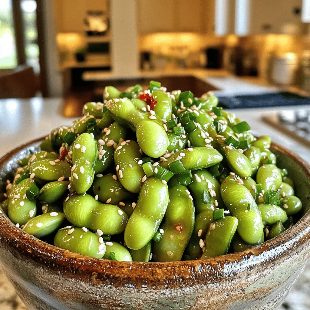 - 2 Tassen Edamame in Schoten (frisch oder gefroren) - 3 Esslöffel Olivenöl - 4 Knoblauchzehen, fein gehackt - 1 Teelöffel rote Pfefferflocken (nach Geschmack anpassen) - 2 Esslöffel Sojasauce - 1 Esslöffel Sesamöl - 1 Esslöffel Sesamsamen (zur Garnitur) - 2 Frühlingszwiebeln, fein gehackt (zur Garnitur) Um die würzigen Knoblauch-Edamame zu machen, brauche ich frische oder gefrorene Edamame. Diese kleinen Bohnen sind voller Nährstoffe und haben einen tollen Geschmack. Ich nehme immer gute Olivenöle, um den Geschmack zu heben. Der Knoblauch bringt einen starken und herzhaften Geschmack. Für den Kick benutze ich rote Pfefferflocken. Diese sind leicht scharf, aber ich kann die Menge anpassen. Sojasauce gibt Tiefe und Umami. Sesamöl fügt eine nussige Note hinzu. Ich schmücke die Edamame mit Sesamsamen und Frühlingszwiebeln. Das macht die Speise noch appetitlicher. Diese Zutaten sind einfach zu finden. Sie geben mir alles, was ich für ein schnelles und schmackhaftes Gericht brauche. Ich finde, dass die Kombination dieser Zutaten die Edamame zu einem beliebten Snack macht. Die Zubereitung ist einfach und schnell. Diese würzigen Knoblauch-Edamame passen perfekt als Vorspeise oder Snack. Schau dir das Rezept für mehr Details an. Um die Edamame perfekt zuzubereiten, starten Sie mit gefrorenen oder frischen Schoten. Wenn Sie gefrorene Edamame verwenden, kochen Sie sie gemäß den Anweisungen auf der Verpackung. Nach dem Kochen lassen Sie sie abtropfen und stellen sie beiseite. Bei frischen Edamame dämpfen Sie die Schoten für etwa 5-7 Minuten, bis sie zart sind. Achten Sie darauf, die Schoten nicht zu lange zu dämpfen, damit sie ihren knackigen Biss behalten. Jetzt wird es aromatisch! Erhitzen Sie in einer großen Pfanne 3 Esslöffel Olivenöl bei mittlerer Hitze. Sobald das Öl heiß ist, fügen Sie 4 fein gehackte Knoblauchzehen hinzu. Braten Sie den Knoblauch für etwa 1 Minute an, bis er duftet. Achten Sie darauf, dass er nicht bräunt, sonst wird er bitter. Nach dieser Zeit geben Sie 1 Teelöffel rote Pfefferflocken hinzu und braten alles für weitere 30 Sekunden. So wird das Öl schön würzig. Jetzt kommt der spannende Teil! Geben Sie die vorbereiteten Edamame in die Pfanne. Vermengen Sie sie gut mit dem Knoblauch-Öl-Gemisch. In einer kleinen Schüssel verrühren Sie 2 Esslöffel Sojasauce, 1 Esslöffel Sesamöl und 1 Esslöffel Reisessig. Gießen Sie die Sauce über die Edamame in der Pfanne und rühren Sie gut um. Lassen Sie alles für 2-3 Minuten köcheln, damit die Edamame die Aromen aufnehmen können. Schmecken Sie mit etwas Salz ab und nehmen Sie die Pfanne vom Herd. Füllen Sie die Edamame in eine Servierschüssel und garnieren Sie sie mit 1 Esslöffel Sesamsamen und 2 fein gehackten Frühlingszwiebeln. Für die vollständige Anleitung und weitere Tipps schauen Sie sich das [Full Recipe] an. Um die richtige Garzeit für Edamame zu finden, achte auf die Farbe. Frische Edamame sollten hellgrün sein und knackig wirken. Dämpfe sie etwa 5 bis 7 Minuten. Wenn du gefrorene Edamame nutzt, folge den Anweisungen auf der Verpackung. Achte darauf, sie nicht zu lange zu garen. Sie sollten zart, aber nicht matschig sein. Um den Geschmack deiner Würzigen Knoblauch-Edamame zu intensivieren, kannst du mit verschiedenen Gewürzen experimentieren. Ein Spritzer Limettensaft bringt Frische. Füge mehr rote Pfefferflocken hinzu für extra Schärfe. Du kannst auch etwas Ingwer einreiben, um eine interessante Note zu erzielen. Denke daran, die Sojasauce gut mit den Edamame zu vermengen, damit jeder Biss vollgepackt mit Geschmack ist. Für die Präsentation der Würzigen Knoblauch-Edamame empfehle ich, sie warm in einer schönen Schüssel zu servieren. Streue die Sesamsamen und die gehackten Frühlingszwiebeln großzügig darüber. Du kannst auch kleine Schalen mit Sojasauce neben der Schüssel anbieten. So können deine Gäste nach Belieben dippen. Das sieht nicht nur gut aus, sondern macht das Essen noch spannender! {{image_4}} Für eine vegane Variante können Sie die Sojasauce durch Tamari ersetzen. Tamari ist eine glutenfreie Sojasauce. Statt Olivenöl verwenden Sie Avocadoöl. Dieses hat einen milden Geschmack und passt gut zu den Edamame. Diese Optionen bieten den gleichen tollen Geschmack, ohne tierische Produkte. Möchten Sie es schärfer? Fügen Sie mehr rote Pfefferflocken hinzu. Sie können auch frische Chilis oder scharfe Saucen wie Sriracha verwenden. Achten Sie darauf, die Schärfe langsam zu steigern. So vermeiden Sie, dass der Geschmack überlagert wird. Ein kleiner Spritzer Limettensaft kann die Schärfe wunderbar ausbalancieren. Edamame passen gut zu vielen anderen Gerichten. Servieren Sie sie mit Sushi oder Reisgerichten. Sie sind auch eine tolle Beilage zu gegrilltem Gemüse oder Tofu. Für eine ausgewogene Mahlzeit kombinieren Sie Edamame mit einem frischen Salat. Diese Kombination sorgt für mehr Abwechslung auf Ihrem Teller. Für das vollständige Rezept schauen Sie sich die Anleitung zur Zubereitung von würzigen Knoblauch-Edamame an. Wenn Sie Edamame übrig haben, lagern Sie sie richtig. Lassen Sie die Edamame abkühlen und geben Sie sie in einen luftdichten Behälter. So bleiben sie frisch und lecker. Im Kühlschrank halten sie sich bis zu drei Tage. Wenn Sie die Edamame aufwärmen, verwenden Sie die Mikrowelle oder eine Pfanne. So schmecken sie fast wie frisch gekocht. Sie können Edamame auch einfrieren. Zuerst müssen Sie die Schoten blanchieren. Kochen Sie sie für zwei Minuten in heißem Wasser. Danach legen Sie sie in kaltes Wasser, um den Kochprozess zu stoppen. Lassen Sie sie abtropfen und packen Sie sie in Gefrierbeutel. Drücken Sie die Luft heraus, bevor Sie die Beutel verschließen. So bleiben sie bis zu sechs Monate frisch. Wenn Sie die Edamame verwenden möchten, tauen Sie sie einfach im Kühlschrank auf oder kochen Sie sie direkt aus dem Gefrierfach. Edamame bleiben frisch, wenn Sie sie richtig lagern. Im Kühlschrank halten sie sich drei Tage. Im Gefrierfach können sie bis zu sechs Monate aufbewahrt werden. Achten Sie darauf, die Edamame vor dem Verzehr gut zu prüfen. Wenn sie einen seltsamen Geruch oder Flecken haben, entsorgen Sie sie lieber. Frische Edamame sind die beste Wahl für Ihr Rezept. Wenn Sie nach der besten Zubereitung suchen, schauen Sie sich das [Full Recipe] an. Ja, gefrorene Edamame sind perfekt! Sie sind oft schon gekocht und einfach zu verwenden. Kochen Sie die gefrorenen Edamame einfach nach den Anweisungen auf der Verpackung. Dies spart Zeit und Aufwand. Frische Edamame können auch verwendet werden. Dämpfen Sie sie für 5-7 Minuten, bis sie zart sind. Beide Optionen schmecken lecker. Wenn Sie keine Edamame haben, probieren Sie andere Hülsenfrüchte. Grüne Erbsen sind eine gute Wahl. Sie haben einen ähnlichen Geschmack. Auch schwarze Bohnen oder Kichererbsen können passen. Diese Hülsenfrüchte bieten einen anderen, aber leckeren Biss. Achten Sie darauf, sie gut zu würzen, um den Geschmack zu verstärken. Es ist einfach, Knoblauch vorzubereiten. Zuerst die Schale entfernen. Dann drücken Sie die Zehe leicht mit einem Messer. Dadurch zerdrückt sie und lässt sich besser hacken. Schneiden Sie den Knoblauch in feine Stücke. So verteilt sich der Geschmack gleichmäßig in der Pfanne. Achten Sie darauf, dass der Knoblauch nicht zu braun wird. Zusammengefasst, wir haben die Hauptzutaten, die Zubereitung und praktische Tipps für würzige Knoblauch-Edamame besprochen. Die richtige Technik und die passenden Gewürze machen den Unterschied. Ob du eine vegane Variante suchst oder kreative Beilagen möchtest, du hast viele Optionen. Denke daran, wie du die Edamame lagerst, um die Frische zu halten. Probiere diese Ideen aus. Du wirst es lieben, deine eigenen köstlichen Edamame zuzubereiten. Viel Spaß beim Kochen!