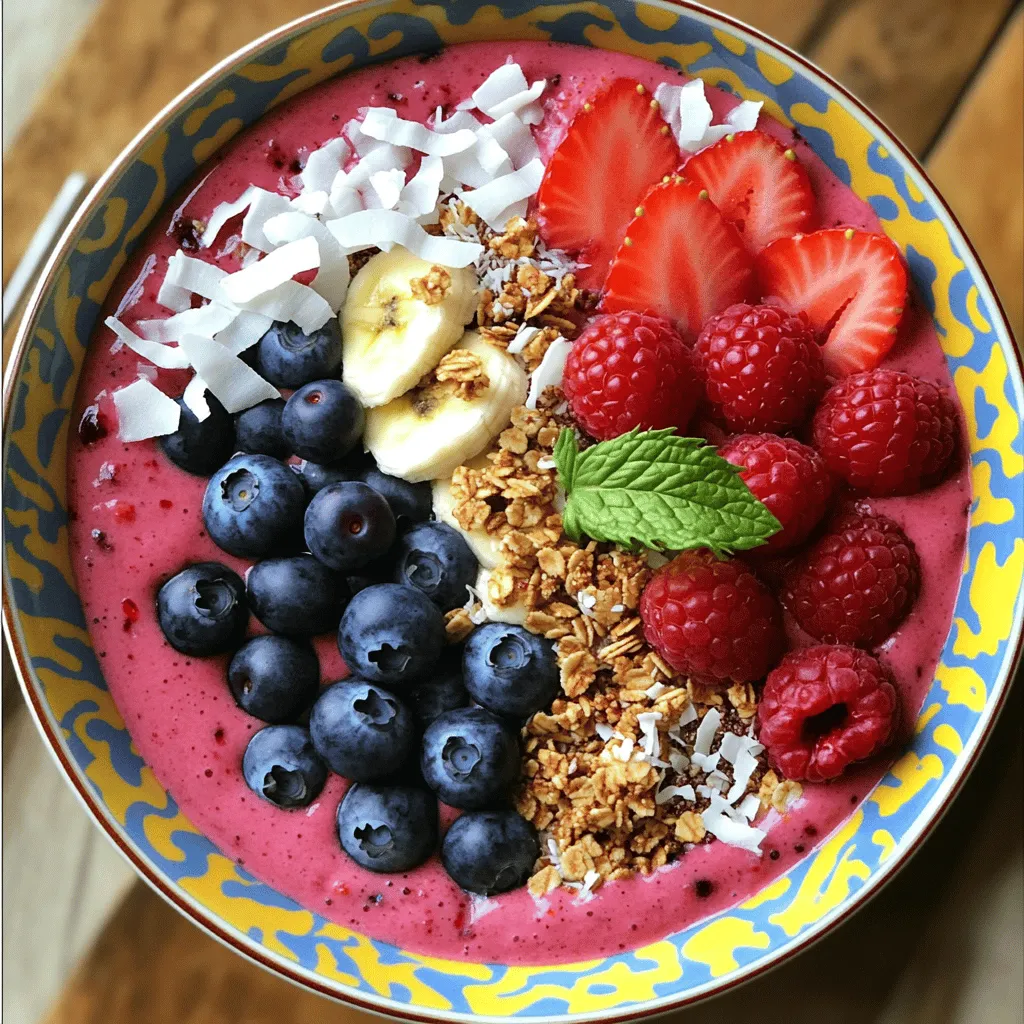 Für deine Berry Smoothie Bowl brauchst du drei wichtige Zutaten: - 1 Tasse gefrorene Waldbeerenmischung (Erdbeeren, Heidelbeeren, Himbeeren) - 1 Banane - 1 Tasse ungesüßte Mandelmilch (oder Milch nach Wahl) Diese Zutaten sind nicht nur gesund, sondern auch sehr lecker. Die gefrorenen Beeren geben einen fruchtigen Geschmack. Die Banane sorgt für eine cremige Textur und die Mandelmilch macht alles schön glatt. Um die Bowl noch besser zu machen, füge ein paar zusätzliche Zutaten hinzu: - 1 Esslöffel Chiasamen - 1 Esslöffel Honig oder Ahornsirup (optional) - 1/2 Teelöffel Vanilleextrakt Die Chiasamen sind voll von Nährstoffen. Sie bieten Ballaststoffe und Omega-3-Fettsäuren. Honig oder Ahornsirup gibt einen süßen Kick. Der Vanilleextrakt bringt einen tollen Duft in die Mischung. Das Beste an einer Smoothie Bowl ist die Dekoration. Hier sind einige Ideen für die Garnitur: - 1/2 Tasse Granola (deine Lieblingsmischung) - frische Beeren - Kokosflocken und Minzblätter Das Granola gibt einen schönen Crunch. Die frischen Beeren machen die Bowl bunt und appetitlich. Kokosflocken und Minzblätter sorgen für einen frischen Touch. Wenn du die genauen Mengen und Zubereitung sehen möchtest, schau dir das [Full Recipe] an. Zuerst musst du die Zutaten messen. Hier sind die Hauptzutaten für deine Smoothie Bowl: - 1 Tasse gefrorene Waldbeerenmischung (Erdbeeren, Heidelbeeren, Himbeeren) - 1 Banane - 1 Tasse ungesüßte Mandelmilch - 1 Esslöffel Chiasamen - 1 Esslöffel Honig oder Ahornsirup (optional) - 1/2 Teelöffel Vanilleextrakt Wenn du gefrorene Beeren verwendest, lass sie nicht zu lange auftauen. Sie sollten kühl und fest bleiben. Das gibt deiner Smoothie Bowl eine dicke, cremige Textur. Gib alle Zutaten in deinen Hochleistungsmixer. Mixe sie bei hoher Geschwindigkeit. Achte darauf, die Seiten des Mixers abzukratzen. So vermischt sich alles gut. Wenn die Mischung zu dick ist, füge mehr Mandelmilch hinzu. Mixe weiter, bis du die gewünschte Konsistenz erreichst. Die Mischung sollte glatt und cremig sein. Gieße die fertige Mischung in eine Schüssel. Um die Smoothie Bowl schön zu präsentieren, gieße die Mischung vorsichtig. Toppe die Bowl großzügig mit Granola. Das sorgt für einen tollen Crunch. Dekoriere sie mit frischen Beeren, Kokosflocken und Minzblättern. So sieht deine Schüssel nicht nur gut aus, sondern schmeckt auch frisch und lecker. Du kannst die Smoothie Bowl sofort genießen! Um eine cremige Konsistenz zu erreichen, beginne mit gefrorenen Beeren. Diese sorgen für einen kühlen und dicken Smoothie. Achte darauf, die Banane gut zu reifen. Sie gibt der Mischung Süße und eine bessere Textur. Vermeide Klumpen, indem du die Zutaten in der richtigen Reihenfolge in den Mixer gibst. Beginne mit der Flüssigkeit, gefolgt von den festen Zutaten. Mixe die Mischung mit hoher Geschwindigkeit. Kratze die Seiten des Mixers regelmäßig ab. So stellst du sicher, dass alles gut vermischt ist. Wenn die Mischung zu dick ist, füge etwas mehr Mandelmilch hinzu. Diese Smoothie Bowl ist sehr vielseitig. Du kannst sie mit vielen Geschmäckern kombinieren. Frische Früchte wie Bananen oder Mangos passen gut dazu. Auch Nüsse oder Samen bringen einen schönen Crunch. Nutze die Bowl als Snack oder Frühstück. Sie ist nahrhaft und gibt dir Energie. Die Kombination aus Obst und Granola macht sie zu einer perfekten Wahl für jeden Tag. Um den Nährwert deiner Smoothie Bowl zu erhöhen, füge gesunde Zusätze hinzu. Superfoods wie Chiasamen oder Leinsamen sind eine tolle Wahl. Sie bringen Ballaststoffe und Omega-3-Fettsäuren in die Mischung. Achte auch auf die Portionskontrolle. Eine Portion sollte nicht zu groß sein. Eine Schüssel reicht meist aus. So genießt du die Bowl und bleibst im Rahmen deiner Ernährung. {{image_4}} Du kannst deine Smoothie Bowl mit verschiedenen Früchten aufpeppen. Statt gefrorener Waldbeeren kannst du frische Erdbeeren oder Himbeeren verwenden. Du kannst auch exotische Früchte wie Mango oder Ananas hinzufügen. Diese Kombinationen bringen frische Aromen und Farben in deine Schüssel. Wenn du die Smoothie Bowl noch bunter möchtest, probiere tropische Früchte. Die Kombination aus Banane und Ananas passt perfekt zu den Beeren. So erhältst du einen leckeren, fruchtigen Geschmack, der den Tag erhellt. Für die Basis deiner Smoothie Bowl kannst du verschiedene pflanzliche Getränke nutzen. Mandelmilch ist eine gute Wahl, aber auch Hafermilch oder Kokosmilch sind toll. Diese Optionen sind leicht und geben deinem Smoothie eine cremige Textur. Wenn du eine vegane Option suchst, passe das Rezept einfach an. Du kannst Honig durch Agavendicksaft ersetzen. So bleibt die Bowl rein pflanzlich und lecker. Wenn du Allergien hast, kannst du leicht Anpassungen vornehmen. Um eine glutenfreie Version zu machen, achte darauf, dass dein Granola glutenfrei ist. So kannst du sicher genießen, ohne dir Sorgen zu machen. Für alle, die Nüsse meiden müssen, gibt es viele nussfreie Granola-Mischungen. Du kannst auch Samen oder getrocknete Früchte verwenden. Für Diabetiker gibt es spezielle Süßungsmittel, die weniger Zucker enthalten. So bleibt die Smoothie Bowl lecker und gesund. Wenn du Reste deiner Berry Smoothie Bowl hast, bewahre sie im Kühlschrank auf. Fülle die Mischung in einen luftdichten Behälter, um die Frische zu halten. Achte darauf, den Behälter gut zu verschließen. So bleibt der Geschmack länger erhalten. Du kannst die Smoothie Bowl bis zu zwei Tage im Kühlschrank aufbewahren. Um die Smoothie-Mischung für später zu nutzen, friere sie einfach ein. Gieße die Mischung in Eiswürfelformen oder einen Behälter. So hast du immer einen schnellen Snack. Wenn du einzelne Zutaten einfrieren möchtest, mache dies rechtzeitig. Gefrorene Bananen oder Beeren sind ideal. Sie geben der Mischung eine cremige Textur, wenn sie wieder gemixt werden. Achte auf die Haltbarkeit der einzelnen Zutaten. Gefrorene Beeren halten sich etwa sechs bis zwölf Monate. Frische Bananen sind etwa eine Woche haltbar. Achte darauf, sie bei Zimmertemperatur zu lagern. Verwende frische Zutaten so schnell wie möglich, um den besten Geschmack zu genießen. Wenn du die Smoothie Bowl zubereitest, achte darauf, sie innerhalb von zwei Tagen zu essen, wenn sie im Kühlschrank steht. Um deine Smoothie Bowl dickflüssiger zu machen, kannst du einige einfache Tipps befolgen. Füge mehr gefrorene Früchte hinzu, wie zum Beispiel eine zusätzliche Banane oder mehr Waldbeeren. Diese machen die Mischung cremiger. Du kannst auch die Menge an Mandelmilch reduzieren. Wenn du das Gefühl hast, dass die Mischung zu dünn ist, achte darauf, sie etwas länger zu mixen. Ja, du kannst andere Süßungsmittel verwenden. Anstelle von Honig oder Ahornsirup kannst du Agavendicksaft oder Datteln nehmen. Diese Optionen geben deiner Smoothie Bowl eine natürliche Süße. Wenn du es weniger süß magst, lasse die Süßungsmittel einfach weg. Die Früchte bringen bereits viel Geschmack mit. Die Smoothie Bowl ist sehr gesund. Die gefrorene Waldbeerenmischung liefert viele Vitamine und Antioxidantien. Die Banane gibt dir gute Energie und Ballaststoffe. Chiasamen sind reich an Omega-3-Fettsäuren und Protein. Mandelmilch ist eine tolle kalorienarme Option. Insgesamt bietet diese Bowl viele Nährstoffe für einen gesunden Start in den Tag. Das Rezept ergibt 1 bis 2 Portionen. Für eine Person kannst du die gesamte Mischung verwenden. Wenn du mit Freunden teilst, kannst du die Bowl aufteilen. Wenn du mehr Portionen brauchst, verdopple einfach die Zutaten. So hast du genug für alle. Zusammenfassend haben wir alle Schritte beleuchtet, um eine leckere Smoothie Bowl zu machen. Wir schauten uns die Hauptzutaten wie gefrorene Waldbeeren, Banane und Mandelmilch an. Die richtigen Techniken beim Mixen sorgen für eine cremige Konsistenz. Außerdem gibt es viele Variationen, um deine Smoothie Bowl zu personalisieren. Denk daran, gesunde Zutaten zu verwenden und Portionen im Blick zu haben. Probiere verschiedene Toppings für mehr Geschmack. So wird deine Smoothie Bowl ein Hit!