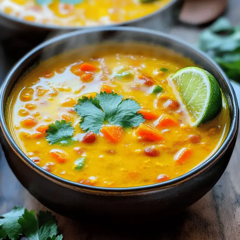 - 1 Tasse rote Linsen - 1 Dose (400 ml) Kokosmilch - 4 Tassen Gemüsebrühe Rote Linsen sind die Basis dieser Suppe. Sie kochen schnell und haben einen milden Geschmack. Kokosmilch bringt eine cremige Textur und einen süßen Geschmack. Gemüsebrühe gibt der Suppe Tiefe und Aroma. Diese drei Zutaten machen die Suppe nahrhaft und lecker. - 1 Esslöffel Currypulver - 1 Teelöffel Kurkuma - 1/2 Teelöffel Kreuzkümmel Gewürze sind das Herzstück dieser Suppe. Currypulver bringt den typischen Curry-Geschmack. Kurkuma gibt eine schöne Farbe und hat gesunde Eigenschaften. Kreuzkümmel fügt ein warmes, erdiges Aroma hinzu. Diese Gewürze machen die Suppe zu einem echten Genuss. - 1 mittelgroße Zwiebel - 2 Zehen Knoblauch - 1 Esslöffel frischer Ingwer Zwiebel, Knoblauch und Ingwer sind die Aromastarter. Die Zwiebel gibt Süße und Tiefe. Knoblauch bringt eine kräftige Note. Frischer Ingwer fügt einen würzigen Kick hinzu. Gemeinsam schaffen sie eine großartige Basis für die Suppe. Verwende frische Zutaten für den besten Geschmack. Für das Full Recipe schau dir die vollständigen Zutaten und Zubereitungsschritte an. Zuerst spülst du die roten Linsen gut ab. Das hilft, Schmutz und Staub zu entfernen. Danach würfelst du das Gemüse. Nimm eine Zwiebel, eine Karotte und eine rote Paprika. Diese bringen Farbe und Geschmack in die Suppe. Bereite auch die Gewürze vor. Du brauchst Currypulver, Kurkuma und Kreuzkümmel. Diese Gewürze sind wichtig für den Curry-Geschmack. Jetzt erhitzt du das Olivenöl in einem großen Topf. Füge die gewürfelte Zwiebel hinzu und brate sie etwa fünf Minuten an. Sie sollte glasig werden. Dann gibst du Knoblauch und Ingwer dazu. Brate alles für eine weitere Minute an. Die Aromen sind jetzt toll! Mische die Gewürze darunter. Lass sie für eine Minute garen. Das intensiviert den Geschmack. Jetzt kommt das Gemüse. Füge die Karotte und die Paprika in den Topf. Brate sie drei bis vier Minuten, bis sie leicht weich sind. Danach gibst du die abgespülten Linsen, die Gemüsebrühe und die Kokosmilch hinzu. Rühre alles gut um und bringe die Mischung zum Kochen. Reduziere die Hitze und lasse die Suppe 20 bis 25 Minuten köcheln. Die Linsen sollten zart sein. Wenn sie bereit sind, füge den frischen Spinat hinzu. Rühre um, bis der Spinat zusammenfällt. Jetzt schmeckst du die Suppe mit Salz und Pfeffer ab. Zum Schluss gibst du einen Spritzer Limettensaft dazu. Serviere die Suppe heiß. Du kannst sie mit frischem Koriander garnieren. So wird das Gericht noch schöner. Das ist eine einfache und leckere Kokos-Curry-Linsen-Suppe. Für die genauen Mengen und Schritte schaue dir das Full Recipe an. Um den Geschmack deiner Kokos Curry Linsen Suppe zu verbessern, nutze frische Kräuter. Frischer Koriander passt perfekt und verleiht einen tollen Duft. Du kannst auch frische Minze oder Petersilie verwenden. Diese Kräuter bringen frische Aromen in die Suppe. Das Anpassen der Gewürze ist ebenfalls wichtig. Magst du es schärfer? Füge mehr Currypulver oder frischen Chili hinzu. Wenn du eine mildere Suppe möchtest, reduziere die Gewürze. Probiere verschiedene Kombinationen aus, um deinen perfekten Geschmack zu finden. Die richtige Kochzeit der Linsen ist entscheidend. Rote Linsen kochen schnell und werden in etwa 20 bis 25 Minuten weich. Achte darauf, sie nicht zu lange zu kochen. So bleibt die Suppe schön cremig und die Linsen behalten ihre Form. Tipps für die Verfeinerung der Suppe: Du kannst die Suppe pürieren, um eine glatte Textur zu erhalten. Füge etwas mehr Kokosmilch hinzu, um sie cremiger zu machen. Oder mische in die Suppe geröstetes Gemüse für mehr Biss. Das Anrichten der Suppe ist wichtig für den Genuss. Verwende tiefe Schalen und gib die Suppe schön hinein. Ein zusätzlicher Spritzer Limettensaft sorgt für Frische. Verwende Garnituren, um die Suppe ansprechend zu machen. Lege frische Korianderblätter oben drauf. Geröstete Kürbiskerne sind eine tolle Ergänzung für Textur und Farbe. So sieht deine Suppe nicht nur gut aus, sie schmeckt auch fantastisch. Wenn du mehr erfahren möchtest, schaue dir das [Full Recipe] an. {{image_4}} Du kannst die Kokos Curry Linsen Suppe ganz nach deinem Geschmack anpassen. Eine tolle Option ist, Hähnchen oder Tofu hinzuzufügen. Hähnchen bringt einen zarten Biss und einen herzhaften Geschmack. Tofu ist eine großartige Wahl für Vegetarier. Er saugt die Aromen der Suppe gut auf. Wenn du Fisch magst, kannst du auch Fisch als Option wählen. Zum Beispiel passt Lachs oder Kabeljau gut dazu. Füge den Fisch in den letzten Minuten des Kochens hinzu. So bleibt er zart und schmackhaft. Die Suppe ist auch flexibel, wenn es um Gemüse geht. Du kannst saisonale Gemüseoptionen verwenden, um frische Aromen einzubringen. Probier zum Beispiel Kürbis, Zucchini oder grüne Bohnen. Diese geben der Suppe einen neuen Twist und mehr Nährstoffe. Achte jedoch auf ungültige Zutaten oder Allergien. Wenn du allergisch auf bestimmte Gemüse reagierst, vermeide sie. Du kannst auch einfach dein Lieblingsgemüse verwenden. Das macht das Gericht noch persönlicher und schmackhafter. Die Gewürze machen diese Suppe besonders. Du kannst die Schärfe anpassen, je nach deinem Geschmack. Wenn du es scharf magst, füge mehr Currypulver oder frischen Chili hinzu. Für eine mildere Variante nimm einfach weniger Gewürze. Alternative Gewürzkombinationen sind ebenfalls möglich. Experimentiere mit Zutaten wie Zimt oder Koriander. Diese können der Suppe eine neue Dimension geben. Sei kreativ und finde deinen ganz eigenen Geschmack. Für das vollständige Rezept, schau dir die [Full Recipe] an. Um Reste der Kokos Curry Linsen Suppe richtig zu lagern, fülle sie in luftdichte Behälter. Achte darauf, dass die Suppe vollständig abgekühlt ist, bevor du sie in den Kühlschrank stellst. So bleibt sie frisch und lecker. Die Haltbarkeit im Kühlschrank beträgt etwa 3 bis 5 Tage. Überprüfe immer den Geruch und das Aussehen, bevor du sie isst. Das Einfrieren der Suppe ist eine gute Idee, wenn du viel übrig hast. Gieße die abgekühlte Suppe in gefrierfeste Behälter oder Tüten. Lass Platz, da sich die Suppe beim Gefrieren ausdehnt. Du kannst sie bis zu 3 Monate einfrieren. Zum Aufwärmen nimm die Suppe aus dem Gefrierfach und lasse sie im Kühlschrank über Nacht auftauen. Erhitze sie dann in einem Topf bei mittlerer Hitze oder in der Mikrowelle, bis sie heiß ist. Es gibt viele kreative Möglichkeiten, Reste der Suppe zu nutzen. Du kannst die Suppe als Sauce für Reis oder Quinoa verwenden. Eine andere Idee ist, sie als Basis für ein Currygericht zu nehmen. Ändere die Zubereitungen, indem du frisches Gemüse oder Proteine hinzufügst. So schaffst du neue Geschmäcker und vermeidest Lebensmittelverschwendung. Die Zubereitung der Kokos-Curry-Linsen-Suppe dauert etwa 40 Minuten. Die Vorbereitungszeit liegt bei 10 Minuten. Die Kochzeit beträgt 30 Minuten. Das ist schnell und einfach! Ja, die Suppe ist bereits vegetarisch. Für vegane Anpassungen ersetze einfach die Gemüsebrühe, falls sie nicht vegan ist. Achte darauf, frische Zutaten ohne tierische Produkte zu verwenden. So bleibt die Suppe rein pflanzlich. Zu dieser Suppe passen viele Beilagen gut. Probiere frisches Brot, Reis oder einen einfachen Salat. Diese Beilagen ergänzen die Aromen der Suppe perfekt. Du kannst auch nach einem Rezept für Naan-Brot suchen, das passt auch gut! Um die Suppe würziger zu machen, füge mehr Currypulver hinzu. Du kannst auch frische Chilis oder Chili-Pulver verwenden. Ein Spritzer scharfer Soße bringt ebenfalls mehr Schärfe. Teste die Geschmäcker, bis es dir gefällt. Linsen sind sehr gesund. Sie sind reich an Proteinen, Ballaststoffen und wichtigen Mineralien. Sie helfen, den Blutzucker zu stabilisieren. Linsen unterstützen auch die Verdauung und geben dir viel Energie. Ich empfehle, frische und biologische Zutaten zu verwenden. Du kannst die Linsen in vielen Geschäften finden. Achte beim Kauf von Kokosmilch auf Bio-Optionen. Frisches Gemüse bekommst du auf dem Wochenmarkt oder im Bioladen. Diese leckere Kokos-Curry-Linsen-Suppe vereint einfache Zutaten mit tollen Aromen. Du hast gelernt, wie man die Suppe zubereitet und welche Variationen möglich sind. Die richtigen Tipps verbessern den Geschmack und die Konsistenz. Denke daran, Reste kreativ zu nutzen und die Suppe nach Wunsch anzupassen. Mit diesen Ideen wird jedes Mal eine neue Gaumenfreude. Viel Freude beim Kochen und Genießen deiner leckeren Suppe!