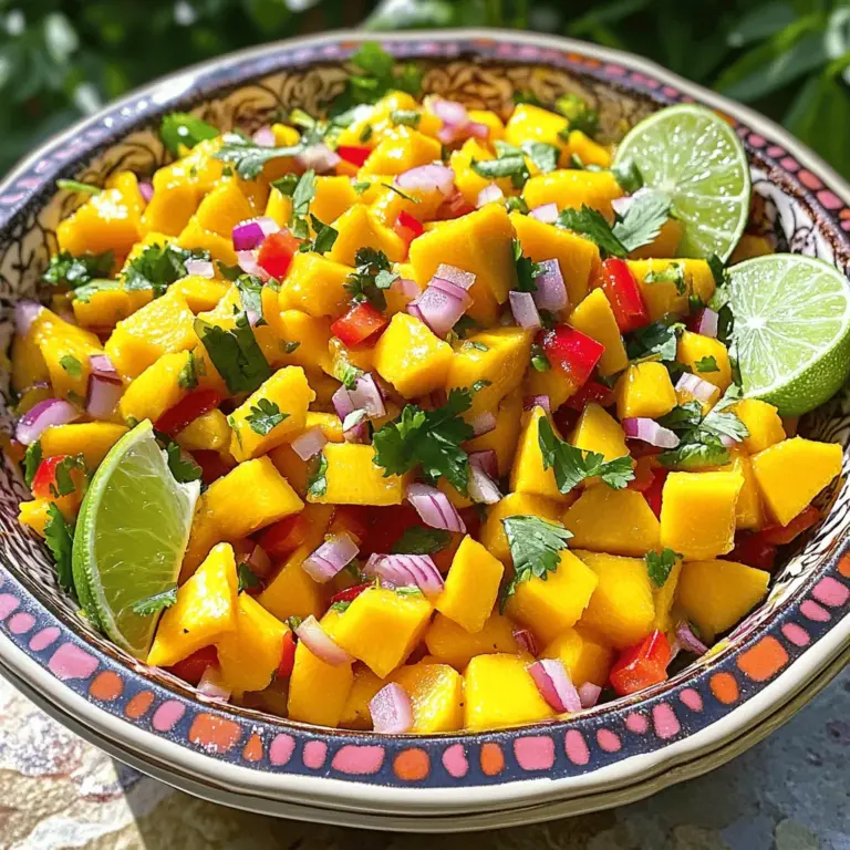 - 2 reife Mangos, gewürfelt - 1 mittelgroße rote Zwiebel, fein gehackt - 1 rote Paprika, fein gewürfelt - 1 Jalapeño, entkernt und fein gehackt - 1/4 Tasse frischer Koriander, gehackt - Saft von 2 Limetten - 1 Esslöffel Olivenöl - Salz nach Geschmack Die Zutaten für Mango Salsa sind einfach und frisch. Beginne mit reifen Mangos, die süß und saftig sind. Wähle eine rote Zwiebel für einen sanften Geschmack. Die rote Paprika bringt Farbe und Knackigkeit. Die Jalapeño gibt der Salsa eine leichte Schärfe. Du kannst die Menge anpassen, wenn du es milder magst. Der Koriander sorgt für einen frischen, aromatischen Touch. Limettensaft bringt einen spritzigen Geschmack. Das Olivenöl rundet die Aromen ab, während Salz den Geschmack verstärkt. Für das vollständige Rezept, schau dir die Mango Fiesta Salsa an. Die Kombination dieser Zutaten ergibt eine köstliche, frische Salsa, die perfekt für jeden Anlass ist. - Beginnen Sie mit dem Schälen der Mangos. Nehmen Sie eine reife Mango, schneiden Sie sie auf und entfernen Sie die Schale. - Würfeln Sie die Mango in kleine Stücke. Geben Sie die Mangowürfel in eine große Schüssel. - Hacken Sie die rote Zwiebel in feine Stücke. Fügen Sie die Zwiebel zur Schüssel hinzu. - Schneiden Sie die rote Paprika in kleine Würfel. Geben Sie die Paprika ebenfalls in die Schüssel. - Nehmen Sie die Jalapeño. Entfernen Sie die Kerne, um die Schärfe zu reduzieren. Hacken Sie die Jalapeño fein und fügen Sie sie zur Mischung hinzu. - Kombinieren Sie die Mangowürfel mit den anderen Zutaten in der Schüssel. Rühren Sie vorsichtig um, um alles gut zu vermengen. - Fügen Sie den gehackten Koriander hinzu. Der Koriander bringt einen frischen Geschmack in die Salsa. - Pressen Sie den Saft der zwei Limetten über die Mischung. Dies sorgt für eine spritzige Note. - Beträufeln Sie die Salsa mit einem Esslöffel Olivenöl. Das Öl gibt der Salsa eine schöne Textur. - Mischen Sie die Salsa vorsichtig mit einem Holzlöffel. Achten Sie darauf, die Mangowürfel nicht zu zerdrücken. - Kosten Sie die Salsa und passen Sie den Geschmack an. Fügen Sie nach Bedarf mehr Salz oder Limettensaft hinzu. - Servieren Sie die Mango-Salsa in einer dekorativen Schüssel oder auf einer Platte. Genießen Sie sie mit Tortilla-Chips oder als Beilage zu Ihren Lieblingsgerichten. Für das vollständige Rezept schauen Sie sich die Details in der [Full Recipe] an. Reifezeichen erkennen Eine reife Mango hat eine schöne, goldene Farbe. Drücke leicht auf die Mango. Wenn sie weich ist, ist sie reif. Der Duft ist auch wichtig. Riecht sie süß, dann ist sie bereit zum Essen. Vermeide grüne oder sehr harte Mangos. Diese sind oft noch nicht reif. Lagerungstipps für Mangos Bewahre reife Mangos bei Raumtemperatur auf. So bleiben sie frisch. Wenn sie bereits reif sind, lege sie in den Kühlschrank. Das stoppt den Reifeprozess. Mangos sollten nie zu lange lagern, sonst werden sie matschig. Spicy Mango Salsa mit extra Jalapeño Wenn du es scharf magst, füge mehr Jalapeño hinzu. Du kannst auch die Kerne drin lassen. Das gibt extra Schärfe. Verwende frische Limetten für einen spritzigen Geschmack. Die Kombination sorgt für ein echtes Geschmackserlebnis. Tropische Variante mit Ananas oder Avocado Für eine tropische Note, füge gewürfelte Ananas hinzu. Das macht die Salsa süßer. Avocado bringt Cremigkeit. Diese Zutaten passen gut zur Mango. Sie machen die Salsa noch interessanter und leckerer. {{image_4}} Mango Salsa passt gut zu vielen Gerichten. Eine der besten Möglichkeiten ist, sie mit Tortilla-Chips zu servieren. Die Süße der Mango und der Crunch der Chips sind einfach perfekt. Sie können Mango Salsa auch als Beilage zu Tacos oder Grillgerichten genießen. Die frischen Aromen bringen jedes Gericht zum Leuchten. Probieren Sie es mit gegrilltem Hähnchen oder Fisch. Die Präsentation ist wichtig. Servieren Sie die Salsa in einer schönen Schüssel. Legen Sie einige Tortilla-Chips ringsherum. Das sieht toll aus und lädt zum Dippen ein. Garnieren Sie die Salsa mit Limettenscheiben und frischem Koriander. Diese Farben machen das Gericht noch einladender. Für die beste Ausstrahlung verwenden Sie eine große Schüssel. Fügen Sie etwas Koriander oben drauf. So sieht alles frisch und lecker aus. Für das Rezept sehen Sie sich die [Full Recipe] an. Um die Mango Salsa frisch zu halten, bewahre sie im Kühlschrank auf. Fülle die Salsa in einen luftdichten Behälter. So bleibt sie länger frisch. Die Salsa hält sich etwa 3 bis 5 Tage im Kühlschrank. Achte darauf, dass die Salsa gut abgedeckt ist. Das verhindert, dass sie austrocknet oder Gerüche aufnimmt. Du kannst übrig gebliebene Salsa vielseitig verwenden. Gib sie auf gegrilltes Hühnchen oder Fisch. Mische sie in einen Salat für extra Geschmack. Du kannst sie auch als Dip für Gemüse oder Chips nutzen. Um die Salsa frisch zu halten, lege sie nach dem Öffnen schnell zurück in den Kühlschrank. Du kannst auch die Zutaten anpassen. Füge mehr Limettensaft hinzu, um die Frische zu betonen. So bleibt die Salsa lecker und einladend. Wenn du mehr über die Zubereitung erfahren möchtest, schau dir das [Full Recipe] an! Mango Salsa hält sich gut im Kühlschrank. Du kannst sie bis zu drei Tage aufbewahren. Achte darauf, sie in einem luftdichten Behälter zu lagern. So bleibt sie frisch und lecker. Wenn du die Salsa länger aufbewahren willst, friere sie ein. Das geht auch gut! Ja, du kannst Mango Salsa scharf machen! Füge einfach mehr Jalapeño hinzu. Wenn du es noch schärfer magst, probiere Chiliflocken oder frische Chilis aus. Du kannst auch etwas Cayennepfeffer einstreuen. Beginne mit einer kleinen Menge und taste dich langsam voran. So findest du die perfekte Schärfe für deinen Geschmack. Mango Salsa passt zu vielen Gerichten. Serviere sie mit Tortilla-Chips als Snack. Sie ist auch toll zu Tacos oder gegrilltem Fleisch. Du kannst sie sogar auf Fisch oder Hühnchen geben. Die frische der Salsa hebt den Geschmack jedes Gerichts. Experimentiere mit verschiedenen Kombinationen! Mango Salsa ist sehr gesund. Sie enthält frisches Obst und Gemüse. Mangos sind reich an Vitaminen und Antioxidantien. Sie fördern die Gesundheit der Augen und das Immunsystem. Zwiebeln und Paprika sind ebenfalls nährstoffreich. Diese Salsa ist eine leckere Art, gesund zu essen. Sie ist kalorienarm und voller Geschmack. Mango Salsa ist einfach zuzubereiten und eignet sich toll für viele Gerichte. Wir haben die wichtigsten Zutaten, eine Schritt-für-Schritt-Anleitung und einige nützliche Tipps besprochen. Auch die Lagerung und Verwendung der Salsa waren Teil des Beitrags. Experimentiere mit verschiedenen Varianten, um deinen Geschmack zu treffen. Genieße die frische und den Geschmack dieser leckeren Salsa. So machst du jedes Gericht besser! Probiere es aus und teile die Freude mit anderen.