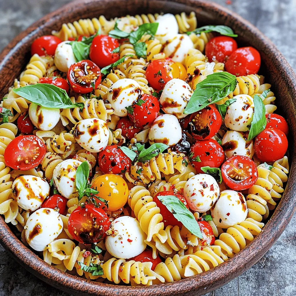 - 225 g Rotini-Pasta - 1 Tasse Kirschtomaten, halbiert - 1 Tasse frische Mozzarellabällchen, halbiert Die Hauptzutaten machen diesen Salat frisch und lecker. Die Rotini-Pasta ist perfekt, um die Soße gut zu halten. Kirschtomaten bringen Süße und Farbe. Mozzarella gibt einen tollen, cremigen Biss. Zusammen sind sie eine großartige Basis. - 3 Esslöffel natives Olivenöl extra - 2 Esslöffel Balsamico-Glasur - 1 Teelöffel Knoblauchpulver Diese Gewürze und Öle verleihen dem Salat Geschmack. Natives Olivenöl extra bringt Frische. Balsamico-Glasur sorgt für Süße und Säure. Knoblauchpulver fügt Tiefe hinzu. Diese Kombination macht jeden Bissen spannend. - Rote Pfefferflocken - Salz und Pfeffer nach Geschmack Optionale Zutaten bringen mehr Geschmack. Rote Pfefferflocken geben einen kleinen Kick. Salz und Pfeffer sind wichtig, um alles abzurunden. Du kannst sie nach deinem Geschmack hinzufügen. So wird der Salat ganz nach deinem Wunsch. Für die vollständige Anleitung kannst du das Rezept [Full Recipe] ansehen. Um die Rotini-Pasta zu kochen, bringe einen großen Topf mit Salzwasser zum Kochen. Füge die Pasta hinzu und koche sie al dente, etwa 8 bis 10 Minuten. Wenn die Pasta fertig ist, gieße sie ab und spüle sie unter kaltem Wasser ab. Das stoppt den Garprozess und hilft der Pasta, abzukühlen. In einer großen Schüssel vermenge die halbierten Kirschtomaten, die Mozzarellabällchen und die zerzupften Basilikumblätter. Diese Kombination bringt frische Aromen zusammen. Danach füge die abgekühlte Pasta hinzu und mische alles sanft. Für das Dressing vermische in einer kleinen Schüssel das Olivenöl und die Balsamico-Glasur. Du kannst auch das Knoblauchpulver, Salz und Pfeffer hinzufügen. Rühre alles gut um, bis es gut vermischt ist. Gieße das Dressing über den Salat und mische ihn gut durch. So verteilt sich das Dressing gleichmäßig. Decke den Salat ab und stelle ihn für mindestens 30 Minuten in den Kühlschrank. Dadurch entfalten sich die Aromen besser. Vor dem Servieren kannst du den Salat nochmals gut durchmischen. Für das gesamte Rezept, schau dir die [Full Recipe] an. - Al dente garen: Kochen Sie die Rotini-Pasta in reichlich Salzwasser. Achten Sie darauf, die Pasta al dente zu garen. Das bedeutet, sie bleibt innen leicht fest. So hält die Pasta ihre Form und Textur im Salat. - Richtig abkühlen lassen: Nach dem Kochen gießen Sie die Pasta ab und spülen sie mit kaltem Wasser. Das stoppt den Garprozess. Lassen Sie die Pasta dann gut abkühlen. So wird der Salat frisch und lecker. - Salat im Voraus zubereiten: Bereiten Sie den Salat einige Stunden vorher zu. So haben die Aromen Zeit, sich zu vermischen. Der Geschmack wird dadurch noch besser. - Kühlen für bessere Geschmackentfaltung: Decken Sie den Salat ab und stellen Sie ihn in den Kühlschrank. Kühlen Sie ihn mindestens 30 Minuten. So entfalten sich die Aromen optimal und der Salat schmeckt frisch und köstlich. - Garnierung mit frischem Basilikum: Servieren Sie den Salat mit einigen frischen Basilikumblättern oben drauf. Das sieht schön aus und schmeckt toll. - Balsamico-Glasur als Topping: Ein Hauch von Balsamico-Glasur gibt dem Salat das gewisse Extra. Träufeln Sie sie kurz vor dem Servieren darüber. So wird Ihr Caprese Pasta Salat besonders ansprechend und lecker. {{image_4}} Eine tolle Möglichkeit, Ihren Caprese Pasta Salat aufzupeppen, ist das Hinzufügen von Hühnchen oder Garnelen. Diese Proteine machen das Gericht sättigender. Sie können gegrilltes Hühnchen in Würfel schneiden und unterheben. Alternativ können Sie auch die Garnelen kurz anbraten und dann hinzufügen. Beide Optionen bringen mehr Geschmack und Nährstoffe in den Salat. Wenn Sie eine vegane Alternative suchen, probieren Sie Kichererbsen oder Tofu. Beides ist proteinreich und passt gut zu den anderen Zutaten. Kichererbsen geben einen tollen Biss, während Tofu leicht den Geschmack des Dressings annimmt. Um mehr Farbe und Geschmack zu erhalten, können Sie Paprika oder Zucchini verwenden. Schneiden Sie die Paprika in kleine Stücke und fügen Sie sie roh hinzu. Sie geben einen süßen Geschmack und einen schönen Crunch. Zucchini können Sie in dünne Scheiben schneiden oder raspeln. Diese Gemüsesorten sind frisch und gesund. Zusätzlich können Sie frische Kräuter wie Petersilie oder Minze hinzuzufügen. Diese Kräuter bringen einen neuen Geschmack und sind sehr aromatisch. Ein kleiner Spritzer Zitronensaft kann die Aromen noch intensiver machen. Neben dem klassischen Dressing können Sie auch ein Zitronen-Dressing oder Pesto ausprobieren. Ein Zitronen-Dressing bringt Frische in den Salat. Mischen Sie einfach Zitronensaft mit Olivenöl und etwas Honig. Pesto fügt einen reichhaltigen Geschmack hinzu und ist einfach zu machen. Joghurt-basierte Dressings sind eine weitere großartige Option. Sie sind cremig und leicht. Kombinieren Sie Joghurt mit Knoblauch, Salz und Pfeffer für einen leckeren, gesunden Dip. Diese Variationen machen den Salat spannend und abwechslungsreich. Für die vollständige Zubereitung schauen Sie sich das [Full Recipe] an. Um den Caprese Pasta Salat frisch zu halten, lege ihn in den Kühlschrank. Die optimale Haltbarkeit beträgt bis zu drei Tage. Achte darauf, den Salat in einem luftdichten Behälter aufzubewahren. So bleiben die Aromen stark und die Texturen knackig. Vor dem Servieren kannst du den Salat einfach durchmischen. Das bringt den Geschmack zurück. Wenn du den Salat länger aufbewahren möchtest, kannst du ihn einfrieren. Achte darauf, dass du den Salat in kleinen Portionen in einem gefriergeeigneten Behälter oder einem Beutel aufbewahrst. So kannst du nur entnehmen, was du brauchst. Um den Salat wieder herzustellen, tau ihn im Kühlschrank über Nacht auf. Danach kannst du ihn sanft durchmischen und nach Belieben nachwürzen. Dies hilft, die frischen Aromen wieder zu aktivieren. Sie können den Caprese Pasta Salad bis zu drei Tage im Kühlschrank aufbewahren. Lagern Sie ihn in einem luftdichten Behälter. So bleibt er frisch und lecker. Nach ein paar Tagen kann die Pasta jedoch weich werden. Achten Sie darauf, vor dem Servieren gut zu vermischen. Ja, die Zutaten sind sehr flexibel! Sie können verschiedene Pastasorten verwenden. Auch andere Käsesorten wie Feta sind möglich. Fügen Sie auch Gemüse hinzu, wie Paprika oder Rucola, um mehr Farbe zu erhalten. Seien Sie kreativ und passen Sie den Salat an Ihren Geschmack an. Der klassische Caprese Pasta Salad ist nicht vegan, da er Mozzarella enthält. Sie können jedoch vegane Käsealternativen verwenden. Auch das Weglassen des Käses ist eine Option. Der Salat bleibt trotzdem frisch und schmackhaft. Fügen Sie mehr frische Kräuter hinzu, um den Geschmack zu verstärken. Aus diesem Rezept erhalten Sie etwa vier Portionen. Wenn Sie mehr Gäste haben, können Sie die Zutaten einfach verdoppeln. Achten Sie darauf, die Mengen gut zu messen, um einen ausgewogenen Salat zu erhalten. Das ist eine großartige Option für Partys oder als Beilage. Dieser Blogpost erklärt, wie man einen leckeren Caprese-Pasta-Salat macht. Du hast gelernt, welche Zutaten du brauchst und wie du sie Schritt für Schritt kombinierst. Die Tipps helfen dir, die Aromen zu intensivieren und kreative Variationen auszuprobieren. Denke daran, deine Reste richtig zu lagern oder kreativ umzuwandeln. Egal, ob für ein Picknick oder ein einfaches Abendessen, dieser Salat bietet viele Möglichkeiten. Ich hoffe, du bist inspiriert, diesen frischen Salat bald selbst zuzubereiten!