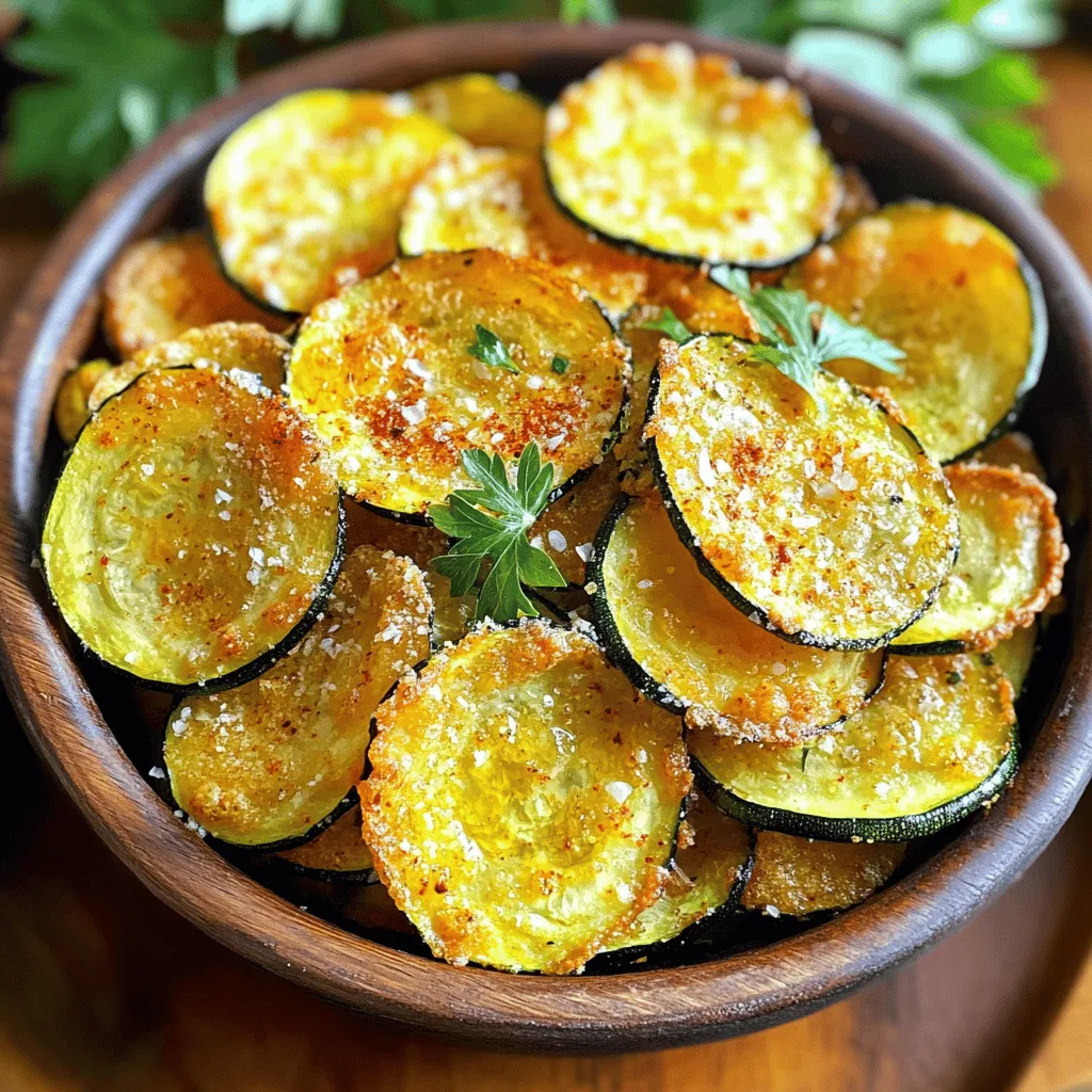 Für die Zucchini Chips benötigst du nur wenige Hauptzutaten. Diese sind: - 2 mittelgroße Zucchini, dünn geschnitten - 2 Esslöffel Olivenöl - 1 Teelöffel Knoblauchpulver - 1 Teelöffel Zwiebelpulver - 1 Teelöffel geräuchertes Paprikapulver - 1/2 Teelöffel Salz - 1/4 Teelöffel schwarzer Pfeffer Zucchini ist eine großartige Wahl. Sie hat wenig Kalorien und viele Nährstoffe. Das dünne Schneiden hilft, die Chips knusprig zu machen. Die Gewürze sind wichtig für den Geschmack. Das Olivenöl sorgt dafür, dass die Gewürze gut haften. Du kannst auch andere Öle verwenden, aber Olivenöl hat einen tollen Geschmack. Hier sind die Gewürze, die ich empfehle: - Knoblauchpulver verleiht eine herzhafte Note. - Zwiebelpulver gibt Tiefe und Aroma. - Geräuchertes Paprikapulver bringt einen rauchigen Geschmack. Diese Mischung macht die Zucchini Chips besonders lecker und spannend. Ein optionales Topping, das viele lieben, ist Parmesan. Du kannst 1/4 Tasse geriebenen Parmesan hinzufügen. Das gibt den Chips einen reichhaltigen Geschmack. Wenn du keinen Käse magst, kannst du ihn weglassen. Probiere auch andere Käsesorten oder Hefeflocken für einen veganen Twist. Die Auswahl der Zutaten ist entscheidend für den Geschmack. Du kannst mit verschiedenen Gewürzen und Toppings experimentieren, um deinen perfekten Snack zu finden. Wenn du die genauen Schritte zur Zubereitung sehen möchtest, schau dir [Full Recipe] an. Zuerst wasche die Zucchini gut. Ich benutze immer frische Zucchini für den besten Geschmack. Schneide die Zucchini dann in dünne Scheiben. Dünnere Scheiben werden knuspriger. Versuche, die Scheiben gleichmäßig zu schneiden, etwa 2–3 mm dick. So backen sie gleichmäßig. Lege die geschnittenen Zucchini auf ein Küchentuch, um überschüssige Feuchtigkeit zu entfernen. Dies hilft, die Chips knusprig zu machen. In einer großen Schüssel mische das Olivenöl mit den Gewürzen. Füge Knoblauchpulver, Zwiebelpulver, geräuchertes Paprikapulver, Salz und schwarzen Pfeffer hinzu. Rühre alles gut um, bis die Gewürze gleichmäßig verteilt sind. Diese Mischung bringt viel Geschmack. Wenn du Parmesan magst, kannst du ihn auch hier hinzufügen. Er macht die Chips noch leckerer. Heize den Ofen auf 225°F (110°C) vor. Lege zwei Backbleche mit Backpapier aus. Gib die Zucchinischeiben in die Schüssel mit der Gewürzmischung. Wende sie vorsichtig, bis sie gut bedeckt sind. Lege die Zucchini in einer einzigen Schicht auf die Backbleche. Achte darauf, dass sie sich nicht überlappen. Backe die Chips etwa 2 Stunden lang. Überprüfe sie regelmäßig, damit sie nicht anbrennen. Lass sie nach dem Backen 5–10 Minuten abkühlen. Sie werden beim Abkühlen noch knuspriger. Dann sind deine leckeren Zucchini Chips bereit zum Genießen! Um deine Zucchini Chips richtig knusprig zu machen, beachte folgende Tipps: - Dünn schneiden: Die Zucchini sollten sehr dünn geschnitten werden. Das hilft beim schnellen Garen und macht sie knusprig. - Salz verwenden: Bestreue die Zucchini mit etwas Salz und lasse sie 15 Minuten ruhen. Das entzieht der Zucchini Wasser und macht sie knuspriger. - Hohe Temperatur: Heize den Ofen gut vor. Eine Temperatur von 225°F (110°C) ist ideal für knusprige Chips. - Einzelne Schicht: Verteile die Zucchini auf dem Backblech in einer einzigen Schicht. Das sorgt für gleichmäßiges Backen. Ein paar Fehler können deine Chips weich machen. Achte darauf, diese zu vermeiden: - Zu dicke Scheiben: Dicke Zucchini-Scheiben brauchen länger und werden nicht knusprig. - Überlappende Chips: Wenn die Chips sich überlappen, backen sie nicht gleichmäßig. Halte Abstand zwischen den Scheiben. - Zu wenig Öl: Verwende genug Olivenöl. Es hilft, die Chips zu bräunen und knusprig zu machen. Zucchini Chips sind super vielseitig. Hier sind einige Ideen, wie du sie servieren kannst: - Mit Dips: Serviere die Chips mit einem Joghurt-Dip oder Hummus. Das gibt einen tollen Kontrast. - Frische Kräuter: Garniere die Chips mit frischen Kräutern wie Petersilie oder Basilikum für mehr Geschmack. - Snack-Brett: Lege die Chips auf ein rustikales Holzbrett. Kombiniere sie mit anderen Snacks wie Nüssen oder Käse. Für das vollständige Rezept und mehr Details, schau dir das [Full Recipe] an. {{image_4}} Um gesunde Zucchini Chips zu machen, kannst du das Olivenöl weglassen. Die Zucchini werden trotzdem knusprig. Einfach die Gewürze direkt auf die Scheiben streuen. Ein Spritzer Zitronensaft gibt einen tollen Geschmack. So bleiben die Chips leicht und frisch. Diese Variante ist vegan und kalorienarm. Du kannst die Gewürze nach deinem Geschmack ändern. Probiere zum Beispiel italienische Kräuter wie Oregano und Thymian. Oder füge etwas Cayennepfeffer für einen scharfen Kick hinzu. Parmesan ist auch nicht nötig, wenn du es würziger magst. Experimentiere mit verschiedenen Kombinationen und finde deine Lieblingsmischung. Füge andere Gemüsesorten hinzu, um Abwechslung zu schaffen. Karotten oder Süßkartoffeln sind gute Optionen. Schneide sie dünn, wie die Zucchini, und backe sie gleich. Du kannst auch Nüsse oder Samen für mehr Crunch hinzufügen. Diese Zutaten machen die Chips noch leckerer und gesünder. Für das vollständige Rezept, besuche die [Full Recipe]. Um die Zucchini Chips frisch zu halten, lege sie in einen luftdichten Behälter. Stelle sicher, dass die Chips vollständig abgekühlt sind, bevor du sie verpackst. So vermeidest du Feuchtigkeit, die die Chips weich macht. Wenn du einige Zeit brauchst, um sie zu essen, lege ein Papiertuch in den Behälter. Das hilft, die Feuchtigkeit zu absorbieren. Zucchini Chips sind am besten, wenn du sie frisch isst. Sie bleiben jedoch bis zu einer Woche in einem luftdichten Behälter frisch. Nach dieser Zeit können sie weich werden. Wenn du sie länger aufbewahren möchtest, kannst du sie auch einfrieren. Achte darauf, sie in einem gefrierfesten Beutel zu verpacken. So bleiben sie bis zu drei Monate haltbar. Um die Chips wieder knusprig zu machen, heize den Ofen auf 350°F (175°C) vor. Lege die Chips auf ein Backblech und backe sie für 5 bis 10 Minuten. Das macht sie wieder knusprig und lecker. Du kannst die Chips mit verschiedenen Dips servieren. Eine gute Wahl ist ein Joghurt-Dip oder eine scharfe Salsa. Es dauert etwa 2 Stunden, um Zucchini Chips zu machen. Die Vorbereitung dauert etwa 15 Minuten. Dann backen die Chips für ca. 2 Stunden im Ofen. Achten Sie darauf, den Ofen auf 225°F (110°C) vorzuheizen, bevor Sie die Zucchini hineinlegen. Ja, Sie können viele andere Gemüsesorten auf die gleiche Weise zubereiten. Karotten, Süßkartoffeln und Rote Beete sind großartige Alternativen. Schneiden Sie das Gemüse dünn, damit es knusprig wird. Die Backzeit kann je nach Gemüse variieren. Überprüfen Sie die Chips regelmäßig, um sicherzustellen, dass sie nicht anbrennen. Wenn Sie keinen Parmesan verwenden möchten, probieren Sie Nährhefe. Sie verleiht einen ähnlichen Geschmack und ist vegan. Auch andere Käsesorten wie Pecorino oder Cheddar können verwendet werden. Für eine milde Note können Sie auch einfach die Gewürze erhöhen. Zucchini Chips sind einfach und lecker. Wir haben die Hauptzutaten und Gewürze besprochen. Ich gab dir Tipps, um knusprige Chips zu machen und häufige Fehler zu vermeiden. Variationen und kreative Serviervorschläge stehen dir jetzt zur Verfügung. Außerdem weißt du, wie du die Chips aufbewahrst. Diese Snacks sind ein tolles gesundes Vergnügen. Probier es aus und genieß deine selbstgemachten Zucchini Chips!