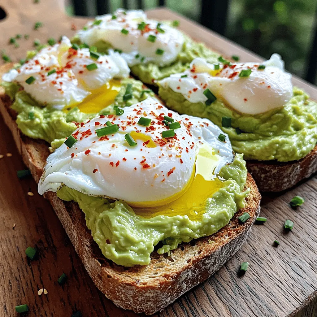 Für das perfekte Avocado Toast mit pochiertem Ei brauchst du: - 2 reife Avocados - 4 Scheiben Vollkornbrot - 4 große Eier Diese Zutaten bilden die Grundlage für ein leckeres und gesundes Frühstück. Reife Avocados sind wichtig. Sie geben deinem Toast eine cremige Textur und einen tollen Geschmack. Vollkornbrot sorgt für mehr Ballaststoffe und macht das Frühstück sättigender. Zusätzlich benötigst du: - 1 Esslöffel Zitronensaft - 1/2 Teelöffel Knoblauchpulver - Salz und Pfeffer nach Geschmack - Rote Pfefferflocken (zum Garnieren) - Frische Schnittlauch, gehackt (zum Garnieren) - Olivenöl (zum Beträufeln) Der Zitronensaft hilft, die Avocado frisch zu halten. Knoblauchpulver fügt einen feinen Geschmack hinzu. Die Gewürze und Garnierungen machen dein Gericht noch schmackhafter. Du möchtest etwas Abwechslung? Hier sind einige Ideen: - Verwende anderes Brot, wie Sauerteig oder Gluten-frei. - Tausche die Eier gegen Tofu für eine vegane Version. - Füge Feta-Käse oder Kirschtomaten hinzu, um mehr Geschmack zu bekommen. Mit diesen Alternativen kannst du dein Avocado Toast nach deinem Geschmack anpassen. So bleibt es immer spannend und lecker! Zuerst nehmen Sie vier Scheiben Vollkornbrot. Legen Sie sie in den Toaster. Toasten Sie das Brot, bis es goldbraun und knusprig ist. Dies dauert etwa 3-5 Minuten. Ein guter Toast gibt Ihrem Avocado-Toast die perfekte Basis. Wenn das Brot fertig ist, nehmen Sie es heraus und lassen Sie es kurz abkühlen. Jetzt kommen die Avocados ins Spiel. Halten Sie zwei reife Avocados bereit. Schneiden Sie sie in der Mitte durch und entfernen Sie die Kerne. Löffeln Sie das Fruchtfleisch in eine mittelgroße Schüssel. Fügen Sie einen Esslöffel Zitronensaft und einen halben Teelöffel Knoblauchpulver hinzu. Streuen Sie etwas Salz und Pfeffer nach Geschmack. Mit einer Gabel zerdrücken Sie die Avocado. Lassen Sie ein paar Stückchen für die Textur. Diese Mischung macht Ihr Toast cremig und geschmackvoll. Für die Eier nehmen Sie vier große Eier. Kochen Sie in einem kleinen Topf Wasser bis es sanft köchelt. Brechen Sie jedes Ei vorsichtig in eine kleine Schüssel auf. Lassen Sie die Eier nacheinander in das simmernde Wasser gleiten. Pochieren Sie die Eier drei bis vier Minuten. Sie sind fertig, wenn das Eiweiß fest ist, aber das Eigelb noch flüssig bleibt. Nehmen Sie die Eier mit einem Schaumlöffel heraus und lassen Sie sie abtropfen. Diese Eier geben Ihrem Toast das perfekte Finish. Jetzt haben Sie alles bereit, um Ihren Avocado Toast mit pochiertem Ei zu genießen. Für die vollständige Anleitung schauen Sie sich das [Full Recipe] an. Wählen Sie reife Avocados für Ihr Rezept. Eine reife Avocado hat eine weiche, aber nicht matschige Schale. Drücken Sie leicht auf die Frucht. Wenn sie sanft nachgibt, ist sie bereit. Achten Sie auch auf die Farbe. Eine dunkle, matte Haut zeigt oft Reife. Vermeiden Sie grüne, harte Avocados, da sie ungenießbar sind. Pochierte Eier sind einfach, wenn Sie einige Tipps beachten. Nutzen Sie frische Eier; sie halten die Form besser. Bringen Sie Wasser in einem großen Topf zum Simmern, nicht zum Kochen. Fügen Sie einen Schuss Essig hinzu, um das Eiweiß zu stabilisieren. Brechen Sie das Ei in eine kleine Schüssel. Gleiten Sie es vorsichtig ins Wasser. Lassen Sie es 3-4 Minuten garen. Ein Schaumlöffel hilft, das Ei herauszunehmen. Für mehr Geschmack können Sie Gewürze hinzufügen. Salz und Pfeffer sind wichtig. Rote Pfefferflocken geben Schärfe. Frische Kräuter wie Schnittlauch oder Koriander bringen Frische. Ein Spritzer Zitronensaft hebt die Aromen. Experimentieren Sie mit verschiedenen Gewürzen, um Ihre eigene Note zu finden. So wird Ihr Avocado Toast mit pochiertem Ei noch leckerer. Für das komplette Rezept schauen Sie sich die [Full Recipe] an. {{image_4}} Für eine vegane Variante des Avocado Toasts lasse einfach das Ei weg. Du brauchst nicht viel, um den gleichen Geschmack zu erzielen. Nimm einfach reife Avocados und püriere sie. Füge etwas Zitronensaft, Salz und Pfeffer hinzu. Du kannst auch einen Löffel pflanzlichen Joghurt für mehr Cremigkeit verwenden. Das gibt deinem Toast eine tolle Textur und Geschmack, ohne tierische Produkte. Um deinen Avocado Toast noch besser zu machen, füge frische Zutaten hinzu. Tomaten sind eine großartige Wahl. Sie bringen Frische und Farbe. Du kannst sie in Scheiben schneiden oder würfeln und auf die Avocado legen. Eine andere leckere Option ist Feta-Käse. Er gibt deinem Toast einen salzigen und cremigen Geschmack. Streue einfach ein paar Brösel über das pürierte Avocado. Das Brot ist die Basis für dein Avocado Toast. Du kannst verschiedene Brotsorten ausprobieren. Vollkornbrot ist gesund und nahrhaft. Aber auch Sauerteigbrot oder Dinkelbrot sind lecker. Sie geben deinem Toast eine andere Note. Wenn du es etwas knuspriger magst, probiere Ciabatta oder Baguette. Diese Brote sind perfekt, um die cremige Avocado und die frischen Toppings zu halten. Die Avocado-Mischung bleibt frisch, wenn Sie sie richtig lagern. Verwenden Sie eine luftdichte Box. Fügen Sie etwas Zitronensaft hinzu, um die Farbe zu halten. Lagern Sie die Box im Kühlschrank. Dadurch bleibt die Mischung für ein bis zwei Tage frisch. Wenn Sie braune Stellen sehen, können Sie diese einfach abkratzen. Toast sollte nicht in einer Box gelagert werden. Der Toast wird schnell weich. Am besten bewahren Sie ihn in einem Brotkasten oder einem Papiertuch auf. Dies hält ihn knusprig. Wenn Sie übrig gebliebenen Toast haben, können Sie ihn im Toaster aufwärmen. So bleibt er knusprig und lecker. Reste von Avocado-Mischung sind vielseitig. Sie können sie in einem Wrap oder Sandwich verwenden. Auch als Dip zu Gemüsesticks passt sie gut. Ein weiterer Tipp: Mischen Sie die Reste in Ihre nächste Omelette. So bleibt das Essen spannend und lecker. Um ein perfektes pochiertes Ei zu machen, beginne mit frischen Eiern. Frische Eier haben festere Eiweiße. Bring einen kleinen Topf mit Wasser zum Köcheln, nicht zum Kochen. Füge einen Spritzer Essig hinzu. Der Essig hilft, das Eiweiß zusammenzuhalten. Breche das Ei in eine kleine Schüssel. Gleite das Ei vorsichtig ins Wasser. Pochiere es 3-4 Minuten. Das Eiweiß sollte fest sein, das Eigelb flüssig. Verwende einen Schaumlöffel, um das Ei herauszunehmen. Lass das Wasser abtropfen. So hast du das ideale pochierte Ei. Ja, du kannst Avocado Toast im Voraus zubereiten, aber mit Vorsicht. Die Avocado wird schnell braun. Um dies zu verhindern, füge etwas Zitronensaft hinzu. Das hilft, die Farbe zu bewahren. Du kannst die Avocado-Mischung in einem luftdichten Behälter aufbewahren. Das Brot solltest du frisch toasten. Das Toasten nach dem Vorbereiten sorgt für den besten Geschmack. Wenn du alles zusammenstellst, mach das kurz vor dem Servieren. Ja, Avocado Toast ist sehr gesund. Avocados sind reich an gesunden Fetten. Diese Fette sind gut für dein Herz. Vollkornbrot bietet Ballaststoffe. Ballaststoffe sind wichtig für die Verdauung. Ein pochiertes Ei gibt Eiweiß. Eiweiß hilft beim Muskelaufbau. Mit diesen tollen Zutaten ist Avocado Toast eine nahrhafte Wahl. Es ist lecker und sättigend zugleich. Du kannst es als Frühstück oder Snack genießen. Avocado Toast ist einfach und lecker. Wir haben die besten Zutaten, Schritte und Tipps besprochen. Du weißt nun, wie man die perfekte Avocado wählt und Eier richtig pochiert. Du kannst auch mit verschiedenen Variationen spielen, um Abwechslung zu schaffen. Denke daran, Reste kreativ zu nutzen. Mit all diesen Informationen bist du bereit, dein Avocado Toast zu perfektionieren. Genieße die vielen Möglichkeiten, die dir dieses Gericht bietet.
