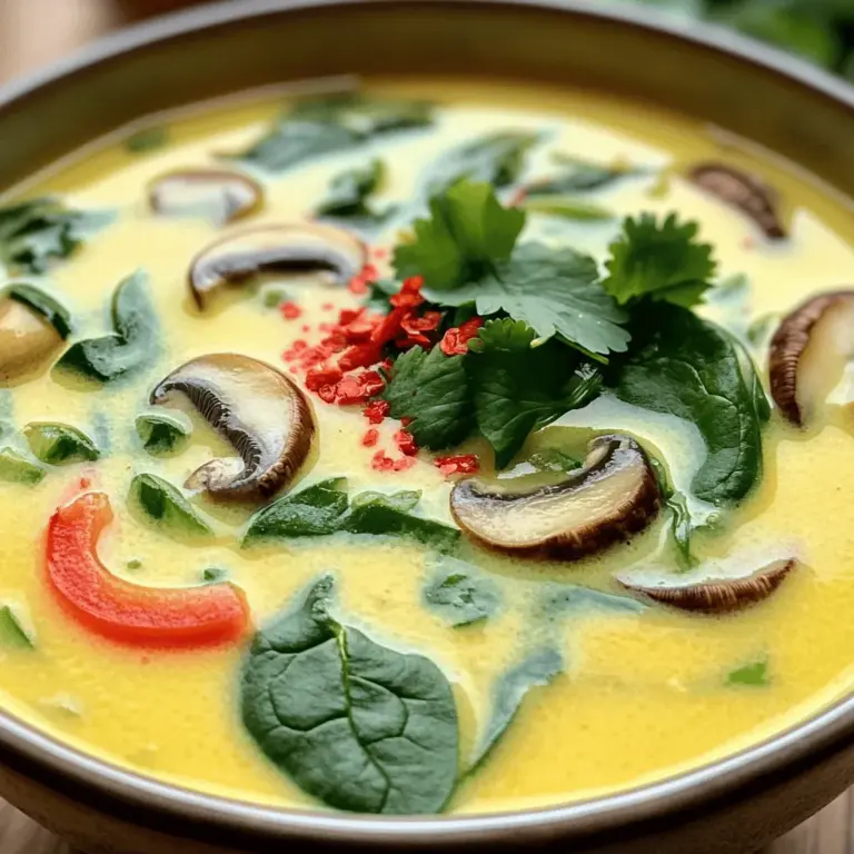- 1 Esslöffel Kokosöl - 1 Zwiebel, fein gehackt - 2 Knoblauchzehen, gehackt Die Hauptzutaten sind wichtig für den Geschmack. Kokosöl gibt der Suppe einen reichhaltigen Geschmack. Zwiebeln fügen Süße und Tiefe hinzu. Knoblauch sorgt für ein tolles Aroma. - 500 ml Gemüsebrühe - 150 g Champignons, in Scheiben geschnitten - 1 rote Paprika, dünn geschnitten - 100 g Babyspinat Gemüse ist gesund und lecker. Die Gemüsebrühe bildet die Basis der Suppe. Champignons sind zart und schmackhaft. Die rote Paprika bringt Farbe und Süße. Babyspinat fügt Frische hinzu. - 2 Esslöffel Sojasauce - 1 Esslöffel Limettensaft - Frischer Koriander, zum Garnieren - In Scheiben geschnittener roter Chili, zum Garnieren (optional) Die Würzungen bringen die Aromen zum Leben. Sojasauce gibt umami Geschmack. Limettensaft sorgt für eine frische Note. Frischer Koriander verleiht ein tolles Aroma. Chili bringt eine scharfe Note, wenn du magst. Für das Full Recipe schau bitte nach. Zuerst treffen wir einige Vorbereitungen. - Zwiebel, Knoblauch und Ingwer vorbereiten: Hacke die Zwiebel fein. Nimm zwei Knoblauchzehen und hacke sie ebenfalls. Reibe zwei Zentimeter Ingwer. Diese Zutaten geben deiner Suppe einen tollen Geschmack. - Zitronengras zuschneiden und zerdrücken: Nimm zwei Stängel Zitronengras. Schneide sie in Stücke und drücke sie leicht an. Das hilft, die Aromen freizusetzen. Jetzt kommen wir zum Kochen der Suppe. - Zutaten in den Topf geben: Erhitze einen Esslöffel Kokosöl in einem großen Topf. Füge die Zwiebel hinzu und dünste sie drei bis vier Minuten. Sie wird glasig und duftet. - Flüssigkeiten hinzufügen und zum Simmern bringen: Jetzt gib die gehackten Knoblauchzehen, den Ingwer und das zerdrückte Zitronengras hinzu. Lass alles zwei Minuten kochen. Gieße dann einen Liter Kokosmilch und 500 ml Gemüsebrühe in den Topf. Rühre gut um und bringe die Mischung zum Simmern. Jetzt ist es Zeit für das Gemüse. - Champignons und Paprika einrühren: Füge 150 g in Scheiben geschnittene Champignons und eine dünn geschnittene rote Paprika hinzu. Lass die Suppe fünf bis sieben Minuten kochen, bis das Gemüse zart ist. - Babyspinat und Gewürze hinzufügen: Entferne die Zitronengrasstücke. Rühre 100 g Babyspinat, zwei Esslöffel Sojasauce, einen Esslöffel Limettensaft und Salz nach Geschmack ein. Lass die Suppe weitere zwei Minuten köcheln, bis der Spinat zusammenfällt. Jetzt ist deine Thai Kokosnuss-Suppe bereit! Du kannst sie heiß servieren und mit frischem Koriander und optionalen, in Scheiben geschnittenen roten Chili garnieren. Wenn du mehr Details zur Zubereitung brauchst, schaue dir das Full Recipe an. - Dicke der Suppe anpassen: Wenn du eine dickere Suppe magst, füge mehr Kokosmilch hinzu. Möchtest du es dünner, dann nutze mehr Brühe. Experimentiere ruhig, bis du die perfekte Konsistenz findest. - Alternativen für Kokosmilch: Du kannst auch Mandelmilch oder Hafermilch verwenden. Diese Alternativen verändern den Geschmack, sind aber lecker. Bei der Auswahl achte auf ungesüßte Sorten für die beste Balance. - Verwendung von frischem oder getrocknetem Zitronengras: Frisches Zitronengras bringt mehr Aroma. Es ist leicht zerdrückbar und gibt einen starken Geschmack ab. Getrocknetes Zitronengras hat weniger Intensität, ist aber eine gute Option zur Hand. - Tipps für die richtigen Gewürze: Nutze frischen Ingwer und Knoblauch für intensiven Geschmack. Füge eine Prise Kurkuma hinzu, um die Farbe zu verbessern. Auch ein wenig Chili bringt eine schöne Schärfe. - Serviervorschläge und Präsentationstipps: Serviere die Suppe in schönen Schalen. Garniere sie mit frischem Koriander und roten Chili-Scheiben. Ein Spritzer Limettensaft vor dem Servieren hebt den Geschmack und die Präsentation. {{image_4}} Für eine vegetarische oder vegane Variante der Thai Kokosnuss-Suppe kannst du einige Zutaten leicht austauschen. Verwende anstelle von Hühnerbrühe einfach Gemüsebrühe. Du kannst auch Tofu anstelle von Fleisch hinzufügen. Tofu bringt eine tolle Textur und nimmt die Aromen der Suppe gut auf. Achte darauf, festen Tofu zu wählen, damit er beim Kochen nicht zerfällt. Wenn du mehr Protein in deiner Suppe möchtest, kannst du Hähnchen oder Garnelen hinzufügen. Schneide das Hähnchen in kleine Stücke und koche es mit den Zwiebeln. Garnelen kochen schnell, also füge sie kurz vor dem Ende des Kochens hinzu. Für Vegetarier sind Tofu-Optionen ideal. Du kannst auch Tempeh ausprobieren, um einen anderen Geschmack zu erzielen. Die Schärfe der Suppe lässt sich leicht anpassen. Wenn du es schärfer magst, füge mehr Chili hinzu. Du kannst frischen roten oder grünen Chili verwenden. Für Kinder oder Menschen, die es milder mögen, reduziere die Chilis. Du kannst auch die Sojasauce und den Limettensaft nach Geschmack anpassen. So bleibt die Suppe für jeden lecker! Entdecke den [Full Recipe] für mehr Details zu den Zutaten und der Zubereitung. - In Kühlschrank aufbewahren: Lassen Sie die Suppe vollständig abkühlen. Füllen Sie sie dann in einen luftdichten Behälter. Im Kühlschrank bleibt die Suppe bis zu drei Tage frisch. - Tipps zur Gefrierfähigkeit: Thai Kokosnuss-Suppe eignet sich gut zum Einfrieren. Verwenden Sie dafür einen gefrierfesten Behälter. Sie kann bis zu drei Monate im Gefrierfach bleiben. Achten Sie darauf, etwas Platz im Behälter zu lassen, da die Suppe beim Einfrieren expandiert. - Vorbereitungen im Voraus treffen: Schneiden Sie das Gemüse im Voraus. Lagern Sie es in einem luftdichten Behälter. So sparen Sie Zeit beim Kochen. - Portionierungsmöglichkeiten: Teilen Sie die Suppe in Einzelportionen auf. So können Sie schnell eine Portion aufwärmen, wann immer Sie möchten. - Methoden zum Aufwärmen: Erwärmen Sie die Suppe auf dem Herd. Mischen Sie sie gut, damit sie gleichmäßig warm wird. Alternativ können Sie die Mikrowelle benutzen. - Vermeidung von Überkochen: Achten Sie darauf, die Suppe langsam zu erhitzen. Zu hohe Hitze kann die Konsistenz verändern. Rühren Sie regelmäßig um, um ein Überkochen zu verhindern. Für das vollständige Rezept schauen Sie sich die Thailändische Kokosnuss-Suppe an. Die Thai Kokosnuss-Suppe bleibt im Kühlschrank bis zu drei Tage frisch. Achte darauf, sie in einem luftdichten Behälter zu lagern. Wenn du die Suppe länger aufbewahren möchtest, kannst du sie einfrieren. Im Gefrierfach hält sie bis zu drei Monate. Achte darauf, die Suppe in Portionen zu verpacken, damit du nur das auftauen musst, was du brauchst. Ja, du kannst die Suppe nach deinem Geschmack anpassen. Hier sind einige tolle Optionen: - Brokkoli - Karotten - Zucchini - Erbsen Diese Gemüsesorten passen gut zu den Aromen der Kokosnuss. Du kannst sie einfach in die Suppe geben, wenn du die Champignons und Paprika hinzufügst. Ja, die Zubereitung ist sehr einfach. Du benötigst nur etwa 10 Minuten für die Vorbereitung und 15 Minuten zum Kochen. Beginne mit dem Erhitzen von Kokosöl und dem Anbraten der Zwiebel. Füge dann die anderen Zutaten hinzu, und lasse alles zusammen köcheln. Die klare Schritt-für-Schritt-Anleitung in [Full Recipe] hilft dir, jeden Schritt genau zu befolgen. Diese Blogbeiträge zu Thai Kokossuppe zeigen dir die besten Zutaten und Schritte. Du lernst, wie du die perfekte Konsistenz und den besten Geschmack erreichst. Variationen helfen, die Suppe nach deinem Geschmack anzupassen. Auch Tipps zur Lagerung machen es einfach. Experimentiere mit deinen Lieblingsgemüsen und genieße die Aromen. Mit diesen einfachen Anleitungen machst du die Suppe, die allen schmeckt. Bereite sie vor, teile sie und genieße sie!