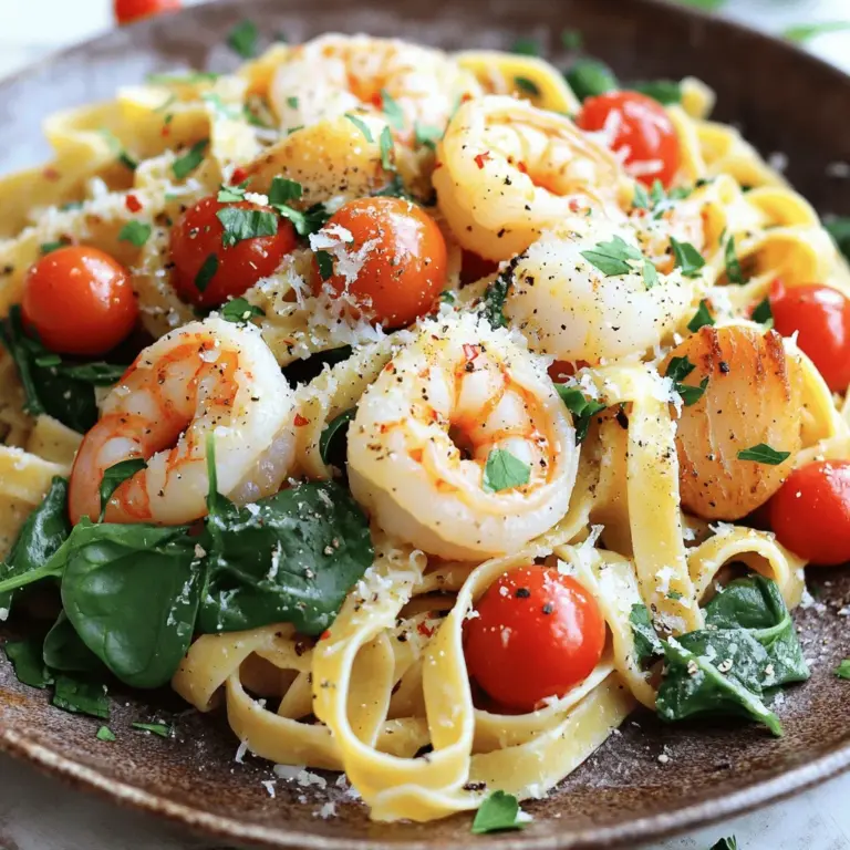 - 250 g Spaghetti oder Fettuccine - 450 g große Garnelen, geschält und entdarmt - 225 g Jakobsmuscheln, gereinigt - 3 Knoblauchzehen, fein gehackt - 150 g Kirschtomaten, halbiert - 100 g frische Spinatblätter - 1 Zitrone, ausgepresst und abgerieben - 60 ml Olivenöl - 30 g Parmesan, gerieben - 1 Teelöffel rote Pfefferflocken (optional) - Salz und Pfeffer nach Geschmack - Frische Petersilie, gehackt, zum Garnieren Die Zutaten sind einfach zu finden und machen das Gericht besonders lecker. Du kannst frische Garnelen und Jakobsmuscheln verwenden, um den Geschmack zu heben. Die Kirschtomaten bringen eine süße Note, während der Spinat eine schöne Farbe und Nährstoffe hinzufügt. Der Knoblauch gibt der Pasta einen tollen Duft und Geschmack. Die Zitrone macht das Gericht frisch und lebendig. Parmesan rundet alles ab und gibt eine cremige Konsistenz. Wenn du es scharf magst, füge die roten Pfefferflocken hinzu. Für das beste Ergebnis empfehle ich, frische Zutaten zu verwenden. So schmeckt die Pasta am besten. Wenn du mehr über die Zubereitung erfahren möchtest, kannst du die Full Recipe ansehen. Bringe einen großen Topf mit gesalzenem Wasser zum Kochen. Du kannst Spaghetti oder Fettuccine verwenden. Koche die Pasta al dente, wie auf der Verpackung beschrieben. Achte darauf, 125 ml vom Nudelwasser aufzuheben. Das hilft der Sauce später. Erhitze in einer großen Pfanne Olivenöl bei mittlerer Hitze. Füge den gehackten Knoblauch hinzu und brate ihn etwa eine Minute. Er duftet herrlich. Jetzt kommen die Garnelen und Jakobsmuscheln in die Pfanne. Brate sie 2-3 Minuten auf jeder Seite, bis sie durchgegart sind. Gib die halbierten Kirschtomaten und frischen Spinat in die Pfanne. Rühre alles gut um und koche es für weitere 2-3 Minuten. Der Spinat wird weich und die Tomaten fallen zusammen. So erhältst du frische Aromen. Jetzt ist es Zeit, die gekochte Pasta in die Pfanne zu geben. Gieße das aufbewahrte Nudelwasser dazu. Füge Zitronensaft und Zitronenabrieb hinzu. Das bringt Frische. Rühre alles gut um und schmecke mit Salz und Pfeffer ab. Nimm die Pfanne vom Herd und rühre den geriebenen Parmesan unter. Er schmilzt und macht die Sauce cremig. Serviere die Pasta auf Tellern. Garnieren kannst du mit frischer Petersilie und mehr Parmesan. So wird es ein Festmahl. Für die vollständigen Zubereitungsschritte schaue dir das Full Recipe an. - Bestimmung der Garzeit für Garnelen und Jakobsmuscheln: Garnelen sind perfekt, wenn sie rosa und fest sind. Jakobsmuscheln sollten milchig und fest sein. Beide benötigen etwa 2–3 Minuten pro Seite in der Pfanne. Überprüfe sie regelmäßig, um sicherzustellen, dass sie nicht zu lange garen. - Vermeidung von Übertrocknen der Meeresfrüchte: Um das Übertrocknen zu verhindern, achte darauf, die Hitze nicht zu hoch zu stellen. Bei mittlerer Hitze bleibt die Feuchtigkeit erhalten. Zudem ist es hilfreich, die Meeresfrüchte nur einmal zu wenden. - Bedeutung von Nudelwasser für die Sauce: Das Nudelwasser enthält Stärke, die die Sauce bindet. Bewahre vor dem Abgießen etwa 125 ml Nudelwasser auf. Füge es zur Sauce hinzu, um die Textur zu verbessern und die Aromen zu vereinen. - Tipps zur Vermeidung von klebenden Nudeln: Rühre die Pasta während der ersten Minuten um. Das hilft, das Verkleben zu verhindern. Stelle sicher, dass das Wasser gut kocht, bevor du die Pasta hinzufügst. - Vorschläge für die Garnierung: Verwende frisch gehackte Petersilie oder Basilikum, um Farbe und Frische hinzuzufügen. Ein Spritzer Zitrone bringt die Aromen zur Geltung. - Verwendung von frischen Kräutern für zusätzlichen Geschmack: Frische Kräuter wie Dill oder Schnittlauch können den Geschmack intensivieren. Sie verleihen der Pasta eine schöne, frische Note, die den Meeresfrüchten schmeichelt. {{image_4}} Für eine vegetarische Variante der Garnelen-Jakobsmuscheln-Pasta, kannst du mehr Gemüse verwenden. Zucchini und Paprika sind tolle Optionen. Sie bringen Farbe und Geschmack ins Gericht. Statt Meeresfrüchte kannst du auch Tofu oder Kichererbsen einsetzen. Diese Zutaten geben dir Protein und eine tolle Textur. Wenn du keine Spaghetti oder Fettuccine magst, probiere andere Pasta-Sorten. Penne oder Farfalle sind gute Alternativen. Du kannst auch Vollkornpasta verwenden. Diese ist gesünder und hat mehr Ballaststoffe. Glutenfreie Pasta ist ebenfalls eine gute Wahl für Menschen mit Allergien. Möchtest du es schärfer? Füge rote Pfefferflocken oder scharfe Soße hinzu. Diese geben dem Gericht einen extra Kick. Du kannst auch verschiedene Käsesorten ausprobieren. Feta oder Ricotta bringen einen neuen Geschmack in die Pasta. Experimentiere mit diesen Ideen, um deine eigene Version zu machen! Für das vollständige Rezept schau dir bitte die [Full Recipe] an. Wenn du die Pasta nicht sofort isst, lagere sie im Kühlschrank. Nutze einen luftdichten Behälter. So bleibt sie frisch. Du solltest die Pasta innerhalb von zwei Tagen essen. Wenn du Reste hast, stelle sicher, dass sie gut abgedeckt sind. Füge etwas Olivenöl hinzu, damit die Nudeln nicht kleben. Um die Meeresfrüchte-Pasta einzufrieren, lass sie zuerst abkühlen. Portioniere die Pasta in Gefrierbeutel. Drücke die Luft heraus, bevor du sie schließt. So bleibt die Pasta bis zu drei Monate frisch. Zum Wiedererwärmen, tau die Pasta im Kühlschrank auf. Dann erhitze sie in einer Pfanne mit etwas Wasser oder Brühe. So wird sie wieder schön saftig. Mit übrig gebliebener Pasta kannst du kreativ werden. Mache eine Pastasuppe oder einen Auflauf. Kombiniere die Reste mit frischem Gemüse oder Käse. Das gibt der Pasta neuen Geschmack. Du kannst auch ein Omelett machen, indem du die Pasta hineinmischst. So hast du schnell ein neues Gericht. Probier es aus! Die Zubereitung von Shrimp Scallop Pasta dauert insgesamt nur 30 Minuten. Ich teile die Zeit in zwei Teile auf: 15 Minuten für die Vorbereitung und 15 Minuten für das Kochen. Diese schnelle Zeit macht das Gericht ideal für ein schnelles Abendessen. Sie können in kurzer Zeit eine köstliche Mahlzeit zaubern. Ja, Sie können die Garnelen und Jakobsmuscheln ersetzen. Viele lieben es, Muscheln oder Tintenfisch zu verwenden. Auch Hähnchen kann eine gute Wahl sein. Achten Sie darauf, die Garzeit anzupassen. Dies sorgt dafür, dass alle Zutaten gleichmäßig gegart sind. Um die Sauce cremiger zu machen, können Sie mehr Parmesan oder etwas Sahne hinzufügen. Auch Frischkäse kann helfen. Eine weitere gute Option ist, etwas mehr Nudelwasser hinzuzufügen. Dieses Wasser enthält Stärke und bindet die Sauce gut. Shrimp Scallop Pasta hat viele gesunde Zutaten. Garnelen und Jakobsmuscheln sind fettarm und reich an Protein. Spinat und Tomaten bringen Vitamine und Ballaststoffe. Wenn Sie die Menge an Käse reduzieren, bleibt das Gericht leicht. So können Sie ein leckeres, nahrhaftes Essen genießen. Diese Anleitung zeigt, wie man eine leckere Garnelen-Jakobsmuscheln-Pasta zubereitet. Wir haben die wichtigsten Zutaten, die Zubereitungsschritte und nützliche Tipps behandelt. Denk daran, die Meeresfrüchte richtig zu garen und die Pasta gut zu präsentieren. Variiere gerne mit Gemüse oder Pasta-Sorten. Mit deinen Resten kannst du kreative neue Gerichte kreieren. Probiere es aus und genieße deine Mahlzeit!