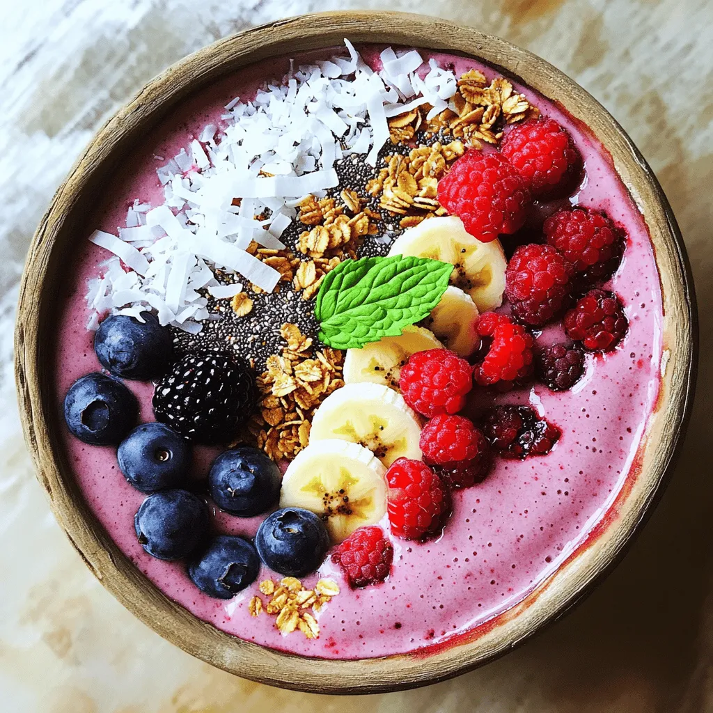 - 1 Tasse gemischte Beeren (Erdbeeren, Heidelbeeren, Himbeeren) - ½ gefrorene Banane - ½ Tasse ungesüßte Mandelmilch Die Hauptzutaten machen die Smoothie-Bowl frisch und lecker. Die gemischten Beeren bringen viel Geschmack und Farbe. Ich liebe es, sie zu verwenden, weil sie voller Vitamine sind. Die gefrorene Banane sorgt für eine cremige Textur. Sie macht die Bowl süß und reichhaltig. Die Mandelmilch gibt dem Ganzen einen nussigen Geschmack. Du kannst auch eine andere Milch verwenden, wenn du magst. - ¼ Tasse Granola - Frische Beeren - 2 Esslöffel Kokosraspel - Minzblätter zur Dekoration Toppings machen die Smoothie-Bowl interessant und schön. Granola gibt einen knusprigen Biss. Ich streue es großzügig auf die Oberfläche. Frische Beeren sorgen für zusätzlichen Geschmack und Farbe. Du kannst sie nach Belieben wählen. Kokosraspel bringen einen tropischen Flair. Minzblätter sind ein toller Akzent und duften frisch. Sie machen das Essen noch schöner. - 1 Esslöffel Honig oder Ahornsirup - ½ Teelöffel Vanilleextrakt Wenn du deine Smoothie-Bowl süßer magst, kannst du Honig oder Ahornsirup hinzufügen. Diese Süßungsmittel sind natürlich und lecker. Ein Hauch von Vanilleextrakt macht alles noch besser. Es gibt der Bowl einen warmen, süßen Geschmack. Du kannst diese Zutaten nach deinem Geschmack anpassen. Für die genaue Zubereitung kannst du das [Full Recipe] nachlesen. - Sammle deine Beeren: Erdbeeren, Heidelbeeren und Himbeeren. - Nimm eine gefrorene Banane aus dem Gefrierfach. - Stelle deinen Mixer bereit und vergewissere dich, dass er sauber ist. - Gib die Beeren, die Banane, die Mandelmilch, den Honig und den Vanilleextrakt in den Mixer. - Mixe alles gut, bis es glatt ist. - Wenn du eine dickere Konsistenz magst, benutze weniger Milch. Für eine dünnere Konsistenz, füge mehr Milch hinzu. - Gieße den Smoothie vorsichtig in eine Schüssel. - Verwende einen Spatel, um die Mischung gleichmäßig zu verteilen. - Streue das Granola gleichmäßig über die Oberfläche. - Füge die Kokosraspel, frische Beeren und die Chiasamen als Toppings hinzu. - Dekoriere die Bowl mit frischer Minze für einen schönen Look. Du kannst das vollständige Rezept [hier finden](Full Recipe). Um die beste Smoothie-Bowl zu machen, wähle frische oder gefrorene Beeren. Gefrorene Beeren sind oft reifer und süßer. Sie sorgen für eine cremige Textur. Du kannst Erdbeeren, Heidelbeeren und Himbeeren mischen. Probiere auch andere Beeren wie Brombeeren oder Johannisbeeren. Achte auf die Pflanzenmilch. Ich empfehle ungesüßte Mandelmilch. Sie hat einen milden Geschmack. Du kannst auch Hafermilch oder Kokosmilch verwenden. Diese Optionen bringen eigene Aromen in die Bowl. Die Konsistenz ist wichtig für ein gutes Mundgefühl. Du kannst die Flüssigkeitsmenge anpassen. Füge mehr Mandelmilch hinzu, wenn die Mischung zu dick ist. Wenn du eine dicke Bowl willst, benutze weniger Milch. Experimentiere mit Aromen! Füge einen Teelöffel Erdnussbutter oder Mandelbutter hinzu. Das gibt einen tollen Geschmack und mehr Nährstoffe. Auch Zimt oder Kakaopulver können spannend sein. Die Präsentation macht viel aus. Ein schöner Anblick regt den Appetit an. Verwende frische Beeren zum Garnieren. Du kannst sie hübsch anordnen. Streue Granola gleichmäßig darüber. Eine weitere Idee ist, frische Kräuter wie Minze einzusetzen. Sie geben einen frischen Geschmack und sehen toll aus. Mit diesen einfachen Tipps wird deine Smoothie-Bowl nicht nur lecker, sondern auch ein echter Hingucker! Für mehr Details, schau dir das Full Recipe an. {{image_4}} Du kannst die Beeren-Smoothie-Bowl leicht verändern. Probiere eine tropische Smoothie-Bowl. Verwende dafür Mango, Ananas und Kokosnuss. Diese fruchtige Mischung bringt einen Hauch von Urlaub auf deinen Tisch. Du kannst auch die Schokoladen-Berry-Bowl machen. Mische Kakaopulver mit Beeren für einen schokoladigen Genuss. Diese Variationen machen deine Smoothie-Bowl spannend und lecker. Möchtest du mehr Nährstoffe in deiner Bowl? Füge Proteinpulver oder Nussbutter hinzu. Diese Zutaten machen die Bowl sättigender. Wenn du es noch gesünder magst, kannst du Superfood-Toppings wie Spirulina verwenden. Spirulina ist ein grünes Pulver, das viele Vitamine enthält. Diese Ergänzungen geben deiner Bowl einen Nährstoffschub. Du kannst die Smoothie-Bowl an deine Bedürfnisse anpassen. Wenn du vegan bist, lasse die Milch und den Honig weg oder verwende pflanzliche Alternativen. Du kannst auch eine zuckerfreie Version machen, indem du nur frisches Obst verwendest. Wenn du Gluten meiden möchtest, achte darauf, glutenfreies Granola zu wählen. So bleibt deine Bowl gesund und lecker für jeden. Um die Smoothie-Bowl frisch zu halten, bewahre sie in einem luftdichten Behälter auf. Stelle sicher, dass der Behälter gut verschlossen ist. So bleibt die Bowl bis zu zwei Tage frisch im Kühlschrank. Die Zutaten wie Banane und Beeren haben eine Haltbarkeit von etwa 1-3 Tagen, je nach Reife und Lagerung. Achte darauf, die frischen Beeren vor der Lagerung gut abzuwaschen. Meal Prep für die Smoothie-Bowl ist einfach und spart Zeit. Bereite die Zutaten im Voraus vor. Du kannst die gemischten Beeren und die gefrorene Banane in Portionen aufteilen. Friere sie in kleinen Beuteln ein. So hast du immer frische Zutaten zur Hand. Wenn du die Smoothie-Bowl für später machen willst, bereite auch die Toppings vor. Du kannst das Granola und die Kokosraspel in einem Behälter aufbewahren. Die Smoothie-Bowl ist ein toller Snack oder ein schnelles Frühstück. Du kannst sie mit verschiedenen Toppings anpassen. Probiere zum Beispiel Nüsse oder Samen für mehr Crunch. Du kannst die Bowl auch mit Joghurt oder Quark kombinieren, um sie noch nahrhafter zu machen. Diese Kombinationen bringen Abwechslung und neuen Geschmack in deine Ernährung. Um die Smoothie-Bowl süßer zu machen, gibt es viele Optionen. Ich empfehle, Honig oder Ahornsirup zu verwenden. Diese natürlichen Süßungsmittel sind einfach in der Anwendung. Bei Bedarf füge ich einen Esslöffel hinzu, um den Geschmack zu verbessern. Wenn du es noch süßer magst, kannst du auch mehr Honig verwenden. Ein weiterer Tipp ist, reife Früchte zu wählen. Reife Bananen oder Erdbeeren haben einen süßeren Geschmack. Ja, du kannst viele andere Beeren verwenden. Heidelbeeren und Himbeeren sind großartige Alternativen. Auch Brombeeren oder Erdbeeren passen gut. Jede Beerensorte bringt ihren eigenen Geschmack mit. Experimentiere mit verschiedenen Beeren, um deine perfekte Kombination zu finden. Du kannst sogar gefrorene Beeren verwenden, wenn frische nicht verfügbar sind. Das macht die Bowl auch schön kalt und cremig. Es gibt viele Wege, deine Smoothie-Bowl nahrhafter zu gestalten. Eine einfache Option ist, Chiasamen hinzuzufügen. Sie sind reich an Ballaststoffen und Omega-3-Fettsäuren. Du kannst auch ein paar Esslöffel Nussbutter hinzufügen. Das erhöht die Proteinzufuhr. Eine andere Möglichkeit ist, Proteinpulver in die Mischung zu geben. Es ist eine gute Quelle für zusätzliche Nährstoffe. Wenn du mehr Vitamine möchtest, füge Spinat oder Grünkohl hinzu. Diese Zutaten können den Geschmack nicht überdecken und sind sehr gesund. Eine Smoothie-Bowl ist einfach zuzubereiten und voller Geschmack. Du hast die Hauptzutaten, die Zubereitung und leckere Variationen kennengelernt. Denk daran, frische oder gefrorene Beeren zu nutzen und die Bowl ansprechend zu dekorieren. Experimentiere mit verschiedenen Zutaten für mehr Nährstoffe. Du kannst auch die Lagerung und die Meal-Prep-Tipps verwenden, um deine Smoothie-Bowl jederzeit genussvoll zu genießen. Lass deine Kreativität spielen und mache jede Bowl zu einem neuen Erlebnis.
