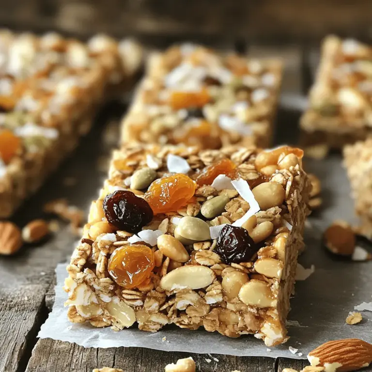 Für die nussigen Früchte-Fusion Granola Riegel benötigst du folgende Hauptzutaten: - 2 Tassen Haferflocken - 1/2 Tasse Mandelbutter - 1/3 Tasse Honig oder Ahornsirup - 1/2 Tasse gemischte Nüsse (Mandeln, Walnüsse, Cashews), grob gehackt - 1/2 Tasse Trockenfrüchte (Cranberries, Aprikosen, Rosinen), gehackt - 1/4 Tasse ungesüßte Kokosflocken - 1/4 Tasse Sonnenblumenkerne - 1/2 Teelöffel Zimt - 1/4 Teelöffel Salz - 1/2 Teelöffel Vanilleextrakt Diese Zutaten bilden die Basis für deinen Granola-Riegel. Haferflocken geben die nötige Struktur. Nüsse und Samen fügen einen herzhaften Crunch hinzu. Trockenfrüchte bringen Süße und Frische. Du kannst die Granola-Riegel leicht anpassen. Für eine vegane Version nimm einfach Agavendicksaft oder Dattelsirup statt Honig. Statt Mandelbutter kannst du Erdnussbutter oder Sonnenblumenbutter verwenden. Wenn du glutenfrei kochen möchtest, achte darauf, glutenfreie Haferflocken zu wählen. Außerdem kannst du auch andere Nüsse oder Samen verwenden, die du magst. Cashews, Kürbiskerne oder Chiasamen sind tolle Alternativen. Trockenfrüchte wie Datteln oder Feigen sind ebenfalls eine gute Wahl. Die Wahl deiner Zutaten hat einen großen Einfluss auf die Textur und den Geschmack. Haferflocken sorgen für eine weiche Basis, während Nüsse Crunch bieten. Je mehr Nüsse du hinzufügst, desto knuspriger wird der Riegel. Trockenfrüchte bringen Feuchtigkeit und eine natürliche Süße. Wenn du mehr Zimt oder Vanille hinzufügst, schmeckt der Riegel aromatischer. Das Salz hebt die Aromen hervor und macht die Riegel leckerer. Die richtige Mischung macht deine Granola-Riegel einzigartig. Probiere verschiedene Zutaten aus, um deinen perfekten Riegel zu finden. Zuerst heizen Sie den Ofen auf 175°C (350°F) vor. Nehmen Sie eine 20x20 cm große Backform. Legen Sie die Form mit Backpapier aus. Lassen Sie etwas Papier über den Rand hängen. Das hilft beim Herausnehmen der Riegel später. In einer großen Schüssel geben Sie die Zutaten. Fügen Sie 2 Tassen Haferflocken hinzu. Dazu kommen 1/2 Tasse gehackte Nüsse und 1/2 Tasse Trockenfrüchte. Mischen Sie auch 1/4 Tasse Kokosflocken und 1/4 Tasse Sonnenblumenkerne hinein. Streuen Sie 1/2 Teelöffel Zimt und 1/4 Teelöffel Salz dazu. Rühren Sie alles gut um. Jetzt nehmen Sie einen kleinen Topf. Erwärmen Sie 1/2 Tasse Mandelbutter mit 1/3 Tasse Honig oder Ahornsirup. Rühren Sie, bis die Mischung glatt ist. Fügen Sie 1/2 Teelöffel Vanilleextrakt hinzu. Gießen Sie dann die warme Mischung über die trockenen Zutaten. Rühren Sie kräftig, bis alles gut beschichtet ist. Übertragen Sie die Mischung in die Backform. Drücken Sie sie mit einem Spatel fest. So werden die Riegel kompakt und fest. Backen Sie die Riegel für 20-25 Minuten. Achten Sie darauf, dass die Ränder goldbraun sind. Nehmen Sie die Form heraus und lassen Sie die Mischung etwa 10 Minuten abkühlen. Nutzen Sie den Überhang des Papiers, um die Mischung herauszuheben. Legen Sie die Mischung nun auf ein Schneidebrett. Warten Sie, bis sie vollständig abgekühlt ist. Schneiden Sie dann die Riegel in Stücke. Bewahren Sie sie in einem luftdichten Behälter auf. So bleiben sie frisch bis zu einer Woche. Um die perfekte Konsistenz für Ihre Granola-Riegel zu erreichen, ist das richtige Verhältnis der Zutaten wichtig. Verwenden Sie gleichmäßige Mengen von Haferflocken, Nüssen und Trockenfrüchten. Die Mischung aus Mandelbutter und Honig bindet alles gut. Wenn die Mischung zu trocken ist, fügen Sie etwas mehr Honig oder Mandelbutter hinzu. Drücken Sie die Mischung fest in die Backform. Dies hilft den Riegeln, beim Backen zusammenzuhalten. Ein häufiger Fehler ist, die Mischung nicht genug zu drängen. Wenn die Riegel locker sind, zerbröckeln sie leicht. Ein anderer Fehler ist, die Riegel zu lange zu backen. Achten Sie darauf, dass sie goldbraun sind, aber nicht zu dunkel. Auch das Auslassen von Zutaten kann den Geschmack mindern. Probieren Sie die Mischung vor dem Backen und passen Sie sie nach Ihrem Geschmack an. Die Präsentation macht einen großen Unterschied. Schneiden Sie die Riegel in gleichmäßige Stücke. Legen Sie sie auf ein schönes Holzbrett. Dekorieren Sie die Riegel mit frischen Früchten oder Nüssen. Eine kleine Prise Kokosraspel kann auch toll aussehen. Verwenden Sie kleine Papierförmchen für eine ansprechende Präsentation. Machen Sie die Riegel zu einem Hingucker auf jedem Snacktisch! {{image_4}} Granola-Riegel sind sehr flexibel. Sie können viele Geschmäcker ausprobieren. Fügen Sie Schokolade hinzu, um es süßer zu machen. Dunkle Schokolade passt gut zu Nüssen. Probieren Sie auch verschiedene Trockenfrüchte aus. Aprikosen und Cranberries geben eine fruchtige Note. Wenn Sie glutenfrei essen, wählen Sie glutenfreie Haferflocken. Sie können auch Samen verwenden, wenn Sie keine Nüsse mögen. Sonnenblumenkerne sind eine gute Wahl. Diese Riegel können auch vegan sein. Ersetzen Sie Honig durch reinen Ahornsirup. Möchten Sie etwas Salziges? Fügen Sie eine Prise Meersalz oder gesalzene Nüsse hinzu. Das gibt einen tollen Kontrast zur Süße. Für süßere Riegel können Sie mehr Honig verwenden. Spielend leicht können Sie die Balance zwischen süß und salzig anpassen. Mit diesen Variationen können Sie Ihre Granola-Riegel nach Ihrem Geschmack gestalten. Probieren Sie die Rezeptvariationen aus dem [Full Recipe] und finden Sie Ihre Lieblingskombination! Um die Frische der Granola-Riegel zu bewahren, verwende einen luftdichten Behälter. Dieser schützt die Riegel vor Feuchtigkeit und Luft. Wenn die Riegel frisch bleiben, schmecken sie besser. Du kannst auch ein Stück Apfel oder ein Stück Brot in den Behälter legen. Dies hilft, die Riegel weich zu halten. Granola-Riegel können bei Raumtemperatur gelagert werden. Achte darauf, sie an einem kühlen, trockenen Ort aufzubewahren. Wenn du die Riegel länger frisch halten willst, lagere sie im Kühlschrank. Der Kühlschrank verlängert die Haltbarkeit. Allerdings können sie dadurch etwas härter werden. Selbstgemachte Granola-Riegel halten sich bei Raumtemperatur etwa eine Woche. Im Kühlschrank bleiben sie bis zu zwei Wochen frisch. Für die beste Qualität genieße sie innerhalb dieser Zeit. Achte immer auf Anzeichen von Verderb, wie einen unangenehmen Geruch oder eine veränderte Textur. Selbstgemachte Granola-Riegel halten sich bis zu einer Woche bei Raumtemperatur. Lagern Sie sie in einem luftdichten Behälter. Wenn Sie die Riegel kühlen, bleiben sie länger frisch. Im Kühlschrank sind sie bis zu zwei Wochen haltbar. Achten Sie darauf, die Riegel gut zu verpacken, damit sie nicht austrocknen. Ja, Sie können die Granola-Riegel einfrieren. Wickeln Sie sie einzeln in Frischhaltefolie oder legen Sie sie in einen gefrierfesten Behälter. Sie bleiben bis zu drei Monate im Gefrierfach gut. Wenn Sie bereit sind, sie zu genießen, lassen Sie sie einfach bei Raumtemperatur auftauen. So haben Sie immer einen gesunden Snack zur Hand. Granola-Riegel können gesund sein, abhängig von den Zutaten. Sie liefern Ballaststoffe, gesunde Fette und Proteine. Die Nährwerte variieren je nach Rezept und Zutaten. Zum Beispiel, eine Portion aus dem [Full Recipe] hat etwa: - Kalorien: 150 - Fett: 8 g - Kohlenhydrate: 16 g - Eiweiß: 4 g Achten Sie darauf, Zucker und gesättigte Fette zu reduzieren. So machen Sie die Riegel nahrhafter. Wir haben alles Wichtige über Granola-Riegel besprochen. Die Wahl der Zutaten bestimmt den Geschmack und die Textur. Die Schritt-für-Schritt-Anleitung macht das Zubereiten einfach. Mit unseren Tipps gelingt die perfekte Konsistenz. Variationen helfen, den Riegel besonders zu machen. Richtig lagern, damit sie frisch bleiben, ist auch wichtig. Wenn Sie Fragen haben, stehen die FAQs bereit. Machen Sie Ihre eigenen Granola-Riegel und genießen Sie sie!