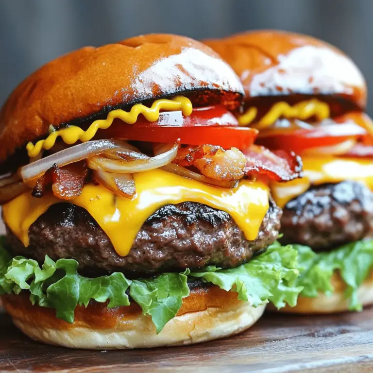 - Rinderhackfleisch und seine Bedeutung für Saftigkeit Rinderhackfleisch bringt den Burger zum Leben. Ich empfehle 80/20, also 80% Fleisch und 20% Fett. Das Fett sorgt für saftige Patties. Wenn du das Fleisch grillst, bleibt es zart und voller Geschmack. Verwende frisches Hackfleisch, um die beste Textur zu bekommen. - Auswahl und Eigenschaften des ausgereiften irischen Cheddars Irischer Cheddar ist ein Muss für diesen Burger. Er hat einen kräftigen, nussigen Geschmack. Reifer Cheddar schmilzt gut und fügt eine tolle Tiefe hinzu. Achte darauf, geriebenen Cheddar zu verwenden. So schmilzt er gleichmäßig auf dem Patty. - Die Rolle von Bacon im Geschmack Bacon ist das i-Tüpfelchen. Er bringt Knusprigkeit und einen rauchigen Geschmack. Wenn du ihn richtig brätst, wird er schön knusprig. Der Bacon ergänzt die anderen Zutaten perfekt und macht jeden Biss noch besser. - Worcestershiresauce und ihre geschmacklichen Effekte Worcestershiresauce ist der Geheimtipp für mehr Tiefe. Sie fügt Umami hinzu und hebt den Geschmack des Rindfleischs. Nur ein Esslöffel reicht aus, um die Aromen zu intensivieren. Diese Sauce gibt dem Burger einen besonderen Kick. - Karamellisierte Zwiebeln: Wie man sie perfekt zubereitet Karamellisierte Zwiebeln sind einfach zuzubereiten. Schneide eine große Zwiebel und brate sie langsam mit etwas Öl. Geduld ist hier der Schlüssel. Nach etwa 15 Minuten sind sie goldbraun und süß. Diese Zwiebeln fügen dem Burger eine süße Note hinzu. - Zusätzliche Zutaten: Senf, Mayonnaise, Salat und Tomaten Senf und Mayonnaise bringen Frische. Sie sorgen für einen tollen Kontrast zu den herzhaften Aromen. Frischer Kopfsalat und Tomatenscheiben fügen Knackigkeit hinzu. Diese Zutaten machen jeden Biss spannend und lecker. Für das vollständige Rezept, schau dir die [Full Recipe] an und genieße das Kochen! Um die Zwiebeln perfekt zu karamellisieren, nutzen Sie mittlere Hitze. Beginnen Sie mit einem Schuss Olivenöl in der Pfanne. Fügen Sie die geschnittenen Zwiebeln hinzu. Rühren Sie regelmäßig um, damit sie gleichmäßig gar werden. Die Zwiebeln brauchen etwa 15 Minuten, um goldbraun zu werden. Diese Zeit ist wichtig, um den süßen Geschmack zu entwickeln. Achten Sie darauf, dass sie nicht anbrennen. Wenn sie schön weich sind, nehmen Sie die Zwiebeln von der Hitze. Lassen Sie sie kurz beiseite, während Sie die Patties zubereiten. Für saftige Patties ist die Technik entscheidend. Mischen Sie das Rinderhackfleisch mit Worcestershiresauce, Knoblauchpulver, Paprikapulver, Salz und Pfeffer in einer großen Schüssel. Formen Sie vier Patties, die etwas größer als die Brötchen sind. Das verhindert, dass sie beim Kochen zu klein werden. Erhitzen Sie eine Grill- oder Bratpfanne auf mittlere Hitze. Braten Sie die Patties etwa 4-5 Minuten pro Seite. In der letzten Minute legen Sie den Käse auf die Patties, damit er schmelzen kann. Diese Technik sorgt für einen tollen Geschmack und eine saftige Textur. Beim Zusammenstellen des Burgers geht es um den Geschmack. Beginnen Sie mit der Unterseite des Brötchens. Verteilen Sie Mayonnaise und Senf darauf. Legen Sie ein Blatt Kopfsalat auf das Brötchen. Darauf kommt das Patty mit dem geschmolzenen Käse. Fügen Sie zwei Scheiben knusprigen Bacon hinzu und einen Löffel karamellisierte Zwiebeln. Tomatenscheiben sind das letzte Topping. Decken Sie den Burger mit der oberen Brötchenhälfte ab. Achten Sie darauf, dass alles gut zusammenhält. Servieren Sie die Burger heiß mit knusprigen Pommes oder einem frischen Salat. Um den perfekten Burger zu grillen, müssen Sie die Garstufe gut kontrollieren. Dies bedeutet, dass Sie den Burger nicht zu lange auf dem Grill lassen sollten. Ein Fleischthermometer hilft Ihnen dabei. Stecken Sie das Thermometer in die Mitte des Patties. Bei 70 Grad Celsius ist Ihr Burger medium. Ein häufiger Fehler ist das Überarbeiten des Fleisches. Wenn Sie das Fleisch zu fest kneten, wird der Burger hart. Seien Sie sanft beim Formen der Patties. Wählen Sie auch die richtigen Brötchen. Brioche-Brötchen sind weich und passen gut zu diesem Burger. Experimentieren Sie mit verschiedenen Käsesorten. Gouda oder Blauschimmelkäse können tolle Alternativen sein. Fügen Sie auch zusätzliche Gewürze hinzu. Ein Hauch von Chili oder Thymian kann den Geschmack intensivieren. Für das volle Rezept schauen Sie sich die vollständige Anleitung an. {{image_4}} - Für Rinderhackfleisch kannst du schwarze Bohnen oder Linsen nehmen. Diese sind gesund und lecker. - Vegane Käsesorten sind eine tolle Wahl. Nutze Kokosnusskäse oder Cashewkäse. Du kannst auch Avocado als cremige Alternative verwenden. - Nutze lokale Zutaten, um den Burger zu verändern. Zum Beispiel frische Kräuter oder Gemüse aus der Region. Das gibt jedem Biss mehr Charakter. - Kombiniere Gerichte aus anderen Kulturen. Füge zum Beispiel Kimchi hinzu, um einen asiatischen Twist zu erhalten. - Für BBQs kannst du die Burger auf dem Grill zubereiten. Das gibt einen rauchigen Geschmack und macht Spaß. - Nutze saisonale Gemüsesorten wie Spargel im Frühling oder Kürbis im Herbst. Diese bringen frische Aromen und Farben in deinen Burger. Du kannst alle Variationen in der [Full Recipe] ausprobieren, um neue Geschmäcker zu entdecken. Um die Reste deines irischen Pub-Burgers frisch zu halten, kannst du sie kühlen oder einfrieren. Wenn du sie kühlen möchtest, lege die Burger in einen luftdichten Behälter. So bleiben sie etwa drei Tage haltbar. Für längere Aufbewahrung friere die Patties und das Fleisch separat ein. So halten sie sich bis zu drei Monate. Zum Wiederaufwärmen empfehle ich, die Burger im Ofen bei 180 Grad für etwa 10 Minuten zu erwärmen. So bleibt das Fleisch saftig, und das Brötchen wird schön knusprig. Alternativ kannst du die Patties in einer Pfanne bei mittlerer Hitze aufwärmen. Die Haltbarkeit der Hauptkomponenten ist wichtig. Rinderhackfleisch bleibt im Kühlschrank zwei bis drei Tage frisch. Nach dem Kochen solltest du es innerhalb von drei Tagen essen. Karamellisierte Zwiebeln sind im Kühlschrank eine Woche haltbar. Um Verderb zu erkennen, achte auf Geruch und Farbe. Wenn das Fleisch unangenehm riecht oder eine graue Farbe hat, solltest du es wegwerfen. Bei den Zwiebeln sieh nach Schimmel oder einem seltsamen Geruch. Für schnelle Mahlzeiten kannst du die Burger-Patties im Voraus vorbereiten. Mische das Fleisch mit deinen Gewürzen und forme die Patties. Lege sie zwischen Backpapier in einen Behälter. So kannst du sie schnell grillen oder braten. Eine weitere Idee ist, die Zwiebeln in größeren Mengen zu karamellisieren. Bewahre sie in einem Glas im Kühlschrank auf. So hast du immer eine leckere Zutat bereit. Du kannst auch die Brötchen vorbereiten, indem du sie in der Pfanne leicht röstest und dann einfrierst. So sind sie immer frisch und knusprig, wenn du bereit bist zu essen. Um einen Burger saftiger zu machen, können Sie einige einfache Tricks anwenden. - Fügen Sie der Fleischmischung eine kleine Menge Worcestershiresauce hinzu. - Verwenden Sie Rinderhackfleisch mit einem höheren Fettanteil, wie 80/20. - Mischen Sie geriebenen Käse direkt in das Fleisch. - Formen Sie die Patties locker, nicht zu fest. - Lassen Sie die Patties vor dem Braten 15 Minuten ruhen. Diese Methoden helfen, den Burger saftig und geschmackvoll zu halten. Wenn Sie die Patties grillen, achten Sie darauf, sie nicht zu lange zu garen. Überkochen trocknet das Fleisch aus. Die beste Garstufe für Rinderburger ist medium. Das bedeutet, dass das Innere eine Temperatur von etwa 70 Grad Celsius hat. So bleibt das Fleisch saftig und hat einen tollen Geschmack. - Medium rare (55-60°C) ist für manche eine gute Wahl, aber es ist weniger sicher. - Medium well (70-75°C) bietet weniger Saftigkeit, ist aber sicherer. - Verwenden Sie ein Fleischthermometer, um die Temperatur zu messen. Die Wahl der Garstufe hängt oft von persönlichen Vorlieben ab. Lassen Sie Ihre Gäste wissen, wie sie ihren Burger mögen. Ja, Sie können die Zutaten nach Ihrem Geschmack anpassen. Hier sind einige Ideen: - Tauschen Sie den Cheddar gegen Gouda oder Blauschimmelkäse. - Fügen Sie Jalapeños für etwas Schärfe hinzu. - Verwenden Sie verschiedene Brötchen wie Vollkorn oder Sesam. - Experimentieren Sie mit verschiedenen Saucen wie BBQ oder Sriracha. Seien Sie kreativ mit den Toppings! Das macht jeden Burger einzigartig und spannend. Probieren Sie die Full Recipe für weitere Anregungen. Zusammengefasst haben wir die wichtigsten Zutaten und Schritte für den perfekten Irischen Pub-Burger behandelt. Saftiges Rinderhackfleisch, reifer Cheddar und knuspriger Bacon sind entscheidend. Karamellisierte Zwiebeln und die richtige Zubereitung machen den Unterschied. Nutzen Sie unsere Tipps für das Grillen und die Variationen, um neue Geschmackserlebnisse zu schaffen. Denken Sie daran, frische Zutaten zu wählen und kreativ zu sein. So wird jeder Burger ein Genuss. Prost auf viele leckere Burger-Abende!