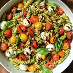 - 2 Tassen Fusilli-Pasta - 1 Tasse Kirschtomaten - 1 Tasse frische Mozzarellakugeln Die Hauptzutaten machen den Pesto Caprese Pasta Salad frisch und bunt. Die Fusilli-Pasta hat eine tolle Form und hält das Dressing gut fest. Kirschtomaten bringen Süße und Farbe in den Salat. Mozzarellakugeln geben eine cremige Textur und einen milden Geschmack. - 1/2 Tasse Pesto - 2 Esslöffel Olivenöl - Salz und Pfeffer Das Dressing ist einfach und schnell. Pesto bringt den typischen italienischen Geschmack. Olivenöl macht es schön glatt. Salz und Pfeffer bringen alles zusammen und machen es würzig. - 1/4 Tasse geröstete Pinienkerne - Balsamico-Glasur Die optionalen Zutaten sind tolle Ergänzungen. Geröstete Pinienkerne geben einen knackigen Biss. Balsamico-Glasur fügt eine süß-saure Note hinzu. Sie können damit den Salat noch interessanter machen. Für das gesamte Rezept schauen Sie sich die [Full Recipe] an. - Bringen Sie in einem großen Topf leicht gesalzenes Wasser zum Kochen. - Fügen Sie die Fusilli-Pasta hinzu. Kochen Sie sie gemäß Anweisung auf der Verpackung, bis sie al dente ist. - Nach dem Kochen, gießen Sie die Pasta ab und spülen Sie sie unter kaltem Wasser ab. Lassen Sie sie abkühlen. - Während die Pasta kocht, halbieren Sie die Kirschtomaten. Stellen Sie sie beiseite. - Wenn Sie ganze Mozzarellakugeln verwenden, schneiden Sie diese in Halbe oder Viertel. - Rösten Sie die Pinienkerne in einer trockenen Pfanne bei mittlerer Hitze für etwa 3-4 Minuten, bis sie goldbraun und duftend sind. - In einer großen Schüssel vereinen Sie die abgekühlte Fusilli-Pasta, die Kirschtomaten, die Mozzarellabällchen und die frischen Basilikumblätter. - Bereiten Sie das Dressing vor, indem Sie das Pesto mit dem Olivenöl in einer kleinen Schüssel verrühren. - Mit Salz und Pfeffer nach Geschmack abschmecken. Träufeln Sie das Pesto-Dressing über die Pasta-Mischung und rühren Sie vorsichtig um. - Heben Sie die gerösteten Pinienkerne unter. Dies gibt dem Salat einen tollen Biss. - Servieren Sie den Nudelsalat auf einer großen Platte. Optional können Sie mit Balsamico-Glasur einen zusätzlichen Geschmack hinzufügen. Für die vollständige Zubereitung können Sie das [Full Recipe] nutzen. Um die beste Pasta zu kochen, wähle Fusilli. Diese Form hält das Pesto gut fest. Koche die Pasta in leicht gesalzenem Wasser. Achte darauf, sie al dente zu kochen. Das bedeutet, dass sie außen weich und innen noch bissfest ist. Nach dem Kochen, spüle die Pasta unter kaltem Wasser ab. So stoppt der Kochprozess und die Pasta bleibt nicht klebrig. Diese Technik lässt das Dressing besser aufnehmen. Pesto ist der Schlüssel zu diesem Salat. Du kannst hausgemachtes Pesto verwenden, das frisch und lecker ist. Wenn die Zeit knapp ist, ist gekauftes Pesto eine gute Wahl. Achte darauf, ein hochwertiges Produkt zu wählen. Du kannst das Rezept mit anderen Kräutern anpassen. Zum Beispiel, verwende Petersilie oder Rucola für einen anderen Geschmack. Diese Variationen bringen frische Aromen in deinen Salat. Ein schöner Salat macht mehr Spaß. Serviere die Pasta in einer großen Schüssel. Garniere sie mit frischen Basilikumblättern obenauf. Das sieht nicht nur gut aus, sondern bringt auch mehr Aroma. Du kannst auch Balsamico-Glasur darüber träufeln. Diese süße Note ergänzt die Tomaten und das Pesto perfekt. Stelle die Glasur in einer kleinen Schüssel bereit, damit jeder nach Belieben nehmen kann. {{image_4}} Wenn Sie Ihren Pesto Caprese Pasta Salad aufpeppen wollen, probieren Sie diese Zusatzoptionen: - Gegrilltes Gemüse hinzufügen: Gegrillte Zucchini, Paprika oder Auberginen bringen mehr Geschmack. Einfach gegrillt und leicht gesalzen, ergänzen sie den Salat perfekt. - Proteine wie Hähnchen oder Garnelen: Fügen Sie gegrilltes Hähnchen oder Garnelen hinzu, um den Salat nahrhafter zu machen. Diese Proteine machen ihn zu einer vollständigen Mahlzeit. Es gibt viele Möglichkeiten, den Salat an verschiedene Diäten anzupassen: - Glutenfreie Pasta verwenden: Für glutenfreie Optionen nutzen Sie spezielle glutenfreie Pasta. Diese sind in vielen Geschäften erhältlich und bieten einen ähnlichen Geschmack. - Vegane Mozzarella-Alternativen: Wenn Sie vegan leben, probieren Sie pflanzliche Mozzarella-Alternativen. Diese Optionen sind lecker und passen gut zum Rest des Salats. Nutzen Sie saisonale Zutaten, um den Salat frisch und spannend zu halten: - Zutaten saisonal anpassen: Im Sommer sind frische Kirschtomaten und Basilikum ideal. Im Herbst können Sie geröstete Kürbiswürfel oder Spinat verwenden. So bleibt der Salat immer interessant und lecker. Für das vollständige Rezept schauen Sie bitte [Full Recipe] an. Um Ihren Pesto Caprese Pasta Salad frisch zu halten, lagern Sie ihn im Kühlschrank. Verwenden Sie einen luftdichten Behälter. So bleibt der Salat knackig und lecker. Die maximale Haltbarkeit beträgt drei Tage. Nach dieser Zeit kann die Pasta weich werden und die Aromen verblassen. Einige Zutaten halten sich länger als andere. Kirschtomaten sind am frischesten, wenn Sie sie gleich verwenden. Mozzarella kann bis zu einer Woche dauern, wenn er gut verpackt ist. Für Pesto gibt es zwei Optionen: hausgemacht oder gekauft. Hausgemachtes Pesto bleibt etwa eine Woche frisch. Gekauftes Pesto hat oft ein längeres Haltbarkeitsdatum auf der Verpackung. Der Pesto Caprese Pasta Salad schmeckt am besten kalt. Um die Textur zu bewahren, vermeiden Sie das Wiederaufwärmen. Wenn Sie Reste haben, essen Sie diese einfach direkt aus dem Kühlschrank. Sie können auch frische Basilikumblätter und geröstete Pinienkerne hinzufügen, um den Geschmack aufzufrischen. Der Pesto Caprese Pasta Salad hält sich gut im Kühlschrank. In einem luftdichten Behälter bleibt er bis zu drei Tage frisch. Achten Sie darauf, den Salat gut abzudecken. So bleibt er saftig und lecker. Nach ein paar Tagen kann der Geschmack nachlassen. Frische Zutaten sind am besten. Ja, Sie können die Pasta im Voraus kochen. Kochen Sie die Fusilli-Pasta, lassen Sie sie abkühlen und lagern Sie sie im Kühlschrank. So sparen Sie Zeit, wenn Sie den Salat zubereiten. Achten Sie darauf, die Pasta nicht zu lange stehen zu lassen. Sie könnte matschig werden. Ja, es gibt viele Alternativen zur Fusilli-Pasta. Penne, Farfalle oder sogar Spaghetti sind gute Optionen. Experimentieren Sie mit verschiedenen Formen, um neue Texturen zu entdecken. Jede Pasta bringt ihren eigenen Charakter in den Salat. Um den Salat zu würzen, fügen Sie Salz und Pfeffer nach Geschmack hinzu. Sie können auch frische Kräuter wie Oregano oder Thymian verwenden. Ein Spritzer Zitronensaft kann die Aromen aufhellen. Seien Sie kreativ und passen Sie die Gewürze an Ihren Geschmack an. Das Rezept für Pesto Caprese Pasta Salad kommt aus der italienischen Küche. Es vereint frische Zutaten und einfache Zubereitung zu einem leckeren Gericht. Pesto, Tomaten und Mozzarella sind klassische italienische Aromen. Diese Kombination ist nicht nur schmackhaft, sondern auch farbenfroh und ansprechend. Wenn Sie mehr über die Zubereitung erfahren möchten, schauen Sie sich das [Full Recipe] an. Dieser Pesto Caprese Pasta Salad ist einfach und lecker. Wir haben die Hauptzutaten, das Dressing und die Schritte zum Zubereiten besprochen. Auch Tipps zur perfekten Pasta und Variationen für jedes Essen wurden gegeben. Denken Sie daran, dass der Salat frisch am besten schmeckt. Nutzen Sie saisonale Zutaten für mehr Geschmack. Experimentieren Sie mit verschiedenen Kräutern oder Proteinen. So macht die Zubereitung Spaß und bleibt spannend. Genießen Sie Ihr Essen!