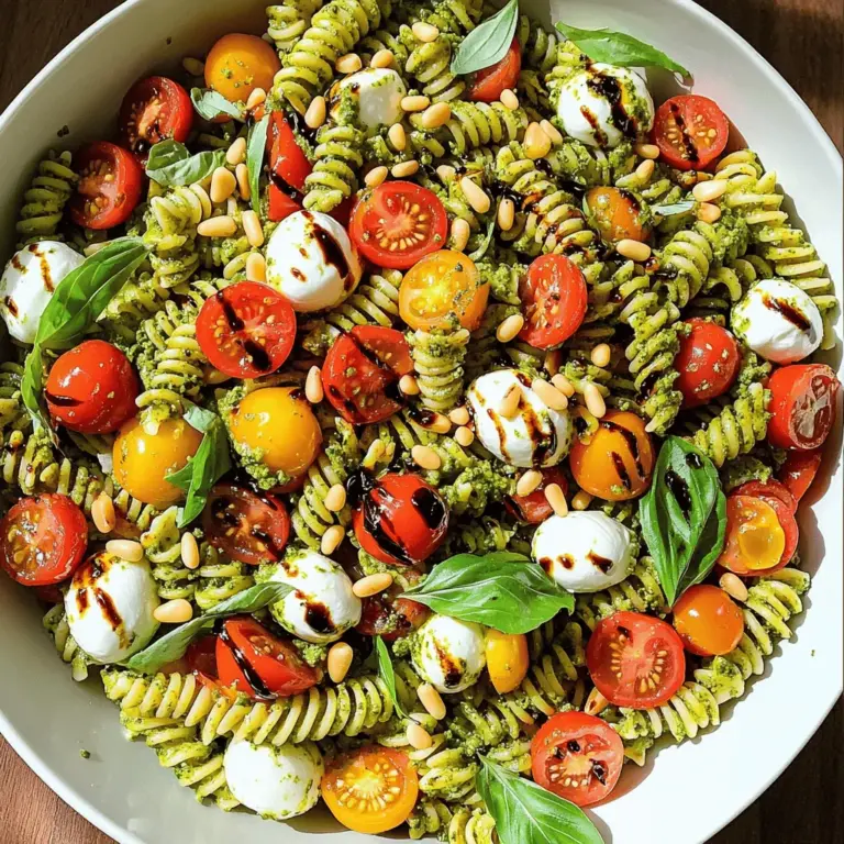 - 2 Tassen Fusilli-Pasta - 1 Tasse Kirschtomaten - 1 Tasse frische Mozzarellakugeln Die Hauptzutaten machen den Pesto Caprese Pasta Salad frisch und bunt. Die Fusilli-Pasta hat eine tolle Form und hält das Dressing gut fest. Kirschtomaten bringen Süße und Farbe in den Salat. Mozzarellakugeln geben eine cremige Textur und einen milden Geschmack. - 1/2 Tasse Pesto - 2 Esslöffel Olivenöl - Salz und Pfeffer Das Dressing ist einfach und schnell. Pesto bringt den typischen italienischen Geschmack. Olivenöl macht es schön glatt. Salz und Pfeffer bringen alles zusammen und machen es würzig. - 1/4 Tasse geröstete Pinienkerne - Balsamico-Glasur Die optionalen Zutaten sind tolle Ergänzungen. Geröstete Pinienkerne geben einen knackigen Biss. Balsamico-Glasur fügt eine süß-saure Note hinzu. Sie können damit den Salat noch interessanter machen. Für das gesamte Rezept schauen Sie sich die [Full Recipe] an. - Bringen Sie in einem großen Topf leicht gesalzenes Wasser zum Kochen. - Fügen Sie die Fusilli-Pasta hinzu. Kochen Sie sie gemäß Anweisung auf der Verpackung, bis sie al dente ist. - Nach dem Kochen, gießen Sie die Pasta ab und spülen Sie sie unter kaltem Wasser ab. Lassen Sie sie abkühlen. - Während die Pasta kocht, halbieren Sie die Kirschtomaten. Stellen Sie sie beiseite. - Wenn Sie ganze Mozzarellakugeln verwenden, schneiden Sie diese in Halbe oder Viertel. - Rösten Sie die Pinienkerne in einer trockenen Pfanne bei mittlerer Hitze für etwa 3-4 Minuten, bis sie goldbraun und duftend sind. - In einer großen Schüssel vereinen Sie die abgekühlte Fusilli-Pasta, die Kirschtomaten, die Mozzarellabällchen und die frischen Basilikumblätter. - Bereiten Sie das Dressing vor, indem Sie das Pesto mit dem Olivenöl in einer kleinen Schüssel verrühren. - Mit Salz und Pfeffer nach Geschmack abschmecken. Träufeln Sie das Pesto-Dressing über die Pasta-Mischung und rühren Sie vorsichtig um. - Heben Sie die gerösteten Pinienkerne unter. Dies gibt dem Salat einen tollen Biss. - Servieren Sie den Nudelsalat auf einer großen Platte. Optional können Sie mit Balsamico-Glasur einen zusätzlichen Geschmack hinzufügen. Für die vollständige Zubereitung können Sie das [Full Recipe] nutzen. Um die beste Pasta zu kochen, wähle Fusilli. Diese Form hält das Pesto gut fest. Koche die Pasta in leicht gesalzenem Wasser. Achte darauf, sie al dente zu kochen. Das bedeutet, dass sie außen weich und innen noch bissfest ist. Nach dem Kochen, spüle die Pasta unter kaltem Wasser ab. So stoppt der Kochprozess und die Pasta bleibt nicht klebrig. Diese Technik lässt das Dressing besser aufnehmen. Pesto ist der Schlüssel zu diesem Salat. Du kannst hausgemachtes Pesto verwenden, das frisch und lecker ist. Wenn die Zeit knapp ist, ist gekauftes Pesto eine gute Wahl. Achte darauf, ein hochwertiges Produkt zu wählen. Du kannst das Rezept mit anderen Kräutern anpassen. Zum Beispiel, verwende Petersilie oder Rucola für einen anderen Geschmack. Diese Variationen bringen frische Aromen in deinen Salat. Ein schöner Salat macht mehr Spaß. Serviere die Pasta in einer großen Schüssel. Garniere sie mit frischen Basilikumblättern obenauf. Das sieht nicht nur gut aus, sondern bringt auch mehr Aroma. Du kannst auch Balsamico-Glasur darüber träufeln. Diese süße Note ergänzt die Tomaten und das Pesto perfekt. Stelle die Glasur in einer kleinen Schüssel bereit, damit jeder nach Belieben nehmen kann. {{image_4}} Wenn Sie Ihren Pesto Caprese Pasta Salad aufpeppen wollen, probieren Sie diese Zusatzoptionen: - Gegrilltes Gemüse hinzufügen: Gegrillte Zucchini, Paprika oder Auberginen bringen mehr Geschmack. Einfach gegrillt und leicht gesalzen, ergänzen sie den Salat perfekt. - Proteine wie Hähnchen oder Garnelen: Fügen Sie gegrilltes Hähnchen oder Garnelen hinzu, um den Salat nahrhafter zu machen. Diese Proteine machen ihn zu einer vollständigen Mahlzeit. Es gibt viele Möglichkeiten, den Salat an verschiedene Diäten anzupassen: - Glutenfreie Pasta verwenden: Für glutenfreie Optionen nutzen Sie spezielle glutenfreie Pasta. Diese sind in vielen Geschäften erhältlich und bieten einen ähnlichen Geschmack. - Vegane Mozzarella-Alternativen: Wenn Sie vegan leben, probieren Sie pflanzliche Mozzarella-Alternativen. Diese Optionen sind lecker und passen gut zum Rest des Salats. Nutzen Sie saisonale Zutaten, um den Salat frisch und spannend zu halten: - Zutaten saisonal anpassen: Im Sommer sind frische Kirschtomaten und Basilikum ideal. Im Herbst können Sie geröstete Kürbiswürfel oder Spinat verwenden. So bleibt der Salat immer interessant und lecker. Für das vollständige Rezept schauen Sie bitte [Full Recipe] an. Um Ihren Pesto Caprese Pasta Salad frisch zu halten, lagern Sie ihn im Kühlschrank. Verwenden Sie einen luftdichten Behälter. So bleibt der Salat knackig und lecker. Die maximale Haltbarkeit beträgt drei Tage. Nach dieser Zeit kann die Pasta weich werden und die Aromen verblassen. Einige Zutaten halten sich länger als andere. Kirschtomaten sind am frischesten, wenn Sie sie gleich verwenden. Mozzarella kann bis zu einer Woche dauern, wenn er gut verpackt ist. Für Pesto gibt es zwei Optionen: hausgemacht oder gekauft. Hausgemachtes Pesto bleibt etwa eine Woche frisch. Gekauftes Pesto hat oft ein längeres Haltbarkeitsdatum auf der Verpackung. Der Pesto Caprese Pasta Salad schmeckt am besten kalt. Um die Textur zu bewahren, vermeiden Sie das Wiederaufwärmen. Wenn Sie Reste haben, essen Sie diese einfach direkt aus dem Kühlschrank. Sie können auch frische Basilikumblätter und geröstete Pinienkerne hinzufügen, um den Geschmack aufzufrischen. Der Pesto Caprese Pasta Salad hält sich gut im Kühlschrank. In einem luftdichten Behälter bleibt er bis zu drei Tage frisch. Achten Sie darauf, den Salat gut abzudecken. So bleibt er saftig und lecker. Nach ein paar Tagen kann der Geschmack nachlassen. Frische Zutaten sind am besten. Ja, Sie können die Pasta im Voraus kochen. Kochen Sie die Fusilli-Pasta, lassen Sie sie abkühlen und lagern Sie sie im Kühlschrank. So sparen Sie Zeit, wenn Sie den Salat zubereiten. Achten Sie darauf, die Pasta nicht zu lange stehen zu lassen. Sie könnte matschig werden. Ja, es gibt viele Alternativen zur Fusilli-Pasta. Penne, Farfalle oder sogar Spaghetti sind gute Optionen. Experimentieren Sie mit verschiedenen Formen, um neue Texturen zu entdecken. Jede Pasta bringt ihren eigenen Charakter in den Salat. Um den Salat zu würzen, fügen Sie Salz und Pfeffer nach Geschmack hinzu. Sie können auch frische Kräuter wie Oregano oder Thymian verwenden. Ein Spritzer Zitronensaft kann die Aromen aufhellen. Seien Sie kreativ und passen Sie die Gewürze an Ihren Geschmack an. Das Rezept für Pesto Caprese Pasta Salad kommt aus der italienischen Küche. Es vereint frische Zutaten und einfache Zubereitung zu einem leckeren Gericht. Pesto, Tomaten und Mozzarella sind klassische italienische Aromen. Diese Kombination ist nicht nur schmackhaft, sondern auch farbenfroh und ansprechend. Wenn Sie mehr über die Zubereitung erfahren möchten, schauen Sie sich das [Full Recipe] an. Dieser Pesto Caprese Pasta Salad ist einfach und lecker. Wir haben die Hauptzutaten, das Dressing und die Schritte zum Zubereiten besprochen. Auch Tipps zur perfekten Pasta und Variationen für jedes Essen wurden gegeben. Denken Sie daran, dass der Salat frisch am besten schmeckt. Nutzen Sie saisonale Zutaten für mehr Geschmack. Experimentieren Sie mit verschiedenen Kräutern oder Proteinen. So macht die Zubereitung Spaß und bleibt spannend. Genießen Sie Ihr Essen!