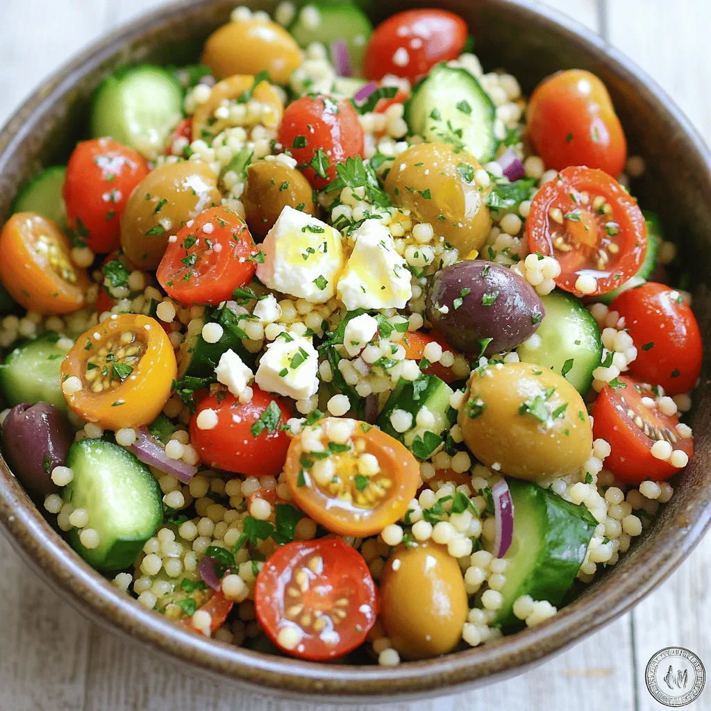 - Couscous und Gemüsebrühe - Frisches Gemüse und Oliven - Gewürze und Dressing-Zutaten Für den perfekten Mediterranen Couscous-Salat brauchst du einige einfache Zutaten. - Couscous und Gemüsebrühe: Du benötigst 1 Tasse Couscous und 1 1/4 Tassen Gemüsebrühe. Die Brühe gibt dem Couscous tollen Geschmack. - Frisches Gemüse und Oliven: Verwende 1 Tasse Kirschtomaten, halbiert, 1 gewürfelte Salatgurke, 1/2 fein gehackte rote Zwiebel und 1/2 Tasse Kalamata-Oliven, in Scheiben geschnitten. 1/2 Tasse zerbröckelter Feta-Käse und 1/4 Tasse frische, gehackte Petersilie bringen Farbe und Frische. - Gewürze und Dressing-Zutaten: Du brauchst 1/4 Tasse Olivenöl, 2 Esslöffel Zitronensaft, Salz, Pfeffer und 1 Teelöffel getrockneten Oregano. Diese Zutaten machen das Dressing einfach und frisch. Wenn du bereit bist, schau dir das [Full Recipe](#) an und bringe all diese Zutaten zusammen! 1. Brühe zum Kochen bringen: Beginne mit einer mittelgroßen Pfanne. Fülle sie mit 1 1/4 Tassen Gemüsebrühe und bringe sie zum Kochen. Achte darauf, dass die Brühe sprudelnd kocht. 2. Couscous hinzufügen und quellen lassen: Füge 1 Tasse Couscous zur kochenden Brühe hinzu. Rühre kurz um und nimm die Pfanne vom Herd. Decke die Pfanne ab und lasse den Couscous für etwa 5 Minuten quellen. 3. Couscous auflockern: Nach 5 Minuten nimm die Abdeckung ab. Verwende eine Gabel, um den Couscous vorsichtig aufzulockern. Lasse ihn ein paar Minuten abkühlen, bevor du mit dem Salat fortfährst. 1. Gemüse schneiden und Mischen: Nimm eine große Schüssel. Schneide 1 Tasse Kirschtomaten in Hälften, 1 Salatgurke in Würfel und 1/2 rote Zwiebel fein. Gib alles in die Schüssel. 2. Feta und Gewürze hinzufügen: Füge 1/2 Tasse Kalamata-Oliven, 1/2 Tasse zerbröckelten Feta und 1/4 Tasse gehackte Petersilie hinzu. Mische die Zutaten gut. 1. Zutaten vermengen und gut umrühren: Mische in einer kleinen Schüssel 1/4 Tasse Olivenöl, 2 Esslöffel Zitronensaft, 1 Teelöffel getrockneten Oregano, Salz und Pfeffer nach Geschmack. Rühre, bis alles gut vermischt ist. 2. Dressing über den Salat geben: Gieße das Dressing über die Gemüse-Mischung. Füge dann den aufgelockerten Couscous hinzu. Werfe alles vorsichtig zusammen, bis die Zutaten gut verteilt sind. Für weitere Details und die vollständige Zubereitung, siehe die [Full Recipe]. Um die perfekte Konsistenz für deinen Couscous zu erreichen, gibt es einige wichtige Schritte. Zuerst musst du den Couscous richtig auflockern. Nach dem Kochen lasse den Couscous etwa fünf Minuten ruhen. Dann nimm eine Gabel und lockere ihn vorsichtig auf. So wird der Couscous schön fluffig und nicht klebrig. Die Kühlzeit ist ebenfalls wichtig, um die Aromen zu intensivieren. Lass den Salat mindestens 30 Minuten im Kühlschrank ruhen. So verbinden sich die Geschmäcker gut und der Salat wird noch schmackhafter. Wenn du den Salat kalt servierst, schmeckt er besonders frisch und einladend. Die Präsentation deines Salats macht viel aus. Serviere ihn in schönen Schalen, um die Farben und Texturen zu zeigen. Eine gute Idee ist, den Salat mit frischen Petersilienblättern und Zitronenzesten zu garnieren. Das sieht nicht nur toll aus, sondern gibt auch einen zusätzlichen frischen Geschmack. Ein paar einfache Anrichtetechniken können den Salat hervorheben. Du kannst die Zutaten schichten, um ein schönes Bild zu schaffen. Oder du kannst den Salat in der Mitte einer großen Platte anrichten. Achte darauf, dass die Farben leuchten und der Salat einladend aussieht. Eine ansprechende Präsentation macht das Essen noch mehr Spaß. Für das vollständige Rezept, schau dir die [Full Recipe] an. {{image_4}} Vegetarische Couscous-Salate sind einfach und lecker. Sie können Eiersatz verwenden, um mehr Proteine hinzuzufügen. Kichererbsen oder Quinoa sind tolle Optionen. Diese Zutaten machen den Salat nahrhafter. Für mehr Geschmack können Sie verschiedene Gemüsearten verwenden. Probieren Sie Paprika, Karotten oder Zucchini. Diese Gemüsesorten bringen Farben und Texturen in Ihr Gericht. Für eine vegane Version ersetzen Sie den Feta-Käse. Tofu oder Nusskäse sind gute Alternativen. Diese Optionen geben dem Salat eine cremige Note. Fügen Sie zusätzliche Dressings wie Balsamico oder Tahini hinzu. Diese bringen reichhaltige Aromen und Tiefe in Ihr Gericht. Vegane Zutaten machen den Salat vielseitig und spannend. Nutzen Sie saisonale Gemüsesorten für den Salat. Im Frühling sind Spargel und Erbsen frisch und lecker. Im Sommer können Sie Wassermelone oder Pfirsiche hinzufügen. Diese fruchtigen Varianten bringen Süße und Frische. Im Herbst sind Kürbis und Rüben ideal für den Couscous. Im Winter können Sie getrocknete Früchte wie Cranberries verwenden. Diese Ideen sorgen für Abwechslung und Geschmack das ganze Jahr über. Um den mediterranen Couscous-Salat frisch zu halten, lagere ihn im Kühlschrank. Verwende dafür einen luftdichten Behälter. So bleibt der Salat knackig und lecker. Du kannst den Salat bis zu drei Tage im Kühlschrank aufbewahren. Achte darauf, ihn gut abzudecken, um ein Austrocknen zu verhindern. Vor dem Genuss solltest du den Salat kurz durchmischen. So verteilen sich die Aromen wieder gut. Meal Prep ist einfach mit diesem Salat. Du kannst alle Zutaten im Voraus schneiden und lagern. Der Couscous kann auch bereits gekocht und abgekühlt werden. Das spart Zeit an hektischen Tagen. Wenn du eine Party planst, mache den Salat am Vortag. Lass ihn im Kühlschrank ziehen, damit die Geschmäcker sich gut vermischen. So hast du mehr Zeit für deine Gäste und kannst den Abend genießen. Für große Gruppen ist der Salat ideal. Er lässt sich leicht in großen Mengen zubereiten und schmeckt immer frisch. Für das [Full Recipe] schau in den vorherigen Abschnitt. Der Salat hält sich gut im Kühlschrank für etwa 3 bis 5 Tage. Um die Haltbarkeit zu maximieren, lagern Sie ihn in einem luftdichten Behälter. Achten Sie darauf, dass der Salat kühl bleibt. Wenn Sie ihn länger aufbewahren, kann das Gemüse weich werden. Es ist am besten, den Salat frisch zu genießen. Ja, Sie können andere Getreide verwenden. Quinoa ist eine tolle Option. Es hat einen nussigen Geschmack und ist ebenfalls gesund. Bulgur ist eine weitere gute Wahl. Er ist leicht und passt gut zu mediterranen Aromen. Sie können auch Reis verwenden, wenn Sie es bevorzugen. Jedes Getreide bringt seinen eigenen Geschmack mit. Couscous ist nicht glutenfrei, da er aus Weizen hergestellt wird. Wenn Sie glutenfreie Optionen suchen, verwenden Sie Quinoa oder Reis. Diese Alternativen sind lecker und passen gut zum Salat. Achten Sie darauf, die anderen Zutaten ebenfalls auf Gluten zu prüfen. So können Sie sicher sein, dass Ihr Salat glutenfrei bleibt. Im Blogpost haben wir die Zubereitung eines leckeren Couscous-Salats behandelt. Wir haben die Zutaten, die Schritt-für-Schritt-Anleitung und nützliche Tipps besprochen. Denke daran, die Konsistenz des Couscous perfekt hinzubekommen. Variiere mit Gemüse und Dressings nach Saison. Halte deinen Salat frisch, indem du ihn richtig lagerst. Experimentiere mit verschiedenen Getreiden und achte auf glutenfreie Optionen. Now, viel Spaß beim Ausprobieren und Servieren!