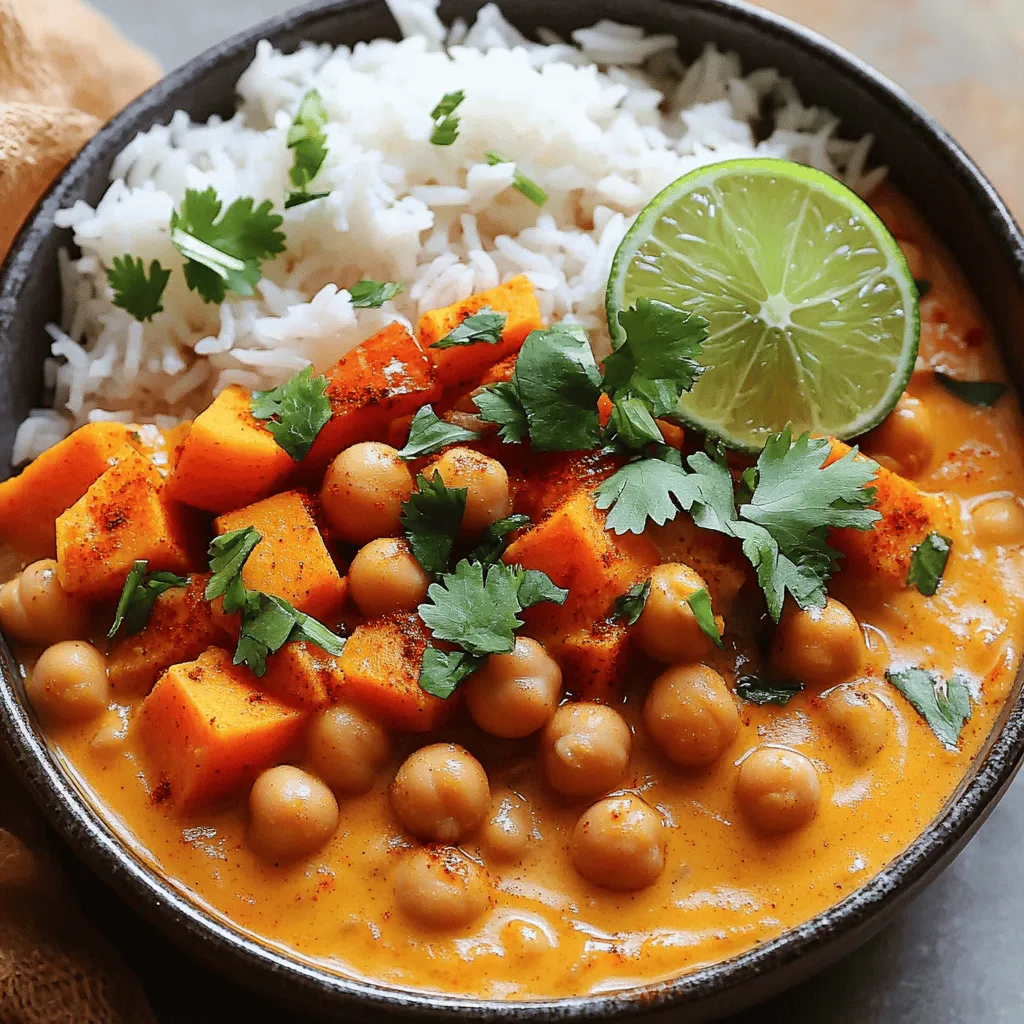 Für dieses leckere Curry brauchst du einige Hauptzutaten. Hier sind sie: - 2 mittelgroße Süßkartoffeln, geschält und gewürfelt - 1 Dose (400 g) Kichererbsen, abgetropft und abgespült - 1 Dose (400 ml) Kokosmilch - 1 große Zwiebel, fein gehackt - 3 Knoblauchzehen, gehackt - 1 Esslöffel frischer Ingwer, gerieben - 2 Esslöffel Currypulver - 1 Teelöffel Kreuzkümmel - 1/2 Teelöffel Kurkuma - 1 Dose (400 g) gehackte Tomaten (mit Saft) - 500 ml Gemüsebrühe - 2 Esslöffel Olivenöl - Salz und Pfeffer nach Geschmack - Frischer Koriander zur Garnitur - Limettenschnitze zum Servieren Diese Zutaten machen das Curry cremig und nahrhaft. Die Süßkartoffeln bieten eine süße Note, während die Kichererbsen für Proteine sorgen. Gewürze sind wichtig für den Geschmack. Sie geben dem Curry Tiefe und Aroma. Hier sind die wichtigsten Gewürze: - Currypulver sorgt für die Würze. - Kreuzkümmel hat einen warmen, erdigen Geschmack. - Kurkuma gibt eine schöne Farbe und ist gesund. Wenn du die Gewürze anröstest, entfalten sie ihr volles Aroma. Das macht einen großen Unterschied. Du kannst das Curry noch besser machen, indem du Beilagen hinzufügst. Hier sind einige Ideen: - Serviere es mit gedämpftem Basmatireis. - Naan ist ein tolles Brot zum Dippen. - Du kannst auch frisches Gemüse wie Brokkoli oder Spinat hinzufügen. Diese Optionen machen dein Gericht noch köstlicher. Probiere alles aus und finde deine Lieblingskombination! Du findest das komplette Rezept für das Süßkartoffel-Kichererbsen-Curry hier: [Full Recipe]. Zuerst waschen wir die Süßkartoffeln. Dann schälen und würfeln wir sie. Nehmt eine große Zwiebel und hackt sie fein. Danach hackt ihr die Knoblauchzehen und reibt den Ingwer. Öffnet die Dosen Kichererbsen und gehackte Tomaten. Stellt alles bereit, um den Kochprozess zu starten. Erhitzt Olivenöl in einem großen Topf bei mittlerer Hitze. Fügt die Zwiebeln hinzu und schwitzt sie für etwa fünf Minuten an, bis sie glasig sind. Gebt dann den Knoblauch und den Ingwer dazu. Dünst alles für ein bis zwei Minuten. Streut nun das Currypulver, den Kreuzkümmel und den Kurkuma in den Topf. Röstet die Gewürze für eine Minute, um das Aroma freizusetzen. Jetzt kommen die gewürfelten Süßkartoffeln und die Kichererbsen in den Topf. Gebt die gehackten Tomaten, die Kokosmilch und die Gemüsebrühe dazu. Rührt alles gut um, damit sich die Zutaten vermischen. Bringt die Mischung zum Kochen. Setzt den Deckel auf den Topf, senkt die Hitze und lasst das Curry für 20 bis 25 Minuten köcheln. Prüft, ob die Süßkartoffeln weich sind. Würzt das Curry mit Salz und Pfeffer nach Geschmack. Wenn es dicker sein soll, köchelt es ohne Deckel für fünf bis zehn Minuten weiter. Lass das Curry nach dem Kochen einige Minuten ruhen. Serviert es warm in tiefen Schalen. Garniert es mit frischem Koriander und Limettenschnitzen. Diese geben einen frischen Kick. Zusammen mit gedämpftem Basmatireis oder Naan wird es zu einer runden Mahlzeit. Für die genaue Anleitung schaut euch das Full Recipe an. Die Süßkartoffel ist das Herz dieses Currys. Wähle frische, feste Süßkartoffeln. Die Schale sollte glatt sein. Schäle sie gründlich und schneide sie in gleichmäßige Würfel. So garen sie gleichmäßig. Koche die Würfel nicht zu lange. Sie sollten weich, aber nicht matschig sein. Das macht das Curry lecker und schön. Ein häufiger Fehler ist, die Gewürze nicht richtig zu rösten. Röste sie in Öl, bevor du die anderen Zutaten hinzufügst. Das bringt den Geschmack hervor. Achte darauf, die Hitze nicht zu hoch einzustellen. Zu hohe Hitze kann die Zwiebeln verbrennen. Dies kann den Geschmack des gesamten Gerichts ruinieren. Um den Geschmack zu intensivieren, füge etwas Limettensaft hinzu, bevor du servierst. Das bringt Frische und Balance. Du kannst auch frische Kräuter wie Koriander oder Minze nutzen. Diese sorgen für einen tollen Kontrast. Experimentiere mit anderen Gemüsearten wie Spinat oder Karotten. Das verwandelt dein Curry in eine bunte Mahlzeit. Für die vollständige Anleitung schaue dir das [Full Recipe] an. {{image_4}} Du kannst viele Gemüsesorten in dein Süßkartoffel-Kichererbsen-Curry hinzufügen. Zucchini, Spinat oder Blumenkohl passen gut dazu. Auch Karotten sind eine leckere Wahl. Sie geben deinem Curry eine süße Note und mehr Farbe. Denk daran, das Gemüse klein zu schneiden, damit es gleichmäßig gart. Jedes Gemüse bringt seinen eigenen Geschmack mit. Experimentiere ruhig, um dein perfektes Curry zu finden. Das Rezept ist von Natur aus vegan und glutenfrei. Du kannst die Kichererbsen durch andere Bohnen ersetzen, wenn du magst. Alle Zutaten sind pflanzlich und gesund. Wenn du eine glutenfreie Diät befolgst, achte darauf, dass die Brühe und das Currypulver glutenfrei sind. Viele Marken bieten glutenfreie Optionen an. So bleibt dein Curry lecker und sicher für alle. Neben Currypulver kannst du andere Gewürze verwenden. Garam Masala fügt eine neue Tiefe hinzu. Paprika oder Chili geben dem Curry mehr Schärfe. Experimentiere mit Zimt oder Nelken für einen warmen Geschmack. Du kannst auch frische Kräuter wie Basilikum oder Minze hinzufügen. Diese Kombinationen bringen frische Aromen und neue Geschmäcker in dein Gericht. Probiere verschiedene Gewürze aus, um dein Lieblingscurry zu kreieren. Wenn du nach dem Kochen noch Curry übrig hast, bewahre es in einem luftdichten Behälter auf. Die Reste bleiben im Kühlschrank etwa drei bis fünf Tage frisch. Stelle sicher, dass das Curry vollständig abgekühlt ist, bevor du es in den Kühlschrank stellst. So vermeidest du Kondensation im Behälter. Du kannst das Süßkartoffel-Kichererbsen-Curry auch einfrieren. Fülle es in einen gefrierfesten Behälter. Achte darauf, etwas Platz zu lassen, da sich Flüssigkeiten beim Gefrieren ausdehnen. So bleibt das Curry bis zu drei Monate haltbar. Beschrifte den Behälter mit dem Datum, damit du weißt, wann du es eingefroren hast. Um das Curry aufzuwärmen, stelle einen Topf auf mittlere Hitze. Füge etwas Wasser oder Gemüsebrühe hinzu, damit es nicht anbrennt. Rühre das Curry gut um und erwärme es für etwa fünf bis zehn Minuten. Du kannst auch die Mikrowelle nutzen. Stelle sicher, dass du das Curry in einem mikrowellengeeigneten Behälter erhitzt. Erhitze es in kurzen Intervallen und rühre zwischendurch um. So bleibt das Curry gleichmäßig warm und lecker. Für die vollständige Zubereitung des Currys, schaue dir das Full Recipe an. Das Süßkartoffel-Kichererbsen-Curry bleibt im Kühlschrank etwa 3 bis 4 Tage frisch. Um die Haltbarkeit zu verlängern, lagere es in einem luftdichten Behälter. Wenn du viel Curry zubereitest, kannst du einen Teil einfrieren. So hält es sich bis zu 3 Monate. Achte darauf, das Curry gut abzukühlen, bevor du es einfrierst. So bleibt der Geschmack erhalten. Ja, du kannst das Rezept nach deinem Geschmack anpassen. Füge gerne dein Lieblingsgemüse hinzu, wie Spinat oder Karotten. Du kannst auch das Currypulver ändern oder mehr Gewürze verwenden, um den Geschmack zu intensivieren. Wenn du eine schärfere Note magst, füge frische Chilischoten hinzu. Das macht das Curry aufregender und passt zu deinem persönlichen Stil. Das Curry schmeckt wunderbar mit gedämpftem Basmatireis oder Naan-Brot. Diese Beilagen helfen, die Aromen des Currys zu ergänzen und die Sauce aufzunehmen. Du kannst auch einen frischen Salat oder Joghurt dazu servieren, um einen kühlen Kontrast zu schaffen. Für eine gesunde Wahl, probiere Quinoa oder Blumenkohlreis als Basis. Das Süßkartoffel-Kichererbsen-Curry ist einfach und lecker. Wir haben die nötigen Zutaten, Gewürze und mögliche Beilagen besprochen. Die Schritt-für-Schritt-Anleitung macht die Zubereitung leicht. Tipps helfen, häufige Fehler zu vermeiden und den Geschmack zu verbessern. Variationen bieten viele Optionen für jeden Geschmack. Schließlich wissen Sie jetzt, wie Sie Reste richtig lagern. Probieren Sie dieses Rezept aus und genießen Sie es in vollen Zügen. Ihr nächstes Curry wird sicher ein Hit!