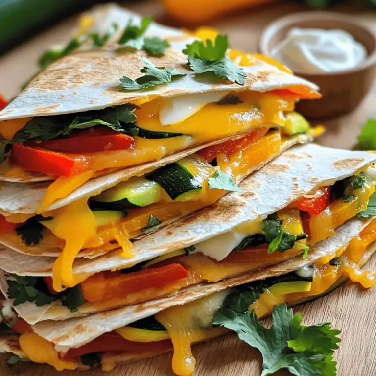 Für köstliche Gemüse-Quesadillas brauchen Sie diese frischen Zutaten: - 1 große rote Paprika, in Streifen geschnitten - 1 große gelbe Paprika, in Streifen geschnitten - 1 mittlere Zucchini, in Scheiben geschnitten - 1 mittlere rote Zwiebel, dünn geschnitten - 2 Tassen frischer Spinat - 1 Tasse geriebener Mozzarella-Käse - 1 Tasse geriebener Cheddar-Käse - 4 Vollkorn-Tortillas - 2 Esslöffel Olivenöl - 1 Teelöffel Knoblauchpulver - 1 Teelöffel Kreuzkümmel - Salz und Pfeffer nach Geschmack - Frischer Koriander, gehackt, zum Garnieren - Sauerrahm oder Guacamole, zum Servieren Frisches Gemüse macht Quesadillas bunt und lecker. Ich liebe es, Paprika, Zucchini und Spinat zu verwenden. Paprika bringt Süße und Farbe. Zucchini sorgt für eine tolle Textur. Spinat fügt einen gesunden Geschmack hinzu. Sie können auch anderes Gemüse wie Pilze oder Brokkoli verwenden. Seien Sie kreativ mit dem, was Sie mögen! Der Käse ist das Herzstück der Quesadilla. Ich benutze gerne eine Mischung aus Mozzarella und Cheddar. Mozzarella schmilzt schön und ist mild. Cheddar gibt einen tollen Geschmack. Sie können auch andere Käsesorten ausprobieren, wie Gouda oder Feta. Die Wahl der Tortilla ist auch wichtig. Vollkorn-Tortillas sind gesund und haben einen nussigen Geschmack. Sie können auch Weizen- oder Mais-Tortillas verwenden. Wählen Sie die, die Ihnen am besten schmeckt! Für das vollständige Rezept schauen Sie sich die Full Recipe an. Beginne mit der Vorbereitung deines Gemüses. Nimm die große rote und gelbe Paprika. Schneide sie in Streifen. Dann nimm die Zucchini und schneide sie in dünne Scheiben. Die rote Zwiebel sollte auch in dünne Scheiben geschnitten werden. Zum Schluss nimm die frischen Spinatblätter. Sie brauchen keine Vorbereitung, außer dem Waschen. Erhitze eine große Pfanne und füge 1 Esslöffel Olivenöl hinzu. Wenn das Öl heiß ist, füge die Paprika und die Zwiebel in die Pfanne. Lasse sie für etwa 5 Minuten kochen, bis sie weich werden. Dann füge die Zucchini und den Spinat hinzu. Streue Knoblauchpulver, Kreuzkümmel, Salz und Pfeffer darüber. Lasse alles weitere 3 bis 4 Minuten kochen. Jetzt nimm eine Tortilla und lege sie in eine separate Pfanne. Streue die Hälfte des Mozzarella- und Cheddar-Käses auf eine Hälfte der Tortilla. Füge die Gemüse-Mischung hinzu und klappe die Tortilla zu. Koche die Tortilla für 3 bis 4 Minuten auf einer Seite. Sie sollte goldbraun und knusprig sein. Wende die Tortilla sorgfältig und koche die andere Seite für weitere 3 bis 4 Minuten. Sobald der Käse geschmolzen ist, nimm die Quesadilla aus der Pfanne. Wiederhole dies mit der zweiten Tortilla und den restlichen Zutaten. Schneide die Quesadillas in Stücke. Serviere sie warm mit frischem Koriander und einem Dip aus Sauerrahm oder Guacamole. Für das vollständige Rezept, schaue dir die [Full Recipe] an. Wähle frisches Gemüse für deine Quesadillas. Achte darauf, dass die Paprika knackig und glänzend sind. Zucchini sollten fest und ohne Flecken sein. Verwende frischen Spinat, der grün und lebendig aussieht. Bei Käse ist eine Mischung aus Mozzarella und Cheddar ideal. Dieser Mix schmilzt gut und hat tollen Geschmack. Für Tortillas greife zu Vollkorn-Varianten. Diese sind nahrhaft und geben einen herzhaften Biss. Bereite das Gemüse gleichmäßig vor. Schneide alles in ähnliche Größen, damit es gleichmäßig gar wird. Nutze eine große Pfanne, damit das Gemüse genug Platz hat. So kann es gut braten. Verwende ein wenig Olivenöl, um das Gemüse zu sautieren. Das bringt den Geschmack hervor und macht es zart. Achte darauf, die Quesadillas nicht zu überladen. Eine dünne Schicht Füllung sorgt für eine perfekte Konsistenz und leichten Genuss. Du kannst das Gemüse schon am Tag zuvor vorbereiten. Schneide es und lagere es in einem Behälter im Kühlschrank. So sparst du Zeit, wenn du die Quesadillas machst. Du kannst auch die Quesadillas im Voraus zusammenstellen. Lege sie auf ein Backblech, decke sie ab und bewahre sie im Kühlschrank auf. Wenn du bereit bist, sie zu essen, koche sie einfach in der Pfanne. Sie sind schnell und lecker, bereit zum Genießen! Für die vollständige Anleitung, siehe das Full Recipe. {{image_4}} Quesadillas sind sehr vielseitig. Du kannst sie mit fast allem füllen. Probiere zum Beispiel schwarze Bohnen, Mais oder Pilze. Diese Zutaten bringen extra Geschmack und Textur. Du kannst auch frische Kräuter nutzen. Basilikum oder Oregano geben eine schöne Note. Mische verschiedene Füllungen. Kombiniere zum Beispiel Spinat mit Feta-Käse. Das sorgt für eine spannende Geschmackskombination. Du kannst auch geröstetes Gemüse verwenden. Das verleiht deinen Quesadillas einen tollen, rauchigen Geschmack. Käse ist der Star in jeder Quesadilla. Neben Mozzarella und Cheddar kannst du auch andere Sorten testen. Probiere zum Beispiel Gouda oder Monterey Jack. Diese Käsesorten schmelzen gut und geben Geschmack. Lass deiner Kreativität freien Lauf. Manche mögen es scharf. Füge etwas Pepper Jack-Käse hinzu. Für einen milderen Geschmack ist Ricotta eine gute Wahl. Denke daran, Käse in verschiedenen Schichten zu verwenden. So wird jede Biss ein Genuss. Wenn du vegetarisch oder vegan isst, gibt es viele Optionen. Statt Käse kannst du pflanzliche Alternativen nutzen. Produkte aus Cashew oder Soja sind perfekt. Sie schmelzen gut und sind lecker. Du kannst auch Tofu oder Tempeh hinzufügen. Diese geben deinen Quesadillas eine gute Proteinquelle. Vergiss nicht, die Gewürze anzupassen. Sie bringen den Geschmack hervor. Nutze Gewürze wie Paprika oder Chili, um den Kick zu erhöhen. Für die Füllung kannst du auch Hülsenfrüchte verwenden. Linsen oder Kichererbsen sind nahrhaft und köstlich. Wenn du bereit bist, probiere das Rezept für die Regenbogen Gemüse Quesadillas. Sie sind bunt und voller Geschmack. Wenn Sie Quesadillas zubereiten, ist die Lagerung wichtig. Lassen Sie die Quesadillas zuerst abkühlen. Wickeln Sie sie dann in Frischhaltefolie oder Aluminiumfolie. Alternativ können Sie sie in einem luftdichten Behälter aufbewahren. Lagern Sie sie im Kühlschrank. So bleiben sie frisch für bis zu drei Tage. Haben Sie Reste? Kein Problem! Stellen Sie sicher, dass die Quesadillas vollständig abgekühlt sind. Schneiden Sie sie in Stücke, bevor Sie sie aufbewahren. Legen Sie sie in den Kühlschrank. Sie können auch Quesadillas einfrieren. Wickeln Sie sie gut ein und lagern Sie sie in einem Gefrierbeutel. So bleiben sie bis zu drei Monate haltbar. Um übrig gebliebene Quesadillas aufzuwärmen, nutzen Sie eine Pfanne. Erhitzen Sie sie auf mittlerer Stufe. Legen Sie die Quesadilla hinein und decken Sie die Pfanne ab. So bleibt der Käse schön schmelzig. Nach etwa 5 Minuten ist sie wieder warm. Sie können auch die Mikrowelle nutzen, aber das macht die Tortilla weich. Die Pfanne gibt den besten Geschmack zurück. Für das volle Rezept schauen Sie sich die Regenbogen Gemüse Quesadillas an. Quesadillas sind im Kühlschrank bis zu drei Tage haltbar. Lagere sie in einem luftdichten Behälter. Achte darauf, dass sie gut abgekühlt sind, bevor du sie verpackst. Wenn du sie länger aufbewahren möchtest, kannst du sie für bis zu drei Monate einfrieren. Wickel sie gut in Frischhaltefolie oder Aluminiumfolie ein. So bleiben sie frisch. Ja, du kannst Quesadillas im Ofen backen. Heize den Ofen auf 200 °C vor. Lege die Quesadillas auf ein Backblech und backe sie für etwa 10 Minuten. Wende sie nach der Hälfte der Zeit, damit sie gleichmäßig knusprig werden. So vermeidest du das ständige Wenden in der Pfanne. Das Ergebnis ist eine gleichmäßig goldbraune Quesadilla. Zu Gemüse-Quesadillas passen viele leckere Dips. Hier sind einige beliebte Optionen: - Guacamole - Sauerrahm - Salsa - Pico de Gallo - Joghurt-Dip Jeder Dip bringt einen anderen Geschmack. Experimentiere mit verschiedenen Dips, um deinen Favoriten zu finden. Quesadillas sind einfach zuzubereiten und vielfältig. Ich habe die besten Zutaten und einfache Schritte vorgestellt. Frisches Gemüse und verschiedene Käsesorten machen sie lecker. Tipps zur Vorbereitung und Lagerung sind wichtig für den Genuss. Variationen geben dir jeden Monat neue Ideen. Probiere verschiedene Füllungen und dips aus. Mit diesen Tipps wirst du Quesadillas lieben!