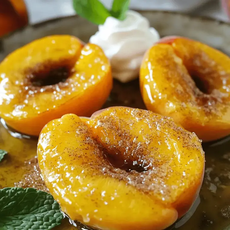 - 4 reife Pfirsiche - 2 Esslöffel brauner Zucker - 1 Teelöffel gemahlener Zimt - Griechischer Joghurt - Vanilleeis - Minzblätter zur Garnitur Die Hauptzutaten machen diesen Snack einfach und lecker. Die süßen Pfirsiche sind frisch und saftig. Brauner Zucker gibt den Pfirsichen eine schöne Karamellnote. Zimt sorgt für eine warme und einladende Note. Diese Kombination ist einfach genial. Ich liebe es, die optionalen Zutaten hinzuzufügen. Griechischer Joghurt gibt eine cremige Textur. Vanilleeis macht das Dessert noch süßer und kühler. Minzblätter bringen eine frische Note ins Spiel. Die Aromen harmonieren perfekt. Wenn du die Pfirsiche zubereitest, nutze die besten Zutaten. Reife Pfirsiche sind wichtig. Sie sind süß und haben einen tollen Geschmack. Das Rezept ist so einfach. Du kannst es in nur 20 Minuten zubereiten. Für die genaue Zubereitung schau dir das [Full Recipe] an. Zuerst wasche ich die Pfirsiche gründlich. Es ist wichtig, die Schale zu reinigen. Danach halbiere ich die Pfirsiche. Ich benutze ein scharfes Messer für diesen Schritt. Ich achte darauf, die Kerne zu entfernen. Die Pfirsichhälften lege ich mit der Schnittfläche nach oben auf ein Schneidebrett. In einer kleinen Schüssel mische ich den braunen Zucker und den gemahlenen Zimt. Diese Mischung gibt den Pfirsichen einen tollen Geschmack. Dann schmelze ich die Butter in der Mikrowelle. Die geschmolzene Butter gebe ich zur Zimt-Zucker-Mischung. Ich rühre alles gut um, bis es eine gleichmäßige Paste ergibt. Jetzt stelle ich die Luftfritteuse auf 190°C ein. Während sie vorheizt, lege ich die Pfirsichhälften in den Korb. Ich achte darauf, dass sie in einer einzigen Schicht liegen. So garen sie gleichmäßig. Dann ist es Zeit, die Pfirsiche für 8 bis 10 Minuten zu garen. Sie sollten zart und leicht karamellisiert sein. Um die perfekte Garzeit für deine Pfirsiche zu finden, achte auf die Konsistenz. Die Pfirsiche sollten weich, aber nicht matschig sein. Sie sind fertig, wenn die Ränder leicht karamellisiert sind. Um ein Überkochen zu vermeiden, bleibe bei 8 bis 10 Minuten Garzeit. Überprüfe die Pfirsiche nach 8 Minuten. So stellst du sicher, dass sie nicht zu lange garen. Du kannst den Geschmack deiner Pfirsiche auf verschiedene Arten verstärken. Statt der Zimt-Zucker-Mischung probiere Vanillezucker oder einen Hauch von Muskatnuss. Du kannst auch Nüsse wie Mandeln oder Walnüsse verwenden. Diese sorgen für einen tollen Crunch. Trockenfrüchte wie Rosinen oder Cranberries geben eine süße Note. Experimentiere mit verschiedenen Kombinationen, um dein Lieblingsgeschmack zu finden. Die Pfirsiche sind ein toller Snack oder ein schnelles Dessert. Du kannst sie mit griechischem Joghurt oder Vanilleeis servieren. Diese Kombination macht die Pfirsiche noch leckerer. Für die Präsentation lege die Pfirsiche auf eine schöne Servierplatte. Träufle etwas Honig darüber und streue frische Minzblätter zur Garnitur. Diese kleinen Schritte machen viel aus und beeindrucken deine Gäste. {{image_4}} Du kannst auch andere Früchte in der Luftfritteuse zubereiten. Äpfel oder Birnen sind großartige Alternativen. Diese Früchte haben eine ähnliche Textur wie Pfirsiche und werden weich und süß. Wenn du Pfirsiche mit Beeren kombinierst, erhältst du ein fruchtiges Geschmacksprofil. Himbeeren oder Blaubeeren passen perfekt. Sie bringen eine frische Note und zusätzliche Farben auf den Teller. Wenn du den Zucker reduzieren möchtest, gibt es einfache Optionen. Du kannst die Zuckermenge halbieren oder ganz weglassen. Stattdessen ist Honig oder Agavendicksaft eine gute Wahl. Diese Süßungsmittel verleihen den Pfirsichen eine natürliche Süße. Sie sind auch gesund und kalorienärmer. So bleibst du im Rahmen einer gesunden Ernährung, während du den vollen Geschmack genießt. Für etwas mehr Spannung kannst du mit Gewürzen experimentieren. Eine Prise Ingwer oder Muskatnuss kann tolle Aromen hinzufügen. Diese Gewürze passen gut zu den süßen Pfirsichen. Du kannst auch frische Kräuter wie Minze oder Basilikum verwenden. Diese Kräuter bringen eine interessante Frische und Komplexität in dein Gericht. Sie machen deine einfachen Air Fryer Pfirsiche noch besonderer. Nach dem Genießen der leckeren Air Fryer Pfirsiche bleiben oft Reste übrig. Diese kannst du einfach im Kühlschrank aufbewahren. Lege die Pfirsiche in einen luftdichten Behälter. So bleiben sie frisch und schmackhaft. Sie halten sich bis zu drei Tage im Kühlschrank. Wenn du längerfristig planen möchtest, kannst du die gekochten Pfirsiche auch einfrieren. Lass sie zuerst abkühlen. Danach lege sie in einen gefriergeeigneten Behälter oder einen Gefrierbeutel. Vergiss nicht, das Datum zu notieren. So hast du einen guten Überblick. Die Pfirsiche bleiben bis zu drei Monate im Gefrierfach haltbar. Um die besten Aromen zu genießen, empfehle ich, die Pfirsiche innerhalb von drei Tagen zu essen. Nach dieser Zeit können die Aromen nachlassen. Wenn du die Pfirsiche eingefroren hast, genieße sie innerhalb von drei Monaten. Achte auf Anzeichen von Verderb. Wenn die Pfirsiche weich oder matschig erscheinen, solltest du sie nicht mehr essen. Schimmel oder ein unangenehmer Geruch sind ebenfalls Warnzeichen. Wenn du dir unsicher bist, wirf sie lieber weg. So bleibst du auf der sicheren Seite. Die ideale Garzeit für Pfirsiche in der Luftfritteuse beträgt etwa 8 bis 10 Minuten. Stelle die Temperatur auf 190°C ein. Achte darauf, dass die Pfirsiche zart sind und die Ränder karamellisiert aussehen. Überprüfe sie nach 8 Minuten. So erhältst du die perfekte Konsistenz. Ja, gefrorene Pfirsiche sind auch möglich. Lasse sie zuerst auftauen. Das kann einige Stunden dauern. Trockne die Pfirsiche gut ab, bevor du sie zubereitest. So bleibt die Zubereitung knusprig und lecker. Das Rezept ergibt vier Portionen. Du kannst die Menge leicht anpassen. Für größere Gruppen verdopple einfach die Zutaten. Achte darauf, dass du genug Platz in der Luftfritteuse hast. So garen die Pfirsiche gleichmäßig. Ja, es gibt viele Alternativen. Du kannst die Pfirsiche auch im Ofen backen. Heize den Ofen auf 190°C vor und backe sie 15 bis 20 Minuten. Eine andere Möglichkeit ist das Grillen. Das gibt den Pfirsichen einen tollen Geschmack. Die Luftfritteuse ist ein großartiges Werkzeug. Mit nur wenigen Zutaten zauberst du köstliche, gebratene Pfirsiche. Der Zimt und Zucker bringen viel Geschmack. Du kannst dein Rezept mit Joghurt oder Eis verfeinern. Denke auch an andere Früchte oder gesunde Alternativen. Bewahre die Reste richtig auf, damit du länger etwas davon hast. Probiere es aus und genieße dein Ergebnis. So einfach kann leckeres Essen sein!