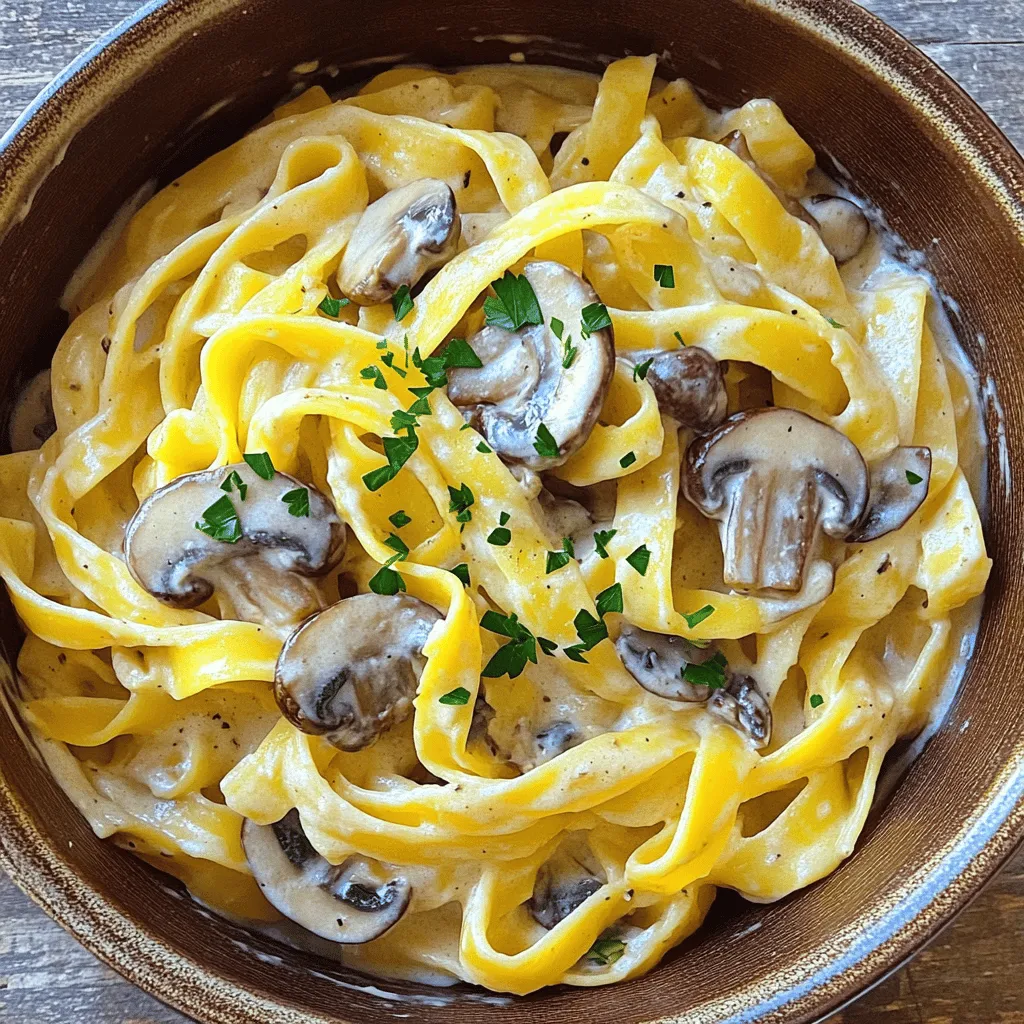 Für die cremige Bacon Mushroom Pasta brauchst du frische, einfache Zutaten. Hier sind die Hauptzutaten: - 225 g Pasta (Fettuccine oder Penne) - 2 Esslöffel Olivenöl - 1 mittlere Zwiebel, gewürfelt - 3 Knoblauchzehen, fein gehackt - 225 g frische Champignons, in Scheiben geschnitten - 240 ml Gemüsebrühe - 240 ml Sahne - 50 g geriebener Parmesan - 1 Teelöffel getrockneter Thymian - 1 Teelöffel getrocknetes Basilikum - Salz und Pfeffer nach Geschmack - Frische Petersilie, gehackt Die Gewürze geben deiner Pasta den besonderen Kick. Du solltest getrockneten Thymian und Basilikum verwenden. Diese Kräuter bringen einen tollen Geschmack. Salz und Pfeffer sind wichtig, um alles abzurunden. Die Kombination von Sahne und Parmesan sorgt für eine reichhaltige, cremige Textur. Diese Zutaten machen das Gericht besonders lecker und einladend. Wenn du Pilze auswählst, achte auf Frische. Die besten Pilze sind fest und haben eine glatte Oberfläche. Die Farbe sollte gleichmäßig sein. Vermeide Pilze mit dunklen Flecken oder weichen Stellen. Champignons sind ideal für dieses Rezept. Sie haben einen milden Geschmack. Wenn du etwas mehr Tiefe willst, nutze auch Cremini-Pilze. Diese haben einen stärkeren, nussigen Geschmack. Achte darauf, die Pilze vor der Verwendung gut zu reinigen. Ein feuchtes Tuch ist ideal, um Schmutz zu entfernen. So bleiben die Pilze frisch und lecker. Kochen Sie zuerst die Pasta. Nehmen Sie einen großen Topf und fügen Sie gesalzenes Wasser hinzu. Bringen Sie das Wasser zum Kochen. Geben Sie Ihre Pasta hinein. Kochen Sie sie gemäß den Anweisungen auf der Verpackung al dente. Abgießen und beiseitestellen. Vergessen Sie nicht, eine Tasse Nudelwasser aufzuheben. Dieses Wasser hilft, die Sauce später zu verdünnen. Erhitzen Sie in einer großen Pfanne zwei Esslöffel Olivenöl bei mittlerer Hitze. Fügen Sie die gewürfelte Zwiebel hinzu. Braten Sie sie für drei bis vier Minuten, bis sie glasig wird. Dann kommt der gehackte Knoblauch dazu. Braten Sie ihn für eine weitere Minute. Der Duft wird Ihre Küche füllen und Lust auf mehr machen! Jetzt ist es Zeit für die Pilze. Geben Sie die geschnittenen Champignons in die Pfanne. Braten Sie sie fünf bis sieben Minuten, bis sie schön braun sind. Gießen Sie die Gemüsebrühe in die Pfanne. Lassen Sie die Mischung zum Simmern bringen. Fügen Sie dann die Sahne hinzu und rühren Sie gut um. Lassen Sie die Sauce fünf Minuten kochen, bis sie eindickt. Reduzieren Sie die Hitze. Rühren Sie nun den geriebenen Parmesan ein. Er wird schmelzen und die Sauce cremig machen. Fügen Sie getrockneten Thymian, Basilikum sowie Salz und Pfeffer nach Geschmack hinzu. Jetzt kommt der spannende Teil! Geben Sie die gekochte Pasta in die Pfanne. Mischen Sie alles gut durch. Wenn die Sauce zu dick ist, fügen Sie nach und nach etwas von dem Nudelwasser hinzu. So bleibt die Sauce schön cremig. Diese cremige Bacon Mushroom Pasta ist einfach ein Genuss. Wenn Sie mehr Details möchten, schauen Sie sich das Full Recipe an. Um die perfekte Konsistenz deiner Sauce zu erreichen, achte auf die Mengen. Beginne mit der angegebenen Menge Sahne und Brühe. Wenn die Sauce zu dick ist, füge langsam etwas von dem aufbewahrten Nudelwasser hinzu. Dieses Wasser enthält Stärke, die hilft, die Sauce zu binden. Die ideale Sauce sollte cremig, aber nicht zu flüssig sein. Ein häufiger Fehler ist, die Pasta zu lange zu kochen. Achte darauf, sie al dente zu kochen. So bleibt sie bissfest und nimmt die Sauce besser auf. Ein weiterer Fehler ist, die Brühe und Sahne zu schnell hinzuzufügen. Lass die Zwiebeln und den Knoblauch gut aromatisieren, bevor du die Flüssigkeiten hinzugibst. Das verbessert den Geschmack erheblich. Um deiner cremigen Bacon Mushroom Pasta mehr Geschmack zu verleihen, probiere frische Kräuter. Petersilie oder Schnittlauch bringen Frische. Auch ein Spritzer Zitronensaft kann die Aromen aufhellen. Baue zusätzliches Gemüse wie Spinat oder Erbsen ein. Das erhöht die Nährstoffe und sorgt für mehr Farbe auf dem Teller. Für den vollen Genuss, verwende den [Full Recipe]. {{image_4}} Wenn Sie eine vegetarische Variante der cremigen Bacon Mushroom Pasta möchten, können Sie den Speck einfach weglassen. Stattdessen können Sie geräucherte Paprika oder geröstete Nüsse verwenden, um einen herzhaften Geschmack zu erzielen. Sie können auch Tofu oder Tempeh anbraten, um mehr Textur zu bieten. Diese Zutaten bringen viel Geschmack und machen das Gericht spannend. Möchten Sie noch mehr Protein in Ihr Gericht bringen? Fügen Sie Hähnchenbrust oder Garnelen hinzu. Braten Sie sie in der Pfanne an, bevor Sie die Zwiebeln und den Knoblauch hinzufügen. Sie können auch Kichererbsen oder Linsen verwenden. Diese Optionen sind einfach und bieten eine gute Quelle für pflanzliches Protein. So bleibt Ihr Gericht nahrhaft und lecker. Jeder hat unterschiedliche Vorlieben. Wenn Sie es schärfer mögen, fügen Sie rote Pfefferflocken hinzu. Für eine fruchtige Note können Sie getrocknete Tomaten oder frische Spinatblätter einmischen. Experimentieren Sie mit verschiedenen Kräutern, wie Oregano oder Rosmarin, um neue Geschmäcker zu entdecken. Diese Anpassungen machen Ihre Pasta ganz einzigartig. Denken Sie daran, dass die cremige Bacon Mushroom Pasta ein hervorragendes Grundrezept ist. Sie können es leicht anpassen, um es zu Ihrem eigenen zu machen. Für das volle Rezept schauen Sie sich die vollständige Anleitung an. Wenn du Reste von deiner cremigen Bacon Mushroom Pasta hast, lagere sie in einem luftdichten Behälter. Stelle sicher, dass die Pasta abgekühlt ist, bevor du sie hineinlegst. So bleibt sie frisch und lecker. Du kannst die Reste bis zu drei Tage im Kühlschrank aufbewahren. Achte darauf, dass die Reste nicht zu lange stehen, um den besten Geschmack zu behalten. Möchtest du die Pasta länger aufbewahren? Dann kannst du sie auch einfrieren! Teile die Pasta in Portionen auf und lege sie in gefriergeeignete Behälter oder Beutel. Vergiss nicht, das Datum aufzuschreiben. So weißt du, wann du sie eingefroren hast. Die Pasta kann bis zu drei Monate im Gefrierfach bleiben. Wenn du sie wieder aufwärmen möchtest, lasse sie über Nacht im Kühlschrank auftauen. Um die Pasta aufzuwärmen, nutze eine Pfanne oder Mikrowelle. Wenn du die Pfanne verwendest, füge etwas Wasser oder Brühe hinzu. Das hilft, die Sauce wieder cremig zu machen. Erhitze die Pasta bei niedriger Hitze und rühre oft um. Wenn du die Mikrowelle nutzt, erhitze die Pasta in 30-Sekunden-Intervallen. Rühre zwischendurch um, damit sie gleichmäßig warm wird. So bleibt der Geschmack frisch und köstlich. Cremige Pasta kann bis zu drei Tage im Kühlschrank aufbewahrt werden. Packe die Reste in einen luftdichten Behälter. Stelle sicher, dass die Pasta vollständig abgekühlt ist, bevor du sie einpackst. So bleibt sie frisch und lecker. Wenn du die Pasta länger aufbewahren möchtest, kannst du sie auch einfrieren. Sie bleibt bis zu drei Monate im Gefrierfach. Achte darauf, die Pasta portionsweise einzufrieren. So taust du nur so viel auf, wie du brauchst. Ja, du kannst die Zutaten leicht anpassen. Für eine glutenfreie Version wähle glutenfreie Pasta. Wenn du laktoseintolerant bist, benutze laktosefreie Sahne und Käse. Auch die Brühe kannst du durch eine Gemüsebrühe ohne Allergene ersetzen. Dies macht das Gericht für viele Menschen zugänglich. Probiere auch pflanzliche Alternativen für den Käse, um es vegan zu gestalten. So kannst du die cremige Pasta weiter genießen. Die cremige Pilz-Pasta schmeckt toll mit einem frischen Salat. Ein einfacher Grüner Salat mit Vinaigrette ist ideal. Auch geröstetes Gemüse ergänzt das Gericht gut. Du kannst auch etwas knuspriges Brot servieren, um die Sauce aufzutunken. Weitere Beilagen wie gegrilltes Hähnchen oder Garnelen bringen zusätzlichen Geschmack. Für einen besonderen Touch streue etwas frischen Parmesan darüber. So wird jede Portion noch köstlicher. In dieser Anleitung habe ich die besten Zutaten für cremige Pilz-Pasta vorgestellt. Wir haben über die Hauptzutaten und deren Zubereitung gesprochen. Tipps und Tricks helfen, die Sauce perfekt zu machen und häufige Fehler zu vermeiden. Ich habe auch Variationen und Lagerhinweise für Reste behandelt. Cremige Pilz-Pasta ist einfach zuzubereiten und anpassbar. Experimentiere mit neuen Zutaten und genieße das Gericht nach deinem Geschmack.