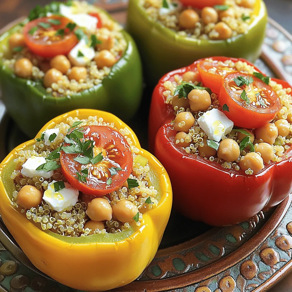 Um mediterrane gefüllte Paprika zu machen, brauchen Sie diese Zutaten: - 4 große Paprika (beliebige Farbe) - 1 Tasse Quinoa, gut abgespült - 2 Tassen Gemüsebrühe - 1 Dose (450 g) Kichererbsen, abgetropft und abgespült - 1 Tasse Kirschtomaten, halbiert - 1 kleine rote Zwiebel, fein gehackt - 2 Zehen Knoblauch, fein gehackt - 1 Teelöffel getrockneter Oregano - 1 Teelöffel Kreuzkümmel - 1/2 Teelöffel geräucherter Paprika - 1/2 Tasse Feta-Käse, zerbröselt - 2 Esslöffel frische Petersilie, gehackt - Olivenöl, zum Beträufeln - Salz und Pfeffer nach Geschmack Diese Zutaten ergeben eine köstliche und nahrhafte Mahlzeit. Sie sind einfach zu finden und machen das Gericht bunt und ansprechend. Frische Zutaten bringen viel Geschmack. Sie haben oft eine bessere Textur und mehr Nährstoffe. Zum Beispiel sind frische Paprika knackig und süß. Frische Kirschtomaten geben Saftigkeit. Konservierte Zutaten wie Kichererbsen sind praktisch. Sie sparen Zeit und sind oft günstig. Achten Sie darauf, die Kichererbsen gut abzuspülen. So entfernen Sie überschüssiges Salz und Konservierungsstoffe. Kombinieren Sie frische und konservierte Zutaten für das beste Ergebnis. Das gibt Ihnen Geschmack und Komfort in einem Gericht. Gewürze sind wichtig für den Geschmack. Oregano bringt eine frische, mediterrane Note. Kreuzkümmel fügt Tiefe hinzu. Er hat einen erdigen, warmen Geschmack. Geräucherter Paprika gibt dem Gericht ein leicht rauchiges Aroma. Diese Gewürze helfen, die Füllung lebendig zu machen. Sie verwandeln einfache Zutaten in etwas Besonderes. Experimentieren Sie mit Gewürzen. Fügen Sie mehr oder weniger hinzu. So können Sie den Geschmack nach Ihrem Wunsch anpassen. Vertrauen Sie Ihrem Gaumen, um das perfekte Gleichgewicht zu finden. Heize deinen Ofen auf 190°C vor. Nimm die großen Paprika und schneide die Oberseiten ab. Entferne die Kerne und die Membranen. Stelle die Paprika aufrecht in eine Auflaufform. So bleiben sie stabil und die Füllung bleibt innen. Koche die Quinoa in Gemüsebrühe. Bringe die Brühe zum Kochen und füge die Quinoa hinzu. Reduziere die Hitze und lasse sie für 15 Minuten köcheln. Die Quinoa wird locker und nimmt die Flüssigkeit auf. In einer großen Schüssel mische die gekochte Quinoa mit Kichererbsen, Kirschtomaten, Zwiebel und Knoblauch. Füge Oregano, Kreuzkümmel, Paprika, Feta und Petersilie hinzu. Mische alles gut. Fülle jede Paprika mit dieser Mischung. Beträufle die gefüllten Paprika leicht mit Olivenöl. Decke die Auflaufform mit Alufolie ab. Backe die gefüllten Paprika für 25 Minuten. Danach entferne die Folie und backe sie für weitere 10-15 Minuten. Die Paprika sind fertig, wenn sie zart und leicht angebräunt sind. Lass sie einige Minuten abkühlen, bevor du sie servierst. Du kannst die gefüllten Paprika auf einer schönen Platte anrichten. Garniere sie mit frischer Petersilie und einem Schuss Olivenöl für einen besonderen Geschmack. Um die beste Quinoa zu kochen, sollten Sie einige wichtige Schritte beachten. Zuerst spülen Sie die Quinoa gründlich ab. Dies entfernt die Bitterkeit. Verwenden Sie dann die richtige Menge Flüssigkeit. Ein Verhältnis von 1:2, Quinoa zu Gemüsebrühe, funktioniert gut. Bringen Sie die Brühe zum Kochen und fügen Sie die Quinoa hinzu. Reduzieren Sie die Hitze und decken Sie den Topf ab. Lassen Sie die Quinoa etwa 15 Minuten köcheln. Sie ist fertig, wenn sie locker und das Wasser vollständig aufgenommen ist. Wählen Sie frische Paprika für das beste Ergebnis. Achten Sie auf glänzende Haut und feste Textur. Vermeiden Sie Paprika mit Flecken oder Druckstellen. Farben wie rot, gelb und grün bringen verschiedenen Geschmack. Jedes hat seinen eigenen Charakter. Für diese gefüllten Paprika sind große Exemplare ideal. Sie bieten viel Platz für die Füllung und sehen auf dem Teller toll aus. Um den Geschmack zu intensivieren, verwenden Sie frische Kräuter. Petersilie, Basilikum oder Thymian geben Frische. Ein Spritzer Zitrone nach dem Backen hebt den Geschmack. Feta-Käse ist eine großartige Ergänzung. Er bringt eine cremige Textur und einen salzigen Kick. Zum Servieren können Sie die gefüllten Paprika auf einem schönen Teller anrichten und mit Olivenöl beträufeln. Das sieht nicht nur gut aus, sondern macht das Gericht noch leckerer. {{image_4}} Mediterrane gefüllte Paprika sind einfach anpassbar. Für eine vegetarische Version können Sie den Feta-Käse durch eine vegane Alternative ersetzen. Das gibt dem Gericht den gleichen Geschmack, aber ohne tierische Produkte. Nutzen Sie zum Beispiel Mandel- oder Kokosnusskäse. Diese Optionen sind schmackhaft und machen das Gericht vegan. Sie können die Füllung nach Ihrem Geschmack ändern. Statt Quinoa verwenden viele Reis oder Bulgur. Auch Linsen sind eine tolle Wahl. Fügen Sie verschiedene Gemüse wie Spinat oder Zucchini hinzu. Das macht die gefüllten Paprika bunt und gesund. Experimentieren Sie mit Kräutern, um neue Aromen zu entdecken. Für eine glutenfreie Version ist Quinoa perfekt. Sie können auch glutenfreien Reis verwenden. Achten Sie darauf, dass alle anderen Zutaten glutenfrei sind. Viele Gewürze sind von Natur aus glutenfrei. So bleiben die gefüllten Paprika lecker und für alle verträglich. Wenn Sie dies beachten, können Sie das Gericht ohne Bedenken genießen. Um gefüllte Paprika frisch zu halten, lassen Sie sie zuerst abkühlen. Wickeln Sie die Paprika dann in Frischhaltefolie oder legen Sie sie in einen luftdichten Behälter. So bleibt der Geschmack erhalten. Lagern Sie die Paprika im Kühlschrank. Sie sollten innerhalb von drei bis vier Tagen gegessen werden. Wiederaufwärmen ist einfach. Stellen Sie den Ofen auf 180°C ein. Legen Sie die gefüllten Paprika in eine Auflaufform. Decken Sie sie mit Alufolie ab, um ein Austrocknen zu vermeiden. Erwärmen Sie sie etwa 20 Minuten lang. Sie können auch die Mikrowelle nutzen, wenn es schneller gehen muss. Stellen Sie die Leistung auf mittel und erwärmen Sie sie in Intervallen von ein bis zwei Minuten. Im Kühlschrank bleiben gefüllte Paprika drei bis vier Tage frisch. Wenn Sie sie länger aufbewahren möchten, frieren Sie sie ein. Wickeln Sie jede Paprika einzeln in Frischhaltefolie und legen Sie sie dann in einen gefrierfesten Behälter. So können sie bis zu drei Monate halten. Zum Auftauen lassen Sie sie einfach über Nacht im Kühlschrank. Für die detaillierte Zubereitung der gefüllten Paprika, schauen Sie sich die [Full Recipe] an. Das Backen der gefüllten Paprika dauert insgesamt etwa 35 bis 40 Minuten. Zuerst backen Sie sie 25 Minuten mit Folie. Dann entfernen Sie die Folie und backen sie weitere 10 bis 15 Minuten. Dies sorgt dafür, dass die Paprika zart wird und leicht bräunt. Ja, Sie können die Quinoa durch Reis ersetzen. Basmati oder Jasminreis sind gute Optionen. Denken Sie daran, die Kochzeit anzupassen. Reis braucht in der Regel etwas länger als Quinoa. Überprüfen Sie die Anleitung auf der Verpackung, um die richtige Kochzeit zu finden. Zu gefüllten Paprika passen viele Beilagen. Ein frischer Salat mit Tomaten und Gurken ist eine tolle Wahl. Sie können auch knuspriges Brot oder einen leichten Joghurt-Dip servieren. Diese Beilagen ergänzen die Aromen der gefüllten Paprika perfekt. In diesem Blogbeitrag haben wir die wichtigsten Punkte über gefüllte Paprika behandelt. Wir schauten uns die benötigten Zutaten an und deren frische Alternativen. Die Schritt-für-Schritt-Anleitung hilft dir beim Zubereiten. Tipps und Tricks verbessern den Geschmack und die Auswahl der Zutaten. Außerdem hast du zahlreiche Variationen und Lagerungstipps kennengelernt. Gefüllte Paprika sind ein flexibles Gericht. Probiere sie in deiner eigenen Küche und finde deine Lieblingsversion!