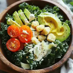 Für einen köstlichen Kale Caesar Salad benötigst du: - 1 Bund Grünkohl, Stiele entfernt und Blätter in mundgerechte Stücke zerrissen - 1 Tasse Croutons (gekauft oder selbstgemacht) - 1/3 Tasse frisch geriebener Parmesan - 1/4 Tasse Tahini - 2 Esslöffel Zitronensaft - 1 Esslöffel Dijon-Senf - 1 kleine Knoblauchzehe, fein gehackt - 2 Esslöffel Wasser (mehr für die gewünschte Konsistenz) - Salz und Pfeffer nach Geschmack - Frisch gemahlener schwarzer Pfeffer zur Garnitur - Optional: geschnittene Cocktailtomaten und Avocado für zusätzliche Frische Beginne mit der Wahl des Grünkohls. Achte darauf, dass die Blätter frisch und knackig sind. Entferne die harten Stiele, da sie zäh sein können. Reiße die Blätter in kleine Stücke. Dies macht den Salat leichter zu essen. Dann massiere die Grünkohlblätter mit einer Prise Salz. Das macht sie zarter und weniger bitter. Für das Dressing ist frisches Tahini wichtig. Es gibt einen nussigen Geschmack. Mische es mit Zitronensaft, Dijon-Senf und Knoblauch. Diese Zutaten bringen viel Geschmack. Achte darauf, das Wasser nach und nach hinzuzufügen. So kannst du die perfekte Konsistenz erreichen. Du kannst den Kale Caesar Salad anpassen. Probiere verschiedene Käsesorten wie Feta oder Ziegenkäse statt Parmesan. Für mehr Crunch füge Nüsse oder Samen hinzu. Walnüsse oder Sonnenblumenkerne passen gut. Um den Salat vegan zu machen, lasse den Käse weg und nutze zusätzlich mehr Tahini. Für etwas Süße kannst du auch geschnittene Äpfel oder Birnen einfügen. Diese Kombination bringt einen tollen Kontrast. Mit diesen Alternativen kann jeder den perfekten Kale Caesar Salad finden. Für die vollständige Anleitung und das Rezept, schau dir den Full Recipe an. Beginne mit dem Grünkohl. Nimm einen Bund Grünkohl und entferne die Stiele. Zerrisse die Blätter in mundgerechte Stücke. Lege die zerrissenen Blätter in eine große Schüssel. Füge eine Prise Salz hinzu und massiere den Grünkohl für 2-3 Minuten. Dieser Schritt macht den Grünkohl zart und reduziert die Bitterkeit. Du wirst sehen, wie die Blätter weich und leuchtend grün werden. In einer kleinen Schüssel bereitest du das Dressing vor. Mische 1/4 Tasse Tahini, 2 Esslöffel Zitronensaft, 1 Esslöffel Dijon-Senf und 1 kleine, fein gehackte Knoblauchzehe. Füge 2 Esslöffel Wasser hinzu. Rühre alles gut mit einem Schneebesen, bis die Mischung glatt ist. Wenn das Dressing zu dick ist, füge mehr Wasser hinzu. Schmecke das Dressing mit Salz und Pfeffer ab. Es sollte frisch und cremig sein. Gieße das Dressing gleichmäßig über den massierten Grünkohl. Mische alles gut, damit jeder Blattteller bedeckt ist. Füge nun 1 Tasse Croutons und 1/3 Tasse frisch geriebenen Parmesan hinzu. Wenn du magst, kannst du auch geschnittene Cocktailtomaten und Avocado hinzufügen. Sei vorsichtig, damit die Croutons nicht zerdrückt werden. Verteile den Salat in Schalen und garniere ihn mit mehr Parmesan und frisch gemahlenem schwarzem Pfeffer. Das ist es! Du hast jetzt einen leckeren Kale Caesar Salad. Für das vollständige Rezept schaue auf die Full Recipe-Seite. Ein häufiger Fehler ist, zu viel Dressing zu verwenden. Das kann den Salat matschig machen. Stattdessen, gib das Dressing in kleinen Mengen hinzu. Taste dich langsam heran. Ein weiterer Fehler ist, den Grünkohl nicht zu massieren. Massiere ihn sanft, um die Bitterkeit zu reduzieren. Der Grünkohl sollte weich und leuchtend grün sein, bevor du ihn weiterverarbeitest. Um den Grünkohl richtig zu massieren, nimm frische Blätter ohne Stiele. Zerrisse sie in mundgerechte Stücke und gib sie in eine große Schüssel. Füge eine Prise Salz hinzu. Mit deinen Händen knete die Blätter sanft. Mache dies für 2-3 Minuten. Du wirst sehen, wie der Grünkohl weicher wird und eine hellere Farbe annimmt. Dies verbessert den Geschmack und die Textur. Die Auswahl der Toppings macht viel aus. Croutons geben einen tollen Crunch. Du kannst sie kaufen oder selbst machen. Sie sind einfach zuzubereiten und frisch. Parmesan ist ein Muss, aber auch andere Käsesorten passen gut. Für mehr Frische füge geschnittene Cocktailtomaten und Avocado hinzu. Sie bringen Farbe und Geschmack in den Salat. Experimentiere mit verschiedenen Toppings, um deinen perfekten Kale Caesar Salad zu finden. Du kannst die Tipps in der Full Recipe noch weiter vertiefen. {{image_4}} Um eine vegane Version des Kale Caesar Salads zu machen, ersetze den Parmesan durch Nusskäse oder Hefeflocken. Du kannst auch das Tahini-Dressing verwenden, um den Geschmack zu verstärken. Füge zusätzliche Gewürze hinzu, um mehr Tiefe zu erreichen. Ich empfehle, die Croutons selbst zu machen, um sicherzustellen, dass sie vegan sind. Wenn du mehr Protein möchtest, füge Kichererbsen oder schwarze Bohnen hinzu. Diese passen gut zu Grünkohl und machen den Salat sättigender. Du kannst auch gebratene Tofu-Würfel verwenden. Diese geben eine tolle Textur und einen herzhaften Geschmack. Du kannst den Kale Caesar Salad an die Saison anpassen. Im Frühling füge frische Erbsen oder Radieschen hinzu. Im Herbst passen geröstete Kürbiswürfel gut dazu. Diese Zutaten bringen nicht nur Geschmack, sondern auch Farbe auf den Teller. Achte darauf, die Zutaten frisch zu halten, um den besten Geschmack zu gewährleisten. Für das vollständige Rezept, schaue dir den Kale Yeah! Caesar Salad 🥗 an. Um deinen Kale Caesar Salad frisch zu halten, packe ihn in einen luftdichten Behälter. Lege die Croutons separat. So bleibt der Salat knackig. Der Grünkohl kann gut im Kühlschrank gelagert werden, wenn du ihn richtig aufbewahrst. Der Salat hält sich bis zu drei Tage im Kühlschrank. Wenn du Reste hast, verwende sie in einer neuen Mahlzeit. Mische sie in eine Suppe oder mache Wraps. So nutzt du die Zutaten optimal und vermeidest Lebensmittelverschwendung. Matschige Croutons sind nicht lecker. Um das zu verhindern, lagere sie getrennt. Füge sie erst kurz vor dem Servieren hinzu. Du kannst auch frische, knusprige Croutons selbst machen. Röste einfach Brotwürfel im Ofen mit etwas Öl und Gewürzen. So bleiben sie knusprig und lecker. Für das vollständige Rezept, schau dir die [Full Recipe] an. Grünkohl ist sehr gesund. Er ist reich an Vitaminen A, C und K. Er enthält viele Ballaststoffe, die gut für die Verdauung sind. Außerdem hat Grünkohl Antioxidantien, die das Immunsystem stärken. Regelmäßiger Verzehr kann das Risiko von Herzkrankheiten senken. Das macht ihn zu einer tollen Wahl für jeden Salat, besonders für unseren Kale Caesar Salad. Ja, du kannst den Kale Caesar Salad im Voraus zubereiten. Es ist am besten, die Zutaten getrennt aufzubewahren. So bleiben die Croutons knusprig und der Grünkohl frisch. Du kannst das Dressing ebenfalls im Voraus machen. Stelle es in den Kühlschrank, bis du bereit bist, den Salat zu servieren. Zu diesem Salat passen viele Beilagen gut. Hier sind einige Vorschläge: - Gegrilltes Hähnchen für proteinreiche Ergänzung - Gebratene Garnelen für einen Meeresfrüchte-Twist - Knuspriges Brot oder Focaccia als Beilage - Eine leichte Suppe für eine vollständige Mahlzeit Diese Optionen ergänzen den Kale Caesar Salad perfekt und machen dein Essen noch vielfältiger. Zusammengefasst haben wir die wichtigsten Zutaten für den Kale Caesar Salad besprochen. Du hast gelernt, wie du die Zutaten auswählst und vorbereitest. Wir gingen Schritt für Schritt durch die Zubereitung und teilten hilfreiche Tipps. Variationen und Lagerung des Salats wurden genau erklärt. Experimentiere mit unseren Ideen, um deinen perfekten Salat zu finden. Gesunde Ernährung kann lecker und einfach sein!