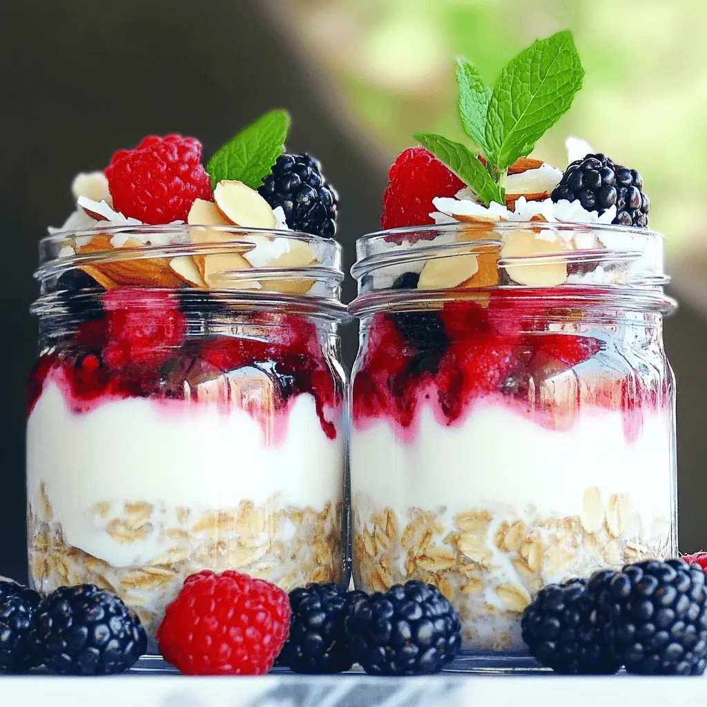 Für die Berry Burst Overnight Oats brauche ich einfache, frische Zutaten. Sie machen den Geschmack stark und gesund. Hier sind die Zutaten im Detail: - Zarte Haferflocken: Diese sind leicht und schön cremig, wenn sie einweichen. - Mandelmilch: Ich mag sie wegen ihres nussigen Geschmacks, aber andere Milch passt auch. - Griechischer Joghurt: Dieser gibt der Mischung eine tolle Textur und viel Protein. - Honig oder Ahornsirup: Diese Süßungsmittel setzen einen süßen Akzent. - Vanilleextrakt: Ein kleiner Schuss gibt Geschmack und Wärme. - Gemischte Beeren: Diese machen die Overnight Oats bunt und fruchtig. - Chiasamen: Diese kleinen Samen helfen, die Mischung zu verdicken und sind gesund. Hier sind die genauen Maßangaben, die ich brauche, um die besten Overnight Oats zu machen: - 1 Tasse zarte Haferflocken - 1 Tasse Mandelmilch - 1/2 Tasse griechischer Joghurt - 1 Esslöffel Honig oder Ahornsirup - 1/2 Teelöffel Vanilleextrakt - 1/2 Tasse gemischte Beeren - 2 Esslöffel Chiasamen Ich empfehle, frische und hochwertige Zutaten zu verwenden. Es macht einen großen Unterschied im Geschmack. Wenn möglich, wähle Bio-Zutaten. - Frische Beeren: Diese sind voller Geschmack und Nährstoffe. - Ungesüßte Mandelmilch: Diese hat oft weniger Zucker und einen klaren Geschmack. - Naturjoghurt: Achte darauf, dass er keinen zusätzlichen Zucker hat. Wenn du die besten Zutaten wählst, wirst du die köstlichsten Berry Burst Overnight Oats genießen. Für die vollständige Anleitung zu diesem Rezept, schau dir das [Full Recipe] an. Die Vorbereitungszeit für die Beeren-Burst Overnight Oats beträgt nur 10 Minuten. Sie benötigen: - Eine Rührschüssel - Zwei Gläser oder luftdichte Behälter - Einen Löffel zum Rühren - Ein Messbecher und Messlöffel 1. Nehmen Sie die Rührschüssel und geben Sie die Haferflocken hinein. 2. Fügen Sie die Mandelmilch, den griechischen Joghurt, den Honig (oder Ahornsirup) und den Vanilleextrakt hinzu. 3. Streuen Sie die Chiasamen über die Mischung. Rühren Sie alles gut um, bis es gleichmäßig vermischt ist. 4. Geben Sie die gemischten Beeren vorsichtig dazu. Heben Sie sie sanft unter, damit die Beeren nicht zerdrückt werden. 5. Teilen Sie die Mischung gleichmäßig auf zwei Gläser oder Behälter auf. Lassen Sie etwas Platz oben, damit die Haferflocken quellen können. 6. Verschließen Sie die Behälter und stellen Sie sie über Nacht in den Kühlschrank. 7. Am nächsten Morgen rühren Sie die Haferflocken gut um. Wenn nötig, fügen Sie mehr Milch hinzu, um die gewünschte Konsistenz zu erreichen. 8. Garnieren Sie die Haferflocken mit zusätzlichen Beeren, gehobelten Mandeln, Kokosraspeln und frischer Minze. Servieren Sie die Beeren-Burst Overnight Oats direkt im Glas. Das sieht nicht nur schön aus, sondern macht auch das Essen einfach. Sie können die Oats warm oder kalt genießen. Wenn Sie etwas mehr Süße wollen, können Sie noch einen Löffel Honig darauf geben. Experimentieren Sie mit verschiedenen Toppings, um jeden Tag etwas Neues zu erleben! Diese Oats sind nicht nur lecker, sondern auch voller Nährstoffe. Sie sind ein toller Start in den Tag. Für das vollständige Rezept, schauen Sie sich den Abschnitt "Zutaten" an. Um die perfekte Konsistenz zu erreichen, achte auf die richtige Menge Flüssigkeit. Die Kombination aus Haferflocken und Flüssigkeit ist wichtig. Wenn du eine cremige Textur magst, füge mehr Joghurt oder Milch hinzu. Für eine dickere Mischung verwende weniger Flüssigkeit. Experimentiere mit Chiasamen, da sie die Mischung verdicken. Lass die Overnight Oats mindestens vier Stunden im Kühlschrank stehen, besser über Nacht. So können die Haferflocken und Chiasamen die Flüssigkeit gut aufnehmen. Reste können vielseitig verwendet werden. Du kannst sie in Smoothies mischen oder als Joghurt-Topping nutzen. Auch als Snack sind sie klasse! Wenn du die Reste in einem Behälter aufbewahrst, bleibst du flexibel. Füge frische Früchte oder Nüsse hinzu, um den Geschmack zu verändern. So bleibt es spannend! Ein häufiger Fehler ist, zu viel Flüssigkeit zu verwenden. Das macht die Mischung wässrig und unappetitlich. Ein weiterer Fehler ist, die Haferflocken nicht gut zu vermischen. Achte darauf, dass alle Zutaten gleichmäßig verteilt sind. Manchmal vergisst man auch, die Behälter genügend Platz zu lassen. Die Haferflocken quellen und brauchen Raum. Mit den richtigen Tipps gelingt dir das Rezept für Beeren-Burst Over Nacht Haferflocken perfekt! {{image_4}} Beeren bringen Farbe und Geschmack in deine Overnight Oats. Du kannst frische oder gefrorene Beeren verwenden. Die Auswahl reicht von Erdbeeren über Himbeeren bis hin zu Blaubeeren. Jede Beerenart hat ihren eigenen, feinen Geschmack. Probiere verschiedene Kombinationen aus! Du wirst überrascht sein, wie die Aromen sich mischen. Zum Beispiel, Blaubeeren sind süß, während Himbeeren einen leicht sauren Kick geben. Das macht dein Frühstück nicht nur lecker, sondern auch bunt und spannend. Toppings machen deine Overnight Oats noch besser! Ich empfehle, gehobelte Mandeln oder Kokosraspel hinzuzufügen. Sie geben einen tollen Crunch. Frische Minzblätter sorgen für einen frischen Geschmack. Du kannst auch einen Löffel Erdnussbutter oder Mandelmus hinzufügen. Das macht die Oats noch cremiger und sättigender. Wenn du es süßer magst, füge etwas mehr Honig oder Ahornsirup hinzu. Experimentiere mit diesen Ideen, um dein perfektes Frühstück zu finden! Wenn du vegan bist, ersetze den Joghurt mit pflanzlichem Joghurt. Mandelmilch ist schon eine gute Wahl. Du kannst auch Haferflocken verwenden, die als glutenfrei gekennzeichnet sind, um sicherzustellen, dass deine Oats glutenfrei sind. Diese Änderungen machen das Rezept für jeden geeignet. So kannst du gesund und lecker essen, ganz egal, welche Diät du befolgst. Das Beste daran? Du musst den Geschmack nicht opfern! Um deine Beeren-Burst Overnight Oats frisch zu halten, benutze luftdichte Behälter. Diese Behälter schützen die Haferflocken vor Luft und Feuchtigkeit. So bleiben sie länger lecker und gesund. Du kannst auch Einmachgläser verwenden, um die Portionen schön zu präsentieren. Im Kühlschrank halten sich die Overnight Oats bis zu fünf Tage. Sie bleiben frisch und schmackhaft. Nach ein paar Tagen könnte die Konsistenz etwas dicker werden. Mische einfach einen Schuss Milch dazu, um sie wieder cremiger zu machen. Vor dem Servieren rühre die Haferflocken gut um. So verteilst du die Beeren gleichmäßig. Wenn sie zu dick sind, füge einen Schuss Milch hinzu. Das macht sie wieder schön cremig. Garniere die Oats mit frischen Beeren oder Nüssen für extra Geschmack. Overnight Oats sind sehr gesund. Sie sind reich an Ballaststoffen. Diese helfen deiner Verdauung und halten dich satt. Haferflocken enthalten viele Vitamine und Mineralien. Dazu gehören Eisen, Magnesium und B-Vitamine. Diese Nährstoffe unterstützen deine Energie und Gesundheit. Die Beeren in diesem Rezept sind auch voller Antioxidantien. Sie schützen deine Zellen vor Schäden. Ja, du kannst andere Flüssigkeiten verwenden. Mandelmilch ist nur eine Option. Du kannst auch Hafermilch oder Kokosmilch nehmen. Wenn du es cremiger magst, probiere Vollmilch oder Sojamilch. Jeder Flüssigkeitstyp bringt einen eigenen Geschmack mit. Experimentiere und finde deine Lieblingskombination. Du kannst das Rezept leicht anpassen. Füge mehr Obst hinzu, wenn du magst. Banane oder Apfelstückchen passen gut dazu. Ändere die Süße, indem du mehr oder weniger Honig verwendest. Du kannst auch andere Samen wie Leinsamen statt Chiasamen nutzen. Lass deiner Kreativität freien Lauf und finde deinen perfekten Mix. Das vollständige Rezept für Beeren-Burst Over Nacht Haferflocken findest du [hier](#). Es gibt dir alle Details, die du brauchst. In diesem Blogbeitrag haben wir die Zutaten, die Zubereitung und die besten Tipps für Overnight Oats behandelt. Du wusstest jetzt, wie man sie richtig lagert und welche Variationen es gibt. Überlege, welche Früchte oder Toppings du ausprobieren möchtest. Halte die häufigsten Fehler im Kopf, um dein Rezept zu perfektionieren. Overnight Oats sind einfach und gesund. Sie passen in jeden Zeitplan und sind ein toller Start in den Tag. Experimentiere und finde deinen eigenen Favoriten!