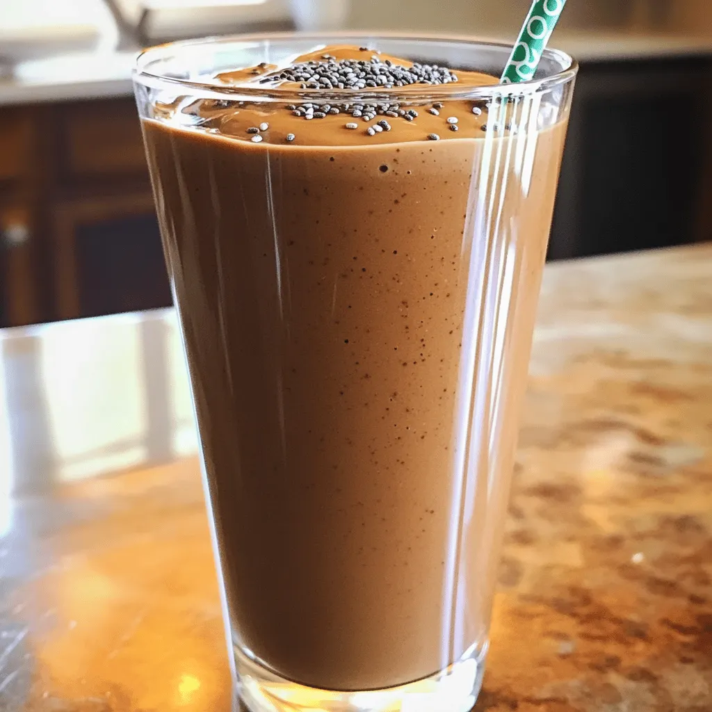 - Eine reife gefrorene Banane - Natürliche Erdnussbutter - Ungesüßte Mandelmilch oder andere Milchoptionen Die Hauptzutaten sind einfach zu finden. Die gefrorene Banane gibt dem Smoothie eine cremige Basis. Sie sorgt für eine süße Note, die perfekt zu Erdnussbutter passt. Natürliche Erdnussbutter ist voll von Geschmack und gesunden Fetten. Sie macht den Smoothie sättigend und nahrhaft. Ungesüßte Mandelmilch ist eine tolle Wahl für eine leichte Konsistenz. Du kannst auch andere Milchoptionen verwenden, die du magst. - Kakaopulver - Honig oder Ahornsirup - Chiasamen - Meersalz - Eiswürfel (optional) Zusätzliche Zutaten bringen mehr Tiefe in den Geschmack. Kakaopulver fügt eine schokoladige Note hinzu. Es macht den Smoothie noch schokoladiger und leckerer. Honig oder Ahornsirup sind perfekte Süßungsmittel. Sie können deinem Smoothie eine süße Note verleihen, wenn du es magst. Chiasamen sind ein toller Weg, um Nährstoffe hinzuzufügen. Sie sind reich an Ballaststoffen und Omega-3-Fettsäuren. Eine Prise Meersalz hebt den Geschmack hervor. Eiswürfel sind optional, aber sie machen deinen Smoothie kühler und dicker. Für das vollständige Rezept schau in den Abschnitt „Vollständiges Rezept“. 1. Blender vorbereiten und Zutaten hinzufügen Nimm deinen Mixer und stelle ihn bereit. Füge die gefrorene Banane, die Erdnussbutter, die Mandelmilch, das Kakaopulver, den Honig (wenn gewünscht), die Chiasamen und eine Prise Meersalz hinzu. Diese Zutaten sorgen für einen schokoladigen, cremigen Geschmack. 2. Zutaten mixen bis zur gewünschten Konsistenz Mixe alles auf hoher Stufe. Es sollte glatt und cremig werden. Wenn du eine dickere Konsistenz willst, füge ein paar Eiswürfel hinzu. Mixe weiter, bis das Eis gut zerkleinert ist. 3. Konsistenz anpassen und probieren Probiere den Smoothie. Wenn du ihn süßer magst, füge mehr Honig oder Ahornsirup hinzu. Mixe noch einmal, um alles gut zu vermischen. - Mit Chiasamen dekorieren Gieße den Smoothie in ein hohes Glas. Streue ein paar Chiasamen oben drauf. Das sieht toll aus und gibt einen zusätzlichen Crunch. - Zusätzliche Erdnussbutter garnieren Du kannst auch einen kleinen Klecks Erdnussbutter auf den Smoothie geben. Das macht ihn noch leckerer. Für das gesamte Rezept, schau dir die [Full Recipe] an! - Vegane und glutenfreie Optionen: Verwende pflanzliche Milch wie Mandel- oder Hafermilch. Die Erdnussbutter ist oft vegan und glutenfrei. Achte darauf, dass alle Produkte keine tierischen Zutaten enthalten. - Süßungsalternativen und Anpassungen: Du kannst Honig durch Agavensirup ersetzen, um eine vegane Option zu erhalten. Auch Datteln oder Stevia sind gute Alternativen. Experimentiere mit der Menge, um die perfekte Süße zu finden. - Tipps für die Eisdicke: Für einen dickeren Smoothie verwende mehr gefrorene Banane oder füge Eiswürfel hinzu. Diese machen den Smoothie cremig und kühl. - Anpassung der Flüssigkeitsmenge: Wenn der Smoothie zu dick ist, füge langsam mehr Mandelmilch hinzu. Mixe gut und teste die Konsistenz. So erreichst du die perfekte Mischung aus Dicke und Cremigkeit. Für die genauen Zutaten und die Zubereitung, schaue dir das [Full Recipe] an. {{image_4}} Um deinen Schokoladen-Erdnussbutter-Smoothie noch besser zu machen, kannst du verschiedene Extras hinzufügen. Du kannst zum Beispiel Vanille oder Kokosnuss verwenden. Diese Aromen bringen eine neue Dimension in den Geschmack. Einfach einen Teelöffel Vanilleextrakt oder etwas Kokosnussmilch hinzufügen. Ein weiterer Tipp ist, Proteinpulver hinzuzufügen. Das macht deinen Smoothie nahrhafter. Wähle dein Lieblingsprotein, wie Whey oder pflanzliches Protein. Ein Löffel genügt für einen gesunden Schub. Du kannst auch andere Früchte in deinen Smoothie mischen. Beeren sind eine großartige Wahl. Sie fügen Farbe und Nährstoffe hinzu. Heidelbeeren oder Erdbeeren passen gut zu Schokolade. Für einen grünen Touch kannst du Spinat hinzufügen. Spinat ist mild im Geschmack und voller Vitamine. Eine Handvoll genügt. Du kannst auch andere Obstsorten wie Mango oder Ananas probieren. Diese Kombinationen sorgen für frische und neue Geschmäcker. Um den Schokoladen-Erdnussbutter-Smoothie frisch zu genießen, trinke ihn sofort nach der Zubereitung. Frische Zutaten sorgen für den besten Geschmack. Oxidation kann den Smoothie schnell verändern. Um dies zu vermeiden, täusche eine schnelle Zubereitung vor. Füge die Zutaten in der richtigen Reihenfolge in den Mixer. Mixe, bis die Mischung glatt und cremig ist. Gieße den Smoothie direkt in ein Glas. Wenn du den Smoothie für später aufbewahren möchtest, gibt es einige gute Methoden. Die beste Option ist ein luftdichter Behälter. So bleibt der Geschmack länger erhalten. Du kannst den Smoothie bis zu zwei Tage im Kühlschrank lagern. Achte darauf, ihn gut zu schütteln oder zu mixen, bevor du ihn wieder trinkst. Für längere Lagerung friere den Smoothie ein. In einem gefrierfesten Behälter hält er bis zu einem Monat. Achte darauf, etwas Platz für die Ausdehnung des Smoothies zu lassen. Ein Schokoladen-Erdnussbutter-Smoothie hat etwa 400 Kalorien. Die genaue Zahl hängt von den Zutaten ab. Hier sind die Nährwertangaben aufgeschlüsselt: - Erdnussbutter (2 Esslöffel): ca. 190 Kalorien - Gefrorene Banane (1 Stück): ca. 100 Kalorien - Mandelmilch (1 Tasse): ca. 30 Kalorien - Kakaopulver (2 Esslöffel): ca. 25 Kalorien - Honig oder Ahornsirup (1 Esslöffel, optional): ca. 60 Kalorien - Chiasamen (1 Esslöffel): ca. 58 Kalorien Die Kalorien können je nach Marke und Portionsgröße variieren. Du kannst die Zutaten anpassen, um die Kalorien zu reduzieren oder zu erhöhen. Ja, du kannst die gefrorene Banane ersetzen. Hier sind einige Alternativen für gefrorenes Obst: - Gefrorene Mango: gibt einen süßen, tropischen Geschmack. - Gefrorene Beeren: fügen eine fruchtige Note hinzu und sind reich an Antioxidantien. - Avocado: macht den Smoothie cremig und fügt gesunde Fette hinzu. Diese Alternativen verändern den Geschmack, aber sie sind ebenso lecker. Experimentiere mit verschiedenen Früchten, um deinen perfekten Smoothie zu finden. Du kannst den Smoothie proteinreicher machen, indem du folgende Proteinquellen hinzufügst: - Griechischer Joghurt: füllt den Smoothie mit Protein und macht ihn cremiger. - Proteinpulver: ein einfacher Weg, um mehr Protein hinzuzufügen. Wähle einen Geschmack, der gut passt. - Hanf- oder Erbsenprotein: gute pflanzliche Alternativen für eine vegane Option. Diese Zusätze machen deinen Schokoladen-Erdnussbutter-Smoothie noch nahrhafter und sättigender. Ein Schokoladen-Erdnussbutter-Smoothie ist leicht zuzubereiten. Du brauchst nur ein paar Hauptzutaten wie gefrorene Banane, Erdnussbutter und Mandelmilch. Wir haben auch viele Tipps gegeben, um den Smoothie nach deinem Geschmack anzupassen. Variationen mit anderen Früchten oder Geschmäckern machen das Rezept interessant. Achte darauf, deinen Smoothie frisch zu genießen oder richtig aufzubewahren. Probier es aus und genieße die gesunden Vorteile!
