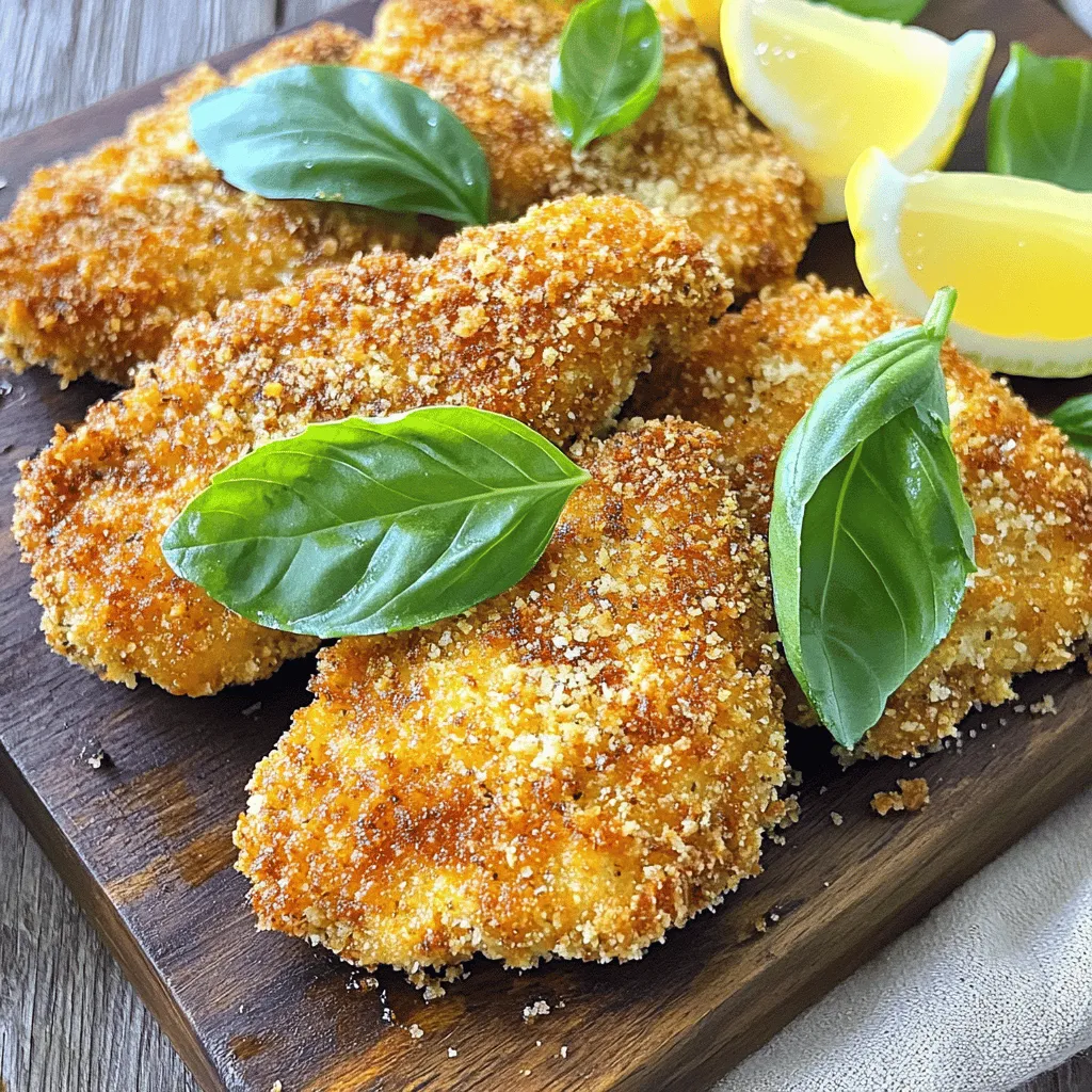 - 4 Hähnchenbrustfilets, ohne Knochen und Haut - 1 Tasse frische Basilikumblätter, gehackt - 1 Tasse Paniermehl, italienisch gewürzt - ½ Tasse geriebener Parmesan - 2 große Eier - 3 Esslöffel Olivenöl - 1 Teelöffel Knoblauchpulver - 1 Teelöffel Zwiebelpulver - Salz und Pfeffer nach Geschmack - Zitronenschnitze zum Servieren Um die besten Aromen zu erzeugen, wählen Sie frische Zutaten. Das Hähnchen sollte zart und saftig sein. Hacken Sie die Basilikumblätter fein, damit sie sich gut mit dem Paniermehl vermischen. Verwenden Sie italienisch gewürztes Paniermehl für einen tollen Geschmack. Das Hinzufügen von Parmesan bringt eine köstliche Note. Die Eier helfen, die Panade gut zu haften. Achten Sie darauf, die Gewürze nach Ihrem Geschmack anzupassen. Zitronenschnitze bringen Frische und einen schönen Kontrast. Schauen Sie sich das Full Recipe an, um alle Schritte zu sehen. Heize deinen Ofen auf 200°C vor. Lege ein Backblech mit Backpapier aus. So bleibt alles sauber. In einer mittelgroßen Schüssel mische die gehackten Basilikumblätter, das Paniermehl und den geriebenen Parmesan. Füge das Knoblauchpulver, das Zwiebelpulver sowie Salz und Pfeffer hinzu. Rühre gut um, bis alles gleichmäßig vermischt ist. Nimm die Hähnchenbrustfilets und klopfe sie auf etwa 1,5 cm Dicke. Das sorgt für eine gleichmäßige Garung. In einer anderen flachen Schüssel schlägst du die Eier gut durch, bis sie leicht schaumig sind. Tauche jedes Hähnchenbrustfilet in die verquirlten Eier. Lass die überschüssige Flüssigkeit abtropfen. Wälze dann jedes Filet in der Paniermehlmischung. Drücke sanft, damit die Brösel gut haften. Erhitze in einer großen Pfanne das Olivenöl bei mittlerer Hitze. Brate die panierten Hähnchen-Cutlets in Chargen. Jede Seite sollte etwa 3-4 Minuten braten, bis sie goldbraun sind. Überprüfe die Innentemperatur; sie sollte 74°C erreichen. Lege die Hähnchen-Cutlets nach dem Braten auf das Backblech. Backe sie im Ofen für 10 Minuten. So bleiben sie knusprig und gut durchgegart. Lass die Cutlets einige Minuten ruhen, bevor du sie servierst. Zitronenschnitze passen sehr gut dazu. Du findest die vollständige Zubereitung in der [Full Recipe]. Um die perfekte Panade zu erreichen, gibt es einige wichtige Tipps. Zuerst sollten Sie die Hähnchenfilets gut trocknen. Feuchtigkeit behindert die Haftung. Tauchen Sie das Hähnchen zuerst in das Ei, dann in die Panade. Drücken Sie die Panade gut an. So bleibt sie besser haften. Frischer Basilikum bringt mehr Geschmack als getrockneter. Verwenden Sie frische Blätter, wenn möglich. Hacken Sie sie fein für eine gleichmäßige Verteilung. Das verstärkt das Aroma der Cutlets. Bei getrocknetem Basilikum nutzen Sie weniger Menge, da der Geschmack konzentrierter ist. Die Temperatur ist beim Braten sehr wichtig. Erhitzen Sie das Olivenöl gut, bevor Sie die Cutlets hinzufügen. Ein heißes Öl sorgt für eine knusprige Kruste. Achten Sie darauf, die Cutlets nicht zu überfüllen. So braten sie gleichmäßig. Die Garzeit beträgt etwa 3-4 Minuten pro Seite. Überprüfen Sie die Innentemperatur. Diese sollte mindestens 74°C erreichen. Nach dem Braten backen Sie die Cutlets noch 10 Minuten im Ofen. So bleiben sie saftig und knusprig. Eine ansprechende Präsentation macht das Essen noch schöner. Arrangieren Sie die Cutlets auf einem rustikalen Holzbrett. Garnieren Sie sie mit frischen Basilikumblättern. Zitronenschnitze geben einen schönen Farbakzent. Beilagen wie einen frischen Salat oder einen Dip passen gut dazu. Ein einfacher Joghurt-Dip mit Kräutern ergänzt die Cutlets perfekt. Für das komplette Rezept schauen Sie doch mal bei der [Full Recipe] vorbei. {{image_4}} Ich liebe es, Käse in meine Hähnchen-Cutlets zu integrieren. Mozzarella bringt einen tollen Schmelz und Geschmack. Einfach etwas geriebenen Mozzarella in die Paniermehlmischung geben. Gouda bietet eine schöne, rauchige Note. Ersetzen Sie den Parmesan im Rezept, um einen neuen Twist zu erhalten. Käse macht die Cutlets noch saftiger und leckerer. Experimentieren Sie gerne mit anderen Kräutern und Gewürzen. Oregano, Thymian oder Rosmarin passen gut zu diesem Gericht. Diese Kräuter bringen eine neue Dimension in den Geschmack. Sie könnten auch etwas Paprika oder Chili hinzufügen, um es schärfer zu machen. Denken Sie daran, die Menge anzupassen, damit der Geschmack ausgeglichen bleibt. Für eine vegetarische Option können Sie Auberginen oder Zucchini verwenden. Schneiden Sie das Gemüse in Scheiben und panieren Sie es wie die Hähnchenbrust. Diese Varianten sind leicht und voller Geschmack. Sie sind eine perfekte Wahl für alle, die kein Fleisch essen. So können Sie das Rezept anpassen und trotzdem genießen. Lagern Sie die Hähnchen-Cutlets in einem luftdichten Behälter. So bleibt die Frische erhalten. Am besten essen Sie sie innerhalb von drei Tagen. Vor dem Servieren können Sie die Cutlets in der Mikrowelle oder in einer Pfanne aufwärmen. Achten Sie darauf, dass sie gleichmäßig heiß werden. Um die Cutlets einzufrieren, lassen Sie sie zuerst vollständig abkühlen. Legen Sie sie dann in einen Gefrierbeutel. Drücken Sie die Luft heraus, bevor Sie den Beutel verschließen. So vermeiden Sie Gefrierbrand. Die Cutlets sind bis zu drei Monate haltbar. Zum Auftauen legen Sie sie über Nacht in den Kühlschrank. Danach können Sie sie wie frisch zubereitet braten oder backen. Wenn Sie Cutlets übrig haben, probieren Sie verschiedene Ideen zur Resteverwertung. Sie können sie in einen Salat schneiden oder auf einem Sandwich verwenden. Auch als Füllung für Wraps sind sie lecker. Mit etwas Soße und Gemüse wird daraus ein schnelles Gericht. Lassen Sie Ihrer Kreativität freien Lauf! Die Hähnchen-Cutlets sind im Kühlschrank etwa 3 bis 4 Tage haltbar. Am besten bewahrst du sie in einem luftdichten Behälter auf. Wenn du sie länger aufbewahren möchtest, kannst du sie einfrieren. Im Gefrierfach halten sie bis zu 3 Monate. Achte darauf, die Cutlets gut einzupacken, damit sie nicht austrocknen. Ja, du kannst die Cutlets auch auf dem Grill zubereiten. Das gibt ihnen einen tollen, rauchigen Geschmack. Heize deinen Grill auf mittlere Hitze vor. Lege die panierten Cutlets direkt auf den Grillrost. Grill sie für etwa 5 Minuten pro Seite. Achte darauf, dass das Hähnchen eine Innentemperatur von 74 °C erreicht. Zu den Hähnchen-Cutlets passen viele Beilagen. Ich empfehle einen frischen grünen Salat oder gegrilltes Gemüse. Auch Pasta mit Pesto oder ein cremiges Risotto sind tolle Begleiter. Du kannst frisches Brot mit Olivenöl servieren, um die Aromen zu ergänzen. Die beste Garstufe für Hähnchen ist 74 °C. Du kannst ein Fleischthermometer nutzen, um die Temperatur zu messen. Steche in die dickste Stelle des Cutlets. Wenn der Saft klar ist und nicht rosa, ist es fertig. Achte darauf, das Hähnchen nach dem Garen einige Minuten ruhen zu lassen, damit die Säfte sich setzen. In diesem Artikel haben wir die wichtigsten Zutaten für die perfekten Hähnchen-Cutlets besprochen. Wir haben die Schritte zur Vorbereitung, Panierung und Zubereitung detailliert erläutert. Zudem gab es hilfreiche Tipps und Variationen, um dein Gericht spannend zu gestalten. Abschließend ist die richtige Technik entscheidend. Mit den passenden Zutaten erreichst du Geschmacksvielfalt. Experimentiere und finde deine Lieblingsvariante! So wird jedes Mal ein leckeres Gericht auf dem Tisch stehen.