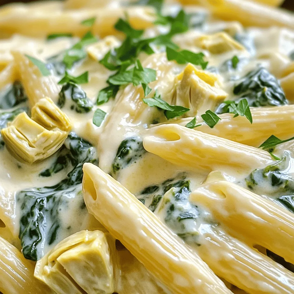 - 225 g Pasta (Penne oder Fettuccine) - 240 ml frischer Spinat, grob gehackt - 240 g eingelegte Artischockenherzen, abgetropft und gehackt Die Hauptzutaten sind einfach und lecker. Die Pasta ist die Basis. Du kannst zwischen Penne oder Fettuccine wählen. Beide passen gut zur Sauce. Frischer Spinat gibt einen tollen Geschmack und eine schöne Farbe. Die Artischocken sind zart und bringen eine besondere Note. Sie machen das Gericht besonders. - 240 ml Schlagsahne - 100 g geriebener Mozzarella-Käse - 50 g geriebener Parmesan-Käse Die Schlagsahne macht die Sauce cremig. Sie ist wichtig für den vollen Geschmack. Mozzarella und Parmesan geben das tolle Käsearoma. Du kannst auch mehr Käse hinzufügen, wenn du es magst. Achte darauf, dass die Käse frisch sind, um das Beste herauszuholen. - 3 Knoblauchzehen, fein gehackt - 1 Esslöffel Olivenöl - 1 Teelöffel getrockneter Oregano - Salz und Pfeffer nach Geschmack - Frische Petersilie, gehackt (zum Garnieren) Knoblauch bringt einen starken, guten Geschmack. Das Olivenöl ist wichtig für das Anbraten. Oregano gibt eine mediterrane Note. Du kannst die Gewürze nach deinem Geschmack anpassen. Frische Petersilie macht das Gericht schön. Es sieht toll aus und schmeckt frisch. Für das vollständige Rezept schau dir die [Full Recipe] an. Bringe einen großen Topf mit gesalzenem Wasser zum Kochen. Füge die Pasta hinzu und koche sie al dente. Das bedeutet, sie sollte noch einen leichten Biss haben. Dies dauert meistens etwa 8 bis 10 Minuten. Gieße die Pasta danach ab und stelle sie beiseite. Erhitze in einer großen Pfanne einen Esslöffel Olivenöl bei mittlerer Hitze. Füge drei fein gehackte Knoblauchzehen hinzu und schwitze sie kurz an. Nach etwa einer Minute sollte der Knoblauch aromatisch sein. Jetzt kommen die gehackten Artischocken und der frische Spinat dazu. Rühre die Mischung gut um und koche sie für 2 bis 3 Minuten, bis der Spinat zusammengefallen ist. Gieße 240 ml Schlagsahne in die Pfanne und rühre gut um. Lass die Mischung sanft köcheln, damit alles gut vermischt wird. Nach 2 bis 3 Minuten füge 100 g geriebenen Mozzarella und 50 g geriebenen Parmesan hinzu. Rühre weiter, bis der Käse schmilzt und die Sauce schön cremig ist. Schmecke die Sauce mit Oregano, Salz und Pfeffer ab. Jetzt ist die Basis für die cremige Spinat-Artischocken-Pasta bereit. Füge die gekochte Pasta zur Sauce hinzu und vermische alles gut. So wird jede Nudel mit der köstlichen Sauce umhüllt. Um die Sauce cremig zu halten, ist Timing wichtig. Beginne mit dem Anbraten des Knoblauchs. Füge die Artischocken und den Spinat hinzu, bis der Spinat zusammenfällt. Dann gieße die Schlagsahne hinein. Das sorgt für einen schönen, samtigen Geschmack. Rühre die Mischung gut um. Die Käse sollten zuletzt dazu kommen. So schmelzen sie perfekt und machen die Sauce reichhaltig. Warte, bis die Sauce sanft köchelt, bevor du die Pasta hinzufügst. Dies gibt der Sauce Zeit, eine perfekte Konsistenz zu erreichen. Wenn die Pasta in die Pfanne kommt, mische alles vorsichtig. So bleibt die Sauce schön cremig. Für Beilagen, die gut dazu passen, empfehle ich einen frischen grünen Salat. Der Salat bringt etwas Frische und Knackigkeit ins Spiel. Du kannst auch knuspriges Brot dazu reichen. Es ist perfekt, um die restliche Sauce aufzutunken. Probiere auch verschiedene Käsesorten aus. Parmesan und Mozzarella sind klassisch, aber auch Feta oder Gouda passen gut. Damit kannst du den Geschmack variieren und neue Kombinationen entdecken. Wenn du glutenfreie Pasta bevorzugst, wähle glutenfreie Optionen aus Reis oder Mais. Diese schmecken oft genauso gut wie die traditionelle Pasta. Für vegetarische Anpassungen kannst du die Schlagsahne durch eine pflanzliche Alternative ersetzen. Kokoscreme oder Sojasahne sind gute Optionen. So bleibt das Gericht lecker und passt in verschiedene Ernährungsmuster. Für mehr Details schaue dir das Full Recipe an. {{image_4}} Eine großartige Möglichkeit, deine cremige Spinat und Artischocken Pasta zu erweitern, ist das Hinzufügen von mehr Gemüse. Du kannst frische Erbsen, gehackte Paprika oder sogar Zucchini verwenden. Diese Zutaten bringen Farbe und Geschmack. Sie fügen auch Nährstoffe hinzu. Achte darauf, das Gemüse in der Pfanne zu garen, bis es zart ist, bevor du die Sahnesauce hinzufügst. So bleibt alles schön knackig. Für mehr Füllung kannst du Hähnchen oder Garnelen in das Rezept einbauen. Wenn du Hähnchen verwendest, brate es zuerst in der Pfanne an, bevor du den Knoblauch hinzufügst. Würze es gut, damit es geschmackvoll ist. Garnelen sind eine schnelle Option. Füge sie einfach nach dem Knoblauch hinzu und koche sie, bis sie rosa sind. Dies gibt deiner Pasta eine herzhaftere Note und macht sie noch sättigender. Experimentiere mit verschiedenen Kräutern und Gewürzen, um deine Pasta zu verfeinern. Basilikum, Thymian oder frischer Dill können tolle Ergänzungen sein. Frische Kräuter bringen ein frisches Aroma. Du kannst auch etwas Zitronensaft für einen spritzigen Geschmack hinzufügen. So wird die Sauce lebendiger. Vergiss nicht, die Gewürze nach deinem Geschmack anzupassen. Um die Reste von der cremigen Spinat und Artischocken Pasta richtig zu lagern, sollten Sie sie in einem luftdichten Behälter aufbewahren. Lassen Sie die Pasta zuerst auf Raumtemperatur abkühlen. Dann decken Sie den Behälter gut ab. Stellen Sie ihn in den Kühlschrank. So bleibt die Pasta frisch und lecker. Wenn Sie die Pasta wieder aufwärmen möchten, gibt es einige gute Methoden. Die beste Methode ist die Mikrowelle. Stellen Sie die Pasta in eine Schüssel und decken Sie sie mit einem feuchten Papiertuch ab. Erhitzen Sie die Pasta in Intervallen von 30 Sekunden. Rühren Sie zwischendurch um. So wird die Sauce nicht trocken. Eine andere Möglichkeit ist, die Pasta in einer Pfanne mit etwas Wasser zu erwärmen. Rühren Sie ständig um, bis sie warm ist. Die Reste bleiben im Kühlschrank etwa drei bis vier Tage frisch. Achten Sie darauf, die Pasta vor dem Verzehr gut zu riechen. Wenn sie schlecht riecht oder schimmelig aussieht, werfen Sie sie weg. So vermeiden Sie mögliche Gesundheitsrisiken. Die Vorbereitung dieser Pasta dauert nur 10 Minuten. Das Kochen der Pasta und das Zubereiten der Sauce nehmen weitere 20 Minuten in Anspruch. Insgesamt sind das 30 Minuten. Es ist schnell und einfach, perfekt für ein schnelles Abendessen. Ja, du kannst die Pasta im Voraus zubereiten. Koche die Pasta und die Sauce wie im Rezept beschrieben. Lass alles abkühlen und lagere es in einem luftdichten Behälter. Du kannst die Pasta bis zu drei Tage im Kühlschrank aufbewahren. Wenn du sie erneut erhitzen möchtest, füge etwas Milch oder Brühe hinzu, um die Sauce wieder cremig zu machen. Ja, dieses Rezept ist vegetarisch. Es enthält frischen Spinat, Artischocken, Sahne, und Käse. Du kannst die Käsesorten nach deinem Geschmack anpassen. Wenn du eine vegane Option möchtest, ersetze die Sahne und den Käse durch pflanzliche Alternativen. So kannst du dieses Gericht genießen, egal welche Ernährungsweise du hast. Die cremige Spinat-Artischocken-Pasta ist einfach und lecker. Du kochst die Pasta, brätst das Gemüse und bereitest eine sahnige Sauce zu. Mit frischen Kräutern und Käsesorten kannst du das Gericht anpassen. Denke daran, die Reste richtig aufzubewahren und sie später zu genießen. Dieses Rezept bietet dir viele Variationen und Tipps für jeden Geschmack. Mach dieses Gericht zu deinem Favoriten und teile es mit deinen Freunden. So schaffst du gemeinsame Genussmomente.