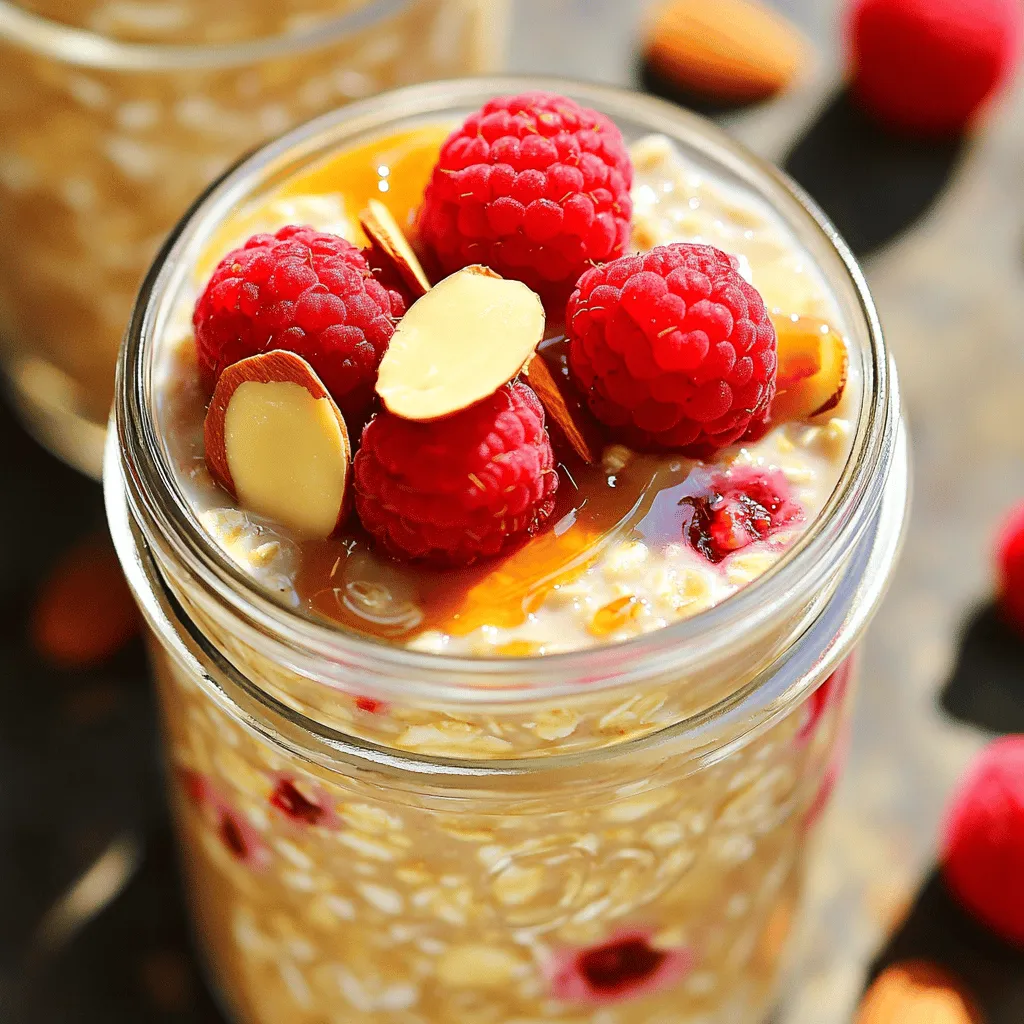 Die Hauptbestandteile für die Himbeer-Almond Overnight Oats sind: - 1 Tasse Haferflocken (gerollt) - 1 Tasse ungesüßte Mandelmilch - 1/2 Tasse frische Himbeeren Diese Zutaten sind einfach zu finden und bieten eine tolle Basis. Haferflocken geben dir Energie, während Mandelmilch einen nussigen Geschmack und Cremigkeit hinzufügt. Himbeeren sorgen für eine frische und fruchtige Note. Für mehr Geschmack fügen wir einige zusätzliche Zutaten hinzu: - 1/4 Tasse Mandelbutter - 1 Esslöffel Chiasamen - 1 Esslöffel Honig oder Ahornsirup (optional) Mandelbutter macht die Mischung noch reichhaltiger. Chiasamen sind voller Nährstoffe und helfen, die Konsistenz zu verbessern. Honig oder Ahornsirup kann die Süße nach deinem Geschmack anpassen. Zum Schluss garnieren wir die Overnight Oats mit: - Gehackten Mandeln - Frischen Himbeeren - Einem Minzblatt Diese Garnituren machen das Gericht nicht nur hübsch, sondern fügen auch Textur und Frische hinzu. Gehackte Mandeln bieten einen knackigen Biss und Minze sorgt für einen frischen Akzent. Für das vollständige Rezept, schau dir die [Full Recipe] an! Zuerst nehme ich eine große Schüssel. Ich gebe eine Tasse Haferflocken hinein. Dann füge ich eine Tasse ungesüßte Mandelmilch hinzu. Ich rühre gut um, bis alles gleichmäßig vermischt ist. Jetzt füge ich einen Esslöffel Chiasamen und eine Prise Salz hinzu. Das macht die Mischung nahrhaft und lecker. Als Nächstes nehme ich ein Viertel Tasse Mandelbutter. Diese gebe ich vorsichtig in die Schüssel. Ich füge auch einen halben Teelöffel Vanilleextrakt hinzu. Jetzt unterhebe ich alles gut. So entsteht die optimale Geschmacksmischung, die cremig und aromatisch ist. Jetzt kommen die frischen Himbeeren ins Spiel. Ich nehme eine halbe Tasse und füge sie zur Mischung hinzu. Einige Himbeeren zerdrücke ich leicht, damit ihr Saft freikommt. Andere lasse ich ganz, um mehr Textur zu bieten. Wenn ich es süßer mag, füge ich einen Esslöffel Honig oder Ahornsirup hinzu. Ich rühre erneut gut um, um die Mischung anzupassen und nach Geschmack zu süßen. Nun teile ich die Mischung gleichmäßig auf zwei Einmachgläser auf. Ich verschließe die Behälter gut. Dann lasse ich sie über Nacht im Kühlschrank. So nehmen die Haferflocken die Flüssigkeit auf. Vor dem Servieren rühre ich die Overnight Oats gut um. Ich garniere sie mit zusätzlichen Himbeeren und gehackten Mandeln. Ein Klecks Mandelbutter obenauf macht sie perfekt. Es gibt viele Arten von Haferflocken. Die häufigsten sind grobe und feine Haferflocken. Grobe Haferflocken behalten mehr Textur. Sie brauchen mehr Zeit zum Einweichen. Feine Haferflocken werden schneller weich, aber sie haben weniger Biss. Ich empfehle, die groben Haferflocken zu verwenden, um mehr Struktur in deinen overnight oats zu haben. Du kannst dein Rezept ganz einfach anpassen. Füge Zutaten hinzu, die du magst. Zum Beispiel kannst du Erdnüsse, Banane oder Joghurt verwenden. Auch Gewürze wie Zimt oder Kakao passen gut. Probiere verschiedene Kombinationen aus. Das macht dein Frühstück spannender und leckerer. Die richtige Konsistenz ist sehr wichtig. Wenn du dickere Haferflocken magst, reduziere die Flüssigkeit. Für eine cremigere Mischung kannst du mehr Milch hinzufügen. Achte darauf, die Haferflocken über Nacht gut quellen zu lassen. Je länger sie stehen, desto besser wird der Geschmack. So erreichst du die perfekte Balance für deinen persönlichen Geschmack. {{image_4}} Du kannst ganz einfach andere Früchte nutzen. Erdbeeren sind süß und frisch. Sie bringen eine tolle Farbe. Bananen sind cremig und machen die Mischung satter. Blaubeeren fügen einen schönen, saftigen Biss hinzu. Mixe verschiedene Früchte für mehr Geschmack. Das macht dein Frühstück spannend und bunt. Die Wahl der Nussbutter kann den Geschmack verändern. Erdnussbutter hat einen kräftigen, nussigen Geschmack. Cashewbutter ist milder und cremiger. Du kannst auch Sonnenblumenkernbutter ausprobieren, wenn du Nüsse vermeiden möchtest. Jede Nussbutter bringt eine eigene Note. Experimentiere mit verschiedenen Sorten für neue Geschmackserlebnisse. Für vegane Overnight Oats wähle pflanzliche Milch wie Hafer- oder Sojamilch. Auch der Honig kann durch Agavendicksaft ersetzt werden. Wenn du glutenfrei isst, achte darauf, glutenfreie Haferflocken zu verwenden. So bleibt das Rezept für alle geeignet. Du kannst die Zutaten leicht anpassen, um dein perfektes Frühstück zu finden. Die Himbeer-Almond Overnight Oats bleiben im Kühlschrank frisch für bis zu fünf Tage. Das ist praktisch, wenn du eine Woche voller gesunder Frühstücke planen willst. Stelle sicher, dass die Behälter gut verschlossen sind, um Luft und Feuchtigkeit fernzuhalten. So bleiben die Zutaten frisch und lecker. Wenn du die Overnight Oats länger aufbewahren möchtest, kannst du sie einfrieren. Fülle die Mischung in kleine, luftdichte Behälter. Lass etwas Platz für die Ausdehnung beim Gefrieren. Du kannst die Oats bis zu drei Monate im Gefrierfach lagern. Um sie zu essen, tau die Oats über Nacht im Kühlschrank auf oder erwärme sie in der Mikrowelle. Die Wahl des richtigen Behälters ist wichtig. Verwende am besten Glasbehälter oder BPA-freie Plastikbehälter. Diese sind nicht nur luftdicht, sondern auch leicht zu reinigen. Achte darauf, dass die Behälter einen sicheren Verschluss haben, damit die Aromen nicht entweichen. Einmachgläser sind eine tolle Wahl, da sie die Farben der Oats schön zeigen. Über Nacht Haferflocken bleiben im Kühlschrank bis zu fünf Tage frisch. Sie schmecken am besten, wenn du sie innerhalb von drei Tagen isst. Nach ein paar Tagen kann die Textur weicher werden. Ich empfehle, sie in einem luftdichten Behälter aufzubewahren. So bleiben sie länger gut. Ja, du kannst jede Pflanzenmilch nutzen. Sojamilch, Hafermilch oder Kokosmilch sind tolle Alternativen. Jede Milch hat ihren eigenen Geschmack. Probiere verschiedene Sorten aus, um deine Lieblingskombination zu finden. Die Konsistenz bleibt gleich, egal welche Milch du wählst. Ja, das ist wichtig. Das Über-Nacht-Stehenlassen hilft den Haferflocken, die Flüssigkeit gut aufzunehmen. So werden sie weich und cremig. Du kannst sie auch nur vier Stunden stehen lassen, wenn du es eilig hast. Aber über Nacht gibt es den besten Geschmack und die beste Textur. Wenn du Allergien hast, gibt es viele Ersatzzutaten. Verwende glutenfreie Haferflocken für Glutenunverträglichkeit. Nussbutter kann durch Sonnenblumenbutter ersetzt werden, wenn du Nüsse vermeidest. Frisches Obst kann auch variieren. Sei kreativ und finde Optionen, die für dich passen. Die Süße kannst du leicht ändern. Füge mehr oder weniger Honig oder Ahornsirup hinzu. Du kannst auch andere Süßstoffe wie Stevia oder Agavendicksaft verwenden. Wenn du es nicht süß magst, lasse die Süßung einfach weg. So kannst du die Oats nach deinem Geschmack anpassen. Overnight Oats sind einfach und lecker. Wir haben die wichtigsten Zutaten besprochen: Haferflocken, Mandelmilch und Himbeeren. Ich gab eine Schritt-für-Schritt-Anleitung, um sie perfekt zuzubereiten. Tipps für die Anpassung machen das Rezept vielseitig. Du kannst mit verschiedenen Früchten oder Nussbutter experimentieren. Lagerungstipps helfen dir, frische Oats zu genießen. Denke daran, dass du deine Overnight Oats nach deinem Geschmack anpassen kannst. Probiere verschiedene Kombinationen aus. So wirst du immer neue Lieblingsrezepte finden. Lass deiner Kreativität freien Lauf!
