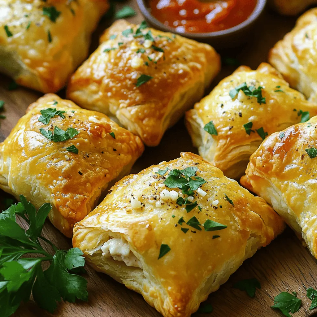 Für die Knoblauch-Hühnchen-Puffs brauchen Sie: - 450 g Hähnchenbrustfilet, gekocht und zerkleinert - 240 g Frischkäse, weichgerührt - 100 g geriebener Mozzarella-Käse - 4 Zehen Knoblauch, fein gehackt Diese Zutaten bilden die Basis für einen reichen, herzhaften Geschmack. Das Hähnchen gibt Protein, der Frischkäse sorgt für Cremigkeit, und der Mozzarella bringt einen leckeren Schmelz. Der Knoblauch verleiht den Puffs einen köstlichen, aromatischen Kick. Für den Geschmack verwenden Sie: - 1 Esslöffel frische Petersilie, gehackt - 1 Teelöffel Knoblauchpulver - Salz und Pfeffer nach Geschmack Die frische Petersilie bringt Farbe und einen frischen Geschmack. Knoblauchpulver verstärkt das Aroma. Salz und Pfeffer runden das Ganze ab. Sie können die Gewürze nach Ihrem Geschmack anpassen. Das ist der Schlüssel zu einem perfekten Gericht. Für den Teig benötigen Sie: - 1 Packung (500 g) Blätterteig, aufgetaut - 1 Ei, verquirlt (zum Bestreichen) Blätterteig sorgt für einen knusprigen, leichten Biss. Er lässt sich einfach handhaben. Das verquirlte Ei gibt der Oberfläche eine schöne goldene Farbe, wenn die Puffs gebacken werden. Diese Kombination macht die Puffs unwiderstehlich und ansprechend. Das gesamte Rezept finden Sie im [Full Recipe]. Heize deinen Backofen auf 200°C vor. Das ist wichtig, damit die Puffs gleichmäßig garen. Lege ein Backblech mit Backpapier aus. So kleben die Puffs nicht fest. Diese Schritte sind schnell und einfach, aber sie machen einen großen Unterschied. Jetzt kommt der spaßige Teil. In einer großen Schüssel vermenge die zerkleinerten Hähnchenbrustfilets, den weichen Frischkäse, den geriebenen Mozzarella und den gehackten Knoblauch. Füge die Petersilie, das Knoblauchpulver, Salz und Pfeffer hinzu. Rühre alles gut um, bis die Mischung cremig ist. Diese Füllung ist voller Geschmack und du wirst sie lieben! Rolle den Blätterteig auf einer leicht bemehlten Fläche aus. Schneide ihn in Quadrate von etwa 7,5 cm. Nimm einen Esslöffel der Hähnchenfüllung und lege ihn in die Mitte jedes Teigquadrats. Klappe die Ecken des Teigs über die Füllung. Drücke die Ränder gut zusammen, damit sie fest sind. Bestreiche die Oberseite der Puffs mit dem verquirlten Ei. Das gibt ihnen eine goldene Farbe beim Backen. Lege die Puffs auf das Backblech und backe sie für 15-20 Minuten. Sie sind perfekt, wenn sie aufgebläht und goldbraun sind. Für die genaue Zubereitung empfehle ich dir, die [Full Recipe] zu nutzen. Um die Puffs richtig zu falten, beginne mit einem quadratischen Teigstück. Lege die Füllung in die Mitte. Klappe die Ecken zur Mitte und drücke sie gut zusammen. So schließt sich die Füllung sicher ein. Achte darauf, dass keine Luftblasen entstehen. Das gibt dir schöne, gleichmäßige Puffs. Die ideale Temperatur für die Puffs ist 200°C. Backe sie 15 bis 20 Minuten. Beobachte sie gut. Sie sollten goldbraun und aufgebläht sein. Eine goldene Farbe zeigt, dass sie perfekt gebacken sind. Lass sie kurz abkühlen, bevor du sie servierst. Serviere die Puffs warm auf einer schönen Platte. Garniere sie mit frischer Petersilie für einen Farbklecks. Eine Schale mit Marinara-Sauce ist perfekt zum Dippen. Du kannst auch Joghurt oder eine Knoblauchsoße anbieten. Die Kombination macht das Essen noch besser. Erkunde die Möglichkeiten mit dem [Full Recipe]. {{image_4}} Wenn Sie eine vegetarische Option möchten, können Sie Spinat oder Pilze verwenden. Spinat bringt eine tolle Farbe und Nährstoffe. Pilze fügen einen herzhaften Geschmack hinzu. Beide Optionen sind einfach und lecker. Für die Füllung nehmen Sie einfach die gleichen Mengen wie im Originalrezept. Vermengen Sie die Zutaten mit Frischkäse und Gewürzen. Diese Alternativen sind nahrhaft und sehr schmackhaft. Sie können verschiedene Kräuter und Gewürze ausprobieren, um den Geschmack zu ändern. Zum Beispiel passt Thymian gut zu Hühnchen. Rosmarin gibt einen starken Aroma. Verwenden Sie auch Paprika oder Chili für etwas Schärfe. Der Schlüssel ist, die Gewürze nach Ihrem Geschmack zu wählen. Testen Sie neue Kombinationen, um Ihre eigenen Lieblingsvariationen zu finden. Für besondere Anlässe können Sie die Puffs noch kreativer füllen. Denken Sie an eine Mischung aus Feta und Oliven für mediterranen Flair. Oder probieren Sie eine süße Füllung mit Käse und Früchten. Diese Ideen sind perfekt für Partys oder Festlichkeiten. Sie bringen Abwechslung und einen besonderen Touch zu Ihrem Essen. Lassen Sie Ihrer Kreativität freien Lauf und überraschen Sie Ihre Gäste! Lagern Sie die Knoblauch-Hühnchen-Puffs in einem luftdichten Behälter. Sie können die Puffs im Kühlschrank oder im Gefrierfach aufbewahren. Im Kühlschrank bleiben sie etwa 3 Tage frisch. Für längere Lagerung, frieren Sie die Puffs ein. So bleiben sie bis zu 3 Monate haltbar. Achten Sie darauf, sie vor dem Einfrieren gut zu verpacken. Das verhindert Gefrierbrand und hält den Geschmack frisch. Um die Puffs wieder aufzuwärmen, heizen Sie den Ofen auf 180°C vor. Legen Sie die Puffs auf ein Backblech und backen Sie sie für etwa 10-15 Minuten. So werden sie knusprig und warm. Vermeiden Sie die Mikrowelle, da sie die Puffs weich macht. Für den besten Geschmack ist das Aufwärmen im Ofen die beste Wahl. Die Knoblauch-Hühnchen-Puffs sind frisch, wenn Sie sie richtig lagern. Im Kühlschrank halten sie 3 Tage. Im Gefrierfach können sie bis zu 3 Monate bleiben. Wenn Sie die Puffs auftauen, essen Sie sie innerhalb von 24 Stunden. So genießen Sie den besten Geschmack und die beste Textur. Das Rezept ergibt 12 Puffs. Jeder Puff ist ein kleiner Genuss. Sie eignen sich perfekt für eine Party oder als Snack. Wenn Sie mehr Puffs möchten, können Sie die Zutaten einfach verdoppeln. Ja, Sie können die Füllung im Voraus machen. Bereiten Sie die Mischung aus Hähnchen, Frischkäse und Gewürzen vor. Lagern Sie sie dann im Kühlschrank. So sparen Sie Zeit beim Kochen. Verwenden Sie die Füllung innerhalb von 2-3 Tagen für den besten Geschmack. Beliebte Dips sind Marinara-Sauce und Knoblauch-Dip. Beide passen gut zu den Puffs. Sie geben zusätzliche Aromen und machen das Essen noch besser. Sie können auch Joghurt oder Salsa verwenden, um Abwechslung zu bieten. Zusammenfassend haben wir die Hauptzutaten für die Knoblauch-Hühnchen-Puffs und ihre Zubereitung betrachtet. Ich habe Ihnen gezeigt, wie man die Füllung macht, den Teig vorbereitet und die Puffs formt. Tipps zum Gelingens, Servieren und Variationen geben den Puffs das gewisse Etwas. Schließlich wissen Sie nun auch, wie man sie lagert und aufbereitet. Diese Puffs sind einfach lecker und vielseitig. Probieren Sie sie aus und genießen Sie die Vielfalt!