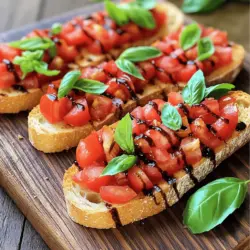 Für ein tolles Tomaten-Basilikum Bruschetta benötigst du folgende Zutaten: - 4 reife Tomaten, gewürfelt - 1 Tasse frische Basilikumblätter, gehackt - 2 Knoblauchzehen, fein gehackt - 1 Esslöffel Balsamico-Essig - 3 Esslöffel nativem Olivenöl extra - Salz und Pfeffer nach Geschmack - 1 Französisches Baguette oder Italienisches Brot, in Scheiben geschnitten - Optional: 1 Teelöffel Honig für eine süßere Note Diese Zutaten sind einfach zu finden. Achte darauf, dass die Tomaten reif sind. Sie geben den besten Geschmack. Du kannst Bruschetta leicht anpassen. Hier sind einige Ideen: - Füge Feta-Käse hinzu für eine cremige Note. - Verwende geröstete Paprika für mehr Geschmack. - Probiere andere Kräuter wie Oregano oder Petersilie. - Für einen scharfen Kick, füge etwas Chili hinzu. Jede dieser Optionen bringt ihren eigenen Charakter. Experimentiere mit verschiedenen Kombinationen. Die Qualität deiner Zutaten macht einen großen Unterschied. Hier sind einige Tipps: - Wähle frische, reife Tomaten. Sie sollten fest, aber saftig sein. - Achte auf frische Basilikumblätter. Sie sollten grün und duftend sein. - Verwende hochwertiges Olivenöl. Natives Olivenöl extra hat den besten Geschmack. - Frischer Knoblauch ist wichtig. Er gibt der Mischung einen tollen Kick. Wenn du auf die Qualität achtest, wird deine Bruschetta fantastisch schmecken. Genieß das Kochen und das Essen! Zuerst musst du die Tomaten vorbereiten. Nimm 4 reife Tomaten und würfle sie. Achte darauf, dass die Stücke nicht zu klein sind. Sie sollten noch sichtbar sein. Dann nimm 1 Tasse frische Basilikumblätter. Hacke sie grob. Jetzt kommt der Knoblauch dran. Du brauchst 2 Knoblauchzehen. Hacke diese fein. In einer großen Rührschüssel vermischst du die gewürfelten Tomaten, den gehackten Basilikum und den Knoblauch. Als Nächstes füge 1 Esslöffel Balsamico-Essig und 3 Esslöffel nativem Olivenöl hinzu. Mische alles gut. Dann schmecke die Mischung mit Salz und Pfeffer ab. Wenn du eine süßere Note magst, kannst du 1 Teelöffel Honig hinzufügen. Lass die Mischung mindestens 15 Minuten marinieren. So können die Aromen sich gut entfalten. Während die Mischung mariniert, heize deinen Ofen auf 200 °C vor. Nimm ein Französisches Baguette oder Italienisches Brot. Schneide es in Scheiben. Lege die Brotscheiben gleichmäßig auf ein Backblech. Beträufle jede Scheibe leicht mit Olivenöl. Das sorgt für eine schöne Knusprigkeit. Röste das Brot im vorgeheizten Ofen für etwa 8-10 Minuten. Achte darauf, dass es goldbraun und knusprig wird. Wenn das Brot fertig ist, nimm es aus dem Ofen und lass es etwas abkühlen. So wird es nicht zu heiß zum Anfassen. Jetzt kommt der spaßige Teil! Nimm die Tomaten-Basilikum-Mischung und verteile sie großzügig auf jede geröstete Brotscheibe. Du kannst viel darauf geben. Das sieht schön aus und schmeckt toll. Serviere die Bruschetta sofort. Arrangiere sie auf einem rustikalen Holzbrett. Das sieht einladend aus. Garniere jede Scheibe mit ganzen Basilikumblättern für einen Farbtupfer. Stelle eine kleine Schale Balsamico-Essig dazu, falls jemand mehr möchte. So wird deine Bruschetta zu einem echten Highlight! Für das vollständige Rezept, schau dir den Abschnitt „Full Recipe“ an. Um den Geschmack der Tomaten-Basilikum Bruschetta zu intensivieren, nutze frische Zutaten. Reife, saftige Tomaten bringen viel Geschmack. Verwende auch frisches Basilikum. Du kannst die Mischung mit etwas Zitronensaft aufpeppen. Das gibt Frische und Tiefe. Ein paar Spritzer Balsamico-Essig verbessern den Geschmack zusätzlich. Du kannst die Tomaten-Basilikum-Mischung leicht im Voraus zubereiten. Mische alles zusammen und lasse es im Kühlschrank stehen. Die Aromen ziehen so besser durch. Bereite das Brot aber erst kurz vor dem Servieren zu. So bleibt es knusprig. Die Mischung hält sich bis zu zwei Tage im Kühlschrank. Für die beste Textur röste das Brot gut. Es sollte außen knusprig und innen weich sein. Verwende ein hochwertiges Baguette oder italienisches Brot. Wenn du es magst, kannst du das Brot auch grillen. Achte darauf, es nicht zu lange zu rösten. So bleibt das Brot nicht zu trocken. Wenn du mehr über die Zubereitung erfahren möchtest, schaue dir das [Full Recipe] an. {{image_4}} Um eine vegane Version der Bruschetta zu machen, lasse den Honig weg. Nutze stattdessen einen Spritzer Zitronensaft. Das gibt Frische und eine leichte Säure. Du kannst auch Avocado hinzufügen. Zerdrücke sie und verteile sie auf dem Brot. Avocado macht das Gericht cremiger und sättigender. In Italien gibt es viele regionale Varianten der Bruschetta. In Rom verwenden sie oft nur Tomaten und Basilikum. In der Toskana fügen sie gerne weiße Bohnen hinzu. Diese machen die Bruschetta nahrhafter. In Neapel kann man auch Mozzarella oder Oliven hinzufügen. Jede Region hat ihren eigenen Twist. Sei kreativ mit deinen Belägen! Füge Feta-Käse oder Olivenpaste hinzu. Diese geben einen herzhaften Geschmack. Du kannst auch geröstete Paprika oder Zucchini verwenden. Diese bringen mehr Farbe und Textur. Probiere auch frische Kräuter wie Oregano oder Thymian. Diese neuen Aromen machen deine Bruschetta einzigartig und lecker. Um die Tomaten-Basilikum-Mischung frisch zu halten, benutze einen luftdichten Behälter. Fülle die Mischung hinein und stelle sie in den Kühlschrank. So bleiben die Aromen erhalten. Es ist am besten, die Mischung innerhalb von zwei Tagen zu essen. Nach diesem Zeitraum können die Tomaten matschig werden. Für das Brot solltest du es in ein sauberes Küchentuch wickeln. So bleibt es weich und frisch. Alternativ kannst du das Brot in einen Papiertüten legen. Vermeide Plastik, da es die Kruste weich macht. Wenn du das Brot länger aufbewahren möchtest, friere die Scheiben ein. So bleibt es knusprig, wenn du es wieder aufbackst. Die Tomaten sind am besten frisch. Sie sollten innerhalb von drei bis fünf Tagen verbraucht werden. Basilikum kann etwa eine Woche im Kühlschrank halten. Achte darauf, die Blätter gut zu trocknen, bevor du sie lagerst. Knoblauch und Olivenöl haben eine längere Haltbarkeit und sind meist mehrere Monate haltbar. Achte auf die Haltbarkeitsdaten, um die besten Aromen zu genießen. Die Zubereitung von Bruschetta dauert insgesamt etwa 40 Minuten. Davon brauchen die Zutaten etwa 20 Minuten, um alles vorzubereiten. Du musst die Tomaten und das Basilikum schneiden und die Mischung anrühren. Das Rösten des Brotes dauert nur 8 bis 10 Minuten. So kannst du schnell ein leckeres Gericht zaubern. Ja, du kannst Bruschetta im Voraus zubereiten. Die Tomaten-Basilikum-Mischung kannst du bis zu zwei Stunden vor dem Servieren machen. Achte darauf, sie im Kühlschrank zu lagern. Das Brot solltest du erst kurz vor dem Servieren rösten. So bleibt es schön knusprig und frisch. Für Bruschetta ist ein frisches Baguette oder italienisches Brot ideal. Diese Brotsorten sind außen knusprig und innen weich. Das sorgt für eine gute Textur. Du kannst auch Ciabatta verwenden, wenn du etwas anderes ausprobieren möchtest. Achte darauf, das Brot in dünne Scheiben zu schneiden, damit es gut röstet. Die Zubereitung von Tomaten-Basilikum Bruschetta ist einfach und macht Spaß. Wir haben die Hauptzutaten, Variationen und Lagerung besprochen. Neben Tipps zur perfekten Zubereitung und Anrichtung gibt es auch kreative Ideen für Abwandlungen. Genießen Sie frische Aromen und teilen Sie Ihre Bruschetta mit Freunden. Denken Sie daran, die Zutaten gut zu wählen und zu lagern. So bleibt alles frisch und lecker. Jetzt sind Sie bereit, Ihre eigene Bruschetta zu machen. Viel Spaß beim Ausprobieren!
