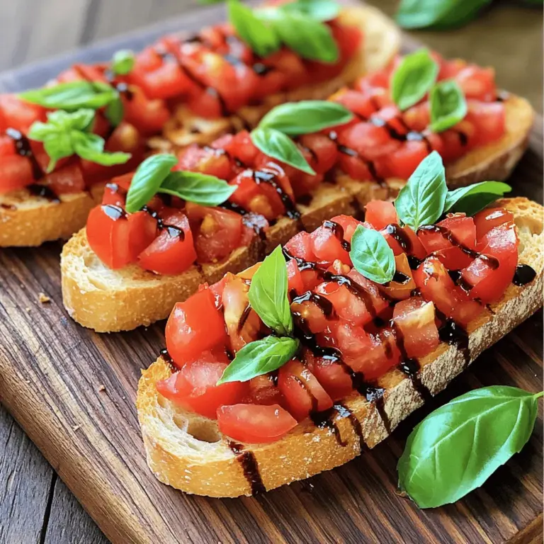 Für ein tolles Tomaten-Basilikum Bruschetta benötigst du folgende Zutaten: - 4 reife Tomaten, gewürfelt - 1 Tasse frische Basilikumblätter, gehackt - 2 Knoblauchzehen, fein gehackt - 1 Esslöffel Balsamico-Essig - 3 Esslöffel nativem Olivenöl extra - Salz und Pfeffer nach Geschmack - 1 Französisches Baguette oder Italienisches Brot, in Scheiben geschnitten - Optional: 1 Teelöffel Honig für eine süßere Note Diese Zutaten sind einfach zu finden. Achte darauf, dass die Tomaten reif sind. Sie geben den besten Geschmack. Du kannst Bruschetta leicht anpassen. Hier sind einige Ideen: - Füge Feta-Käse hinzu für eine cremige Note. - Verwende geröstete Paprika für mehr Geschmack. - Probiere andere Kräuter wie Oregano oder Petersilie. - Für einen scharfen Kick, füge etwas Chili hinzu. Jede dieser Optionen bringt ihren eigenen Charakter. Experimentiere mit verschiedenen Kombinationen. Die Qualität deiner Zutaten macht einen großen Unterschied. Hier sind einige Tipps: - Wähle frische, reife Tomaten. Sie sollten fest, aber saftig sein. - Achte auf frische Basilikumblätter. Sie sollten grün und duftend sein. - Verwende hochwertiges Olivenöl. Natives Olivenöl extra hat den besten Geschmack. - Frischer Knoblauch ist wichtig. Er gibt der Mischung einen tollen Kick. Wenn du auf die Qualität achtest, wird deine Bruschetta fantastisch schmecken. Genieß das Kochen und das Essen! Zuerst musst du die Tomaten vorbereiten. Nimm 4 reife Tomaten und würfle sie. Achte darauf, dass die Stücke nicht zu klein sind. Sie sollten noch sichtbar sein. Dann nimm 1 Tasse frische Basilikumblätter. Hacke sie grob. Jetzt kommt der Knoblauch dran. Du brauchst 2 Knoblauchzehen. Hacke diese fein. In einer großen Rührschüssel vermischst du die gewürfelten Tomaten, den gehackten Basilikum und den Knoblauch. Als Nächstes füge 1 Esslöffel Balsamico-Essig und 3 Esslöffel nativem Olivenöl hinzu. Mische alles gut. Dann schmecke die Mischung mit Salz und Pfeffer ab. Wenn du eine süßere Note magst, kannst du 1 Teelöffel Honig hinzufügen. Lass die Mischung mindestens 15 Minuten marinieren. So können die Aromen sich gut entfalten. Während die Mischung mariniert, heize deinen Ofen auf 200 °C vor. Nimm ein Französisches Baguette oder Italienisches Brot. Schneide es in Scheiben. Lege die Brotscheiben gleichmäßig auf ein Backblech. Beträufle jede Scheibe leicht mit Olivenöl. Das sorgt für eine schöne Knusprigkeit. Röste das Brot im vorgeheizten Ofen für etwa 8-10 Minuten. Achte darauf, dass es goldbraun und knusprig wird. Wenn das Brot fertig ist, nimm es aus dem Ofen und lass es etwas abkühlen. So wird es nicht zu heiß zum Anfassen. Jetzt kommt der spaßige Teil! Nimm die Tomaten-Basilikum-Mischung und verteile sie großzügig auf jede geröstete Brotscheibe. Du kannst viel darauf geben. Das sieht schön aus und schmeckt toll. Serviere die Bruschetta sofort. Arrangiere sie auf einem rustikalen Holzbrett. Das sieht einladend aus. Garniere jede Scheibe mit ganzen Basilikumblättern für einen Farbtupfer. Stelle eine kleine Schale Balsamico-Essig dazu, falls jemand mehr möchte. So wird deine Bruschetta zu einem echten Highlight! Für das vollständige Rezept, schau dir den Abschnitt „Full Recipe“ an. Um den Geschmack der Tomaten-Basilikum Bruschetta zu intensivieren, nutze frische Zutaten. Reife, saftige Tomaten bringen viel Geschmack. Verwende auch frisches Basilikum. Du kannst die Mischung mit etwas Zitronensaft aufpeppen. Das gibt Frische und Tiefe. Ein paar Spritzer Balsamico-Essig verbessern den Geschmack zusätzlich. Du kannst die Tomaten-Basilikum-Mischung leicht im Voraus zubereiten. Mische alles zusammen und lasse es im Kühlschrank stehen. Die Aromen ziehen so besser durch. Bereite das Brot aber erst kurz vor dem Servieren zu. So bleibt es knusprig. Die Mischung hält sich bis zu zwei Tage im Kühlschrank. Für die beste Textur röste das Brot gut. Es sollte außen knusprig und innen weich sein. Verwende ein hochwertiges Baguette oder italienisches Brot. Wenn du es magst, kannst du das Brot auch grillen. Achte darauf, es nicht zu lange zu rösten. So bleibt das Brot nicht zu trocken. Wenn du mehr über die Zubereitung erfahren möchtest, schaue dir das [Full Recipe] an. {{image_4}} Um eine vegane Version der Bruschetta zu machen, lasse den Honig weg. Nutze stattdessen einen Spritzer Zitronensaft. Das gibt Frische und eine leichte Säure. Du kannst auch Avocado hinzufügen. Zerdrücke sie und verteile sie auf dem Brot. Avocado macht das Gericht cremiger und sättigender. In Italien gibt es viele regionale Varianten der Bruschetta. In Rom verwenden sie oft nur Tomaten und Basilikum. In der Toskana fügen sie gerne weiße Bohnen hinzu. Diese machen die Bruschetta nahrhafter. In Neapel kann man auch Mozzarella oder Oliven hinzufügen. Jede Region hat ihren eigenen Twist. Sei kreativ mit deinen Belägen! Füge Feta-Käse oder Olivenpaste hinzu. Diese geben einen herzhaften Geschmack. Du kannst auch geröstete Paprika oder Zucchini verwenden. Diese bringen mehr Farbe und Textur. Probiere auch frische Kräuter wie Oregano oder Thymian. Diese neuen Aromen machen deine Bruschetta einzigartig und lecker. Um die Tomaten-Basilikum-Mischung frisch zu halten, benutze einen luftdichten Behälter. Fülle die Mischung hinein und stelle sie in den Kühlschrank. So bleiben die Aromen erhalten. Es ist am besten, die Mischung innerhalb von zwei Tagen zu essen. Nach diesem Zeitraum können die Tomaten matschig werden. Für das Brot solltest du es in ein sauberes Küchentuch wickeln. So bleibt es weich und frisch. Alternativ kannst du das Brot in einen Papiertüten legen. Vermeide Plastik, da es die Kruste weich macht. Wenn du das Brot länger aufbewahren möchtest, friere die Scheiben ein. So bleibt es knusprig, wenn du es wieder aufbackst. Die Tomaten sind am besten frisch. Sie sollten innerhalb von drei bis fünf Tagen verbraucht werden. Basilikum kann etwa eine Woche im Kühlschrank halten. Achte darauf, die Blätter gut zu trocknen, bevor du sie lagerst. Knoblauch und Olivenöl haben eine längere Haltbarkeit und sind meist mehrere Monate haltbar. Achte auf die Haltbarkeitsdaten, um die besten Aromen zu genießen. Die Zubereitung von Bruschetta dauert insgesamt etwa 40 Minuten. Davon brauchen die Zutaten etwa 20 Minuten, um alles vorzubereiten. Du musst die Tomaten und das Basilikum schneiden und die Mischung anrühren. Das Rösten des Brotes dauert nur 8 bis 10 Minuten. So kannst du schnell ein leckeres Gericht zaubern. Ja, du kannst Bruschetta im Voraus zubereiten. Die Tomaten-Basilikum-Mischung kannst du bis zu zwei Stunden vor dem Servieren machen. Achte darauf, sie im Kühlschrank zu lagern. Das Brot solltest du erst kurz vor dem Servieren rösten. So bleibt es schön knusprig und frisch. Für Bruschetta ist ein frisches Baguette oder italienisches Brot ideal. Diese Brotsorten sind außen knusprig und innen weich. Das sorgt für eine gute Textur. Du kannst auch Ciabatta verwenden, wenn du etwas anderes ausprobieren möchtest. Achte darauf, das Brot in dünne Scheiben zu schneiden, damit es gut röstet. Die Zubereitung von Tomaten-Basilikum Bruschetta ist einfach und macht Spaß. Wir haben die Hauptzutaten, Variationen und Lagerung besprochen. Neben Tipps zur perfekten Zubereitung und Anrichtung gibt es auch kreative Ideen für Abwandlungen. Genießen Sie frische Aromen und teilen Sie Ihre Bruschetta mit Freunden. Denken Sie daran, die Zutaten gut zu wählen und zu lagern. So bleibt alles frisch und lecker. Jetzt sind Sie bereit, Ihre eigene Bruschetta zu machen. Viel Spaß beim Ausprobieren!