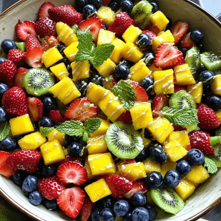 Hier sind die Hauptzutaten für deinen Honig-Limetten-Fruchtsalat. Sie sind frisch und voller Geschmack. - 1 Tasse Erdbeeren, entkelcht und in Scheiben geschnitten - 1 Tasse Heidelbeeren - 1 reife Mango, gewürfelt - 1 Tasse Ananas, gewürfelt - 2 Kiwis, geschält und in Scheiben geschnitten - 2 Esslöffel Honig - 2 Esslöffel frischer Limettensaft - Abgeriebene Schale von 1 Limette - Frische Minzblätter zur Garnierung Diese Zutaten geben deinem Salat die perfekte Mischung aus Süße und Frische. Du kannst die Früchte nach deinem Geschmack variieren. Ananas bringt ein tropisches Gefühl, während Limette dem Salat einen spritzigen Kick verleiht. Wenn du frische Minze hinzufügst, bekommst du einen schönen, kühlen Geschmack. Das Dressing aus Honig und Limettensaft ist einfach zu machen und bringt alles zusammen. Es ist die perfekte Ergänzung zu den saftigen Früchten. Für das vollständige Rezept, schau dir bitte die [Full Recipe] an. Zuerst wasche ich die Früchte gut. Saubere Früchte schmecken besser. Ich schneide die Erdbeeren in Scheiben. Dann würfle ich die Mango und die Ananas. Kiwis schäle ich und schneide sie ebenfalls in Scheiben. Schließlich gebe ich alle geschnittenen Früchte in eine große Schüssel. Die Farben und Formen sehen toll aus. Jetzt mache ich das Dressing. Ich nehme einen kleinen Behälter. Dort gebe ich den Honig, den frischen Limettensaft und die Limettenschale hinein. Mit einem Schneebesen vermische ich alles gut. Das Dressing sollte glatt und gleichmäßig sein. Der süße Honig und die saure Limette harmonieren perfekt. Jetzt kommt der spaßige Teil! Ich träufle das Dressing über die Früchte. Dann mische ich alles behutsam. So sind alle Früchte gleichmäßig überzogen. Ich lasse den Fruchtsalat zehn Minuten ruhen. Die Aromen verbinden sich wunderbar. Schließlich richte ich den Fruchtsalat in Schalen an. Ich garniere ihn mit frischen Minzblättern. So sieht er noch schöner aus! Für die vollständige Anleitung schaue dir die Full Recipe an. - Verwendung von frischen, reifen Früchten: Frische Früchte sind der Schlüssel. Achte darauf, dass sie reif und saftig sind. So schmeckt der Salat besser. - Dressing nach Geschmack anpassen: Du kannst das Dressing süßer oder saurer machen. Füge mehr Honig oder Limettensaft hinzu, je nach deinem Geschmack. - Früchte nicht zu lange schnippeln: Schneide die Früchte kurz vor dem Servieren. So bleiben sie frisch und knackig. - Übermäßige Verwendung von Dressing: Zu viel Dressing kann den Geschmack überdecken. Verwende nur das, was nötig ist, um die Früchte leicht zu überziehen. - Ansprechende Serviermethoden: Serviere den Fruchtsalat in einer großen Schüssel oder in einzelnen Gläsern. Das sieht toll aus und macht Appetit. - Ideen für kreative Garnierungen: Verwende frische Minzblätter oder einige Essbare Blüten zur Dekoration. Das gibt dem Salat einen schönen Farbkontrast und sieht einladend aus. {{image_4}} Um den Honig-Limetten-Fruchtsalat zu variieren, füge saisonale Früchte hinzu. Im Sommer sind saftige Pfirsiche oder süße Melonen eine tolle Wahl. Im Herbst kannst du Äpfel oder Birnen verwenden. Diese Früchte bringen neuen Geschmack und Farbe in den Salat. Eine Kombination aus Trockenfrüchten ist auch möglich. Probier getrocknete Cranberries oder Aprikosen. Sie geben dem Salat mehr Textur und Süße. Wenn du vegan bist, kannst du den Honig ersetzen. Verwende Agavensirup oder Ahornsirup als süße Alternative. Diese bieten ebenfalls einen tollen Geschmack. Für Zuckeralternativen im Dressing eignen sich Stevia oder Erythrit. Diese Optionen sind kalorienarm und gut für eine gesunde Ernährung. Um dem Salat eine herzhafte Note zu geben, füge Nüsse oder Käse hinzu. Walnüsse oder Mandeln sind knusprig und lecker. Feta oder Ziegenkäse passt gut zu den süßen Früchten. Du kannst auch die Aromen mit frischen Kräutern anpassen. Minze, Basilikum oder sogar Koriander geben dem Salat einen neuen Twist. Diese Variationen machen den Fruchtsalat spannend und vielseitig. Wenn du mehr Ideen brauchst, schau dir das [Full Recipe] an. Um den Honig-Limetten-Fruchtsalat frisch zu halten, verwenden Sie einen luftdichten Behälter. Ein Glasbehälter ist ideal, da er die Aromen gut bewahrt. Stellen Sie sicher, dass der Behälter sauber und trocken ist, bevor Sie den Salat hineinlegen. Im Kühlschrank bleibt der Salat etwa zwei bis drei Tage frisch. Nach dieser Zeit kann die Frische der Früchte sinken, und der Geschmack kann sich verändern. Wenn Sie eine Veranstaltung planen, können Sie einige Schritte im Voraus erledigen. Schneiden Sie die Früchte ein paar Stunden vorher und lagern Sie sie im Kühlschrank. Mischen Sie die Früchte jedoch erst kurz vor dem Servieren. So bleiben sie frisch und knackig. Das Dressing sollten Sie ebenfalls erst kurz vor dem Servieren hinzufügen. Dadurch bleibt der Salat lebendig und saftig. Haben Sie Reste, bewahren Sie diese richtig auf. Füllen Sie den Salat in den gleichen luftdichten Behälter zurück. So bleibt er frisch. Wenn Sie Reste verwenden möchten, können Sie sie in Joghurt oder Quark mischen. Das gibt Ihnen ein schnelles und leckeres Frühstück. Auch in einem Smoothie machen sich die Reste gut. So nutzen Sie alles und verschwenden nichts. Der Honig-Limetten-Fruchtsalat hält sich gut für zwei bis drei Tage im Kühlschrank. Wenn du ihn richtig lagerst, bleibt er frisch. Verwende einen luftdichten Behälter. Achte darauf, dass du den Fruchtsalat nicht zu lange stehen lässt. Die Früchte verlieren ihre Frische und die Textur kann matschig werden. Ja, du kannst das Rezept leicht anpassen. Verwende deine Lieblingsfrüchte. Zum Beispiel, füge einige Trauben oder Pfirsiche hinzu. Du kannst auch mehr oder weniger Honig verwenden, je nach deinem Geschmack. Für mehr Frische, probiere frische Kräuter wie Basilikum oder Zitronenmelisse. Diese kleinen Änderungen können neue Geschmäcker bringen. Dieser Fruchtsalat passt gut zu vielen Gerichten. Du kannst ihn als Beilage zu gegrilltem Fleisch servieren. Er macht sich auch gut mit Joghurt oder Quark als Dessert. Probiere ihn mit einem herzhaften Salat oder als Teil einer Brunch-Tafel. Die frischen Aromen ergänzen viele Speisen. In diesem Blogbeitrag haben wir alles Wichtige für den perfekten Honig-Limetten-Fruchtsalat behandelt. Du hast gelernt, welche frischen Zutaten du brauchst, wie du sie zubereitest und welche Tipps dir helfen, Fehler zu vermeiden. Wir haben auch Variationen und Lagerungshinweise besprochen. Denke daran, deine Fruchtauswahl kreativ anzupassen. Mit etwas Übung wirst du bald den perfekten Fruchtsalat zaubern. Probiere die Ideen aus und genieße die frische Vielfalt!