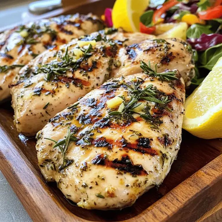 Für mein Knoblauch Kräuter Gegrilltes Hähnchen benötige ich einige einfache Zutaten. Hier sind die Hauptzutaten: - 4 Hähnchenbrustfilets, ohne Haut und Knochen - 4 Knoblauchzehen, fein gehackt - 2 Esslöffel frischer Rosmarin, gehackt - 2 Esslöffel frischer Thymian, gehackt - 1 Esslöffel frische Petersilie, gehackt - 60 ml Olivenöl - Saft von 1 Zitrone - Salz und Pfeffer nach Geschmack Diese Zutaten bilden die Basis für ein schmackhaftes Gericht. Frische Kräuter bringen viel Geschmack. Sie machen das Hähnchen lebendig. Ich liebe es, frische Kräuter zu verwenden. Sie sind besser als getrocknete Kräuter. Frischer Rosmarin und Thymian geben ein tolles Aroma. Petersilie bringt eine frische Note. Wenn ich diese Kräuter hacke, steigen die Aromen auf. Frische Kräuter haben auch gesundheitliche Vorteile. Sie sind reich an Antioxidantien und Vitaminen. Sie helfen, das Gericht gesund und lecker zu machen. Manchmal habe ich keine frischen Kräuter. Das ist kein Problem! Ich kann getrocknete Kräuter verwenden. Statt frischem Rosmarin nehme ich einen Teelöffel getrockneten Rosmarin. Für Thymian gilt das gleiche. Es ist wichtig, die Menge anzupassen. Getrocknete Kräuter sind stärker. Wenn ich kein Hähnchen habe, kann ich auch Tofu verwenden. Das macht das Rezept vegan. Tofu nimmt die Marinade gut auf. So bleibt es lecker und saftig. Für das Öl kann ich auch Avocadoöl nutzen. Es hat einen milden Geschmack. Der Zitronensaft kann durch Essig ersetzt werden. Das gibt dem Gericht eine andere, aber gute Note. Ich finde, diese Alternativen machen das Rezept flexibel. So kann jeder das Gericht nach seinem Geschmack anpassen. Wenn du mehr über die Zubereitung erfahren möchtest, schau dir das [Full Recipe]() an! Zuerst musst du das Hähnchen marinieren. Nimm eine große Schüssel und füge die gehackten Knoblauchzehen, Rosmarin, Thymian, und Petersilie hinzu. Gieße dann das Olivenöl und den Zitronensaft hinein. Streue Salz und Pfeffer nach Geschmack dazu. Rühre alles gut um. Diese Marinade wird dem Hähnchen viel Geschmack geben. Lege die Hähnchenbrustfilets in einen großen, wiederverschließbaren Beutel oder eine flache Schüssel. Gieße die Marinade über das Hähnchen. Schließe den Beutel gut oder decke die Schüssel ab. Lass das Hähnchen mindestens 30 Minuten im Kühlschrank, besser 2-4 Stunden marinieren. So ziehen die Aromen tief ein und machen das Hähnchen zart und würzig. Jetzt ist es Zeit, den Grill vorzubereiten. Heize den Grill auf mittelhohe Hitze vor. Dies sorgt dafür, dass das Hähnchen gleichmäßig gart. Während der Grill sich aufheizt, nimm das Hähnchen aus der Marinade. Lasse die überschüssige Marinade abtropfen. Verwende diese Marinade nicht wieder, um eine sichere Zubereitung zu gewährleisten. Lege die Hähnchenbrustfilets auf den Grill. Grill sie etwa 5-7 Minuten auf jeder Seite. Es ist wichtig, die Innentemperatur zu überprüfen. Sie sollte 75°C (165°F) erreichen. Das Hähnchen darf nicht mehr rosa sein. Wenn es fertig ist, nimm das Hähnchen vom Grill. Lass es 5 Minuten ruhen, bevor du es anschneidest. So bleibt der Saft im Fleisch und macht es lecker. Für das vollständige Rezept, schau dir die Anleitung für das Knoblauch Kräuter Gegrillte Hähnchen an. Die Marinierzeit ist wichtig. Du möchtest, dass die Aromen gut einziehen. Ich empfehle, das Hähnchen mindestens 30 Minuten zu marinieren. Besser ist es, wenn du es 2-4 Stunden im Kühlschrank lässt. So wird das Hähnchen zart und voller Geschmack. Du kannst das Hähnchen auf verschiedene Arten grillen. Die beste Methode ist der direkte Grill. Heize deinen Grill auf mittelhohe Hitze vor. Lege die Hähnchenbrustfilets auf den Grill. Wende sie nach 5-7 Minuten. Achte darauf, dass das Hähnchen eine Innentemperatur von 75°C erreicht. Trockenes Hähnchen ist nicht lecker. Um das zu vermeiden, gibt es einige Tipps. Erstens, marinieren ist wichtig. Zweitens, grill das Hähnchen nicht zu lange. Wenn du die Innentemperatur misst, nimm das Hähnchen rechtzeitig vom Grill. Lass das Hähnchen nach dem Grillen 5 Minuten ruhen. So bleibt es saftig und zart. Für das vollständige Rezept, sieh dir das [Full Recipe] an. {{image_4}} Für eine mediterrane Note, füge getrocknete Oliven und Feta hinzu. Das Hähnchen wird so würziger und erhält einen tollen Geschmack. Du kannst auch etwas Paprika und Oregano in die Marinade mischen. Dies bringt Aromen von Sonne und Meer in dein Gericht. Wenn du Lust auf einen asiatischen Twist hast, ersetze die Kräuter durch Sojasauce und Ingwer. Füge etwas Honig und Sesamöl hinzu. Diese Mischung macht das Hähnchen süßlich und herzhaft. Du kannst auch Frühlingszwiebeln und Knoblauch für mehr Geschmack verwenden. Für eine vegane Option benutze festen Tofu. Schneide den Tofu in Scheiben und mariniere ihn wie das Hähnchen. Grille den Tofu für einen rauchigen Geschmack. Diese Variante ist lecker und gesund. Du kannst auch Gemüse wie Zucchini und Paprika grillen, um die Mahlzeit zu vervollständigen. Für das vollständige Rezept, schau dir das Knoblauch Kräuter Gegrillte Hähnchen Rezept an. Wenn Sie Reste von gegrilltem Hähnchen haben, lassen Sie das Fleisch zuerst abkühlen. Wickeln Sie es dann in Frischhaltefolie oder legen Sie es in einen luftdichten Behälter. So bleibt das Hähnchen frisch. Lagern Sie es im Kühlschrank für bis zu drei Tage. Wenn Sie es länger aufbewahren möchten, können Sie das Hähnchen auch einfrieren. Schneiden Sie es in Stücke, bevor Sie es in einen Gefrierbeutel legen. So haben Sie Portionen für später. Die Marinade, die Sie für das Hähnchen verwenden, kann auch aufbewahrt werden. Stellen Sie sicher, dass sie in einem sauberen Glasbehälter ist. Lagern Sie die Marinade im Kühlschrank für bis zu einer Woche. Wenn Sie die Marinade einfrieren möchten, können Sie sie in einem Eiswürfelbehälter portionieren. So haben Sie immer frische Marinade zur Hand. Denken Sie daran, die Marinade nicht zu verwenden, wenn sie bereits mit rohem Hähnchen in Kontakt kam. Wenn es Zeit zum Aufwärmen ist, können Sie das Hähnchen in der Mikrowelle, im Ofen oder auf dem Grill aufwärmen. Um das Hähnchen in der Mikrowelle zu erwärmen, legen Sie es auf einen Teller und decken Sie es mit einem feuchten Papiertuch ab. Erhitzen Sie es in kurzen Intervallen, bis es warm ist. Im Ofen können Sie das Hähnchen bei 180 °C für etwa 10-15 Minuten aufwärmen. Wenn Sie den Grill verwenden, legen Sie das Hähnchen bei mittlerer Hitze für ein paar Minuten darauf. Das sorgt für ein schönes Aroma. Die Zubereitung für Knoblauch Kräuter Gegrilltes Hähnchen dauert insgesamt etwa 45 Minuten. Davon sind 10 Minuten für die Vorbereitung und 30 Minuten für das Marinieren des Hähnchens. Es ist wichtig, das Hähnchen mindestens 30 Minuten marinieren zu lassen, um die Aromen vollständig aufzunehmen. Für besten Geschmack empfehle ich, es 2 bis 4 Stunden im Kühlschrank zu lassen. Ja, du kannst das Hähnchen auch im Ofen zubereiten. Heize deinen Ofen auf 200 Grad Celsius vor. Lege das marinierte Hähnchen in eine Auflaufform und backe es etwa 25 bis 30 Minuten. Überprüfe die Innentemperatur, die 75 Grad Celsius erreichen sollte. So erhältst du ein saftiges und schmackhaftes Gericht, auch ohne Grill. Zu Knoblauch Kräuter Gegrilltem Hähnchen passen viele Beilagen. Hier sind einige Vorschläge: - Bunter gemischter Salat - Gegrilltes Gemüse wie Zucchini und Paprika - Reis oder Quinoa für eine sättigende Option - Knoblauchbrot für den extra Geschmack - Kartoffelsalat als frische Variante Diese Beilagen ergänzen das Hähnchen wunderbar und machen das Essen zu einem Fest! Du kannst auch eigene Kombinationen ausprobieren, um das Gericht nach deinem Geschmack zu gestalten. Für die vollständige Zubereitung, schau dir das [Full Recipe] an. Das Knoblauch Kräuter Gegrillte Hähnchen ist einfach und lecker. Wir haben die besten Zutaten, die Bedeutung frischer Kräuter und nützliche Alternativen besprochen. Ich habe die Schritte zum Marinieren, Grillen und die besten Tipps geteilt, um trockenes Hähnchen zu vermeiden. Sie haben auch verschiedene Variationen und Lagerhinweise entdeckt. Denken Sie daran, dass frische Kräuter den Geschmack verbessern. Experimentieren Sie mit neuen Aromen. Mit diesen Tipps und Tricks wird Ihr Hähnchen immer gut gelingen!