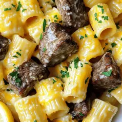 - 450 g Rinderfilet, in mundgerechte Würfel geschnitten - 60 g ungesalzene Butter (geteilt) - 4 Knoblauchzehen, fein gehackt - 1 Teelöffel frischer Rosmarin, gehackt - 1 Teelöffel frischer Thymian, gehackt Die Hauptzutaten sind sehr wichtig. Das Rinderfilet sorgt für einen tollen Geschmack. Verwende frische Kräuter für mehr Aroma. Knoblauch bringt eine schöne Würze in das Gericht. Ungesalzene Butter sorgt für eine cremige Textur. - 225 g Rigatoni-Nudeln - 240 ml Sahne - 100 g geriebener scharfer Cheddar-Käse - 50 g geriebener Parmesan-Käse Die Rigatoni sind perfekt für die Käsesoße. Sie halten die Soße gut fest. Sahne macht die Soße schön cremig und reichhaltig. Cheddar und Parmesan geben den Käsegeschmack. Diese Kombination macht die Rigatoni sehr lecker. - Salz und frisch gemahlener schwarzer Pfeffer nach Geschmack - 1/4 Tasse frisch gehackte Petersilie zum Garnieren - Zitronenschnitze zum Servieren Gewürze sind der Schlüssel zum guten Geschmack. Salz und Pfeffer bringen die Aromen zum Leben. Petersilie sorgt für eine schöne Farbe und Frische. Zitronenschnitze geben einen tollen, frischen Akzent. Diese kleinen Extras machen das Gericht besonders. Für das gesamte Rezept, schau dir die [Full Recipe] an. Bringen Sie in einem großen Topf ausreichend Salzwasser zum Kochen. Geben Sie die Rigatoni in das kochende Wasser. Kochen Sie sie bis zur Bissfestigkeit, etwa 10 bis 12 Minuten. Schmecken Sie die Nudeln, um sicherzustellen, dass sie al dente sind. Abgießen und beiseite stellen. Bewahren Sie 120 ml vom Kochwasser auf. Erhitzen Sie in einer großen Pfanne bei mittlerer bis hoher Hitze 30 g der Butter. Würzen Sie die Steakwürfel mit Salz und Pfeffer. Geben Sie die Steaks in die Pfanne, sodass sie nicht übereinander liegen. Braten Sie die Würfel für 3 bis 4 Minuten pro Seite. Nehmen Sie das Steak aus der Pfanne und stellen Sie es beiseite. Reduzieren Sie die Hitze auf mittlere Stufe in derselben Pfanne. Fügen Sie die restlichen 30 g Butter hinzu und lassen Sie sie schmelzen. Geben Sie den gehackten Knoblauch sowie den Rosmarin und Thymian in die Pfanne. Sautieren Sie alles etwa 1 Minute lang, bis es aromatisch duftet. Überprüfen Sie die Aromatisierung und passen Sie sie nach Geschmack an. Rühren Sie die Sahne in die Pfanne ein und bringen Sie die Mischung leicht zum Köcheln. Fügen Sie den Cheddar- und Parmesan-Käse hinzu. Rühren Sie, bis der Käse geschmolzen ist und die Soße cremig wird. Sollte die Soße zu dickflüssig sein, fügen Sie nach und nach etwas vom aufbewahrten Pasta-Wasser hinzu. Geben Sie die abgetropften Rigatoni und die angebratenen Steakstücke in die Pfanne zur Käsesoße. Werfen Sie alles gut durch, bis die Rigatoni gleichmäßig mit der Soße überzogen sind. Schmecken Sie mit zusätzlichem Salz und Pfeffer ab, falls nötig. Servieren Sie die Steakstücke mit den Käse-Rigatoni auf Tellern. Bestreuen Sie alles mit frisch gehackter Petersilie. Fügen Sie Zitronenschnitze an die Seite für einen frischen Akzent hinzu. Genießen Sie dieses Gericht, das jede Mahlzeit zu etwas Besonderem macht. Für die vollständige Zubereitung schauen Sie sich das Full Recipe an. Die Garstufe des Steaks ist wichtig. Sie beeinflusst den Geschmack und die Textur. Hier sind die Hauptstufen: - Rare: 50-52 °C, innen rot und kühl. - Medium Rare: 57-60 °C, innen rosa und warm. - Medium: 63-68 °C, innen leicht rosa. - Medium Well: 70-73 °C, fast durchgegart, nur ein Hauch rosa. - Well Done: über 76 °C, vollständig durchgegart und trocken. Nutze ein Fleischthermometer für beste Ergebnisse. Steaks ruhen lassen hilft, die Säfte zu halten. Die Käsesoße ist das Herzstück des Gerichts. Du kannst verschiedene Käsesorten verwenden, um den Geschmack zu ändern. Hier sind einige Optionen: - Mozzarella: Für eine mildere, cremige Soße. - Gorgonzola: Für einen kräftigen, würzigen Geschmack. - Feta: Für eine salzige Note und mehr Textur. Experimentiere mit Mischungen, um deine perfekte Soße zu finden. Ein wenig extra Würze kann das Gericht aufpeppen. Überlege, Chili oder Paprika hinzuzufügen: - Chili: Für Schärfe, perfekt für Liebhaber von würzigem Essen. - Paprika: Für einen milden, süßen Geschmack und Farben. Füge die Gewürze beim Braten des Steaks hinzu, um den Geschmack zu intensivieren. {{image_4}} Wenn Sie eine vegetarische Version von Knoblauch-Butter-Steakspitzen mit Käse-Rigatoni möchten, können Sie das Steak durch Gemüse ersetzen. Zucchini, Auberginen oder Paprika sind tolle Optionen. Schneiden Sie das Gemüse in Würfel und braten Sie es in der Butter an. Es wird die köstlichen Aromen der Knoblauch-Buttersauce aufnehmen und bietet eine herzhafte, fleischlose Mahlzeit. Für eine gesündere Wahl können Sie Vollkorn- oder glutenfreie Nudeln nutzen. Vollkornnudeln bieten mehr Ballaststoffe und Geschmack. Glutenfreie Nudeln sind ideal für Menschen mit Glutenunverträglichkeit. Kochen Sie sie einfach wie die Rigatoni in der Anleitung. Beide Optionen schmecken hervorragend mit der cremigen Käsesoße. Um den Geschmack zu verstärken, fügen Sie Pilze oder Spinat hinzu. Pilze bringen einen erdigen Geschmack, der gut mit der Butter harmoniert. Spinat fügt Farbe und Nährstoffe hinzu. Geben Sie diese Zutaten einfach in die Pfanne, wenn Sie die Knoblauch-Buttersauce zubereiten. So werden Ihre Knoblauch-Butter-Steakspitzen mit Käse-Rigatoni noch leckerer. Wenn Sie mehr über das Rezept erfahren möchten, schauen Sie sich die [Full Recipe] an. Um die Knoblauch-Butter-Steakspitzen mit Käse-Rigatoni frisch zu halten, lagere ich die Reste im Kühlschrank. Nutze dafür einen luftdichten Behälter. So bleibt der Geschmack erhalten. Lass die Speisen vor dem Einlagern auf Raumtemperatur abkühlen. So vermeidest du Kondenswasser im Behälter. Wenn ich die Reste aufwärme, nutze ich eine Pfanne oder die Mikrowelle. In der Pfanne erhitze ich bei mittlerer Hitze. Füge einen kleinen Spritzer Wasser oder Brühe hinzu. Das hilft, die Feuchtigkeit zu bewahren. In der Mikrowelle erwärme ich die Portionen in Intervallen von 30 Sekunden. So kann ich die Speisen gleichmäßig warm machen, ohne sie zu überkochen. Die Knoblauch-Butter-Steakspitzen mit Käse-Rigatoni halten sich etwa 3 Tage im Kühlschrank. Achte darauf, sie gut verpackt zu halten. Nach 3 Tagen empfehle ich, die Reste nicht mehr zu essen. Wenn du sie länger aufbewahren möchtest, friere sie ein. So bleiben sie bis zu 3 Monate frisch. Achte darauf, die Speisen gut zu verpacken, um Gefrierbrand zu vermeiden. Um sicherzustellen, dass dein Steak perfekt gegart ist, gibt es einige einfache Tipps. Verwende ein Fleischthermometer, um die Temperatur zu messen. Für medium rare sollte die Temperatur etwa 57 Grad Celsius betragen. - Fingerdruck-Test: Drücke leicht auf das Steak. Bei medium rare fühlt es sich weich an. - Zeit: Brate das Steak etwa 3-4 Minuten pro Seite. - Ruhen lassen: Lass das Steak nach dem Braten 5 Minuten ruhen. So bleibt der Saft im Fleisch. Ja, du kannst die Rigatoni im Voraus zubereiten. Koche die Nudeln wie oben beschrieben und lasse sie abkühlen. - Portionieren: Teile die gekochten Rigatoni in Portionen auf. - Lagerung: Bewahre sie in einem luftdichten Behälter im Kühlschrank auf. - Wiedererwärmung: Erhitze sie vor dem Servieren in der Pfanne mit etwas Wasser oder Sauce. Es gibt viele leckere Beilagen, die gut zu Knoblauch-Butter-Steakspitzen passen. Hier sind einige Vorschläge: - Grüner Salat: Ein frischer Salat mit Tomaten und Gurken. - Gedünstetes Gemüse: Brokkoli oder grüne Bohnen sind gute Optionen. - Knoblauchbrot: Das passt toll zu den Steakspitzen und Rigatoni. Für das vollständige Rezept, schaue dir die Anleitung im Abschnitt "Full Recipe" an. Dieses Rezept verbindet zartes Rinderfilet mit cremigen Rigatoni. Wir haben die Hauptzutaten, Kochschritte und hilfreiche Tipps behandelt. Denke an die verschiedenen Variationen, um das Gericht anzupassen. Mit einfachen Lagerungshinweisen bleibt dein Essen frisch. Experimentiere mit neuen Zutaten für zusätzlichen Geschmack. Du kannst dein perfektes Steak jetzt selbst zubereiten und anderen zeigen, wie einfach es geht. Werde kreativ und genieße die schönen Aromen!