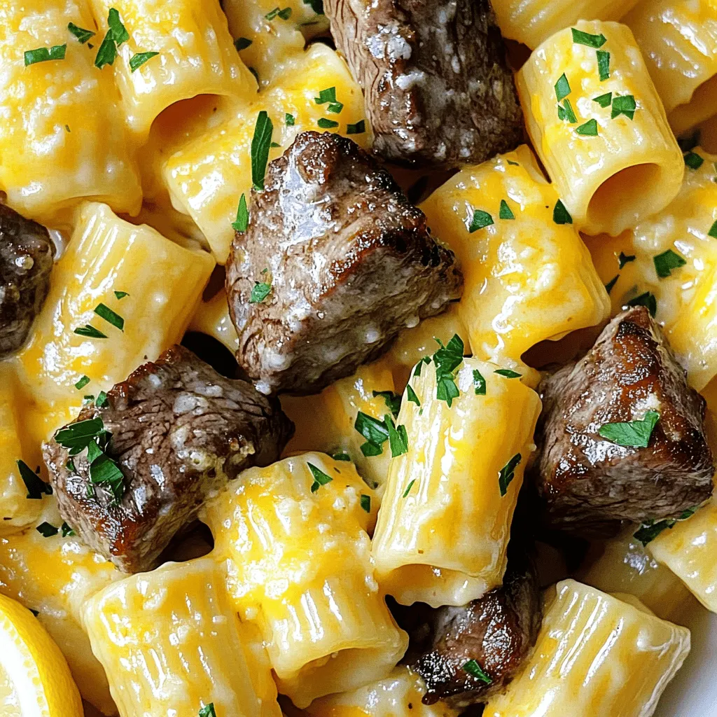 - 450 g Rinderfilet, in mundgerechte Würfel geschnitten - 60 g ungesalzene Butter (geteilt) - 4 Knoblauchzehen, fein gehackt - 1 Teelöffel frischer Rosmarin, gehackt - 1 Teelöffel frischer Thymian, gehackt Die Hauptzutaten sind sehr wichtig. Das Rinderfilet sorgt für einen tollen Geschmack. Verwende frische Kräuter für mehr Aroma. Knoblauch bringt eine schöne Würze in das Gericht. Ungesalzene Butter sorgt für eine cremige Textur. - 225 g Rigatoni-Nudeln - 240 ml Sahne - 100 g geriebener scharfer Cheddar-Käse - 50 g geriebener Parmesan-Käse Die Rigatoni sind perfekt für die Käsesoße. Sie halten die Soße gut fest. Sahne macht die Soße schön cremig und reichhaltig. Cheddar und Parmesan geben den Käsegeschmack. Diese Kombination macht die Rigatoni sehr lecker. - Salz und frisch gemahlener schwarzer Pfeffer nach Geschmack - 1/4 Tasse frisch gehackte Petersilie zum Garnieren - Zitronenschnitze zum Servieren Gewürze sind der Schlüssel zum guten Geschmack. Salz und Pfeffer bringen die Aromen zum Leben. Petersilie sorgt für eine schöne Farbe und Frische. Zitronenschnitze geben einen tollen, frischen Akzent. Diese kleinen Extras machen das Gericht besonders. Für das gesamte Rezept, schau dir die [Full Recipe] an. Bringen Sie in einem großen Topf ausreichend Salzwasser zum Kochen. Geben Sie die Rigatoni in das kochende Wasser. Kochen Sie sie bis zur Bissfestigkeit, etwa 10 bis 12 Minuten. Schmecken Sie die Nudeln, um sicherzustellen, dass sie al dente sind. Abgießen und beiseite stellen. Bewahren Sie 120 ml vom Kochwasser auf. Erhitzen Sie in einer großen Pfanne bei mittlerer bis hoher Hitze 30 g der Butter. Würzen Sie die Steakwürfel mit Salz und Pfeffer. Geben Sie die Steaks in die Pfanne, sodass sie nicht übereinander liegen. Braten Sie die Würfel für 3 bis 4 Minuten pro Seite. Nehmen Sie das Steak aus der Pfanne und stellen Sie es beiseite. Reduzieren Sie die Hitze auf mittlere Stufe in derselben Pfanne. Fügen Sie die restlichen 30 g Butter hinzu und lassen Sie sie schmelzen. Geben Sie den gehackten Knoblauch sowie den Rosmarin und Thymian in die Pfanne. Sautieren Sie alles etwa 1 Minute lang, bis es aromatisch duftet. Überprüfen Sie die Aromatisierung und passen Sie sie nach Geschmack an. Rühren Sie die Sahne in die Pfanne ein und bringen Sie die Mischung leicht zum Köcheln. Fügen Sie den Cheddar- und Parmesan-Käse hinzu. Rühren Sie, bis der Käse geschmolzen ist und die Soße cremig wird. Sollte die Soße zu dickflüssig sein, fügen Sie nach und nach etwas vom aufbewahrten Pasta-Wasser hinzu. Geben Sie die abgetropften Rigatoni und die angebratenen Steakstücke in die Pfanne zur Käsesoße. Werfen Sie alles gut durch, bis die Rigatoni gleichmäßig mit der Soße überzogen sind. Schmecken Sie mit zusätzlichem Salz und Pfeffer ab, falls nötig. Servieren Sie die Steakstücke mit den Käse-Rigatoni auf Tellern. Bestreuen Sie alles mit frisch gehackter Petersilie. Fügen Sie Zitronenschnitze an die Seite für einen frischen Akzent hinzu. Genießen Sie dieses Gericht, das jede Mahlzeit zu etwas Besonderem macht. Für die vollständige Zubereitung schauen Sie sich das Full Recipe an. Die Garstufe des Steaks ist wichtig. Sie beeinflusst den Geschmack und die Textur. Hier sind die Hauptstufen: - Rare: 50-52 °C, innen rot und kühl. - Medium Rare: 57-60 °C, innen rosa und warm. - Medium: 63-68 °C, innen leicht rosa. - Medium Well: 70-73 °C, fast durchgegart, nur ein Hauch rosa. - Well Done: über 76 °C, vollständig durchgegart und trocken. Nutze ein Fleischthermometer für beste Ergebnisse. Steaks ruhen lassen hilft, die Säfte zu halten. Die Käsesoße ist das Herzstück des Gerichts. Du kannst verschiedene Käsesorten verwenden, um den Geschmack zu ändern. Hier sind einige Optionen: - Mozzarella: Für eine mildere, cremige Soße. - Gorgonzola: Für einen kräftigen, würzigen Geschmack. - Feta: Für eine salzige Note und mehr Textur. Experimentiere mit Mischungen, um deine perfekte Soße zu finden. Ein wenig extra Würze kann das Gericht aufpeppen. Überlege, Chili oder Paprika hinzuzufügen: - Chili: Für Schärfe, perfekt für Liebhaber von würzigem Essen. - Paprika: Für einen milden, süßen Geschmack und Farben. Füge die Gewürze beim Braten des Steaks hinzu, um den Geschmack zu intensivieren. {{image_4}} Wenn Sie eine vegetarische Version von Knoblauch-Butter-Steakspitzen mit Käse-Rigatoni möchten, können Sie das Steak durch Gemüse ersetzen. Zucchini, Auberginen oder Paprika sind tolle Optionen. Schneiden Sie das Gemüse in Würfel und braten Sie es in der Butter an. Es wird die köstlichen Aromen der Knoblauch-Buttersauce aufnehmen und bietet eine herzhafte, fleischlose Mahlzeit. Für eine gesündere Wahl können Sie Vollkorn- oder glutenfreie Nudeln nutzen. Vollkornnudeln bieten mehr Ballaststoffe und Geschmack. Glutenfreie Nudeln sind ideal für Menschen mit Glutenunverträglichkeit. Kochen Sie sie einfach wie die Rigatoni in der Anleitung. Beide Optionen schmecken hervorragend mit der cremigen Käsesoße. Um den Geschmack zu verstärken, fügen Sie Pilze oder Spinat hinzu. Pilze bringen einen erdigen Geschmack, der gut mit der Butter harmoniert. Spinat fügt Farbe und Nährstoffe hinzu. Geben Sie diese Zutaten einfach in die Pfanne, wenn Sie die Knoblauch-Buttersauce zubereiten. So werden Ihre Knoblauch-Butter-Steakspitzen mit Käse-Rigatoni noch leckerer. Wenn Sie mehr über das Rezept erfahren möchten, schauen Sie sich die [Full Recipe] an. Um die Knoblauch-Butter-Steakspitzen mit Käse-Rigatoni frisch zu halten, lagere ich die Reste im Kühlschrank. Nutze dafür einen luftdichten Behälter. So bleibt der Geschmack erhalten. Lass die Speisen vor dem Einlagern auf Raumtemperatur abkühlen. So vermeidest du Kondenswasser im Behälter. Wenn ich die Reste aufwärme, nutze ich eine Pfanne oder die Mikrowelle. In der Pfanne erhitze ich bei mittlerer Hitze. Füge einen kleinen Spritzer Wasser oder Brühe hinzu. Das hilft, die Feuchtigkeit zu bewahren. In der Mikrowelle erwärme ich die Portionen in Intervallen von 30 Sekunden. So kann ich die Speisen gleichmäßig warm machen, ohne sie zu überkochen. Die Knoblauch-Butter-Steakspitzen mit Käse-Rigatoni halten sich etwa 3 Tage im Kühlschrank. Achte darauf, sie gut verpackt zu halten. Nach 3 Tagen empfehle ich, die Reste nicht mehr zu essen. Wenn du sie länger aufbewahren möchtest, friere sie ein. So bleiben sie bis zu 3 Monate frisch. Achte darauf, die Speisen gut zu verpacken, um Gefrierbrand zu vermeiden. Um sicherzustellen, dass dein Steak perfekt gegart ist, gibt es einige einfache Tipps. Verwende ein Fleischthermometer, um die Temperatur zu messen. Für medium rare sollte die Temperatur etwa 57 Grad Celsius betragen. - Fingerdruck-Test: Drücke leicht auf das Steak. Bei medium rare fühlt es sich weich an. - Zeit: Brate das Steak etwa 3-4 Minuten pro Seite. - Ruhen lassen: Lass das Steak nach dem Braten 5 Minuten ruhen. So bleibt der Saft im Fleisch. Ja, du kannst die Rigatoni im Voraus zubereiten. Koche die Nudeln wie oben beschrieben und lasse sie abkühlen. - Portionieren: Teile die gekochten Rigatoni in Portionen auf. - Lagerung: Bewahre sie in einem luftdichten Behälter im Kühlschrank auf. - Wiedererwärmung: Erhitze sie vor dem Servieren in der Pfanne mit etwas Wasser oder Sauce. Es gibt viele leckere Beilagen, die gut zu Knoblauch-Butter-Steakspitzen passen. Hier sind einige Vorschläge: - Grüner Salat: Ein frischer Salat mit Tomaten und Gurken. - Gedünstetes Gemüse: Brokkoli oder grüne Bohnen sind gute Optionen. - Knoblauchbrot: Das passt toll zu den Steakspitzen und Rigatoni. Für das vollständige Rezept, schaue dir die Anleitung im Abschnitt "Full Recipe" an. Dieses Rezept verbindet zartes Rinderfilet mit cremigen Rigatoni. Wir haben die Hauptzutaten, Kochschritte und hilfreiche Tipps behandelt. Denke an die verschiedenen Variationen, um das Gericht anzupassen. Mit einfachen Lagerungshinweisen bleibt dein Essen frisch. Experimentiere mit neuen Zutaten für zusätzlichen Geschmack. Du kannst dein perfektes Steak jetzt selbst zubereiten und anderen zeigen, wie einfach es geht. Werde kreativ und genieße die schönen Aromen!