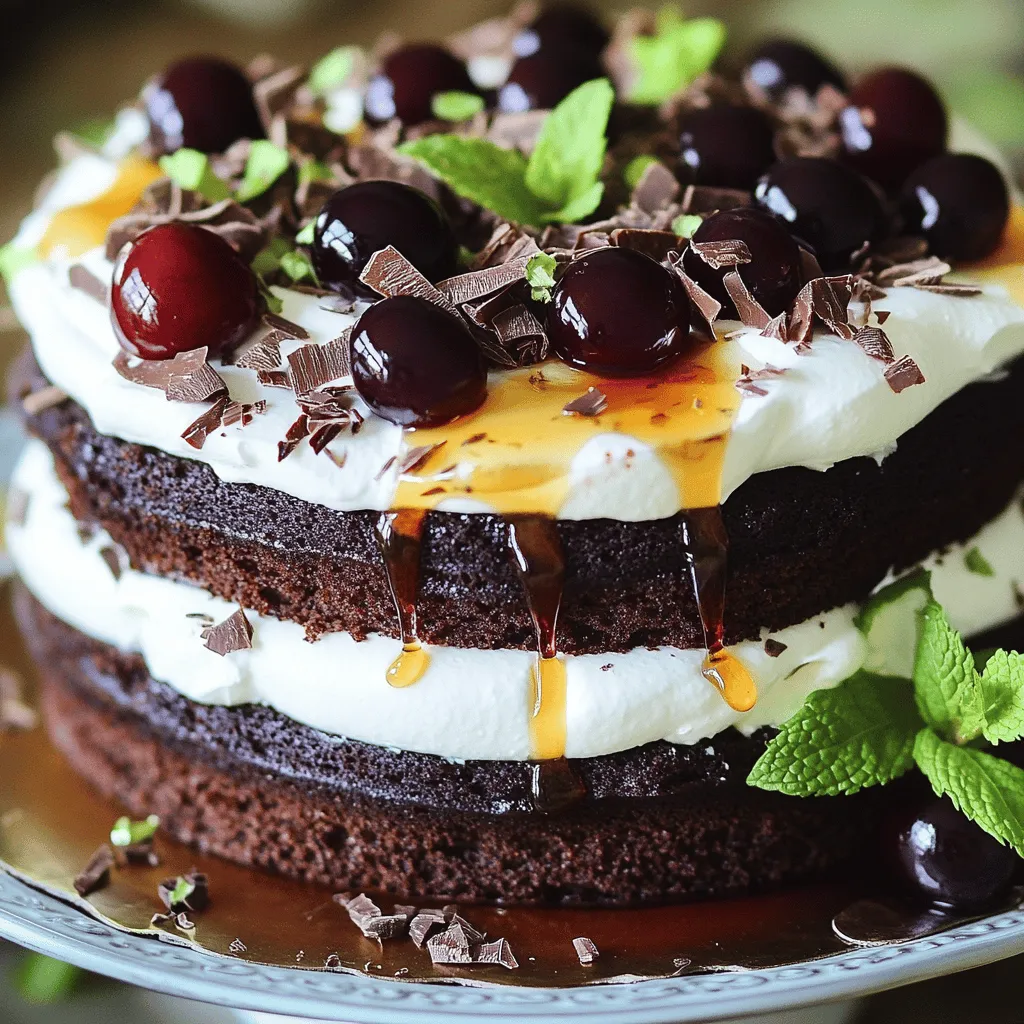 Um einen leckeren Schwarzwälder Kuchen zu backen, brauchst du folgende Zutaten: - 1 ¾ Tassen Weizenmehl - 1 ½ Tassen Zucker - ¾ Tasse ungesüßtes Kakaopulver - 1 ½ Teelöffel Backpulver - 1 ½ Teelöffel Natron - 1 Teelöffel Salz - 2 große Eier - 1 Tasse Buttermilch - ½ Tasse Pflanzenöl - 2 Teelöffel reiner Vanilleextrakt - 1 Tasse kochendes Wasser - 1 Glas (24 oz) Schattenmorellen, abgetropft und Saft aufbewahrt - 2 Tassen Schlagsahne - ¼ Tasse Puderzucker - Schokoladenspäne, zur Dekoration - Frische Minzblätter, zur Garnitur Diese Zutaten geben dem Kuchen seinen besonderen Geschmack. Die Kombination aus Schokolade und Kirschen macht ihn unwiderstehlich. Du kannst die Zutaten anpassen, um neue Geschmäcker zu finden. Zum Beispiel: - Ersetze Weizenmehl durch Mandelmehl für eine glutenfreie Option. - Nutze Agavendicksaft anstelle von Zucker für eine weniger süße Variante. - Verwende Kokosmilch statt Buttermilch für einen anderen Geschmack. Diese Alternativen können dem Kuchen einen neuen Twist geben. Achte beim Einkaufen auf die Qualität der Zutaten. Hier sind einige Tipps: - Wähle frische Schattenmorellen. Sie geben den besten Geschmack. - Nutze hochwertiges Kakaopulver. Das verbessert den Schokoladengeschmack. - Achte auf frische Eier. Sie sind für die Textur wichtig. Hochwertige Zutaten machen den größten Unterschied im Geschmack. Wenn du die besten Zutaten verwendest, wird dein Schwarzwälder Kuchen immer hervorragend schmecken. Für das komplette Rezept schau dir die [Full Recipe] an. Heize deinen Ofen auf 175°C (350°F) vor. Fette zwei 9-Zoll runde Kuchenformen ein und bestäube sie mit Mehl. Dies verhindert, dass der Kuchen kleben bleibt. Bereite alle Zutaten vor und stelle sicher, dass sie Raumtemperatur haben. Dies hilft beim Mischen. In einer großen Rührschüssel vermischst du die trockenen Zutaten. Nimm das Weizenmehl, den Zucker, das Kakaopulver, das Backpulver, das Natron und das Salz. Rühre alles gut um. Dann füge die Eier, die Buttermilch, das Pflanzenöl und den Vanilleextrakt hinzu. Mische alles auf mittlerer Geschwindigkeit. Es ist wichtig, alles gut zu vermengen. Jetzt kommt der spannende Teil: Füge vorsichtig das kochende Wasser hinzu. Der Teig wird dünnflüssig, das ist normal. Keine Sorge, das ist genau richtig! Teile den Teig gleichmäßig auf die beiden vorbereiteten Formen auf. Backe die Kuchen für 30 bis 35 Minuten. Benutze einen Zahnstocher, um zu testen, ob sie fertig sind. Wenn er sauber herauskommt, sind die Kuchen bereit. Lass sie zehn Minuten in den Formen abkühlen. Danach stürze sie auf ein Kuchengitter, um vollständig abzukühlen. Während die Kuchen abkühlen, hacke die Hälfte der Schattenmorellen. Bewahre die anderen Kirschen für die Dekoration auf. Schlage die Schlagsahne mit Puderzucker auf hoher Geschwindigkeit, bis weiche Spitzen entstehen. Setze eine Kuchenschicht auf einen Servierteller. Bestreiche sie mit etwas Kirschsaft. Verteile die Hälfte der Schlagsahne darauf und streue die gehackten Kirschen darüber. Setze die zweite Kuchenschicht darauf und wiederhole die Schritte. Verteile die restliche Schlagsahne über die Oberseite und die Seiten des Kuchens. Zum Schluss dekoriere mit Schokoladenspänen und ganzen Kirschen. Frische Minzblätter verleihen einen schönen Farbkontrast. Für das ganze Rezept, schau dir den [Full Recipe] an. Um Missgeschicke beim Backen des Schwarzwälder Kuchens zu vermeiden, gibt es einige einfache Tipps. - Genaues Messen: Messen Sie die Zutaten genau. Zu viel oder zu wenig kann den Kuchen ruinieren. - Zutatentemperatur: Lassen Sie Eier und Buttermilch auf Raumtemperatur kommen. Das macht den Teig gleichmäßiger. - Backzeit prüfen: Überprüfen Sie den Kuchen regelmäßig. Jeder Ofen kann anders backen. Ein Zahnstocher sollte sauber herauskommen. Die Schlagsahne ist der Star des Kuchens! Hier sind meine besten Tipps: - Kalte Schlagsahne: Stellen Sie sicher, dass die Schlagsahne kalt ist. Das hilft beim Aufschlagen. - Hohe Geschwindigkeit: Beginnen Sie langsam und erhöhen Sie dann die Geschwindigkeit. So vermeiden Sie Spritzer. - Nicht übermixen: Stoppen Sie, wenn weiche Spitzen entstehen. Zu viel Mixen kann die Sahne in Butter verwandeln. Die Präsentation macht viel aus. Hier sind einige Ideen, um Ihren Kuchen schön zu servieren: - Schokoladenspäne: Streuen Sie die Schokoladenspäne gleichmäßig über die Sahne. Das sieht toll aus! - Frische Kirschen: Verwenden Sie ganze Kirschen für die Dekoration. Sie sind ein echter Hingucker. - Minze als Garnitur: Fügen Sie frische Minzblätter hinzu. Sie bringen Farbe und Frische auf den Teller. Mit diesen Tipps und Tricks wird Ihr Schwarzwälder Kuchen nicht nur köstlich, sondern auch ein wahrer Augenschmaus. Für das Rezept, schauen Sie sich das [Full Recipe] an. {{image_4}} Ein glutenfreier Schwarzwälder Kuchen ist leicht zu machen. Ersetzen Sie das Weizenmehl durch eine glutenfreie Mischung. Achten Sie darauf, dass die Mischung Xanthan enthält. So bleibt der Kuchen schön saftig. Verwenden Sie die gleichen Mengen wie im Rezept. Backen Sie ihn wie gewohnt. Testen Sie die Konsistenz mit einem Zahnstocher. So wissen Sie, ob er fertig ist. Für einen veganen Schwarzwälder Kuchen gibt es tolle Optionen. Ersetzen Sie die Eier durch Apfelmus oder Leinsamen. Für die Buttermilch verwenden Sie Sojamilch mit Essig. Das gibt den gleichen Effekt. Verwenden Sie vegane Sahne für die Füllung. Auch hier bleibt der Geschmack köstlich. Achten Sie bei der Schokolade darauf, dass sie vegan ist. Experimentieren Sie mit Füllungen und Toppings! Probieren Sie statt Kirschen Himbeeren oder Erdbeeren. Diese Früchte geben eine frische Note. Für ein zusätzliches Aroma können Sie einen Hauch von Zimt oder Mandelextrakt hinzufügen. Dekorieren Sie den Kuchen mit Nüssen oder essbaren Blüten. Diese geben dem Kuchen ein schönes Aussehen. Für das Topping können Sie auch Karamellsauce verwenden. Es gibt viele Möglichkeiten, um kreativ zu sein. Schauen Sie sich das [Full Recipe] an, um alle Details zu erfahren! Der Schwarzwälder Kuchen bleibt am besten frisch, wenn Sie ihn richtig lagern. Wickeln Sie die Kuchenstücke in Frischhaltefolie. So bleibt die Feuchtigkeit erhalten. Sie können auch eine luftdichte Box verwenden. Stellen Sie sicher, dass die Schichten sich nicht berühren. So bleibt die Schlagsahne schön und fluffig. Im Kühlschrank hält sich der Kuchen etwa 3 bis 5 Tage. Achten Sie darauf, ihn gut abzudecken. Die Kirschen könnten sonst den Kuchen durchweichen. Wenn Sie den Kuchen länger aufbewahren möchten, frieren Sie ihn ein. In einem Gefrierbeutel bleibt er bis zu 2 Monate frisch. Lassen Sie ihn vor dem Servieren langsam im Kühlschrank auftauen. Haben Sie Reste? Verwenden Sie sie kreativ! Schneiden Sie den Kuchen in kleine Stücke und machen Sie Cake Pops. Sie können auch einen Schichtdessert im Glas kreieren. Schichten Sie Kuchenstücke, Schlagsahne und Kirschen in einem Glas. Das sieht toll aus und schmeckt lecker! Der Schwarzwälder Kuchen kommt aus Deutschland. Er stammt aus der Region Schwarzwald. Die Region ist bekannt für ihre Kirschen und Schokolade. Der Kuchen vereint diese beiden Zutaten. Traditionell wird er mit Sahne und Kirschwasser gemacht. Heute finden wir viele Versionen des Kuchens. Wenn Sie keinen Kirschsaft haben, gibt es Alternativen. Sie können einfach Apfelsaft oder Traubensaft verwenden. Diese Säfte geben auch einen tollen Geschmack. Eine andere Möglichkeit ist, frische Früchte zu verwenden. Zum Beispiel können Sie Erdbeeren oder Himbeeren nehmen. Diese Früchte passen gut zu Schokolade. In Deutschland finden Sie viele Bäckereien, die tollen Schwarzwälder Kuchen machen. Besuchen Sie lokale Konditoreien in Ihrer Stadt. Oft bieten sie frische und leckere Varianten an. Wenn Sie online suchen, finden Sie viele Lieferdienste. Diese bringen den Kuchen direkt zu Ihnen nach Hause. Schauen Sie sich auch Bewertungen an, um den besten Kuchen zu finden. Für ein einfaches Rezept können Sie das vollständige Rezept ausprobieren. Dieser Blogbeitrag hat die wichtigsten Zutaten für den perfekten Schwarzwälder Kuchen behandelt. Wir haben die Hauptzutaten sowie Alternativen und Tipps zur Auswahl durchgenommen. Zudem haben wir eine einfache Schritt-für-Schritt-Anleitung zum Backen des Kuchens gegeben. Ich teile auch wertvolle Tipps zur Fehlervermeidung und zur Präsentation. Letztlich können Sie mit Variationen und Tipps zur Aufbewahrung Ihrer Kreationen noch kreativer werden. Mit diesem Wissen gelingt Ihnen jeder Schwarzwälder Kuchen spielend leicht. Viel Spaß beim Backen!