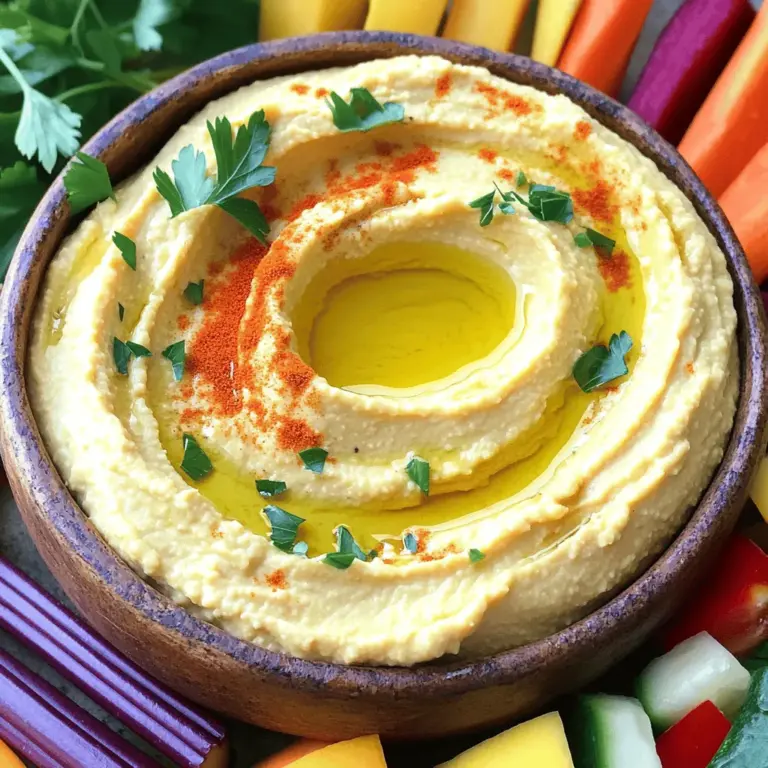 - 1 Dose Kichererbsen - 60 ml Tahini - 30 ml frischer Zitronensaft - 2 Knoblauchzehen - 30 ml natives Olivenöl extra Die Hauptzutaten sind einfach und leicht zu finden. Kichererbsen sind die Basis. Sie geben dem Hummus Struktur und Geschmack. Tahini, eine Paste aus Sesam, fügt Cremigkeit hinzu. Der frische Zitronensaft bringt eine spritzige Note und den Knoblauch den nötigen Kick. Extra natives Olivenöl sorgt für einen reichen Geschmack und eine glatte Textur. - 1/2 Teelöffel gemahlener Kreuzkümmel - Salz nach Geschmack - Wasser nach Bedarf - Paprika und frische Petersilie zum Garnieren Gewürze machen den Hummus besonders. Kreuzkümmel gibt ihm Tiefe. Salz hebt die Aromen hervor. Wasser hilft, die Konsistenz zu erreichen. Zum Garnieren sind Paprika und frische Petersilie perfekt. Sie geben Farbe und machen das Gericht einladend. Für das komplette Rezept, schau dir die [Full Recipe] an. Zuerst spülen Sie die Kichererbsen ab und lassen sie gut abtropfen. Dies hilft, überschüssiges Salz zu entfernen. Als Nächstes hacken Sie den Knoblauch fein. Dies sorgt für einen intensiven Geschmack im Hummus. Jetzt geben Sie die Kichererbsen, Tahini, Zitronensaft, den gehackten Knoblauch, Olivenöl, Kreuzkümmel und etwas Salz in die Küchenmaschine. Mixen Sie alles auf hoher Stufe für etwa eine Minute. Vergessen Sie nicht, die Seiten der Schüssel mit einem Spatel abzukratzen. Pürieren Sie weiter, bis die Mischung glatt und cremig aussieht. Fügen Sie nach Bedarf Wasser hinzu, jeweils einen Esslöffel. Mixen Sie nach jeder Zugabe, bis der Hummus die gewünschte Konsistenz erreicht. Schmecken Sie den Hummus ab und passen Sie die Würze an. Fügen Sie mehr Salz oder Zitronensaft hinzu, wenn nötig. So wird Ihr Hummus perfekt lecker! Wie viel Wasser hinzufügen? Um die perfekte Konsistenz zu erhalten, füge Wasser schrittweise hinzu. Beginne mit einem Esslöffel Wasser. Mixe die Zutaten gut. Wenn der Hummus zu dick ist, füge mehr Wasser hinzu. Achte darauf, dass die Mischung schön cremig wird. Tipps für cremigen Hummus Für besonders cremigen Hummus verwende kaltes Wasser. Kaltes Wasser hilft, die Textur zu verbessern. Eine andere Technik ist, die Kichererbsen vorher zu schälen. Das gibt einen noch glatteren Hummus. Lass die Mischung auch lange genug in der Küchenmaschine laufen. So wird sie richtig luftig und leicht. Salz und Zitronensaft anpassen Die richtige Balance von Salz und Zitronensaft ist wichtig. Beginne mit einer Prise Salz und einem Spritzer Zitronensaft. Schmecke nach und passe die Mengen an. Manchmal braucht der Hummus mehr Zitrone, manchmal mehr Salz. Vertraue deinem Geschmack. Alternative Gewürze für mehr Geschmack Experimentiere mit verschiedenen Gewürzen! Paprika, Cayennepfeffer oder frische Kräuter bringen neuen Geschmack. Auch geräucherter Paprika sorgt für eine interessante Note. Sei kreativ und finde deine Lieblingskombinationen. Was passt zu Hummus? Hummus schmeckt wunderbar mit frischem Pita-Brot. Du kannst auch Gemüse wie Karotten, Sellerie oder Gurken servieren. Diese knackigen Snacks passen perfekt zum Dippen. Kreative Snackideen Probiere Hummus auf Toast oder in Sandwiches. Du kannst ihn auch als Dip für Nachos verwenden. Eine weitere Idee ist, Hummus mit einer Auswahl an Nüssen zu garnieren. Das macht den Snack noch interessanter und leckerer. {{image_4}} Hummus ist mehr als nur eine Paste. Du kannst ihn nach deinem Geschmack anpassen. Zwei meiner Lieblingsvariationen sind Rote Bete-Hummus und Avocado-Hummus. - Rote Bete-Hummus: Füge gekochte Rote Bete hinzu. Sie gibt dem Hummus eine schöne Farbe und einen süßen Geschmack. Einfach die Rote Bete zusammen mit den anderen Zutaten in die Küchenmaschine geben. Mixe alles gut durch. Du wirst den Unterschied lieben! - Avocado-Hummus: Verwendest du Avocado, wird der Hummus besonders cremig. Einfach eine reife Avocado hinzufügen. Sie bringt auch gesunde Fette mit. Die Kombination aus Avocado und dem klassischen Hummusgeschmack ist einfach köstlich. Wenn du spezielle Diäten hast, ist das kein Problem. Hummus lässt sich leicht anpassen. - Glutenfreie Alternativen: Hummus ist von Natur aus glutenfrei. Achte nur darauf, dass deine Beilagen wie Pita-Brot oder Crackers ebenfalls glutenfrei sind. Gemüsesticks sind eine tolle Wahl! - Vegane Variationen: Das Rezept ist schon vegan. Du kannst jedoch noch mehr pflanzliche Zutaten hinzufügen. Zum Beispiel, statt Olivenöl kannst du auch Kokosöl verwenden. Das sorgt für einen neuen Geschmack. Hummus ist perfekt für jedes Fest oder jede Zusammenkunft. Es gibt viele Möglichkeiten, ihn zu servieren. - Party-Hummus-Möglichkeiten: Du kannst kleine Schalen mit verschiedenen Hummus-Sorten aufstellen. Lass deine Gäste mit frischem Gemüse und Chips dippen. Das macht Spaß und ist gesund. - Festliche Hummus-Anrichtearten: An Feiertagen kannst du Hummus in einer großen Schüssel servieren. Garniere ihn mit frischen Kräutern und einem Spritzer Olivenöl. Ein hübsches Arrangement zieht die Blicke an und macht dein Buffet einladend. Mit diesen Variationen ist Hummus mehr als nur ein einfacher Dip. Das Rezept ist vielseitig und macht jede Mahlzeit besser! Probiere die verschiedenen Optionen aus und finde deine Favoriten. Um Hummus frisch zu halten, lagere ich ihn hauptsächlich im Kühlschrank. Verwende einen luftdichten Behälter, um die Frische zu bewahren. Ich achte darauf, die Oberfläche des Hummus mit etwas Olivenöl zu bedecken. Das hilft, Oxidation zu verhindern. Wenn ich mehr als eine Portion übrig habe, teile ich ihn in kleinere Behälter auf. So kann ich immer nur die Menge entnehmen, die ich brauche. Hummus bleibt in der Regel 4 bis 7 Tage frisch, wenn er gut verpackt ist. Ich schaue immer nach Anzeichen von Verderb. Wenn der Hummus einen unangenehmen Geruch hat oder seine Farbe sich verändert, ist es Zeit, ihn wegzuwerfen. Auch Schimmel ist ein klares Zeichen dafür, dass der Hummus nicht mehr gut ist. Achte darauf, vor dem Essen immer zu riechen und zu schauen! Die Zubereitung von Hummus ist schnell und einfach. Die Vorbereitungszeit beträgt nur 10 Minuten. Die gesamte Zeit für das Rezept ist ebenfalls 10 Minuten. Das bedeutet, dass du in kurzer Zeit einen leckeren Hummus genießen kannst. Ja, du kannst Hummus ohne Tahini machen. Wenn du kein Tahini hast, nimm einfach mehr Olivenöl. Du kannst auch Erdnussbutter oder Sonnenblumenkerne verwenden. Diese Alternativen geben deinem Hummus einen anderen Geschmack, sind aber ebenfalls lecker. Achte darauf, den Zitronensaft gut abzuwiegen, um die Frische zu erhalten. Hummus ist sehr vielseitig. Du kannst ihn mit frischem, warmem Pita-Brot servieren. Auch knackiges Gemüse wie Karotten, Sellerie oder Paprika passt hervorragend dazu. Für einen besonderen Snack kannst du Hummus auf Crackern oder mit Tortilla-Chips genießen. Diese Kombinationen machen dein Essen aufregend und gesund. Hummus ist einfach und lecker. Wir haben die Hauptzutaten, wie Kichererbsen und Tahini, betrachtet. Dann habe ich die Zubereitung in klaren Schritten erklärt. Mit Tipps für die perfekte Konsistenz und verschiedene Aromen kannst du Hummus anpassen. Auch die Lagerung ist wichtig, um Frische zu gewährleisten. Du hast sicher viele Ideen für deine nächsten Snacks. Probiere die Variationen aus und teile deinen Hummus mit anderen!