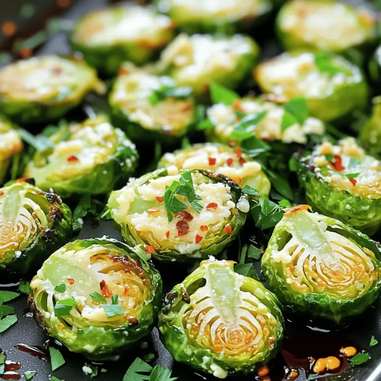 - 450 g frischer Rosenkohl - 4 Knoblauchzehen - 60 g geriebener Parmesan - 45 ml Olivenöl - 1 Teelöffel Salz - 1/2 Teelöffel schwarzer Pfeffer - 1/2 Teelöffel rote Pfefferflocken (optional) - 30 ml Balsamico-Essig - Frische Petersilie zur Garnierung Für dieses Rezept wähle ich frischen Rosenkohl, da er den besten Geschmack hat. Halbiere ihn und entferne die äußeren Blätter. Der Knoblauch bringt einen tollen Geschmack. Ich empfehle, ihn fein zu hacken. Der geriebene Parmesan sorgt für eine köstliche, goldene Kruste. Das Olivenöl hilft, die Aromen zu vereinen. Salz und Pfeffer bringen die nötige Würze. Rote Pfefferflocken sind optional, aber sie geben einen tollen Kick. Der Balsamico-Essig am Ende sorgt für eine süß-säuerliche Note. Petersilie sieht nicht nur schön aus, sondern gibt auch Frische. Die Kombination dieser Zutaten macht das Gericht zu einem echten Genuss. Für das vollständige Rezept sieh dir die Details im Full Recipe an. Heizen Sie den Ofen auf 200°C vor. Ein heißer Ofen sorgt für knusprige Ränder. Legen Sie ein Backblech mit Backpapier aus. Das verhindert, dass der Rosenkohl kleben bleibt und erleichtert die Reinigung. Nehmen Sie 450 g frischen Rosenkohl. Schneiden Sie ihn in der Mitte durch und entfernen Sie die äußeren Blätter. In einer großen Schüssel vermengen Sie den geputzten und halbierten Rosenkohl mit 4 fein gehackten Knoblauchzehen. Fügen Sie 45 ml Olivenöl, 1 Teelöffel Salz, 1/2 Teelöffel schwarzen Pfeffer und, falls gewünscht, 1/2 Teelöffel rote Pfefferflocken hinzu. Mischen Sie alles gut, bis der Rosenkohl gleichmäßig beschichtet ist. Eine gute Beschichtung ist wichtig für den Geschmack. Verteilen Sie den Rosenkohl in einer einzigen Schicht auf dem Backblech. Rösten Sie ihn im vorgeheizten Ofen für 20-25 Minuten. Rühren Sie den Rosenkohl während des Röstens einmal um. So wird er gleichmäßig goldbraun und knusprig. Nach dem Rösten nehmen Sie das Backblech heraus. Streuen Sie 60 g geriebenen Parmesan gleichmäßig über die heißen Rosenkohlhälften. Geben Sie das Blech für weitere 5 Minuten zurück in den Ofen. Der Käse sollte schmelzen und sprudeln. Vor dem Servieren träufeln Sie 30 ml Balsamico-Essig darüber und vermengen alles leicht. Garnieren Sie das Gericht mit frischer Petersilie für zusätzlichen Geschmack und einen schönen Farbkontrast. Um den Rosenkohl perfekt zu rösten, heize deinen Ofen auf 200 °C vor. Diese Temperatur sorgt für eine schöne Bräunung. Ein häufiger Fehler ist, den Rosenkohl zu überladen. Achte darauf, dass die Stücke genug Platz haben. So werden sie gleichmäßig knusprig. Wenn du mehr als eine Blechladung hast, röste sie in mehreren Durchgängen. Um den Knoblauchgeschmack zu intensivieren, kannst du ihn vorher rösten. Das macht den Geschmack süßer und milder. Röste die Knoblauchzehen in etwas Olivenöl, bis sie goldbraun sind. Wenn du keinen frischen Knoblauch hast, verwende Knoblauchpulver. Das gibt auch einen guten Geschmack, wenn du es rechtzeitig hinzufügst. Das Verhältnis der Gewürze ist wichtig. Du kannst die Menge nach deinem Geschmack anpassen. Wenn du es schärfer magst, füge mehr rote Pfefferflocken hinzu. Für zusätzliche Aromen probiere Kräuter wie Thymian oder Rosmarin. Diese passen gut zu dem Gericht und machen es noch interessanter. Für die detaillierte Rezeptanleitung schau dir das Full Recipe an. {{image_4}} Du kannst Rosenkohl leicht mit anderen Gemüsesorten kombinieren. Karotten bringen eine süße Note. Zucchini sorgt für eine frische Textur. Diese Kombinationen machen das Gericht noch bunter und schmackhafter. Du kannst eine bunte Gemüseplatte machen. Mische einfach verschiedene Gemüsesorten. So hast du ein tolles Gemüsegericht. Wenn du wenig Zeit hast, nutze gefrorenen Rosenkohl. Dieser ist oft schon vorgegart. Du musst ihn nur auftauen und würzen. So sparst du Zeit. Du kannst auch die Mikrowelle nutzen. Lege den Rosenkohl in einen mikrowellenfesten Behälter. Füge etwas Wasser hinzu und decke ihn ab. Nach wenigen Minuten ist er gar. Diese Methoden sind schnell und einfach. Für eine vegane Option kannst du den Parmesan ersetzen. Nutze vegane Käsealternativen. Diese schmelzen meist gut und schmecken lecker. Du kannst auch Nüsse hinzufügen. Gemahlene Mandeln oder Cashews geben mehr Geschmack. Diese Zutaten sorgen für ein vollwertigeres Gericht. Sie machen das Essen nahrhaft und köstlich. Um Ihren Knoblauch Parmesan gerösteten Rosenkohl frisch zu halten, lagern Sie ihn in einem luftdichten Behälter. Stellen Sie sicher, dass der Rosenkohl abgekühlt ist, bevor Sie ihn abdecken. So bleibt die Knusprigkeit erhalten. Gerösteter Rosenkohl hält sich im Kühlschrank etwa 3 bis 4 Tage. Achten Sie darauf, ihn innerhalb dieser Zeit zu genießen, damit der Geschmack frisch bleibt. Das Aufwärmen von Rosenkohl kann einfach sein. Am besten verwenden Sie den Ofen, um die Knusprigkeit wiederherzustellen. Heizen Sie den Ofen auf 180°C vor. Legen Sie den Rosenkohl auf ein Backblech und wärmen Sie ihn etwa 10 Minuten lang auf. Alternativ können Sie die Mikrowelle nutzen, aber der Rosenkohl wird weich. Haben Sie Reste? Diese können Sie in vielen Gerichten verwenden. Fügen Sie gerösteten Rosenkohl zu Salaten, Omeletts oder Pasta hinzu. Er gibt jedem Gericht eine tolle Note. Für die beste Erfahrung, probieren Sie die [Full Recipe]. Die Zubereitung ist einfach und schnell. Du brauchst etwa 10 Minuten für die Vorbereitung. Die Kochzeit beträgt 20 bis 25 Minuten. Insgesamt sind es also rund 30 Minuten von Start bis Ende. Diese schnelle Zubereitungszeit macht es leicht, dieses Gericht für ein schnelles Abendessen zu genießen. Ja, du kannst den Rosenkohl im Voraus vorbereiten. Halbiere und würze den Rosenkohl und bewahre ihn im Kühlschrank auf. So bleibt er frisch. Du kannst ihn innerhalb von 1 bis 2 Tagen nach der Vorbereitung rösten. Das Rösten kurz vor dem Servieren sorgt für den besten Geschmack und die beste Textur. Gerösteter Rosenkohl passt gut zu vielen Gerichten. Du kannst ihn mit Hähnchen, Rindfleisch oder Lachs kombinieren. Vegetarische Optionen wie Quinoa oder Linsensalat sind ebenfalls köstlich. Diese Kombinationen machen dein Gericht vollwertig und lecker. Du kannst das vollständige Rezept unter dem Titel "Full Recipe" finden. Dort stehen alle Schritte und Zutaten, die du brauchst. Rosenkohl mit Knoblauch und Parmesan ist einfach und lecker. Wir haben die Hauptzutaten, Gewürze, und Zubereitungsschritte erforscht. Außerdem habe ich Tipps gegeben, um perfekt zu rösten und Variationen zu probieren. Probierst du verschiedene Gemüsesorten oder vegane Alternativen aus, bleibt der Spaß erhalten. Denke an die Lagerung und wie du Reste verwendest. Diese Schritte machen dein Essen besser. Genieße das Kochen und die leckeren Ergebnisse!