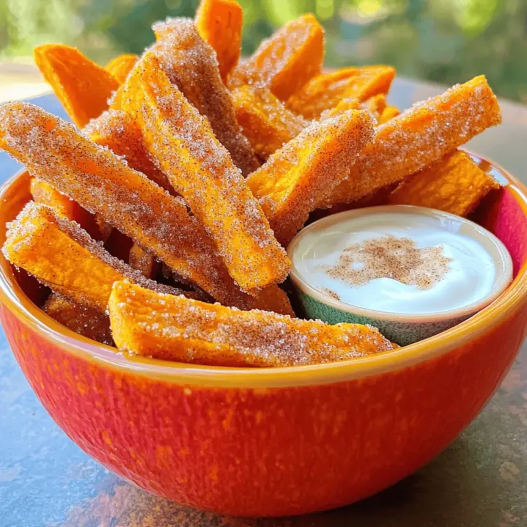 Für köstliche Zimt-Zucker Süßkartoffel-Pommes brauchst du: - 2 große Süßkartoffeln - 2 Esslöffel Olivenöl - 1 Esslöffel Zimt - 2 Esslöffel brauner Zucker - ½ Teelöffel Salz - ½ Teelöffel schwarzer Pfeffer - Optional: 1 Esslöffel Maisstärke (für extra Knusprigkeit) Wähle frische Süßkartoffeln. Sie sollten fest und ohne dunkle Flecken sein. Achte darauf, dass die Süßkartoffeln eine gleichmäßige Farbe haben. Hochwertiges Olivenöl verbessert den Geschmack. Verwende echten Zimt für die beste Aroma. Brauner Zucker gibt den Pommes eine schöne Süße und Karamellisierung. Wenn du die Maisstärke wählst, sie macht die Pommes knuspriger. Diese Zutat ist jedoch optional. Wenn du sie nicht hast, sind die Pommes auch ohne sie lecker. Wenn du keine Süßkartoffeln magst, kannst du normale Kartoffeln verwenden. Sie sind auch gut für Pommes. Anstelle von Olivenöl kannst du Rapsöl oder Kokosöl verwenden. Für einen anderen Geschmack probiere Muskatnuss oder Piment. Du kannst auch Honig oder Agavendicksaft anstelle von braunem Zucker nutzen. Sei kreativ! Die Zimt-Zucker Mischung kann auch mit einem Hauch von Vanille oder Kakaopulver erweitert werden. Die Vorbereitungszeit für diese Zimt-Zucker Süßkartoffel-Pommes beträgt nur 10 Minuten. Die gesamte Kochzeit liegt bei etwa 30 Minuten. Das macht es einfach, diese köstlichen Pommes schnell zuzubereiten. 1. Heize den Ofen auf 220°C (425°F) vor. Lege ein Backblech mit Backpapier aus. 2. Schäle die Süßkartoffeln und schneide sie in dünne Pommes, etwa 0,5 cm dick. 3. Gib die Süßkartoffelpommes in eine große Schüssel. Vermische sie gut mit dem Olivenöl. 4. In einer kleinen Schüssel mische Zimt, braunen Zucker, Salz, schwarzen Pfeffer und Maisstärke. 5. Bestreue die Süßkartoffeln mit der Zimt-Zucker-Mischung. Tossiere die Pommes, bis sie gleichmäßig bedeckt sind. 6. Verteile die Pommes gleichmäßig auf dem Backblech. Achte darauf, dass sie nicht überfüllt sind. 7. Backe die Süßkartoffelpommes für 25–30 Minuten. Wende sie zur Halbzeit für gleichmäßiges Garen. 8. Nimm die Pommes aus dem Ofen, wenn sie goldbraun sind. Lass sie kurz abkühlen, bevor du sie servierst. - Achte darauf, dass die Pommes gleichmäßig geschnitten sind. So garen sie gleichmäßig. - Verwende frische Süßkartoffeln für besten Geschmack. - Wenn du extra knusprige Pommes willst, nutze Maisstärke. Das gibt der Oberfläche eine tolle Textur. - Probiere, die Pommes mit etwas extra Zimt-Zucker vor dem Servieren zu bestäuben. - Serviere die Pommes mit Joghurt oder Sahne zum Dippen. So wird es noch leckerer. Für das vollständige Rezept schau dir die Anleitung oben an. Um deine Süßkartoffelpommes extra knusprig zu machen, gibt es einige einfache Tricks. Zuerst ist es wichtig, die Pommes gut zu trocknen. Nach dem Schneiden, lege sie für 30 Minuten in kaltes Wasser. Das entfernt die Stärke und hilft, die Knusprigkeit zu erhöhen. Ein weiterer Tipp ist die Verwendung von Maisstärke. Mische sie mit der Zimt-Zucker-Mischung. Das gibt den Pommes einen tollen Crunch. Wenn du die Süßkartoffeln mit etwas mehr Olivenöl beschichtest, wird der Effekt noch besser. Achte darauf, dass die Pommes in einer einzigen Schicht auf dem Backblech liegen. Überfüllung kann die Knusprigkeit beeinträchtigen. Um Zeit zu sparen, schneide die Süßkartoffeln im Voraus. Du kannst sie am Vortag schneiden und in Wasser einweichen. Bewahre sie im Kühlschrank auf. So sind sie am nächsten Tag bereit zum Kochen. Ein weiterer Trick ist die Nutzung eines Heißluftofens. Dieser Ofen kocht schneller und gleichmäßiger. Das spart dir Zeit und gibt dir trotzdem knusprige Pommes. Wenn du mehrere Bleche gleichzeitig backst, drehe sie in der Mitte der Garzeit. So werden sie gleichmäßig gar. Eine schöne Präsentation macht das Essen noch besser. Serviere die Süßkartoffelpommes in einer großen, bunten Schüssel. Streue etwas Zimt-Zucker darüber, um sie besonders ansprechend zu machen. Du kannst auch einen kleinen Dip dazu anbieten. Joghurt oder Sahne passen gut. Das gibt einen schönen Kontrast zu den süßen Pommes. So wird dein Gericht nicht nur lecker, sondern sieht auch toll aus. {{image_4}} Süßkartoffel-Pommes sind sehr vielseitig. Du kannst verschiedene Gewürze ausprobieren. Zum Beispiel, füge Paprika für etwas Schärfe hinzu. Auch Knoblauchpulver passt gut. Wenn du es herzhaft magst, probiere Kümmel oder Rosmarin. Diese Gewürze geben einen neuen Geschmack. Du kannst auch Kräuter wie Thymian verwenden. Die Möglichkeiten sind fast endlos! Wenn du eine vegane Option möchtest, ersetze das Olivenöl durch Kokosöl. Kokosöl bringt einen leckeren Geschmack. Du kannst auch die Maisstärke weglassen. Die Pommes bleiben trotzdem knusprig. Achte beim Kauf von Zucker darauf, dass er vegan ist. So bleibt dein Gericht ganz pflanzlich und lecker! Dips machen die Pommes noch besser. Yogurt oder Guacamole sind tolle Optionen. Du kannst auch einen scharfen Dip aus Sriracha und Mayo machen. Für eine süße Note, probiere Honig oder Ahornsirup. Diese Dips ergänzen die Süßkartoffel-Pommes perfekt. Dazu passen auch frische Salate oder Gemüse. Sie machen das Gericht noch bunter und gesünder. Für das volle Rezept besuche die Seite zum Full Recipe. Um deine Zimt-Zucker Süßkartoffel-Pommes frisch zu halten, lass sie zuerst auf Raumtemperatur abkühlen. Lege die Pommes dann in einen luftdichten Behälter. Achte darauf, dass du sie nicht übereinander stapelst. So bleiben sie knusprig und behalten ihren guten Geschmack. Wenn du die Pommes aufwärmen möchtest, nutze den Ofen. Heize ihn auf 180°C vor. Lege die Pommes auf ein Backblech und backe sie etwa 10 Minuten. So werden sie wieder knusprig. Vermeide die Mikrowelle, da sie die Pommes weich machen kann. Im Kühlschrank halten die Pommes etwa 3 Tage. Für eine längere Haltbarkeit friere sie ein. Lege die abgekühlten Pommes in einen Gefrierbeutel. Im Tiefkühler bleiben sie bis zu 3 Monate frisch. Wenn du sie später essen möchtest, lasse sie im Kühlschrank auftauen. Dann kannst du sie im Ofen aufwärmen. Für das vollständige Rezept, schau dir die [Full Recipe] an. Um die Pommes gesünder zu machen, kannst du weniger Öl verwenden. Nutze nur einen Esslöffel Olivenöl oder ein Sprühöl. Du kannst auch die Zimt-Zucker-Mischung reduzieren. Eine weitere Option ist, die Süßkartoffeln mit Gewürzen wie Paprika oder Knoblauchpulver zu würzen. Das gibt Geschmack ohne Zucker. Du kannst auch mehr Gemüse zu deinem Gericht hinzufügen, um die Nährstoffe zu erhöhen. Ja, du kannst die Pommes frittieren, wenn du eine knusprigere Textur magst. Erhitze das Öl auf etwa 180°C (350°F). Frittiere die Pommes in kleinen Mengen, damit sie gleichmäßig garen. Achte darauf, sie nicht zu lange zu frittieren, damit sie nicht zu fettig werden. Nach dem Frittieren kannst du sie auf einem Küchentuch abtropfen lassen, um überschüssiges Öl zu entfernen. Wenn die Pommes nicht knusprig sind, könnte das an zu viel Feuchtigkeit liegen. Stelle sicher, dass die Süßkartoffeln gut trocken sind, bevor du sie mit Öl und Gewürzen vermischst. Verwende auch eine große Backblechfläche, um die Pommes gleichmäßig zu verteilen. Wenn du die Pommes nicht gleichmäßig auf dem Blech legst, können sie dampfen und weich bleiben. Ein weiterer Tipp ist, die Pommes während des Backens einmal zu wenden. So werden sie auf beiden Seiten knusprig. In diesem Blogbeitrag haben wir die besten Zutaten für Pommes und deren Zubereitung besprochen. Die richtige Wahl der Zutaten ist entscheidend für den Geschmack. Die Schritt-für-Schritt-Anleitung macht das Kochen einfach. Mit unseren Tipps erzielst du perfekt knusprige Pommes. Variationen wie Süßkartoffel-Pommes und passende Dips bieten viel Abwechslung. Beachte auch die Aufbewahrungshinweise, um die Pommes frisch zu halten. Nutze die FAQs für weitere Tricks. Experimentiere mit den Ideen und finde deinen eigenen Pommes-Hit!